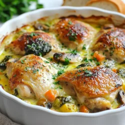 Für Ihren Französischen Hähnchenauflauf benötigen Sie: - 4 Hähnchenschenkel, ohne Haut und Knochen - 1 Esslöffel Olivenöl - 1 mittelgroße Zwiebel, gewürfelt - 3 Knoblauchzehen, fein gehackt - 2 Tassen Cremini-Pilze, in Scheiben geschnitten - 2 Karotten, in Scheiben geschnitten - 1 Zucchini, gewürfelt - 1 Tasse Hühnerbrühe - 1 Tasse Sahne - 1 Teelöffel getrockneter Thymian - 1 Teelöffel getrockneter Rosmarin - Salz und Pfeffer nach Geschmack - 1 Tasse geriebener Gruyère-Käse - 1 Tasse frischer Spinat Die Auswahl der Zutaten ist wichtig. Frisches Gemüse macht den Auflauf lebendig. Hähnchenschenkel sind saftig und geben viel Geschmack. Olivenöl bringt gesunde Fette in das Gericht. Achten Sie darauf, die Brühe und die Sahne in guter Qualität zu wählen. Das beeinflusst den Geschmack stark. Für den Käse ist Gruyère ideal, aber auch andere Käsesorten sind möglich. Wenn Sie eine glutenfreie Option suchen, verwenden Sie glutenfreie Brühe. Für eine leichtere Variante können Sie die Sahne durch Joghurt ersetzen. Vegetarier können das Hähnchen durch Tofu oder mehr Gemüse ersetzen. Auch die Pilze können durch andere Gemüsesorten, wie Paprika, ersetzt werden. So bleibt der Auflauf für alle genießbar. {{ingredient_image_2}} Zuerst heizen wir den Ofen auf 190°C vor. Diese Temperatur sorgt für ein gleichmäßiges Garen. Nimm die Hähnchenschenkel und schneide sie in Stücke. Das macht das Braten einfacher und schneller. Würfle die Zwiebel und hacke den Knoblauch fein. Diese Zutaten geben dem Gericht viel Geschmack. Dann schneide die Karotten, die Zucchini und die Pilze. Du brauchst sie für die leckere Gemüsebasis. Erhitze das Olivenöl in einer großen Pfanne bei mittlerer Hitze. Füge die gewürfelte Zwiebel hinzu und brate sie etwa 5 Minuten lang. Sie sollte glasig sein. Danach kommt der Knoblauch dazu. Brate ihn eine weitere Minute, bis der Duft kommt. Jetzt ist es Zeit für die Hähnchenschenkel. Brate sie 5-7 Minuten lang, bis sie von allen Seiten goldbraun sind. Nimm die Hähnchenstücke aus der Pfanne und stelle sie beiseite. In der gleichen Pfanne gib die geschnittenen Pilze, Karotten und Zucchini dazu. Brate das Gemüse 5-7 Minuten lang. Es sollte zart, aber noch knackig sein. Gieße die Hühnerbrühe und die Sahne in die Pfanne. Füge den getrockneten Thymian, Rosmarin, Salz und Pfeffer hinzu. Rühre alles gut um. Diese Mischung wird die Basis für unseren Auflauf. Nimm eine große Auflaufform und schichte die sautierten Gemüse gleichmäßig darin. Lege die Hähnchenschenkel oben drauf. Der frische Spinat kommt als nächstes. Streue den geriebenen Gruyère-Käse gleichmäßig über alles. Er wird im Ofen schmelzen und eine schöne Kruste bilden. Decke die Form mit Aluminiumfolie ab und backe sie 30 Minuten im Ofen. Nach dieser Zeit nimm die Folie ab. Backe den Auflauf weitere 15 Minuten, bis der Käse goldbraun und blubbernd ist. Lass den Auflauf nach dem Backen einige Minuten abkühlen. Das macht ihn einfacher zu servieren. Um den perfekten französischen Hähnchenauflauf zu machen, sind ein paar einfache Tipps wichtig. Achte darauf, die Hähnchenschenkel gut zu bräunen. Dadurch bekommst du mehr Geschmack. Verwende frische Kräuter, um das Aroma zu verbessern. Thymian und Rosmarin passen hier besonders gut. Wenn du die Sahne hinzufügst, rühre gut um. So vermischt sich alles gleichmäßig. Du kannst diesen Auflauf auch im Voraus zubereiten. Bereite die Hähnchen und das Gemüse am Morgen vor. Schichte alles in die Auflaufform und decke sie ab. Lass den Auflauf im Kühlschrank ruhen. Wenn du bereit bist zu essen, backe ihn einfach. So sparst du Zeit und hast mehr Spaß beim Essen. Ein häufiger Fehler ist, das Gemüse zu lange zu braten. Du willst es zart, aber nicht matschig. Achte darauf, die Folie rechtzeitig abzunehmen. So bekommst du eine goldbraune Käseschicht. Wenn du zu viel Salz hinzufügst, kann der Auflauf zu salzig werden. Taste dich langsam ran und probiere das Gericht. Pro Tipps Hähnchen marinieren: Lassen Sie die Hähnchenschenkel vor dem Braten in einer Mischung aus Olivenöl, Zitronensaft und Gewürzen für mindestens 30 Minuten marinieren, um einen intensiveren Geschmack zu erzielen. Gemüse variieren: Experimentieren Sie mit verschiedenen Saisongemüsesorten wie Paprika oder Brokkoli, um dem Auflauf eine persönliche Note zu verleihen und zusätzliche Nährstoffe hinzuzufügen. Käsewahl: Anstelle von Gruyère können Sie auch anderen Käse wie Emmentaler oder Mozzarella verwenden, um den Auflauf zu variieren und einen anderen Geschmack zu erzielen. Resteverwertung: Dieser Auflauf eignet sich hervorragend zur Resteverwertung. Fügen Sie übrig gebliebenes Gemüse oder Hähnchenfleisch hinzu, um ein schnelles und leckeres Gericht zu kreieren. {{image_4}} Wenn du eine vegetarische Version des Auflaufs machen möchtest, ist das ganz einfach. Statt Hähnchen kannst du Tofu oder zusätzliche Gemüse verwenden. Du könntest auch Kichererbsen hinzufügen, um mehr Protein zu bekommen. Diese Zutaten harmonieren gut mit den anderen Aromen. Für mehr Geschmack kannst du verschiedene Gemüsearten hinzufügen. Denk an Paprika, Brokkoli oder grüne Bohnen. Diese Gemüse bringen Farbe und einen neuen Geschmack in den Auflauf. Auch Gewürze wie Paprika oder Curry können spannende Akzente setzen. Probiere verschiedene Käsesorten aus, um den Auflauf zu variieren. Anstelle von Gruyère kannst du auch Cheddar oder Mozzarella verwenden. Jede Käsesorte bringt ihren eigenen Geschmack und Textur mit. Experimentiere, um deinen perfekten Auflauf zu finden! Um die Reste des Französischen Hähnchenauflaufs gut aufzubewahren, sollten Sie ihn in einen luftdichten Behälter legen. Lassen Sie den Auflauf zuerst auf Raumtemperatur abkühlen. Dann decken Sie ihn dicht ab. So bleibt der Geschmack frisch. Im Kühlschrank hält der Auflauf etwa 3 bis 4 Tage. Achten Sie darauf, ihn schnell zu kühlen. Wenn Sie ihn länger aufbewahren möchten, können Sie ihn einfrieren. In der Gefriertruhe bleibt er bis zu 3 Monate gut. Am besten teilen Sie den Auflauf in Portionen auf, bevor Sie ihn einfrieren. So können Sie ihn leichter auftauen. Wenn Sie den Auflauf aufwärmen, heizen Sie Ihren Ofen auf 180°C (350°F) vor. Stellen Sie den Auflauf in eine ofenfeste Form. Decken Sie ihn mit Aluminiumfolie ab, um ein Austrocknen zu verhindern. Backen Sie ihn für etwa 20 bis 25 Minuten. Prüfen Sie, ob er gut durchgewärmt ist. Genießen Sie den Auflauf warm, als wäre er frisch zubereitet. Sie können den Auflauf bis zu drei Tage im Kühlschrank aufbewahren. Lassen Sie ihn zuerst abkühlen. Decken Sie ihn gut ab, um den Geschmack zu halten. Ja, frische Kräuter sind eine tolle Wahl! Sie geben dem Auflauf mehr Geschmack. Verwenden Sie frischen Thymian oder Rosmarin, um das Gericht zu verfeinern. Fügen Sie die Kräuter am Ende der Kochzeit hinzu, damit sie frisch bleiben. Servieren Sie den Auflauf direkt aus der Form. Garnieren Sie ihn mit frisch gehackter Petersilie. Ein Stück knuspriges Brot passt perfekt dazu. Es macht das Essen noch besser und fügt einen schönen Kontrast hinzu. Dieser Artikel deckt alles ab, was Sie über den perfekten Auflauf wissen müssen. Wir haben die Zutaten, die Zubereitung und wertvolle Tipps besprochen. Variationen wie vegetarische Optionen oder verschiedene Käsesorten bringen neuen Geschmack. Denken Sie daran, Ihre Reste richtig aufzubewahren, um die Haltbarkeit zu maximieren. Ich hoffe, Sie fühlen sich inspiriert, Ihre eigenen Auflauf-Kreationen zu machen. Genießen Sie die Vielfalt und die Freude am Kochen!