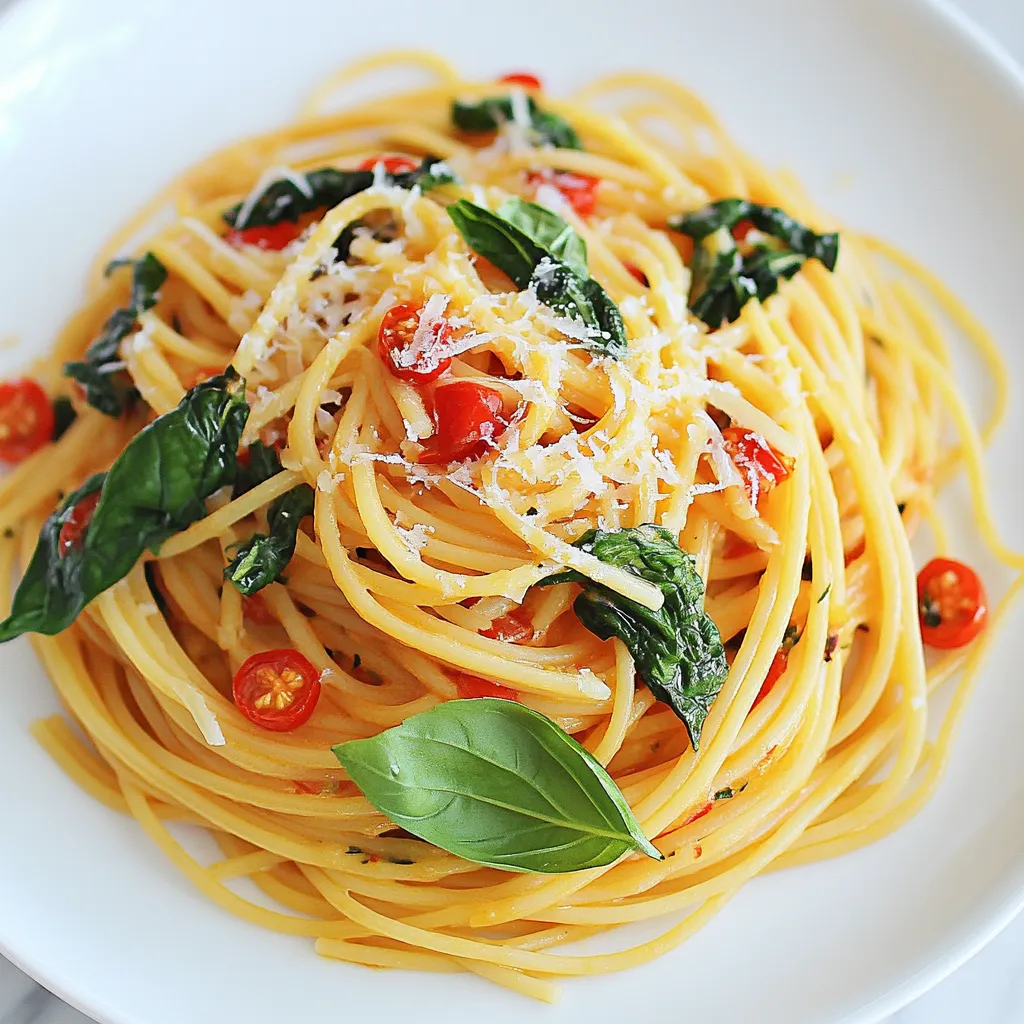 Für Mitternachtsnudeln brauche ich einige einfache Grundzutaten. Diese sind: - 250g Spaghetti oder Linguine - 3 Esslöffel Olivenöl - 3 Knoblauchzehen, dünn aufgeschnitten - 1 kleine rote Chili, fein gehackt - 1 Dose (400g) Kirschtomaten, zerdrückt - 2 Tassen Babyspinat - Salz und Pfeffer nach Geschmack Diese Zutaten bilden die Basis für ein schnelles und schmackhaftes Gericht. Die Pasta ist schön und sättigend, während die Tomaten und der Spinat frische Aromen bringen. In diesem Rezept verwende ich einige Gewürze und aromatische Zutaten. Diese verleihen den Mitternachtsnudeln ihren besonderen Geschmack. Dazu gehören: - 1 kleine rote Chili - Salz - Pfeffer - Schale von 1 Zitrone Die Chili bringt eine leichte Schärfe. Salz und Pfeffer sorgen für mehr Geschmack. Die Zitronenschale gibt einen frischen Kick, der perfekt zu den Tomaten passt. Für die Dekoration nutze ich frische Kräuter und optionalen Käse. Hier sind die Zutaten: - Frische Basilikumblätter, zur Dekoration - Geriebener Parmesan (optional) Basilikum verleiht den Nudeln Farbe und Aroma. Parmesan macht das Gericht noch cremiger und herzhaft. Man kann die Dekoration je nach Vorliebe anpassen. {{ingredient_image_2}} Bringe einen großen Topf mit gesalzenem Wasser zum Kochen. Die Spaghetti oder Linguine sind perfekt. Füge die Nudeln hinzu und koche sie al dente, wie auf der Verpackung steht. Bevor du sie abgießt, behalte eine Tasse vom Nudelwasser. Erhitze in einer großen Pfanne 3 Esslöffel Olivenöl bei mittlerer Hitze. Füge die dünn aufgeschnittenen Knoblauchzehen und die gehackte Chili hinzu. Brate sie 1-2 Minuten an, bis sie gut riechen, aber nicht braun sind. Gieße die zerdrückten Kirschtomaten in die Pfanne. Lasse die Sauce 5-7 Minuten köcheln, bis sie etwas dicker wird. Schmecke sie mit Salz und Pfeffer ab. Gib die abgetropften Nudeln in die Pfanne und vermenge alles gut. Wenn die Sauce zu dick ist, füge etwas vom Nudelwasser hinzu. Rühre nun die 2 Tassen Babyspinat und die Schale von 1 Zitrone unter. Lass das Ganze 2-3 Minuten weiterkochen, bis der Spinat zusammengefallen ist. Richte die Nudeln auf Tellern an. Dekoriere sie mit frischen Basilikumblättern. Wenn du magst, streue etwas geriebenen Parmesan oben drauf. So sieht dein Gericht toll aus und schmeckt lecker! Um die Sauce perfekt zu machen, achte auf die Kochzeit. Lass die zerdrückten Tomaten fünf bis sieben Minuten köcheln. So wird die Sauce dick und voller Geschmack. Wenn sie zu dick ist, füge etwas Nudelwasser hinzu. Das Wasser hilft, die Sauce geschmeidig zu halten. Die richtige Konsistenz macht dein Gericht leckerer und schöner. Al dente bedeutet "zum Zahn". So hat die Pasta einen leichten Biss. Koche die Spaghetti oder Linguine in gesalzenem Wasser. Halte dich an die Zeitangaben auf der Verpackung. Probiere die Pasta kurz vor dem Abgießen. Wenn sie fest, aber nicht hart ist, ist sie perfekt. Vergiss nicht, etwas Nudelwasser aufzuheben. Es hilft später bei der Sauce. Koche die Mitternachtsnudeln schnell und einfach. Halte alle Zutaten bereit, bevor du anfängst. So sparst du Zeit. Nutze frische Kräuter wie Basilikum für mehr Geschmack. Wenn du müde bist, halte die Schritte einfach. Du kannst die Chili auch weglassen. So wird es milder. Schalte die Musik ein und genieße das Kochen! Pro Tipps Die richtige Pasta kochen: Achten Sie darauf, die Pasta al dente zu kochen, um die perfekte Konsistenz zu erreichen. Das Nudelwasser hilft auch, die Sauce zu binden. Frische Zutaten verwenden: Verwenden Sie frische Kirschtomaten und Basilikum, um den Geschmack des Gerichts zu intensivieren und es lebendiger zu machen. Würzen nicht vergessen: Schmecken Sie die Sauce während des Kochens ab, um die richtige Balance zwischen Salz und Pfeffer zu finden. Dies hebt die Aromen hervor. Variationen ausprobieren: Fügen Sie andere Gemüse wie Zucchini oder Paprika hinzu, um das Gericht nach Ihrem Geschmack zu variieren und zusätzliche Nährstoffe zu integrieren. {{image_4}} Sie können Mitternachtsnudeln leicht anpassen. Fügen Sie einfach mehr Gemüse hinzu. Zucchini, Paprika oder Erbsen sind tolle Optionen. Schneiden Sie das Gemüse klein, damit es schnell gar wird. Braten Sie es zusammen mit Knoblauch und Chili an. So schmeckt es frisch und bunt. Um Mitternachtsnudeln proteinreicher zu machen, können Sie Hähnchen oder Garnelen hinzufügen. Braten Sie das Hähnchen in Würfeln an, bis es goldbraun ist. Bei Garnelen, braten Sie sie einfach kurz an, bis sie rosa werden. Geben Sie sie zur Sauce, bevor Sie die Nudeln hinzufügen. Das macht das Gericht sättigender und leckerer. Für eine vegane Version verwenden Sie statt Parmesan Nusskäse oder Hefeflocken. Diese geben einen tollen Geschmack. Statt Sahne können Sie auch Cashew-Creme verwenden. Diese sorgt für eine cremige Konsistenz. Fügen Sie noch mehr Spinat oder andere grüne Blätter hinzu. So bleibt das Gericht gesund und nahrhaft. Ich lagere Reste in einem luftdichten Behälter. Achte darauf, dass die Nudeln gut abgekühlt sind. So bleiben sie frisch. Du kannst die Reste bis zu drei Tage im Kühlschrank aufbewahren. Um die Nudeln wieder warm zu machen, benutze eine Pfanne. Erhitze etwas Olivenöl bei mittlerer Hitze. Gib die Nudeln dazu und rühre gut um. Füge ein wenig Wasser hinzu, um sie nicht austrocknen zu lassen. Alternativ kannst du die Nudeln in der Mikrowelle erwärmen. Decke sie mit einem feuchten Tuch ab. Im Kühlschrank bleiben die Nudeln drei Tage frisch. Im Gefrierfach kannst du sie bis zu drei Monate lagern. Achte darauf, die Nudeln in Portionen zu verpacken. So kannst du sie leicht entnehmen. Zum Auftauen stelle die gefrorenen Nudeln einfach über Nacht in den Kühlschrank. Mitternachtsnudeln sind ein einfaches und schnelles Gericht. Sie bestehen aus Spaghetti oder Linguine, Knoblauch und Kirschtomaten. Ein Hauch von Chili gibt einen kleinen Kick. Babyspinat bringt Farbe und Nährstoffe. Diese Nudeln sind perfekt für späte Nächte. Die Zubereitung dauert nur etwa 25 Minuten. Die Vorbereitungszeit liegt bei etwa 10 Minuten. Die Kochzeit für die Pasta beträgt 10 bis 12 Minuten. In der Zwischenzeit kannst du die Sauce zubereiten. Das spart Zeit und macht das Kochen schnell. Ja, du kannst die Nudeln im Voraus zubereiten. Koche die Pasta und die Sauce getrennt. Lagere sie in luftdichten Behältern im Kühlschrank. Wenn du sie essen willst, erwärme sie einfach zusammen. Füge frischen Spinat und Zitrone hinzu, um den Geschmack aufzufrischen. Ein einfacher grüner Salat passt gut. Ein knuspriges Baguette ergänzt das Gericht perfekt. Du kannst auch gegrilltes Gemüse als Beilage wählen. Für Parmesanliebhaber ist geriebener Parmesan eine tolle Option. Diese Beilagen machen das Essen noch besser. Mitternachtsnudeln sind einfach und lecker. Ich habe die Zutaten, die Zubereitung und Tricks erklärt. Achte auf die Sauce und die Kochzeit der Pasta für das beste Ergebnis. Variationen machen das Gericht spannend; probiere verschiedene Gemüsesorten oder Proteine. Resteverwertung ist problemlos, wenn du sie richtig lagerst. Mit diesen Tipps wirst du sicher zu einem Meister der Mitternachtsnudeln. Viel Spaß beim Ausprobieren!