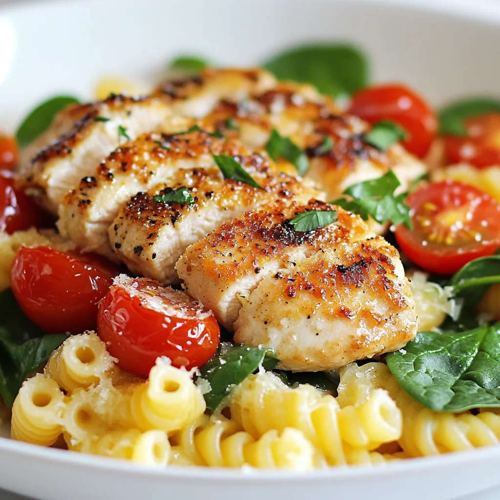 - 2 Hähnchenbrustfilets, ohne Knochen und Haut - 240 g gedrehte Pasta (Cavatappi oder Fusilli) - 125 g frischer Parmesan, gerieben - 4 Knoblauchzehen, fein gehackt - 2 Esslöffel Olivenöl - 1 Teelöffel getrocknete italienische Kräuter (Oregano, Basilikum, Thymian) - 2 Tassen frischer Spinat - 80 g Kirschtomaten, halbiert - Frische Petersilie, gehackt (zur Garnierung) Die Zutaten sind einfach zu finden und machen das Gericht besonders lecker. Hähnchenbrustfilets sind mager, gesund und einfach zu zubereiten. Gedrehte Pasta wie Cavatappi oder Fusilli nimmt die Sauce gut auf. Frischer Parmesan gibt dem Gericht einen tollen Geschmack. Knoblauch bringt ein kräftiges Aroma. Olivenöl ist perfekt zum Braten. Die italienischen Kräuter geben dem Hähnchen mehr Tiefe. Frisches Gemüse wie Spinat und Kirschtomaten sorgt für Farbe und Nährstoffe. Petersilie ist ideal zum Garnieren und verleiht einen frischen Kick. Diese Zutaten machen dein Gericht zu einem echten Genuss! {{ingredient_image_2}} Um die perfekte gedrehte Pasta zu machen, bringe einen großen Topf mit gesalzenem Wasser zum Kochen. Füge die Pasta hinzu und koche sie nach Packungsanweisung, bis sie al dente ist. Normalerweise dauert das etwa 8 bis 10 Minuten. Achte darauf, die Pasta nicht zu lange zu kochen, sonst wird sie matschig. Wenn die Pasta fertig ist, gieße sie ab, aber bewahre 120 ml des Nudelwassers auf. Dieses Wasser hilft, die Sauce später cremiger zu machen. Nehme die Hähnchenbrustfilets und würze sie großzügig mit Salz, Pfeffer und italienischen Kräutern. Diese Gewürze geben dem Hühnchen viel Geschmack. Während die Pasta kocht, erhitze 2 Esslöffel Olivenöl in einer großen Pfanne bei mittelhoher Hitze. Wenn das Öl heiß ist, lege die Hähnchenbrustfilets in die Pfanne. Brate sie für 6 bis 7 Minuten auf jeder Seite, bis sie goldbraun und durchgegart sind. Nimm das Hühnchen aus der Pfanne und lasse es einige Minuten ruhen, damit der Saft erhalten bleibt. In der gleichen Pfanne reduziere die Hitze auf mittlere Stufe und füge die fein gehackten Knoblauchzehen hinzu. Brate den Knoblauch für etwa 1 Minute an, bis er duftet. Achte darauf, ihn nicht zu verbrennen. Danach gebe die gekochte Pasta, das aufbewahrte Nudelwasser, frischen Spinat und die halbierten Kirschtomaten in die Pfanne. Mische alles gut durch, bis der Spinat zusammenfällt. Zum Schluss streue den geriebenen Parmesan darüber und vermenge alles erneut, bis der Käse schmilzt und gut verteilt ist. Um die gedrehte Pasta perfekt zu kochen, fülle einen großen Topf mit Wasser. Bring das Wasser zum Kochen und füge viel Salz hinzu. Das Salz hilft, den Geschmack der Pasta zu verbessern. Koche die Pasta, bis sie al dente ist. Das bedeutet, sie sollte weich, aber noch bissfest sein. Nach dem Kochen gieße die Pasta ab, aber behalte etwas Nudelwasser. Dieses Wasser kann helfen, die Sauce zu binden. Für das Hühnchen würze die Hähnchenbrustfilets mit Salz, Pfeffer, und italienischen Kräutern. Diese Gewürze geben dem Hühnchen einen tollen Geschmack. Brate das Hühnchen in einer heißen Pfanne, bis es goldbraun ist. Lass es dann ruhen, damit der Saft bleibt. Frischer Parmesan ist der beste Käse für dieses Gericht. Er hat einen tollen Geschmack und schmilzt gut. Du kannst ihn frisch reiben, um die beste Qualität zu bekommen. Wenn du den Käse hinzufügst, achte darauf, ihn gleichmäßig zu verteilen. So vermeidest du Klumpenbildung. Rühre die Pasta gut durch, damit der Käse überall hinkommt. Das Anrichten ist wichtig, besonders wenn du Gäste hast. Schneide das Hühnchen in schöne Scheiben und lege es auf die Pasta. Das sieht nicht nur gut aus, sondern macht das Essen auch einladend. Für die Garnierung verwende frisch gehackte Petersilie. Sie gibt Farbe und einen frischen Geschmack dazu. Du kannst auch ein paar halbierte Kirschtomaten hinzufügen, um mehr Farbe und Frische zu zeigen. Pro Tipps Hühnchen Marinieren: Marinieren Sie das Hähnchen mindestens 30 Minuten, um den Geschmack zu intensivieren und das Fleisch zarter zu machen. Pasta al Dente: Achten Sie darauf, die Pasta al dente zu kochen, damit sie beim Mischen mit der Sauce nicht zu weich wird. Frischer Spinat: Fügen Sie den Spinat am Ende hinzu, um seine Farbe und Nährstoffe zu erhalten; er sollte nur so lange gekocht werden, bis er zusammenfällt. Käse Variationen: Experimentieren Sie mit verschiedenen Käsesorten wie Pecorino oder Grana Padano für einen anderen Geschmacksprofil. {{image_4}} Sie können andere Gemüsesorten hinzufügen, um mehr Farbe und Geschmack zu bekommen. Brokkoli passt gut. Auch Zucchini oder Paprika sind tolle Optionen. Denken Sie an die Saisonalität. Im Sommer sind frische Bohnen lecker. Im Winter können Sie Kürbis verwenden. Jedes Gemüse bringt seine eigene Note in das Gericht. Wenn Sie kein Hähnchen mögen, gibt es Alternativen. Pute ist zart und hat einen ähnlichen Geschmack. Auch Garnelen sind eine gute Wahl. Für vegetarische Optionen können Sie Tofu oder Tempeh verwenden. Diese sind proteinreich und nehmen den Geschmack gut auf. Parmesan ist klassisch, aber nicht die einzige Wahl. Sie können Pecorino verwenden, um einen salzigen Geschmack zu bringen. Auch Gouda oder Mozzarella sind köstlich. Kombinieren Sie verschiedene Käsesorten für mehr Tiefe. So wird jede Portion einzigartig und spannend. Bewahre das Hühnchen und die Pasta im Kühlschrank auf. Stelle sicher, dass du sie in einem luftdichten Behälter hast. So bleibt alles frisch. Du kannst das Gericht auch im Gefrierschrank lagern. Das macht es einfach, Reste später zu genießen. Achte darauf, die Portionen einzufrieren. So kannst du sie einfach auftauen und aufwärmen. Hähnchenbrustfilets bleiben im Kühlschrank etwa 2-3 Tage frisch. Pasta kann 3-5 Tage halten. Wenn du die Zutaten länger aufbewahren möchtest, friere sie ein. Spinat und Kirschtomaten sind empfindlicher. Achte darauf, sie binnen 1-2 Tagen zu verbrauchen. Überprüfe immer das Haltbarkeitsdatum beim Kauf. Um das Gericht schmackhaft zu halten, erwärme es sanft. Nutze eine Pfanne bei mittlerer Hitze. Füge einen Schuss Wasser oder Brühe hinzu, um die Pasta feucht zu halten. Rühre regelmäßig um, damit nichts anbrennt. Du kannst auch die Mikrowelle nutzen. Decke das Gericht mit einem feuchten Tuch ab. So bleibt es saftig und lecker. Die Zubereitung von Knoblauch-Parmesan-Hühnchen mit gedrehter Pasta dauert insgesamt etwa 30 Minuten. Die Vorbereitungszeit beträgt 10 Minuten. Während du die Pasta kochst, kannst du das Hühnchen vorbereiten. So sparst du Zeit. Ja, du kannst das Rezept leicht anpassen. Verdopple einfach die Menge der Zutaten. Für vier Portionen benötigst du vier Hähnchenbrustfilets und 480 g Pasta. Achte darauf, genug Platz in deiner Pfanne zu haben, um alles gleichmäßig zu kochen. Um das Rezept glutenfrei zu machen, wähle glutenfreie Pasta. Es gibt viele gute Optionen aus Reis oder Mais. Achte darauf, dass alle anderen Zutaten ebenfalls glutenfrei sind, besonders die Gewürze. Dieses Rezept verbindet einfache Zutaten mit leckeren Aromen. Wir haben wichtige Zutaten wie Hähnchen, Pasta und frischen Parmesan besprochen. Die Schritt-für-Schritt-Anleitung hilft dir, alles perfekt zuzubereiten. Zusätzlich gab es viele Tipps, um die besten Ergebnisse zu erzielen. Du kannst das Rezept auch anpassen und variieren. Probiere neue Gemüsesorten oder andere Proteine aus. Mit diesen Ideen wird jedes Gericht zu einem Genuss. Jetzt liegt es an dir, in der Küche kreativ zu werden!