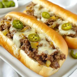 Für die perfekte Ground Beef Philly Cheesesteak brauchst du folgende Zutaten: - 450 g Rinderhackfleisch - 1 mittelgroße Zwiebel, dünn geschnitten - 1 grüne Paprika, dünn geschnitten - 1 Esslöffel Knoblauch, gehackt - 2 Teelöffel Worcestershire-Sauce - Salz und Pfeffer nach Geschmack - 4 Hoagie-Brötchen - 8 Scheiben Provolone-Käse - 2 Esslöffel Olivenöl - Optional: in Scheiben geschnittene Jalapeños für Schärfe Diese Zutaten sind einfach zu finden. Das Hackfleisch gibt den Cheesesteaks ihren herzhaften Geschmack. Die Zwiebel und Paprika bringen Süße und Crunch. Für den besten Geschmack sind die Gewürze wichtig. Ich empfehle, frisches Salz und Pfeffer zu verwenden. Die Worcestershire-Sauce gibt einen tollen Umami-Geschmack. Wenn du es schärfer magst, füge die in Scheiben geschnittenen Jalapeños hinzu. Sie bringen nicht nur Schärfe, sondern auch einen schönen Farbkontrast. Provolone ist klassisch, aber du kannst auch andere Käsesorten ausprobieren. Hier sind einige Vorschläge: - Cheddar: Für einen kräftigen Geschmack. - Gouda: Für eine süßere Note. - Mozzarella: Für eine tolle Dehnbarkeit. Jeder Käse bringt seinen eigenen Charakter in die Cheesesteaks. Experimentiere und finde deinen Favoriten! {{ingredient_image_2}} Zuerst erhitze das Olivenöl in einer großen Pfanne bei mittlerer Hitze. Füge die dünn geschnittene Zwiebel und die grüne Paprika hinzu. Brate sie an, bis sie weich sind und leicht karamellisiert, etwa 7 bis 8 Minuten. Achte darauf, die Zwiebeln regelmäßig zu rühren. Das gibt einen tollen Geschmack. Danach gib den gehackten Knoblauch dazu. Koche alles für eine weitere Minute, bis der Knoblauch duftet. Nimm die Mischung aus der Pfanne und stelle sie beiseite. Jetzt kommt das Rinderhackfleisch. Gib es in die gleiche Pfanne. Würze es mit Salz, Pfeffer und Worcestershire-Sauce. Brate das Fleisch bei mittlerer Hitze, bis es braun und durchgegart ist. Zerdrücke das Hackfleisch mit einem Pfannenwender, während du es brätst. Das dauert etwa 5 bis 6 Minuten. Wenn viel Fett in der Pfanne ist, gieße es ab. Füge die Zwiebel-Paprika-Mischung zurück in die Pfanne. Mische alles gut und koche es weitere 2 bis 3 Minuten. So vermischen sich die Aromen. Heize deinen Ofen auf 180°C vor. Nimm die Hoagie-Brötchen und schneide sie längs auf, aber nicht ganz durch. So entsteht eine Tasche. Lege die Brötchen auf ein Backblech. Jetzt kommt der spannende Teil. Fülle jedes Brötchen mit der Hackfleisch-Gemüse-Mischung. Lege zwei Scheiben Provolone-Käse auf jede gefüllte Rolle. Der Käse wird beim Backen schmelzen und alles lecker machen. Backe die Sandwiches im Ofen für 5 bis 7 Minuten. Achte darauf, dass der Käse schmilzt und blubbert. Für eine goldene Kruste kannst du die Grillfunktion des Ofens in den letzten 1 bis 2 Minuten nutzen. Pass gut auf, damit nichts verbrennt. Nimm die Cheesesteaks aus dem Ofen. Wenn du magst, füge jetzt die in Scheiben geschnittenen Jalapeños hinzu. Diese geben einen tollen Kick. Serviere die Sandwiches sofort und genieße den herzhaften Geschmack! Um Zwiebeln und Paprika gut zu karamellisieren, folge diesen Schritten: - Erhitze das Olivenöl in der Pfanne. - Wähle mittlere Hitze, um ein Anbrennen zu vermeiden. - Füge die Zwiebeln zuerst hinzu. Sie brauchen länger als die Paprika. - Rühre sie regelmäßig um, damit sie gleichmäßig garen. - Karamellisiere sie über 7-8 Minuten, bis sie goldbraun sind. - Füge dann die Paprika hinzu und brate sie mit, bis sie weich sind. Diese Technik macht die Aromen süß und reichhaltig. Um das Hackfleisch aufregender zu machen, probiere diese Tipps: - Füge einen Teelöffel Paprikapulver für eine rauchige Note hinzu. - Verwende frische Kräuter wie Thymian oder Oregano. - Experimentiere mit verschiedenen Saucen. BBQ-Sauce oder Salsa können helfen. - Mische in das Fleisch etwas Senf oder Sojasauce für zusätzliche Tiefe. Jede dieser Variationen bringt einen neuen Geschmack in dein Gericht. Damit der Käse perfekt schmilzt, beachte diese Hinweise: - Wähle hochwertigen Provolone-Käse. Dieser schmilzt gut. - Lege den Käse auf das Fleisch, während es noch heiß ist. - Backe die Sandwiches im Ofen bei 180°C für 5-7 Minuten. - Nutze die Grillfunktion in den letzten Minuten für eine goldene Kruste. So wird dein Philly Cheesesteak perfekt cremig und lecker. Pro Tipps Frisches Gemüse verwenden: Frisches Gemüse bringt mehr Geschmack und Nährstoffe in dein Sandwich. Wähle knackige Paprika und süße Zwiebeln für den besten Geschmack. Variiere den Käse: Provolone ist klassisch, aber du kannst auch Cheddar oder Gouda verwenden, um deinem Cheesesteak eine andere Geschmacksrichtung zu geben. Die richtige Brötchenwahl: Verwende frische Hoagie-Brötchen, die innen weich und außen knusprig sind, um die Textur deines Sandwiches zu verbessern. Schärfe anpassen: Wenn du es schärfer magst, füge mehr Jalapeños oder etwas scharfe Soße hinzu. Beginne mit einer kleinen Menge und passe nach Geschmack an. {{image_4}} Eine vegane Version der Philly Cheesesteaks ist einfach und lecker. Statt Rinderhackfleisch kannst du pflanzliches Hackfleisch verwenden. Dieses gibt dir die gleiche Textur. Nutze außerdem vegane Käsesorten. Diese schmelzen gut und ersetzen den Provolone-Käse. Du kannst auch marinierte Tofuwürfel hinzufügen. Sie bringen mehr Geschmack und Protein in dein Gericht. Wenn du es schärfer magst, füge in Scheiben geschnittene Jalapeños hinzu. Diese kannst du zusammen mit der Zwiebel und Paprika anbraten. Sie geben den Cheesesteaks einen tollen Kick. Du kannst auch frische oder eingelegte Jalapeños verwenden. Für noch mehr Schärfe, probiere eine scharfe Sauce über die gefüllten Brötchen zu geben. So wird jedes Bissen spannend. Du kannst auch andere Fleischsorten verwenden. Gehacktes Hähnchen oder Pute sind gute Alternativen. Diese Optionen sind oft magerer. Wenn du mehr Gemüse hinzufügen möchtest, probiere geschnittene Champignons oder Zucchini. Diese ergänzen den Geschmack und erhöhen die Nährstoffe. Du kannst auch Spinat für eine gesunde Note verwenden. Experimentiere mit verschiedenen Kombinationen, um deine perfekte Cheesesteak-Version zu finden. Wenn du Reste deiner Ground Beef Philly Cheesesteaks hast, lagere sie in einem luftdichten Behälter. Achte darauf, dass die Sandwiches vollständig abgekühlt sind, bevor du sie verpackst. So bleiben sie frisch. Du kannst die Reste bis zu drei Tage im Kühlschrank aufbewahren. Wenn du sicherstellen willst, dass sie länger halten, friere die gefüllten Brötchen ein. Um die Reste wieder aufzuwärmen, benutze am besten den Ofen. Heize ihn auf 180°C vor. Lege die Sandwiches auf ein Backblech und backe sie etwa 10 Minuten lang. So bleibt der Käse schön schmelzend. Alternativ kannst du die Sandwiches auch in der Mikrowelle aufwärmen. Stelle die Mikrowelle auf mittlere Leistung und erwärme sie für 1 bis 2 Minuten. Achte darauf, dass sie nicht zu trocken werden. Die gefüllten Sandwiches sind im Kühlschrank bis zu drei Tage haltbar. Wenn du sie eingefroren hast, halten sie bis zu drei Monate. Achte darauf, die Sandwiches gut einzupacken, um Gefrierbrand zu vermeiden. Vor dem Servieren solltest du gefrorene Sandwiches im Kühlschrank über Nacht auftauen lassen. So bleiben sie saftig und lecker. Um deine Ground Beef Philly Cheesesteaks einfacher zu machen, kannst du vorbereitete Zutaten nutzen. Zum Beispiel, kaufe bereits geschnittenes Gemüse oder fertige Hoagie-Brötchen. Das spart Zeit und Aufwand. Du kannst auch das Hackfleisch im Voraus anbraten. So brauchst du nur noch alles zusammenzufügen und backen. Ja, du kannst frisches Gemüse verwenden! Frisches Gemüse hat oft mehr Geschmack. Schneide Zwiebeln und Paprika dünn. Brate sie wie im Rezept beschrieben an. Achte darauf, dass sie weich sind und leicht karamellisiert. Das gibt deinem Cheesesteak einen tollen Geschmack. Zu Philly Cheesesteaks passen viele Beilagen gut. Hier sind einige Vorschläge: - Pommes Frites - Kartoffelsalat - Coleslaw - Gurkensalat - Chips Diese Beilagen ergänzen das Gericht perfekt und machen dein Essen noch leckerer. Wir haben die leckeren Ground Beef Philly Cheesesteaks Schritt für Schritt erkundet. Die Hauptzutaten wie Hackfleisch und Käse sind einfach zu finden. Wir haben auch verschiedene Alternativen und Tipps für mehr Geschmack gelernt. Egal, ob du eine vegane Version oder etwas Schärferes willst, die Optionen sind vielfältig. Denk daran, wie du Reste lagerst, damit du länger Freude daran hast. Mit diesen Infos bist du bereit, deine eigenen Cheesesteaks perfekt zuzubereiten. Guten Appetit!