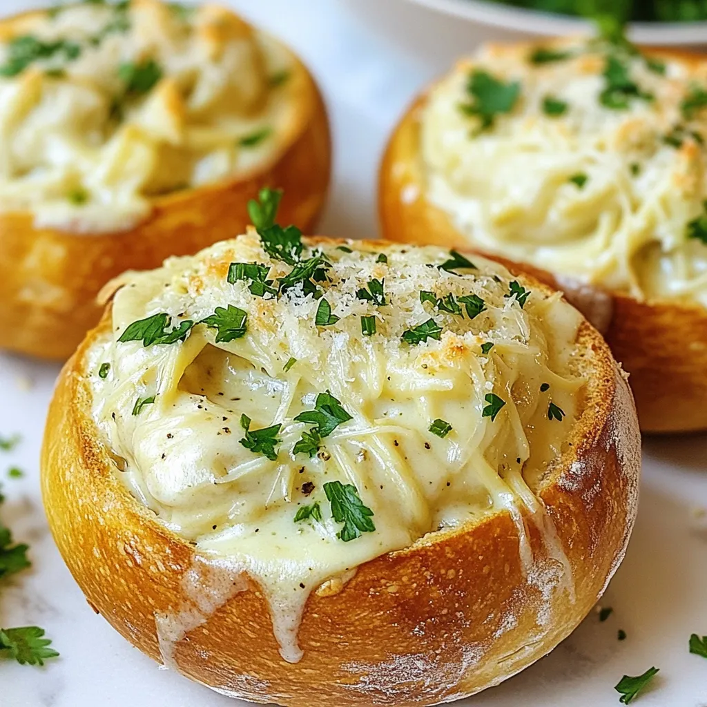 Für dieses Rezept benötigst du einige wichtige Zutaten: - 4 große Sauerteigbrot-Schalen - 2 Tassen gekochte Hähnchenbrust, zerrupft - 1 Tasse Schlagsahne - 1 Tasse geriebener Parmesan-Käse - 2 Knoblauchzehen, fein gehackt - 2 Esslöffel ungesalzene Butter Diese Zutaten bilden die Basis für die cremige Füllung und die knusprigen Schalen. Zusätzlich sind ein paar Gewürze wichtig, um den Geschmack zu verbessern: - 1 Teelöffel italienische Gewürzmischung - Salz und Pfeffer nach Geschmack Die italienische Gewürzmischung sorgt für das richtige Aroma und bringt die anderen Zutaten zum Strahlen. Zum Schluss empfehle ich, die Schalen mit etwas Frische zu garnieren: - Frische Petersilie, gehackt Die Petersilie gibt dem Gericht nicht nur Farbe, sondern auch einen frischen Geschmack. Du kannst auch zusätzlichen Parmesan darüber streuen, um es noch schmackhafter zu machen. {{ingredient_image_2}} Um die Sauce zuzubereiten, heizen Sie zuerst Ihren Herd vor. Schmelzen Sie in einem Topf bei mittlerer Hitze die Butter. Fügen Sie die fein gehackten Knoblauchzehen hinzu. Sautieren Sie sie für 1-2 Minuten, bis sie duften. Achten Sie darauf, dass der Knoblauch nicht verbrennt. Gießen Sie dann die Schlagsahne hinein und bringen Sie alles zum Köcheln. Fügen Sie den geriebenen Parmesan hinzu und rühren Sie gut um. So wird die Sauce schön cremig. Geben Sie die zerrupften Hähnchenstücke und die italienische Gewürzmischung dazu. Schmecken Sie mit Salz und Pfeffer ab. Lassen Sie die Sauce dann für 2-3 Minuten köcheln, damit die Aromen gut zusammenkommen. Für die Brot-Schalen nehmen Sie die großen Sauerteigbrot-Schalen. Schneiden Sie vorsichtig die Oberseiten ab und höhlen Sie das Innere aus. Achten Sie darauf, dass das Brot nicht bricht. Legen Sie die leeren Schalen auf ein Backblech. Jetzt ist es Zeit, die cremige Hähnchen-Alfredo-Mischung hineinzufüllen. Füllen Sie jede Schale großzügig, aber nicht über die Ränder hinaus. Backen Sie die gefüllten Schalen im vorgeheizten Ofen. Stellen Sie die Temperatur auf 190°C ein. Lassen Sie sie für 15-20 Minuten backen. Das Brot sollte warm und die Ränder leicht knusprig sein. Nehmen Sie die Schalen aus dem Ofen und lassen Sie sie kurz abkühlen. Vor dem Servieren garnieren Sie die Schalen mit frisch gehackter Petersilie. Servieren Sie sie auf einem rustikalen Holztablett. Die abgeschnittenen Brotoberteile sind eine tolle Dipp-Option. Streuen Sie optional mehr Parmesan und Petersilie darüber für einen schönen Akzent. Um eine tolle Alfredo-Sauce zu machen, fangen Sie mit frischen Zutaten an. Verwenden Sie hochwertige Schlagsahne und frischen Parmesan. Erhitzen Sie die Butter langsam, damit der Knoblauch nicht verbrennt. Achten Sie darauf, die Sauce nicht zu lange zu kochen. Das macht sie dick und schwer. Rühren Sie ständig, damit der Käse gut schmilzt. Das gibt Ihnen eine glatte Sauce. Ein häufiger Fehler ist, die Sauce zu überkochen. Das wird sie klumpig machen. Verwenden Sie auch nicht zu viel Salz, da der Parmesan schon salzig ist. Ein anderer Fehler ist, das Brot zu früh zu füllen. Lassen Sie die Sauce etwas abkühlen, bevor Sie sie in die Brot-Schalen geben. So bleibt das Brot knusprig. Wählen Sie große Sauerteigbrot-Schalen für ein gutes Ergebnis. Diese haben eine feste Struktur und halten die Füllung gut. Schneiden Sie die Oberseite vorsichtig ab und achten Sie darauf, dass das Brot nicht reißt. Hohlen Sie das Innere sanft aus. So bleibt genug Platz für die leckere Füllung. Backen Sie die gefüllten Schalen, bis sie leicht knusprig sind. Das gibt zusätzlichen Geschmack und Textur. Pro Tipps Brot frisch halten: Bewahren Sie die Brot-Schalen in einem luftdichten Behälter auf, um zu verhindern, dass sie trocken werden, bis Sie bereit sind, sie zu füllen. Käsevariationen: Experimentieren Sie mit verschiedenen Käsesorten wie Mozzarella oder Gouda für eine individuelle Geschmacksnote in der Alfredo-Sauce. Gemüse hinzufügen: Fügen Sie sautiertes Gemüse wie Spinat oder Pilze zur Hähnchen-Alfredo-Mischung hinzu, um zusätzliche Nährstoffe und Geschmack zu integrieren. Resteverwertung: Nutzen Sie übrig gebliebenes Hähnchen oder Sauce für eine schnelle Mahlzeit am nächsten Tag, indem Sie es einfach auf Pasta oder Reis servieren. {{image_4}} Für eine vegetarische Version dieser Hähnchen Alfredo Knoblauchbrot-Schalen, ersetzen Sie das Hähnchen. Sie können gebratene Zucchini oder Champignons verwenden. Auch Brokkoli passt gut. Diese Zutaten bringen tolle Aromen und Texturen. Verwenden Sie eine Mischung aus Gemüse für mehr Vielfalt. Die Alfredo-Sauce bleibt gleich und schmeckt immer noch cremig und lecker. Möchten Sie mehr Geschmack hinzufügen? Probieren Sie, Spinat oder getrocknete Tomaten in die Sauce zu geben. Diese Zutaten sorgen für frische Noten und bunte Farben. Ein Spritzer Zitronensaft kann auch helfen, die Aromen hervorzuheben. Für einen würzigeren Kick, fügen Sie rote Pfefferflocken hinzu. Experimentieren Sie gerne mit verschiedenen Käsesorten. Gouda oder Mozzarella können die Sauce noch reichhaltiger machen. Für eine glutenfreie Variante, wählen Sie glutenfreies Brot. Es gibt viele gute Optionen im Handel. Achten Sie darauf, dass die anderen Zutaten auch glutenfrei sind. Die Sauce sollte in der Regel glutenfrei sein, aber überprüfen Sie die Verpackungen. So bleiben Sie sicher und genießen Ihr Gericht ohne Bedenken. Glutenfreie Pasta kann auch eine schöne Ergänzung zur Füllung sein. Um übrig gebliebene Schalen gut aufzubewahren, lassen Sie sie zuerst abkühlen. Wickeln Sie jede Schale in Frischhaltefolie oder Aluminiumfolie ein. Alternativ können Sie sie in einen luftdichten Behälter legen. So bleiben die Schalen frisch und weich. Vermeiden Sie es, sie in den Kühlschrank zu stellen, solange sie noch warm sind. Das könnte die Konsistenz des Brotes beeinträchtigen. Beim Aufwärmen der Schalen empfehle ich, den Ofen auf 180°C (350°F) vorzuheizen. Legen Sie die Schalen auf ein Backblech. Decken Sie sie mit Alufolie ab, um ein Austrocknen zu verhindern. Wärmen Sie sie für etwa 10 bis 15 Minuten auf. Wenn Sie die Schalen knuspriger mögen, entfernen Sie die Folie in den letzten 5 Minuten. So erhalten Sie eine tolle goldene Kruste. Gefüllte Brot-Schalen halten sich im Kühlschrank etwa 2 bis 3 Tage. Achten Sie darauf, sie gut verpackt zu lagern. Nach dieser Zeit könnten die Aromen verblassen und das Brot könnte weich werden. Wenn Sie die Schalen länger aufbewahren möchten, frieren Sie sie ein. In einem luftdichten Behälter können sie bis zu 3 Monate halten. Denken Sie daran, sie vor dem Essen aufzutauen und gut aufzuwärmen. Um die Schalen knuspriger zu machen, kannst du ein paar Tricks anwenden. Zuerst, backe die leeren Brot-Schalen für 5 bis 10 Minuten, bevor du die Füllung hinzufügst. So wird das Brot vorgegart und erhält eine schöne Textur. Zweitens, erhöhe die Backtemperatur um ein paar Grad für die letzten Minuten. Dies hilft, die Ränder schnell zu bräunen und knusprig zu machen. Ja, du kannst die Sauce im Voraus zubereiten. Koche die Alfredo-Sauce und lasse sie abkühlen. Bewahre sie in einem luftdichten Behälter im Kühlschrank auf. Vor dem Füllen der Schalen erhitze die Sauce einfach wieder auf niedriger Hitze. Achte darauf, die Sauce gut umzurühren, damit sie gleichmäßig warm wird. Für Beilagen sind frische Salate ideal. Ein einfacher grüner Salat mit Vinaigrette bringt Frische. Auch gedünstetes Gemüse wie Brokkoli oder grüne Bohnen passt gut. Wenn du etwas Herzhaftes möchtest, probiere Knoblauchbrot oder Bruschetta. Diese Optionen ergänzen den Geschmack der Hähnchen Alfredo Schalen perfekt. Hähnchen Alfredo Knoblauchbrot-Schalen sind einfach zuzubereiten und lecker. Wir haben die Hauptzutaten und Gewürze besprochen. Die Schritt-für-Schritt-Anleitung hilft dir, die perfekte Sauce und Brot-Schalen zu machen. Mit Tipps und Tricks vermeidest du häufige Fehler. Du kannst sogar vegetarische oder glutenfreie Varianten ausprobieren. Lagere die Schalen richtig, um ihre Frische zu erhalten. Denke daran, dass einfache Veränderungen viel bewirken können. So wird dein Gericht immer ein Hit! Kochen macht Spaß und bringt Geschmack auf den Tisch.