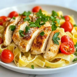 - 2 Hähnchenbrustfilets - 225 g Fettuccine-Nudeln - 240 ml Schlagsahne - 100 g geriebener Parmesan - 2 Esslöffel Olivenöl - 4 Knoblauchzehen, fein gehackt Die Hauptzutaten sind einfach zu finden und machen den Kern des Gerichts aus. Die saftigen Hähnchenbrustfilets geben viel Geschmack und Protein. Fettuccine-Nudeln sorgen für die perfekte Grundlage. Die Schlagsahne und der Parmesan bringen eine cremige Textur und reichen Geschmack. - Salz und Pfeffer - 1 Teelöffel italienische Kräuter - Frische Petersilie zum Garnieren Diese Gewürze und Kräuter sind wichtig. Sie bringen das Gericht zum Leben. Salz und Pfeffer verstärken den Geschmack. Die italienischen Kräuter fügen eine aromatische Note hinzu. Frische Petersilie sorgt für Farbe und Frische beim Servieren. - 150 g Kirschtomaten, halbiert - Weitere Käsevariationen Die optionalen Zutaten bieten mehr Flexibilität. Kirschtomaten fügen Süße und Frische hinzu. Du kannst auch andere Käsesorten verwenden, um neue Geschmäcker zu entdecken. Sei kreativ und passe das Rezept nach deinem Geschmack an! {{ingredient_image_2}} 1. Kochen Sie die Fettuccine in einem großen Topf mit Salzwasser. Folgen Sie den Anweisungen auf der Verpackung. 2. Wenn die Nudeln al dente sind, gießen Sie sie ab. Bewahren Sie etwa 120 ml Nudelwasser auf. 3. Würzen Sie die Hähnchenbrustfilets auf beiden Seiten mit Salz, Pfeffer und italienischen Kräutern. 1. Erhitzen Sie das Olivenöl in einer großen Pfanne bei mittlerer Hitze. 2. Fügen Sie die Hähnchenbrustfilets hinzu. Braten Sie sie etwa 6-7 Minuten pro Seite, bis sie goldbraun sind. 3. Nehmen Sie das Hähnchen aus der Pfanne. Lassen Sie es einige Minuten ruhen, bevor Sie es in Streifen schneiden. 1. Geben Sie den fein gehackten Knoblauch in die gleiche Pfanne. Braten Sie ihn für etwa 1 Minute an, bis er duftet. 2. Gießen Sie die Schlagsahne in die Pfanne. Lassen Sie die Mischung köcheln. 3. Fügen Sie nach und nach den geriebenen Parmesan hinzu. Rühren Sie, bis er schmilzt und die Sauce dick wird. 4. Wenn die Sauce zu dick ist, fügen Sie etwas von dem Nudelwasser hinzu. 1. Geben Sie die gekochten Fettuccine in die Pfanne. Mischen Sie sie gut mit der cremigen Sauce. 2. Fügen Sie die geschnittenen Hähnchenstreifen hinzu. Rühren Sie vorsichtig um, um alles zu kombinieren. 3. Passen Sie die Würze nach Geschmack mit Salz und Pfeffer an. - Verwendung von Nudelwasser: Nudelwasser ist ein Geheimnis für die Sauce. Es hat Stärke, die der Sauce hilft, besser zu binden. Fügen Sie beim Mischen der Nudeln einen Schöpflöffel Nudelwasser hinzu. So wird die Sauce schön cremig. - Anpassung der Dicke der Sauce: Wenn die Sauce zu dick ist, fügen Sie einfach mehr Nudelwasser hinzu. Wenn sie zu dünn ist, lassen Sie sie etwas länger köcheln. So erreichen Sie die perfekte Konsistenz. - Überprüfung der Garstufe: Hähnchen sollte die richtige Temperatur haben. Überprüfen Sie mit einem Fleischthermometer. Die Innentemperatur sollte 75 Grad Celsius betragen. So stellen Sie sicher, dass das Hähnchen durch ist. - Tipps zur Saftigkeit: Lassen Sie das Hähnchen nach dem Braten ruhen. Dies hilft, die Säfte im Fleisch zu halten. Schneiden Sie es erst nach ein paar Minuten. So bleibt es saftig und zart. - Serviertipps: Servieren Sie die Pasta in tiefen Tellern. So sieht das Gericht ansprechender aus. Streuen Sie frisch geriebenen Parmesan und Pfeffer darüber. Das verleiht zusätzlichen Geschmack und sieht toll aus. - Ergänzungen für die Optik: Fügen Sie frisch gehackte Petersilie hinzu. Diese grüne Farbe bringt Frische auf den Teller. Wenn Sie Kirschtomaten benutzen, geben Sie sie oben drauf. Sie verleihen Farbe und einen Hauch von Süße. Pro Tipps Hähnchen marinieren: Lassen Sie das Hähnchen vor dem Braten mindestens 30 Minuten marinieren, um mehr Geschmack und Zartheit zu erzielen. Perfekte Nudeltextur: Kochen Sie die Fettuccine nur bis al dente, damit sie beim Vermengen mit der Sauce nicht zu weich werden. Frische Kräuter hinzufügen: Verwenden Sie frische Kräuter wie Basilikum oder Oregano anstelle von getrockneten Kräutern, um das Gericht noch aromatischer zu gestalten. Vorsicht bei der Sahne: Fügen Sie die Schlagsahne langsam hinzu und lassen Sie die Sauce nicht zu stark kochen, um ein Anbrennen zu vermeiden. {{image_4}} Ersatz für Hähnchen Wenn du kein Hähnchen magst, probiere Tofu oder Seitan. Diese Optionen sind proteinreich und nehmen die Aromen gut auf. Du kannst sie gleich zubereiten wie das Hähnchen. Verwendung von Gemüse Eine bunte Mischung aus Gemüse macht das Gericht leicht und frisch. Verwende Zucchini, Paprika oder Brokkoli. Diese Gemüse passen gut zu der cremigen Sauce und bringen Farbe auf den Teller. Zugabe von Chili oder Paprika Für mehr Würze, füge Chili oder Paprika hinzu. Diese Gewürze bringen einen schönen Kick in das Gericht. Beginne mit einer kleinen Menge und passe nach deinem Geschmack an. Unterschiedliche Kräuter Experimentiere mit verschiedenen Kräutern wie Basilikum oder Thymian. Diese Kräuter geben dem Gericht neue Geschmäcker. Du kannst auch frische Kräuter anstelle von getrockneten verwenden, um mehr Aroma zu erhalten. Alternativen zu Fettuccine Wenn du Fettuccine nicht magst, probiere Spaghetti oder Penne. Diese Nudeln passen gut zur Sauce und sind leicht zu finden. Sie sorgen für Abwechslung. Vollkorn- oder glutenfreie Möglichkeiten Für eine gesündere Option, wähle Vollkornnudeln. Sie sind nahrhaft und haben einen nussigen Geschmack. Glutenfreie Nudeln sind auch eine gute Wahl, wenn du Gluten vermeiden möchtest. Um Reste von Parmesan Chicken Pasta richtig zu lagern, ist der Kühlschrank der beste Ort. Fülle die Reste in einen luftdichten Behälter. So bleibt die Pasta frisch. Du kannst sie bis zu drei Tage im Kühlschrank aufbewahren. Für eine längere Lagerung kannst du die Pasta einfrieren. Teile sie in Portionen auf und lege sie in einen gefriergeeigneten Beutel. Achte darauf, die Luft herauszudrücken. So bleibt die Qualität erhalten. Eingefrorene Pasta ist bis zu drei Monate haltbar. Die Frische der Reste hängt von der Lagerung ab. Wenn die Pasta im Kühlschrank schlecht riecht oder eine schleimige Textur hat, ist sie nicht mehr gut. Ein weiterer Hinweis sind Verfärbungen auf der Oberfläche. Schmecke immer einen kleinen Bissen, um sicherzugehen. Beim Aufwärmen kannst du die Mikrowelle oder den Herd nutzen. In der Mikrowelle erhitzt du die Pasta in kurzen Intervallen. Rühre die Pasta zwischendurch um, damit sie gleichmäßig warm wird. Wenn du den Herd verwendest, erhitze die Pasta in einer Pfanne. Füge einen Spritzer Wasser oder Sahne hinzu, um die Pasta feucht zu halten. So verhinderst du, dass sie austrocknet. Die Zubereitung dauert etwa 10 Minuten. Die Gesamtzeit beträgt 30 Minuten. Das ist schnell und einfach. Du kannst in dieser Zeit ein leckeres Gericht kochen. Die Fettuccine sind schnell gar. Das Hähnchen brät nur einige Minuten. Ja, du kannst die Sauce auch ohne Sahne machen. Eine gute Alternative ist griechischer Joghurt. Er macht die Sauce cremig und ist gesünder. Du kannst auch pflanzliche Milch verwenden. Diese sind leicht und lecker. Ein anderer Tipp ist, Cashew-Creme zu nutzen. Sie gibt der Sauce einen tollen Geschmack. Ein einfacher Salat ist eine gute Beilage. Du kannst auch knuspriges Brot dazu servieren. Das Brot passt perfekt zur Sauce. Wenn du mehr Gemüse willst, probiere gedämpftes Gemüse. Zucchini oder Brokkoli machen das Gericht bunter. Auch eine Portion gegrillte Paprika ist eine tolle Wahl. Die Nährwerte hängen von den Zutaten ab. Hähnchen ist eine gute Proteinquelle. Parmesan liefert Kalzium, aber auch Fett. Du kannst die Sauce mit weniger Sahne zubereiten. Verwende mehr Gemüse für mehr Vitamine. Vollkornnudeln sind eine gesunde Option. Sie enthalten mehr Ballaststoffe als normale Nudeln. In diesem Artikel haben wir das Rezept für Parmesan Chicken Pasta vorgestellt. Sie haben die Hauptzutaten wie Hähnchen und Fettuccine kennengelernt und erfahren, wie Sie die Sauce perfekt zubereiten. Auch Tipps zur Garzeit und Lagerung wurden behandelt. Denken Sie daran, dass die Variationen der Pasta Ihnen viele Möglichkeiten bieten. Lassen Sie Ihrer Kreativität freien Lauf! Kochen macht Spaß und schmeckt gut. Probieren Sie es aus und genießen Sie Ihr Gericht.