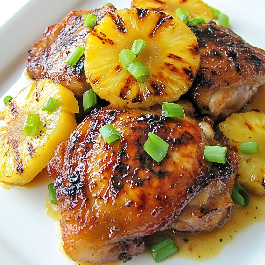 - 4 Hühnerkeulen mit Knochen und Haut - 250 ml Ananassaft - 60 ml Sojasauce - 50 g brauner Zucker - 4 Knoblauchzehen, fein gehackt - 2,5 cm frischer Ingwer, gerieben - 1 Esslöffel Ketchup - 1 Esslöffel Apfelessig - 1 Teelöffel schwarzer Pfeffer, gemahlen - 1 Teelöffel Sesamöl - 1/2 Teelöffel Chiliflocken (optional) Für ein tolles Huli Huli Hühnchen brauchst du frische Zutaten. Die Hühnerkeulen bringen viel Geschmack. Ananassaft macht das Gericht süß und fruchtig. Sojasauce gibt einen salzigen Kick. Brauner Zucker sorgt für eine schöne Karamellisierung. Den Knoblauch und den Ingwer kannst du fein hacken oder reiben, um das Aroma zu intensivieren. - 250 ml Ananassaft - 60 ml Sojasauce - 50 g brauner Zucker - 4 Knoblauchzehen, fein gehackt - 2,5 cm frischer Ingwer, gerieben - 1 Esslöffel Ketchup - 1 Esslöffel Apfelessig - 1 Teelöffel schwarzer Pfeffer, gemahlen - 1 Teelöffel Sesamöl - 1/2 Teelöffel Chiliflocken (optional) Die Marinade ist der Schlüssel zu gutem Huli Huli Hühnchen. Mische die Zutaten gründlich. Gib alles in eine große Schüssel. Achte darauf, dass der Zucker sich gut auflöst. Wenn du die Marinade über das Hühnchen gießt, zieht der Geschmack ein. - Frische Ananasscheiben (zum Grillen) - Frühlingszwiebeln, in Scheiben geschnitten (zur Garnitur) Für die Garnitur kannst du frische Ananasscheiben nutzen. Diese kommen auf den Grill und schmecken super! Frühlingszwiebeln sorgen für einen frischen Farbtupfer. Diese kleinen Extras machen das Gericht noch besser und schöner. {{ingredient_image_2}} Um die Marinade zu machen, nehmen Sie eine große Schüssel. Geben Sie den Ananassaft, die Sojasauce und den braunen Zucker hinein. Fügen Sie die fein gehackten Knoblauchzehen und den geriebenen Ingwer hinzu. Rühren Sie gut um. Dann kommen Ketchup, Apfelessig, schwarzer Pfeffer und Sesamöl dazu. Wenn Sie es würziger mögen, fügen Sie die Chiliflocken hinzu. Diese Mischung wird die Hühnerkeulen lecker machen. Legen Sie die Hühnerkeulen in einen großen, wiederverschließbaren Plastikbeutel oder in eine flache Schüssel. Gießen Sie die Marinade gleichmäßig über das Fleisch. Verschließen Sie den Beutel oder decken Sie die Schüssel ab. Lassen Sie das Fleisch im Kühlschrank für mindestens 2 Stunden marinieren. Am besten ist es, wenn Sie es über Nacht ziehen lassen. So nehmen die Keulen die Aromen gut auf. Heizen Sie den Grill auf mittlere Hitze vor. Nehmen Sie die Hühnerkeulen aus der Marinade und lassen Sie die überschüssige Marinade abtropfen. Bewahren Sie die restliche Marinade zum Bestreichen auf. Legen Sie die Keulen mit der Haut nach unten auf den Grill. Grillen Sie sie etwa 7-10 Minuten, bis sie schön gebräunt sind. Wenden Sie die Keulen und bestreichen Sie sie mit der Marinade. Grillen Sie weitere 7-10 Minuten, bis das Hühnerfleisch eine Kerntemperatur von 75°C erreicht. In den letzten Minuten legen Sie frische Ananasscheiben auf den Grill. Grillen Sie diese 2-3 Minuten pro Seite, bis sie Streifen zeigen. Nach dem Grillen lassen Sie das Hühnerfleisch 5 Minuten ruhen, bevor Sie es servieren. Grillen ist eine Kunstform. Um das Huli Huli Hühnchen perfekt zu grillen, stelle sicher, dass dein Grill gut vorgeheizt ist. Nutze mittlere Hitze, damit das Hühnchen gleichmäßig gart. Lege die Hühnerkeulen mit der Haut nach unten auf den Grill. So wird die Haut knusprig und goldbraun. Wende das Fleisch nur einmal, um Saftigkeit zu bewahren. Trockenes Hühnerfleisch ist ein No-Go. Um das zu vermeiden, mariniere die Keulen mindestens zwei Stunden. Über Nacht ist noch besser. Die Marinade, die aus Ananassaft und Sojasauce besteht, hilft, das Fleisch saftig zu halten. Während des Grillens kannst du das Hühnchen mit der restlichen Marinade bestreichen. Das gibt zusätzlichen Geschmack und Feuchtigkeit. Frische Zutaten sind der Schlüssel zu jedem guten Gericht. Verwende frischen Ingwer und Knoblauch für mehr Aroma. Die frischen Ananasscheiben sind nicht nur lecker, sie sorgen auch für eine schöne Präsentation. Sie verleihen dem Gericht eine süße Note, die perfekt mit dem herzhaften Hühnchen harmoniert. Frische Frühlingszwiebeln bringen Farbe und einen leichten Crunch. Pro Tipps Marinierzeit maximieren: Lassen Sie das Hühnerfleisch über Nacht marinieren, um die Aromen tief in das Fleisch eindringen zu lassen. Grilltemperatur überprüfen: Stellen Sie sicher, dass der Grill auf mittlere Hitze vorgeheizt ist, um ein gleichmäßiges Garen zu gewährleisten. Ananas richtig grillen: Grillen Sie die Ananasscheiben bis sie karamellisieren; das bringt die natürliche Süße hervor. Ruhen lassen: Lassen Sie das Hühnerfleisch nach dem Grillen 5 Minuten ruhen, damit die Säfte sich setzen können und das Fleisch saftiger bleibt. {{image_4}} Du kannst Huli Huli Hühnchen auch im Ofen zubereiten. Heize deinen Ofen auf 200 Grad Celsius vor. Lege die marinierten Hühnerkeulen in eine Auflaufform. Gieße die restliche Marinade darüber. Decke die Form mit Folie ab und backe das Hühnchen für 30 Minuten. Entferne die Folie und backe weitere 20 Minuten. So wird das Hühnchen knusprig und saftig. Für eine vegetarische Variante kannst du Tofu oder Tempeh verwenden. Schneide sie in Stücke und mariniere sie wie das Hühnchen. Grille oder backe sie dann. Du bekommst einen tollen Geschmack, der dem Original ähnelt. Ergänze das Gericht mit Gemüse wie Paprika und Zucchini für mehr Farbe und Geschmack. Das Huli Huli Hühnchen hat viele asiatische Einflüsse. Die Sojasauce bringt salzige Noten. Der Ingwer fügt einen scharfen, frischen Geschmack hinzu. Die Chiliflocken können für mehr Schärfe sorgen. Du kannst auch Ananassaft durch Kokosmilch ersetzen, um einen noch tropischeren Geschmack zu erzielen. Um deine Reste richtig zu lagern, solltest du sie abkühlen lassen. Lege das Hühnchen in einen luftdichten Behälter. Du kannst auch Frischhaltefolie verwenden. Diese Methoden helfen, die Frische zu bewahren. Stelle sicher, dass die Reste innerhalb von zwei Stunden nach dem Grillen im Kühlschrank sind. Um Huli Huli Hühnchen wieder aufzuwärmen, benutze den Ofen oder die Mikrowelle. Im Ofen bleibt das Hühnchen knusprig. Heize den Ofen auf 180 Grad Celsius vor. Lege das Hühnchen auf ein Blech und decke es leicht mit Aluminiumfolie ab. Erhitze es für etwa 15 bis 20 Minuten. In der Mikrowelle erhitze das Hühnchen in kurzen Intervallen. Überprüfe die Temperatur, damit es gleichmäßig warm wird. Im Kühlschrank bleibt das Huli Huli Hühnchen bis zu drei Tage frisch. Wenn du es länger aufbewahren möchtest, friere die Reste ein. In einem luftdichten Behälter ist es bis zu drei Monate haltbar. Denke daran, das Hühnchen vor dem Einfrieren in Portionen zu teilen. So kannst du später einfach nur das auftauen, was du brauchst. Huli Huli Hühnchen kommt aus Hawaii. Es entstand in den 1950er Jahren. Ein hawaiianischer Grillmeister namens Ernest Morgado kreierte dieses Gericht. Der Name „Huli“ bedeutet „drehen“ auf Hawaiianisch. Man grillt das Hühnchen über offenem Feuer und dreht es oft. Traditionell wird es bei Festen und Grillpartys serviert. Die Mischung aus Ananas und Sojasauce gibt dem Hühnchen einen süßen und salzigen Geschmack. Es ist ein beliebtes Gericht, das die Aromen von Hawaii einfängt. Du kannst die Marinade ganz nach deinem Geschmack ändern. Hier sind einige Ideen: - Zucker ersetzen: Nutze Honig oder Agavendicksaft für weniger raffinierten Zucker. - Gewürze variieren: Füge Knoblauchpulver oder Zwiebelpulver hinzu. - Säure anpassen: Nutze Limettensaft statt Apfelessig für mehr Frische. - Chili hinzufügen: Für mehr Schärfe kannst du frische Chilis oder Sriracha einrühren. Experimentiere gerne mit den Zutaten. So findest du die perfekte Mischung für deinen Geschmack. Huli Huli Hühnchen schmeckt am besten mit frischen Beilagen. Hier sind einige tolle Optionen: - Gedämpfter Reis: Er passt gut zur süßen Marinade. - Frischer Salat: Ein knackiger Salat bringt Frische ins Gericht. - Gegrilltes Gemüse: Paprika, Zucchini und Spargel sind perfekte Begleiter. - Ananasscheiben: Gegrillte Ananas ergänzt den Geschmack ideal. Diese Beilagen machen dein Mahl noch leckerer. Sie bringen Farbe und Textur auf den Teller. Huli Huli Hühnchen ist ein köstliches Gericht, das einfach zuzubereiten ist. Wir haben die Hauptzutaten, die Marinade und einige Tipps für das perfekte Grillen behandelt. Denk daran, frische Zutaten zu verwenden und Trockenheit zu vermeiden. Du kannst das Rezept auch im Ofen oder vegetarisch anpassen. Lagere Reste richtig, damit sie frisch bleiben. Mit diesen Ideen kannst du dein Huli Huli Hühnchen für viele Gelegenheiten genießen. Viel Spaß beim Grillen und Ausprobieren!