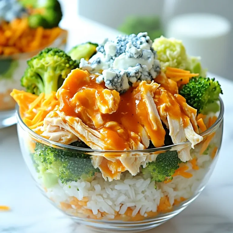 Für die Buffalo Chicken Bowls brauchst du: - 2 Hähnchenbrustfilets ohne Haut und Knochen - 120 ml Buffalo-Sauce (je nach persönlichem Schärfewunsch anpassen) - 1 Teelöffel Olivenöl - 240 ml gekochter Naturreis (oder Blumenkohlreis für eine kohlenhydratarme Option) - 1 Tasse Brokkoliröschen, gedämpft - 1/2 Tasse Karotten, gerieben - 1/2 Tasse Sellerie, gewürfelt - 60 g Blauschimmelkäse, zerbröselt (oder eine milchfreie Alternative) - 2 Esslöffel griechischer Joghurt (oder Sauerrahm) - 1 Esslöffel frische Petersilie, gehackt - Salz und Pfeffer nach Geschmack Diese Zutaten machen deine Schüssel voll von Geschmack und Nährstoffen. Das Hähnchen liefert Protein, während Gemüse deine Mahlzeit bunt und gesund macht. Wenn du Kalorien sparen möchtest, kannst du einige Zutaten ändern: - Nutze Blumenkohlreis statt Naturreis, um Kohlenhydrate zu reduzieren. - Wähle griechischen Joghurt statt Sauerrahm für weniger Fett. - Lass den Blauschimmelkäse weg oder ersetze ihn durch eine leichtere Käsesorte. Diese Optionen helfen dir, gesund zu essen, ohne auf Geschmack zu verzichten. Um deine Buffalo Chicken Bowls noch besser zu machen, kannst du mit Gewürzen arbeiten: - Füge Paprika oder Knoblauchpulver hinzu für mehr Geschmack. - Nutze frische Kräuter wie Schnittlauch oder Koriander. - Ein Spritzer Zitronensaft gibt Frische und hebt die Aromen hervor. Diese kleinen Extras machen deine Schüssel zu einem echten Geschmackserlebnis. {{ingredient_image_2}} Um die Bowls zu starten, brate zuerst die Hähnchenbrustfilets an. Erhitze 1 Teelöffel Olivenöl in einer Pfanne bei mittlerer Hitze. Würze das Hähnchen mit Salz und Pfeffer. Brate die Filets für 5-7 Minuten pro Seite. Sie sollten goldbraun und durchgegart sein. Das Hähnchen darf nicht trocken werden. Es ist wichtig, es regelmäßig zu wenden. Sobald das Hähnchen fertig ist, gieße 120 ml Buffalo-Sauce über die Filets. Decke die Pfanne ab und lasse es 5 Minuten köcheln. Dadurch kann das Hähnchen die würzige Sauce gut aufnehmen. Die Sauce gibt den Bowls den typischen scharfen Geschmack. Achte darauf, die Hitze nicht zu hoch zu stellen, damit die Sauce nicht anbrennt. Nimm das Hähnchen aus der Pfanne. Mit zwei Gabeln zerkleinern. Das zerkleinerte Hähnchen wieder in die Pfanne geben. Mische das Hähnchen gut mit der Sauce. Halte die Mischung bei niedriger Hitze warm, während du den Rest vorbereitest. So bleibt das Hähnchen saftig und aromatisch. Um die besten Ergebnisse zu erzielen, brate die Hähnchenbrustfilets für 5-7 Minuten pro Seite. Achte darauf, dass sie goldbraun sind. Die Innentemperatur sollte 74 Grad Celsius erreichen. Wenn du kein Fleischthermometer hast, schneide das Hähnchen an der dicksten Stelle auf. Es sollte nicht mehr rosa sein. Du kannst die Buffalo Chicken Bowls leicht anpassen. Füge saisonales Gemüse hinzu, wie Zucchini oder Paprika. Für eine festliche Note, nutze geröstete Nüsse oder Samen als Topping. Du kannst auch verschiedene Käsesorten verwenden. Mozzarella oder Cheddar sind leckere Alternativen. Buffalo Chicken Bowls sind perfekt für Meal Prep. Koche die Hähnchenbrust und teile sie in Portionen auf. Bewahre sie in luftdichten Behältern auf. Du kannst auch die Beilagen getrennt lagern. So bleibt alles frisch. Erhitze die Bowls einfach in der Mikrowelle, wenn du bereit bist zu essen. Pro Tipps Hähnchen marinieren: Lassen Sie die Hähnchenbrustfilets vor dem Braten mindestens 30 Minuten in der Buffalo-Sauce marinieren, um den Geschmack zu intensivieren. Gesunde Alternativen: Verwenden Sie Blumenkohlreis anstelle von Naturreis für eine kohlenhydratarme Option, die ebenso köstlich ist. Gemüse variieren: Fügen Sie zusätzliches Gemüse wie Paprika oder Zucchini hinzu, um mehr Farbe und Nährstoffe in Ihre Bowls zu bringen. Vorsicht mit der Schärfe: Testen Sie die Buffalo-Sauce in kleinen Mengen, um die gewünschte Schärfe zu erreichen, bevor Sie sie über das Hähnchen geben. {{image_4}} Wenn du eine fleischfreie Option möchtest, probiere Tofu. Tofu hat eine tolle Textur und nimmt die Aromen gut auf. Du kannst ihn einfach in Würfel schneiden und in Olivenöl anbraten. Dann füge die Buffalo-Sauce hinzu und koche ihn kurz. Mixe ihn dann mit dem Reis, Brokkoli und Karotten. Es wird lecker und sättigend sein. Für eine glutenfreie Bowl wähle glutenfreie Buffalo-Sauce. Die anderen Zutaten sind meist glutenfrei. Achte darauf, dass der Joghurt oder Sauerrahm auch glutenfrei ist. Du kannst auch Blumenkohlreis verwenden. Das ist eine tolle, gesunde Alternative. So bleibt deine Mahlzeit glutenfrei und lecker. Die Schärfe der Buffalo-Sauce kann leicht angepasst werden. Wenn du es milder magst, verwende weniger Sauce oder wähle eine milde Variante. Für mehr Schärfe kannst du zusätzlich Cayennepfeffer oder frische Jalapeños hinzufügen. Jeder kann seine Bowl nach eigenem Geschmack anpassen. So macht das Essen mehr Spaß! Buffalo Chicken Bowls sind einfach zu lagern. Lassen Sie die Bowls zuerst abkühlen. Danach füllen Sie sie in luftdichte Behälter. Lagern Sie die Bowls im Kühlschrank für bis zu drei Tage. Wenn Sie die Zutaten getrennt halten, bleibt alles frisch. So bleibt der Geschmack und die Textur erhalten. Das Einfrieren ist eine gute Option für später. Teilen Sie die Bowls in Portionen auf. Verwenden Sie gefrierfreundliche Behälter oder Beutel. Beschriften Sie jeden Behälter mit dem Datum. So wissen Sie, wie lange sie schon drin sind. Sie können die Bowls bis zu drei Monate einfrieren. Denken Sie daran, die Sauce getrennt zu halten, um die beste Konsistenz zu bewahren. Das Aufwärmen sollte sanft geschehen. Am besten nutzen Sie die Mikrowelle. Stellen Sie die Leistung auf mittel und decken Sie die Bowl ab. So bleibt die Feuchtigkeit erhalten. Erwärmen Sie sie für zwei bis drei Minuten. Rühren Sie die Bowl nach der Hälfte um. Alternativ können Sie die Bowls in einem Topf auf dem Herd erwärmen. Fügen Sie bei Bedarf etwas Wasser oder Brühe hinzu, um sie saftig zu halten. Um Buffalo-Sauce selbst zu machen, mische Butter und scharfe Sauce. Du kannst 120 ml scharfe Sauce mit 60 g geschmolzener Butter kombinieren. Füge etwas Knoblauchpulver und Paprika hinzu für mehr Geschmack. Probiere die Sauce und passe die Schärfe nach deinem Wunsch an. Ja, du kannst die Buffalo Chicken Bowls im Voraus machen. Koche das Hähnchen und die Beilagen, dann lagere sie im Kühlschrank. Du kannst die Bowls bis zu drei Tage aufbewahren. Wenn du bereit bist zu essen, erwärme alles in der Mikrowelle. Achte darauf, den Joghurt und den Käse frisch hinzuzufügen. Einige gute Beilagen sind: - Gekochter Naturreis oder Blumenkohlreis - Gedämpfter Brokkoli - Geriebene Karotten - Gewürfelter Sellerie Du kannst auch Avocado oder Mais hinzufügen. Diese Beilagen ergänzen die Aromen der Buffalo Chicken Bowls perfekt. Die Buffalo Chicken Bowl ist ein einfaches und leckeres Gericht. Wir haben die Zutaten, die Zubereitung und viele Tipps behandelt. Perfekte Garzeiten und Variationen helfen dir, das Beste herauszuholen. Du kannst die Bowls anpassen, um gesünder oder schärfer zu sein. Außerdem gibt es einfache Aufbewahrungstipps, damit nichts verschwendet wird. Experimentiere und finde deinen Favoriten. Genieß die Zeit in der Küche und mach das Rezept zu deinem eigenen Klassiker!