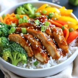 Für eine leckere Teriyaki-Hühnchen-Reisbowl brauchst du folgende Zutaten: - 450 g Hähnchenbrust, in dünne Streifen geschnitten - 200 g Jasminreis - 150 g Brokkoliröschen - 1 Karotte, in feine Streifen geschnitten - 1 Paprika, dünn geschnitten (jede Farbe) - 3 Frühlingszwiebeln, gehackt - 3 Esslöffel Teriyakisauce (aus dem Geschäft oder selbstgemacht) - 1 Esslöffel Sesamöl - 1 Esslöffel Olivenöl - 1 Teelöffel frischer Ingwer, gerieben - 2 Knoblauchzehen, fein gehackt - Sesamsamen zum Garnieren - Salz und Pfeffer nach Geschmack Diese Zutaten geben der Bowl den süßen und herzhaften Geschmack, den du liebst. Die frischen Zutaten bringen Farbe und Vitamine auf den Teller. Wenn du einige Zutaten nicht hast, gibt es einfache Alternativen: - Hähnchenbrust: Du kannst auch Hähnchenschenkel oder Tofu verwenden. - Jasminreis: Basmatireis oder brauner Reis sind gute Optionen. - Gemüse: Verwende dein Lieblingsgemüse wie Zucchini oder Erbsen. - Teriyakisauce: Eine Mischung aus Sojasauce und Honig funktioniert gut. Diese Alternativen machen das Rezept flexibel. Du kannst nach deinem Geschmack und Verfügbarkeit anpassen. Eine Portion der Teriyaki-Hühnchen-Reisbowl hat viele Nährstoffe. Hier sind einige wichtige Informationen: - Kalorien: ca. 450-500 kcal - Eiweiß: ca. 30 g - Fett: ca. 15 g - Kohlenhydrate: ca. 60 g Diese Bowl ist nicht nur lecker, sondern auch nahrhaft. Sie gibt dir Energie für den Tag. {{ingredient_image_2}} Um den Jasminreis zuzubereiten, spülen Sie ihn zuerst unter kaltem Wasser. Machen Sie das, bis das Wasser klar bleibt. Nehmen Sie einen mittelgroßen Topf und fügen Sie 200 g Reis mit 480 ml Wasser hinzu. Kochen Sie das Wasser und reduzieren Sie dann die Hitze. Decken Sie den Topf ab und lassen Sie den Reis etwa 15 Minuten kochen. Der Reis sollte danach zart und das Wasser vollständig aufgenommen sein. Lockern Sie ihn mit einer Gabel auf und stellen Sie ihn beiseite. Für das Hähnchen benötigen Sie 450 g Hähnchenbrust. Schneiden Sie die Brust in dünne Streifen. Erhitzen Sie in einer großen Pfanne 1 Esslöffel Olivenöl bei mittlerer Hitze. Fügen Sie die Hähnchenstreifen hinzu und würzen Sie sie mit Salz und Pfeffer. Braten Sie das Hähnchen etwa 5-7 Minuten lang, bis es durchgegart und leicht goldbraun ist. Jetzt kommt das Gemüse: Nehmen Sie 150 g Brokkoliröschen, 1 Karotte und 1 Paprika. Schneiden Sie die Karotte in feine Streifen und die Paprika dünn. Geben Sie das Gemüse nach dem Braten des Hähnchens in die Pfanne. Sautieren Sie es für 4-5 Minuten. Es sollte lebhaft und leicht zart sein. Fügen Sie dann 3 Esslöffel Teriyakisauce, 1 Teelöffel frischen Ingwer und 2 fein gehackte Knoblauchzehen hinzu. Rühren Sie gut um und lassen Sie alles 2-3 Minuten köcheln. Jetzt können Sie die Bowls anrichten! Nehmen Sie eine Servierschale und geben Sie eine großzügige Portion Jasminreis hinein. Darauf kommt die Mischung aus Teriyaki-Hühnchen und Gemüse. Zum Schluss streuen Sie die gehackten Frühlingszwiebeln und Sesamsamen darüber. So sieht Ihre Reisbowl lecker und einladend aus! Um das beste Teriyaki-Hühnchen zuzubereiten, achte auf die Hähnchenbrust. Schneide sie in dünne Streifen. So garen sie gleichmäßiger. Würze das Fleisch gut mit Salz und Pfeffer. Das gibt einen tollen Geschmack. Brate das Hähnchen bei mittlerer Hitze. So bleibt es saftig. Füge den Ingwer und Knoblauch erst später hinzu, damit sie nicht verbrennen. Frische Zutaten machen einen großen Unterschied. Wähle frisches Gemüse wie Brokkoli, Karotten und Paprika. Sie geben der Bowl Farbe und Crunch. Frühlingszwiebeln sind auch wichtig. Sie bringen zusätzlichen Geschmack. Verwende frische Teriyakisauce, wenn möglich. Sie schmeckt besser als die aus dem Glas. Wenn du Zeit hast, mache deine Sauce selbst. Um den Geschmack zu intensivieren, kannst du mehr Gewürze hinzufügen. Probiere es mit Chili oder schwarzem Pfeffer für einen Kick. Auch geröstete Sesamsamen geben einen nussigen Geschmack. Du kannst auch etwas Honig oder Ahornsirup hinzufügen. Das macht die Sauce noch süßer. Experimentiere mit verschiedenen Gemüsesorten. So bleibt das Gericht spannend. Pro Tipps Marinieren für mehr Geschmack: Lassen Sie das Hähnchen mindestens 30 Minuten in der Teriyakisauce marinieren, um den Geschmack zu intensivieren. Gemüse variieren: Experimentieren Sie mit verschiedenen Gemüsesorten wie Zucchini oder Erbsen für zusätzliche Farben und Texturen. Reis richtig kochen: Verwenden Sie die richtige Wasser-Mengenverhältnis und lassen Sie den Reis nach dem Kochen einige Minuten ruhen, um die perfekte Konsistenz zu erzielen. Servieren Sie heiß: Genießen Sie die Bowl sofort nach dem Zubereiten, damit die Aromen frisch und lebendig bleiben. {{image_4}} Du kannst die Teriyaki-Hühnchen-Reisbowl leicht anpassen. Für eine vegetarische Option nimm Tofu oder Tempeh statt Hähnchen. Schneide sie in dünne Würfel. Brate sie in der Pfanne, bis sie goldbraun sind. Verwende die gleiche Teriyakisauce für Geschmack. Für vegane Optionen nimm einfach Tofu oder Gemüse. Achte darauf, dass die Teriyakisauce keine tierischen Produkte enthält. So bleibt die Bowl köstlich und gesund. Die Teriyaki-Hühnchen-Reisbowl ist sehr anpassbar. Du kannst verschiedene Gemüsesorten verwenden. Brokkoli, Karotten und Paprika sind großartig, aber das ist nicht alles. Probiere Zucchini, grüne Bohnen oder Spinat. Schneide das Gemüse klein, damit es gut gart. Das sorgt für eine bunte und gesunde Bowl. Mehr Farben machen das Essen auch ansprechender. Du kannst die Kohlenhydrate in deiner Bowl ändern. Jasminreis ist lecker, aber du kannst auch braunen Reis oder Quinoa verwenden. Diese Optionen sind nahrhaft und geben dir mehr Ballaststoffe. Wenn du eine kohlenhydratarme Option suchst, probiere Blumenkohlreis. Dieser hat weniger Kohlenhydrate und ist eine tolle Wahl. Es bleibt aber wichtig, dass die Teriyakisauce gut dazu passt. Um die Reste deiner Teriyaki-Hühnchen-Reisbowl frisch zu halten, lege sie in einen luftdichten Behälter. Achte darauf, dass der Reis und das Hühnchen gut abgekühlt sind, bevor du sie lagerst. So verhinderst du, dass sich Feuchtigkeit ansammelt. Du kannst die Reste bis zu drei Tage im Kühlschrank aufbewahren. Wenn du mehr Zeit brauchst, kannst du die Bowls auch einfrieren. Teile sie in Portionen auf, bevor du sie ins Gefrierfach legst. Zum Aufwärmen nimm die gewünschte Portion aus dem Kühlschrank oder Gefrierfach. Wenn sie gefroren ist, lasse sie zuerst im Kühlschrank auftauen. Erhitze die Reste in der Mikrowelle oder in einer Pfanne. Füge ein wenig Wasser oder Teriyakisauce hinzu, um das Gericht saftig zu halten. Achte darauf, alles gleichmäßig zu erhitzen, damit der Geschmack erhalten bleibt. Die frischen Zutaten haben unterschiedliche Haltbarkeiten. Hähnchenbrust bleibt im Kühlschrank etwa ein bis zwei Tage frisch. Brokkoli und Paprika sind in der Regel 3 bis 5 Tage haltbar. Jasminreis, wenn gekocht, sollte innerhalb von vier bis fünf Tagen gegessen werden. Ungekochter Reis kann jedoch jahrelang haltbar sein, wenn er trocken und kühl gelagert wird. Um Teriyakisauce selbst zu machen, mische einfach folgende Zutaten in einem kleinen Topf: - 100 ml Sojasauce - 50 ml Honig oder brauner Zucker - 2 Esslöffel Reisessig - 1 Esslöffel Sesamöl - 1 Teelöffel frischer Ingwer, gerieben Erhitze die Mischung bei mittlerer Hitze. Rühre gut um, bis der Zucker sich auflöst. Lass die Sauce ein paar Minuten köcheln, bis sie leicht eindickt. Fertig! Ja, gefrorenes Gemüse ist eine gute Wahl! Es ist praktisch und spart Zeit. Du kannst Brokkoli, Karotten und Paprika direkt aus dem Gefrierfach nehmen. Füge es einfach in die Pfanne, wenn du das frische Gemüse hättest. Achte darauf, dass du die Garzeit anpasst, da gefrorenes Gemüse oft schneller gart. Die gesamte Zubereitungszeit für die Teriyaki-Hühnchen-Reisbowl beträgt etwa 30 Minuten. Die Vorbereitung dauert etwa 15 Minuten und das Kochen weitere 15 Minuten. Du kannst alles gleichzeitig machen, um Zeit zu sparen. Zu Teriyaki-Hühnchen-Reisbowl passen viele Beilagen gut. Hier sind einige Ideen: - Edamame - Miso-Suppe - Salat mit Sesam-Dressing - Gebratene Frühlingsrollen Probiere verschiedene Beilagen, um deine Reisbowl noch leckerer zu machen! Die Teriyaki-Hühnchen-Reisbowl ist einfach und lecker. Wir haben wichtige Zutaten und deren Alternativen besprochen. Die Schritt-für-Schritt-Anleitung hilft dir, alles richtig zuzubereiten. Unsere Tipps machen dein Gericht noch besser. Wenn du Variationen ausprobieren möchtest, bieten wir viele Optionen. Achte besonders auf die Aufbewahrung der Reste. So bleibt alles frisch. Probiere diese Bowl aus und genieße jeden Bissen!