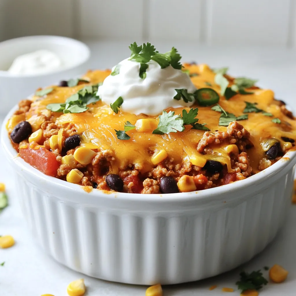 Für diesen leckeren Taco Casserole brauchst du einige wichtige Zutaten. Hier sind sie: - 450 g gemahlenes Truthahn- oder Rindfleisch - 1 Dose (425 g) schwarze Bohnen, gut abgespült und abgetropft - 1 Dose (425 g) Mais, abgetropft - 1 Dose (280 g) gewürfelte Tomaten mit grünen Chilischoten - 1 Päckchen Taco-Gewürz - 240 ml gekochter Reis (braun oder weiß) - 200 g geriebener Cheddar-Käse - 1 kleine Zwiebel, gewürfelt - 1 Paprika, gewürfelt - Salz und Pfeffer nach Geschmack Diese Zutaten machen dein Gericht herzhaft und voll von Geschmack. Das gemahlene Fleisch ist die Basis. Die Bohnen und der Mais sorgen für die richtige Textur. Gewürze sind wichtig für den Geschmack. Das Taco-Gewürz bringt alles zusammen. Du kannst auch mehr hinzufügen. Hier sind einige Vorschläge: - Knoblauchpulver - Paprika - Kreuzkümmel Diese Gewürze machen dein Gericht noch würziger. Fühle dich frei, mit den Mengen zu spielen. Um deinen Taco Casserole noch besser zu machen, kannst du ihn mit einigen Beilagen servieren. Hier sind einige Ideen: - Frischer Koriander, zur Garnierung - Sauerrahm, zum Servieren (optional) - Nachos oder Tortillachips, für den Crunch Diese Extras bringen dein Gericht auf die nächste Stufe. Du kannst auch Avocado oder Jalapeños hinzufügen. So wird jeder Bissen zu einem Genuss. {{ingredient_image_2}} Zuerst erhitze ich eine Pfanne auf mittlerer Hitze. Ich füge das gemahlene Truthahn- oder Rindfleisch hinzu. Ich brate es, bis es ganz durch ist. Dann gieße ich das überschüssige Fett ab und stelle das Fleisch beiseite. Jetzt ist es wichtig, alle anderen Zutaten vorzubereiten. Ich spüle die schwarzen Bohnen gut ab und lasse sie abtropfen. Ich öffne die Dose mit dem Mais und lasse ihn ebenfalls abtropfen. Die gewürfelten Tomaten mit Chilischoten sind bereit. Ich hacke die Zwiebel und die Paprika in kleine Stücke. Diese Schritte sind einfach, aber sie machen den Geschmack viel besser. Jetzt kommt der spannende Teil! Ich schichte die Zutaten im Crockpot. Zuerst lege ich die schwarzen Bohnen auf den Boden. Dann kommen die abgetropften Maiskörner. Die gewürfelten Tomaten folgen, gefolgt vom gekochten Reis. Ich verteile die gewürfelte Zwiebel und die Paprika gleichmäßig darüber. Jetzt kommt das gebratene Fleisch. Ich streue das Taco-Gewürz darüber und füge Salz und Pfeffer nach meinem Geschmack hinzu. Alles gut vermischen ist wichtig, damit die Aromen sich verbinden. Ich decke den Crockpot ab, um die Hitze zu halten. Ich kann ihn auf niedriger Stufe für 4 bis 6 Stunden oder auf hoher Stufe für 2 bis 3 Stunden kochen. Wenn ich wenig Zeit habe, wähle ich die hohe Stufe. Wenn ich mehr Zeit habe, genieße ich die langsame Methode. 30 Minuten vor dem Servieren streue ich den geriebenen Cheddar-Käse oben drauf. Ich lasse den Käse schmelzen, während der Crockpot weiter kocht. So wird das Gericht besonders lecker. Um die besten Ergebnisse zu erzielen, achte darauf, das Fleisch gut anzubraten. Das gibt dem Gericht mehr Geschmack. Schichte die Zutaten im Crockpot gleichmäßig. Beginne mit den Bohnen, gefolgt von Mais und Tomaten. So vermischen sich die Aromen besser. Ein häufiger Fehler ist, zu viel Flüssigkeit hinzuzufügen. Der Crockpot macht die Zutaten weich, also halte die Flüssigkeit im Rahmen. Lass das Gericht nicht zu lange kochen. Überprüfe es nach der angegebenen Zeit, um eine Übergarung zu vermeiden. Für mehr Geschmack, füge frische Kräuter wie Koriander oder Oregano hinzu. Du kannst auch Jalapeños für einen scharfen Kick verwenden. Zitronensaft bringt Frische und hebt die Aromen. Experimentiere mit verschiedenen Käsesorten. Feta oder Pepper Jack geben dem Gericht eine neue Note. Pro Tipps Fleischwahl: Verwenden Sie mageres Hackfleisch, um das Gericht gesünder zu gestalten. Truthahn ist eine gute Alternative zu Rindfleisch. Gemüsevariationen: Fühlen Sie sich frei, Ihre Lieblingsgemüse hinzuzufügen, wie Zucchini oder Spinat, um mehr Farbe und Nährstoffe zu integrieren. Vorbereitung: Bereiten Sie die Zutaten am Vorabend vor, um die Kochzeit am Morgen zu verkürzen. Einfach alles in den Crockpot geben und starten! Serviervorschlag: Servieren Sie das Gericht mit Tortilla-Chips oder frischem Brot für zusätzlichen Crunch und Geschmack. {{image_4}} Du kannst den Crockpot Taco Casserole leicht vegetarisch machen. Verwende anstelle von Fleisch eine Mischung aus Linsen oder Quinoa. Diese Zutaten sind nahrhaft und lecker. Füge auch mehr Gemüse hinzu, wie Zucchini oder Spinat. So wird das Gericht bunt und gesund. Jeder hat andere Vorlieben. Magst du es scharf? Füge frische Jalapeños oder scharfe Salsa hinzu. Für einen milderen Geschmack, nimm mildes Taco-Gewürz. Du kannst auch die Bohnen variieren. Versuche Kidneybohnen oder Pintobohnen für einen neuen Twist. So bleibt das Gericht spannend und anpassbar. Käse macht alles besser! Wenn du keinen Cheddar magst, probiere Mozzarella oder Gouda. Diese Käsesorten schmelzen gut und geben einen tollen Geschmack. Bei Reis kannst du auch Blumenkohlreis verwenden. Das ist eine großartige Option für eine low-carb Variante. Diese Anpassungen sorgen für Vielfalt und Freude am Essen. Du kannst den Crockpot Taco Casserole einfach im Kühlschrank lagern. Lass das Gericht zuerst abkühlen. Fülle es dann in einen luftdichten Behälter. So bleibt es frisch. Im Kühlschrank hält es sich bis zu vier Tage. Achte darauf, den Behälter gut zu verschließen, um Gerüche zu vermeiden. Wenn du Reste hast, kannst du diese einfrieren. Teile den Taco Casserole in Portionen auf. Nutze gefriergeeignete Behälter oder Zip-Lock-Tüten. So bleibt der Geschmack erhalten. Der Casserole kann bis zu drei Monate im Gefrierfach bleiben. Zum Auftauen lege die Portionen einfach über Nacht in den Kühlschrank. Um den Taco Casserole aufzuwärmen, benutze eine Mikrowelle oder den Herd. Wenn du die Mikrowelle nutzt, erwärme ihn in kurzen Abständen. Rühre zwischendurch um, damit er gleichmäßig warm wird. Auf dem Herd kannst du ihn bei schwacher Hitze erwärmen. Füge ein wenig Wasser oder Brühe hinzu, falls er trocken erscheint. So bleibt das Gericht saftig und lecker. Crockpot Taco Casserole hält sich gut im Kühlschrank. Du kannst es bis zu fünf Tage aufbewahren. Stelle sicher, dass du das Gericht in einem luftdichten Behälter lagerst. Wenn du das Casserole länger aufbewahren möchtest, kannst du es einfrieren. Es bleibt bis zu drei Monate im Gefrierfach frisch. Achte darauf, es in Portionen zu verpacken. So entnimmst du nur, was du brauchst. Ja, du kannst das Rezept auch im Ofen machen. Heize den Ofen auf 180 Grad Celsius vor. Brate das Fleisch zuerst in einer Pfanne an. Schichte dann die Zutaten in eine Auflaufform. Backe das Casserole für etwa 30 Minuten, bis der Käse schmilzt. Du erhältst eine leckere, leicht knusprige Oberseite. Das Ofenrezept ist schnell und einfach. Zu Taco Casserole passen viele Beilagen. Hier sind einige Vorschläge: - Frischer Salat mit Limettensaft - Tortilla-Chips oder Nachos - Guacamole oder Salsa - Sauerrahm für einen cremigen Geschmack - Gegrilltes Gemüse für mehr Farbe und Geschmack Diese Beilagen ergänzen das Gericht gut und machen das Essen noch besser. Probiere verschiedene Kombinationen aus! In diesem Artikel haben wir alles über den Crockpot Taco Casserole besprochen. Wir haben die Zutaten, die Zubereitung und die besten Tipps durchgesehen. Außerdem gab es Vorschläge für Varianten und Aufbewahrung. Mit diesen Informationen bist du bereit, dieses Gericht einfach zuzubereiten. Wenn du ein wenig kreativ bist, kannst du viele leckere Anpassungen machen. Lass diesen schmackhaften Eintopf dein nächstes Familienessen werden. Der Crockpot Taco Casserole wird sicher ein Hit!