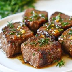 Für dieses leckere Gericht brauchst du die folgenden Hauptzutaten: - 450 g Sirloin-Steak, in mundgerechte Stücke gewürfelt - 4 Esslöffel ungesalzene Butter - 4 Knoblauchzehen, fein gehackt - 1 Teelöffel frischer Rosmarin, gehackt - 1 Teelöffel frischer Thymian, gehackt - Salz und Pfeffer nach Geschmack - 1 Esslöffel Olivenöl - Frische Petersilie, gehackt (zum Garnieren) Diese Zutaten sorgen für einen tollen Geschmack und viel Protein. Das Sirloin-Steak ist zart und saftig. Die Kombination aus Butter und Knoblauch macht es besonders. In diesem Rezept kommen frische Gewürze zum Einsatz. Sie bringen Aroma und Tiefe. Rosmarin und Thymian passen gut zum Steak. Das macht den Geschmack frisch und lebendig. Salz und Pfeffer sind wichtig. Sie helfen, die Aromen zu betonen. Bevor du mit dem Kochen beginnst, bereite die Zutaten vor. Tupfe die Steakwürfel mit einem Papiertuch trocken. So bräunen sie besser. Würze die Stücke mit Salz und Pfeffer. Das gibt ihnen mehr Geschmack. Bei den Kräutern ist Frische der Schlüssel. Hacke den Knoblauch, Rosmarin und Thymian fein. Dies stellt sicher, dass du den vollen Geschmack bekommst. Wenn die Zutaten bereit sind, kannst du mit dem Kochen anfangen. {{ingredient_image_2}} Beginne mit dem Steak. Tupfe die Würfel mit Papiertüchern trocken. So entfernst du die Feuchtigkeit. Dies hilft beim Bräunen. Würze die Stücke großzügig mit Salz und Pfeffer. Diese Würze macht das Steak geschmackvoll. Nimm eine große Pfanne und füge das Olivenöl hinzu. Erhitze das Öl bei mittlerer bis hoher Hitze. Achte darauf, dass es schimmert. Das zeigt, dass die Pfanne heiß genug ist. So brät das Steak gut an. Lege die Steakstücke in die heiße Pfanne. Achte darauf, dass sie in einer einzelnen Schicht liegen. Brate sie ohne Umrühren für etwa 2-3 Minuten an. Drehe die Steakstücke um und brate sie weitere 2-3 Minuten. Du kannst die Garzeit anpassen, je nach dem, wie du dein Steak magst. Reduziere die Hitze nun auf mittel bis niedrig. Schiebe die Steakstücke zur Seite. Gib die Butter und den gehackten Knoblauch auf die leere Seite der Pfanne. Lass die Butter schmelzen. Schwenke die Pfanne, um den Knoblauch zu vermischen. Wenn der Knoblauch duftet, rühre die Mischung in die Steakstücke. Füge Rosmarin und Thymian hinzu. Koche die Mischung eine weitere Minute. Achte darauf, dass das Steak gut bedeckt ist. Nimm die Pfanne vom Herd. Garniere die Steak Bites mit frischer Petersilie. Serviere sie sofort für den besten Geschmack. Die Vorbereitung des Steaks ist sehr wichtig. Beginne damit, die Steakwürfel gut abzutrocknen. Feuchtigkeit kann die Bräunung beeinträchtigen. Verwende Papiertücher, um das Steak trocken zu tupfen. Würze die Stücke großzügig mit Salz und Pfeffer. Das hebt den Geschmack und macht das Steak zart. Die Garzeit hängt vom gewünschten Gargrad ab. Für medium-rare brate das Steak etwa 2-3 Minuten pro Seite. Wenn du es lieber durchgegart magst, brate es länger. Überprüfe die Innentemperatur mit einem Fleischthermometer. Medium-rare hat etwa 57°C, während gut durch 71°C braucht. Achte darauf, die Garzeiten anzupassen, um das perfekte Steak zu erhalten. Frische Kräuter geben dem Gericht einen tollen Geschmack. In diesem Rezept nutzen wir Rosmarin und Thymian. Hacke sie fein, bevor du sie hinzufügst. Frische Kräuter steigern die Aromen der Knoblauchbutter. Du kannst auch andere Kräuter wie Oregano oder Basilikum verwenden. Experimentiere mit verschiedenen Kräutern, um deinen eigenen Geschmack zu finden. Pro Tipps Steak Zimmertemperatur: Lassen Sie das Steak vor dem Kochen etwa 30 Minuten bei Zimmertemperatur ruhen. Dies sorgt für eine gleichmäßigere Garung. Butter nicht überhitzen: Achten Sie darauf, die Butter nicht zu stark zu erhitzen, damit sie nicht verbrennt. Dies bewahrt den feinen Geschmack des Knoblauchs. Ruhen lassen: Lassen Sie das Steak nach dem Braten einige Minuten ruhen, damit sich die Säfte setzen können. So bleibt es saftiger. Frische Kräuter: Verwenden Sie frische Kräuter für den besten Geschmack. Sie können auch andere Kräuter wie Oregano oder Basilikum ausprobieren. {{image_4}} High-Protein Garlic Butter Steak Bites sind vielseitig. Du kannst verschiedene Fleischsorten verwenden. Probier Rind, Hähnchen oder Schwein. Jedes Fleisch hat seinen eigenen Geschmack. Zum Beispiel, Hähnchenbrust wird zart und saftig. Schneide das Fleisch in kleine Stücke und folge dem gleichen Rezept. Achte darauf, die Garzeiten anzupassen. Hähnchen braucht weniger Zeit. Schweinefleisch hat einen anderen Geschmack, der gut mit Knoblauch passt. Falls du vegan bist, gibt es viele Optionen. Statt Steak kannst du Pilze oder Tofu verwenden. Champignons sind besonders lecker und nehmen die Aromen gut auf. Mariniere die Pilze in etwas Öl, Salz und Pfeffer. Für Tofu, schneide ihn in Würfel und brate ihn knusprig an. Verwende vegane Butter oder Olivenöl für die Knoblauch-Butter. So bekommst du eine ähnliche Textur und den vollen Geschmack. Die richtigen Beilagen machen dein Gericht perfekt. Du kannst frisches Gemüse wie Brokkoli oder grüne Bohnen servieren. Diese Beilagen sind gesund und leicht. Auch ein frischer Salat passt gut dazu. Ein einfacher grüner Salat mit Zitronen-Vinaigrette rundet das Gericht ab. Wenn du etwas Herzhaftes willst, probiere Kartoffelpüree oder Reis. Diese Beilagen ergänzen die Steak Bites und machen das Essen sättigender. Um die Steak Bites frisch zu halten, lege sie in einen luftdichten Behälter. Achte darauf, die Steakstücke nicht übereinander zu stapeln. So bleibt die Textur gleichmäßig. Du kannst auch etwas Butter oder Öl darüber geben, um die Feuchtigkeit zu bewahren. Stelle den Behälter in den Kühlschrank, wo die Bites bis zu drei Tage halten. Um die Steak Bites wieder zu erwärmen, nutze eine Pfanne. Erhitze sie bei mittlerer Hitze. Füge etwas Olivenöl oder Butter hinzu, um das Austrocknen zu verhindern. Erhitze die Bites für etwa 2-3 Minuten. Achte darauf, sie nicht zu lange zu kochen, damit sie zart bleiben. Im Kühlschrank halten die Steak Bites bis zu drei Tage. Wenn du sie länger aufbewahren möchtest, friere sie ein. Setze sie in einem luftdichten Behälter oder einem Gefrierbeutel ein. Im Gefrierfach bleiben sie bis zu drei Monate frisch. Zum Auftauen lege die Bites einfach über Nacht in den Kühlschrank. Eine Portion dieser Steak Bites hat viel Protein. Sie enthält etwa 36 Gramm Protein. Das kommt vom Sirloin-Steak, das eine großartige Proteinquelle ist. Protein hilft beim Muskelaufbau und der Regeneration. Wenn du mehr Protein willst, kannst du einfach die Menge des Steaks erhöhen. Steak Bites sind sehr vielseitig. Du kannst sie mit vielen Beilagen servieren. Hier sind einige tolle Optionen: - Gedünstetes Gemüse: Brokkoli oder grüne Bohnen - Salat: Ein frischer gemischter Salat - Kartoffeln: Pommes oder Kartoffelpüree - Reis: Weißer oder brauner Reis Diese Beilagen ergänzen den Geschmack der Steak Bites perfekt. Ja, du kannst dieses Rezept im Voraus planen. Bereite die Steakstücke und die Gewürze vor. Bewahre sie im Kühlschrank auf. Am Kochtag brate sie einfach an und füge die Butter hinzu. So sparst du Zeit. Die Steak Bites schmecken frisch zubereitet am besten. Ja, dieses Rezept ist von Natur aus glutenfrei. Die Zutaten enthalten kein Gluten. Achte einfach darauf, dass deine Gewürze und Öle auch glutenfrei sind. So kannst du die Steak Bites ohne Bedenken genießen. In diesem Blogbeitrag haben wir die besten Zutaten für High-Protein Knoblauch-Butter Steak Bites besprochen. Sie haben gelernt, wie man das Steak richtig zubereitet und würzt. Wir haben Tipps gegeben und Variationen für andere Fleischsorten oder vegane Optionen vorgestellt. Zudem wissen Sie nun, wie man die Bites richtig aufbewahrt. Denken Sie daran, frische Kräuter und die richtige Steak-Vorbereitung machen einen großen Unterschied. Genießen Sie Ihr Gericht und probieren Sie verschiedene Beilagen aus!