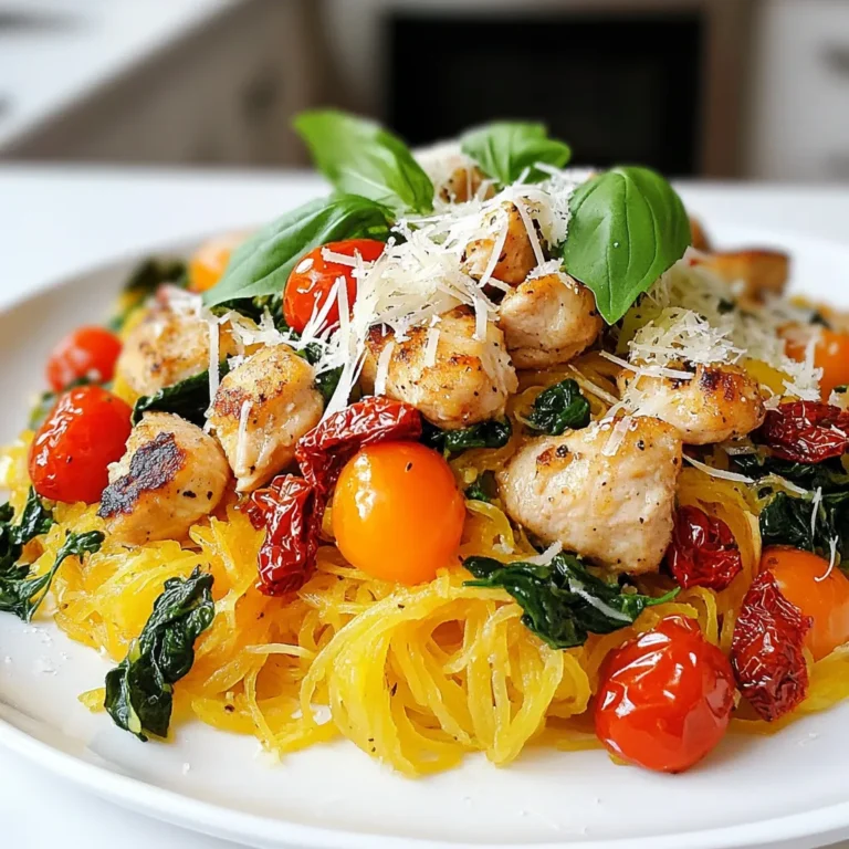 - 1 mittelgroßer Spaghetti-Kürbis - 2 Hähnchenbrustfilets - 1 Tasse Kirschtomaten, halbiert - 1 Tasse frischer Spinat Die Hauptzutaten bilden die Basis für den Geschmack. Der Spaghetti-Kürbis ist die perfekte, gesunde Alternative zu Pasta. Die Hähnchenbrustfilets geben dir Protein und machen das Gericht sättigend. Kirschtomaten bringen Süße, während frischer Spinat eine nahrhafte Farbe und Textur hinzufügt. - 2 Esslöffel Olivenöl - 1 Teelöffel getrockneter Oregano - 1 Teelöffel getrocknetes Basilikum Die Gewürze und Öle sind wichtig für den Geschmack. Olivenöl sorgt für eine leichte, frische Note. Oregano und Basilikum bringen die Aromen der Toskana direkt in deine Küche. Diese Gewürze sind einfach zu finden und geben dem Gericht eine tolle Tiefe. - ½ Tasse geriebener Parmesan - Frisches Basilikum zur Garnitur Käse macht alles besser. Der geriebene Parmesan schmilzt und verbindet die Zutaten. Frisches Basilikum als Garnitur ist nicht nur schön, sondern verstärkt auch den Geschmack. Es bringt Frische und Farbe auf den Teller. {{ingredient_image_2}} Zuerst heizen Sie den Ofen auf 200 °C vor. Nehmen Sie den Spaghetti-Kürbis und schneiden Sie ihn der Länge nach in zwei Hälften. Entfernen Sie die Kerne mit einem Löffel. Beträufeln Sie die Schnittflächen mit 1 Esslöffel Olivenöl. Würzen Sie den Kürbis großzügig mit Salz und Pfeffer. Legen Sie die Hälften mit der Schnittfläche nach unten auf ein Backblech. Rösten Sie den Kürbis 30-35 Minuten lang. Er ist fertig, wenn das Fruchtfleisch zart ist und sich leicht mit einer Gabel zerteilen lässt. Würzen Sie die Hähnchenbrustfilets mit Salz, Pfeffer und 1 Teelöffel Olivenöl. Erhitzen Sie eine Pfanne bei mittlerer bis hoher Hitze. Fügen Sie das Hähnchen hinzu und braten Sie es etwa 6-7 Minuten pro Seite. Es sollte durchgegart sein und eine goldene Farbe haben. Nehmen Sie das Hähnchen aus der Pfanne und lassen Sie es einige Minuten ruhen. Schneiden Sie es dann in kleine Stücke. In derselben Pfanne fügen Sie den fein gehackten Knoblauch hinzu. Braten Sie ihn 30 Sekunden lang an, bis er duftet. Geben Sie die halbierten Kirschtomaten und den frischen Spinat dazu. Kochen Sie alles unter gelegentlichem Rühren, bis der Spinat verwelkt und die Tomaten weich sind. Das dauert etwa 3-4 Minuten. Rühren Sie den getrockneten Oregano und das Basilikum ein. Fügen Sie die geschnittenen Hähnchenstücke hinzu und vermischen Sie alles gut. Sobald der Spaghetti-Kürbis fertig ist, verwenden Sie eine Gabel, um das Fruchtfleisch in spaghettiähnliche Stränge zu zerteilen. Geben Sie diese Stränge in die Pfanne zu Hähnchen und Gemüse. Schwenken Sie alles zusammen, damit der Kürbis gut mit den anderen Zutaten vermischt wird. Streuen Sie den geriebenen Parmesan darüber und lassen Sie ihn leicht schmelzen. Servieren Sie das Gericht heiß, garniert mit frischem Basilikum. - Wie man den perfekten Kürbis röstet Um den besten Spaghetti-Kürbis zu rösten, heize deinen Ofen auf 200 °C vor. Halbiere den Kürbis und entferne die Kerne. Beträufle die Schnittflächen mit Olivenöl. Würze mit Salz und Pfeffer. Lege ihn mit der Schnittfläche nach unten auf ein Backblech. Röste ihn 30 bis 35 Minuten, bis das Fruchtfleisch zart ist. Mit einer Gabel kannst du dann die spaghettiartigen Stränge leicht herauskratzen. - Hähnchen saftig halten Um das Hähnchen saftig zu halten, würze es vor dem Braten. Nutze Salz, Pfeffer und etwas Olivenöl. Brate das Hähnchen in einer heißen Pfanne, aber überhitze es nicht. Brate es etwa 6 bis 7 Minuten pro Seite. Lass das Hähnchen nach dem Braten einige Minuten ruhen. So bleibt der Saft im Fleisch. - Garniturideen Für eine ansprechende Garnitur verwende frisches Basilikum. Zerkleinere die Blätter und streue sie über das Gericht. Du kannst auch etwas geriebenen Parmesan darüber geben, um dem Gericht einen schönen, cremigen Touch zu verleihen. - Servierempfehlungen Serviere das Gericht heiß in tiefen Tellern. Achte darauf, die Spaghetti-Kürbis-Stränge gut mit dem Hähnchen und Gemüse zu mischen. Eine schöne Präsentation macht das Essen noch angenehmer. - Nützliche Geräte für die Zubereitung Ein scharfes Messer ist wichtig, um den Kürbis zu schneiden. Verwende eine große Backform für den Ofen. Eine Pfanne mit Antihaftbeschichtung hilft beim Braten des Hähnchens. - Praktische Utensilien Nutze eine Gabel zum Zerteilen des Kürbisses in Spaghetti-ähnliche Stränge. Ein Holzlöffel hilft beim Mischen der Zutaten in der Pfanne. Diese einfachen Werkzeuge machen das Kochen leichter und schneller. Pro Tipps Den perfekten Kürbis auswählen: Achten Sie darauf, einen festen und schweren Spaghetti-Kürbis zu wählen, der eine gleichmäßige gelbe Farbe hat. Dies stellt sicher, dass der Kürbis süß und vollmundig ist. Hähnchen zart halten: Lassen Sie das Hähnchen nach dem Braten einige Minuten ruhen, bevor Sie es schneiden. So bleibt das Fleisch saftig und zart. Mehr Geschmack hinzufügen: Experimentieren Sie mit frischen Kräutern wie Rosmarin oder Thymian für zusätzlichen Geschmack. Diese Kräuter passen hervorragend zu Hähnchen und Gemüse. Servieren Sie kreativ: Garnieren Sie das Gericht nicht nur mit frischem Basilikum, sondern auch mit gerösteten Pinienkernen oder einem Spritzer Balsamico-Reduktion für eine besondere Note. {{image_4}} - Ersatz für Hähnchen: Du kannst das Hähnchen durch Tofu oder Kichererbsen ersetzen. Diese Optionen bieten viel Protein und passen gut zu den anderen Zutaten. - Weitere Gemüsesorten hinzufügen: Probiere Zucchini, Paprika oder Pilze. Diese Gemüsesorten sorgen für mehr Geschmack und Farbe. - Scharfe Zutaten integrieren: Für mehr Würze füge rote Paprika oder Chili-Flocken hinzu. Das gibt dem Gericht einen tollen Kick. - Kräuter und Gewürze anpassen: Experimentiere mit frischen Kräutern wie Thymian oder Rosmarin. Diese Kräuter verleihen dem Gericht ein neues Aroma. - Blitzschnelle Zubereitungstipps: Nutze vorgekochte Hähnchenstücke oder fertige Soßen. Das spart Zeit und macht das Kochen einfacher. - Vorbereitete Zutaten verwenden: Kaufen Sie geschnittenes Gemüse oder vorbereiteten Spaghetti-Kürbis. So hast du weniger Arbeit und mehr Zeit zum Genießen. Wenn Sie Reste von Ihrem Tuscan Chicken Spaghetti Squash haben, lagern Sie sie richtig. - Kühlschranklagerung: Geben Sie die Reste in einen luftdichten Behälter. So bleibt das Gericht frisch. Stellen Sie sicher, dass der Behälter gut verschlossen ist. Bewahren Sie die Reste im Kühlschrank auf. - Haltbarkeit der Reste: Die Reste bleiben bis zu drei Tage frisch. Überprüfen Sie die Reste vor dem Essen auf Geruch oder Veränderungen. Manchmal bleibt etwas übrig, und das ist in Ordnung! - Freeze-Tipps und Methoden: Teilen Sie das Gericht in Portionen auf. Verwenden Sie gefriergeeignete Behälter oder Beutel. Lassen Sie etwas Platz, da das Essen beim Einfrieren expandiert. - Aufwärmempfehlungen: Zum Aufwärmen nehmen Sie das Gericht aus dem Gefrierfach. Lassen Sie es über Nacht im Kühlschrank auftauen. Erwärmen Sie es dann in der Mikrowelle oder im Ofen, bis es heiß ist. Es gibt viele kreative Wege, Reste zu nutzen. - Rezepte für Reste nutzen: Verwenden Sie die Reste für einen Salat oder eine Wrap-Füllung. Fügen Sie frische Zutaten hinzu, um neue Gerichte zu kreieren. - Kreative Anwendungen: Mischen Sie die Reste mit Eiern für ein schnelles Frühstück. Sie können auch eine Suppe oder einen Auflauf daraus machen. Die Zubereitung dauert etwa 15 Minuten. Das Kochen braucht insgesamt 55 Minuten. So sind Sie in weniger als einer Stunde fertig. Diese Zeit umfasst das Rösten des Kürbisses und das Braten des Hähnchens. Ja, Sie können den Spaghetti-Kürbis im Voraus zubereiten. Rosten Sie den Kürbis einfach und lagern Sie ihn im Kühlschrank. Er bleibt frisch für bis zu drei Tage. Wenn Sie bereit sind, ihn zu verwenden, wärmen Sie ihn einfach auf. So sparen Sie Zeit, wenn Sie das Gericht zubereiten. Für Beilagen empfehle ich einen frischen Salat oder geröstetes Gemüse. Diese passen gut zum Gericht. Sie können auch knuspriges Brot servieren, um die Saucen aufzusaugen. Zu Tuscan Chicken Spaghetti Squash passen Weißweine wie Pinot Grigio oder Sauvignon Blanc. Diese Weine ergänzen die Aromen des Gerichts gut. Wenn Sie etwas Alkoholfreies suchen, probieren Sie Sprudelwasser mit Zitrone. In diesem Blogbeitrag haben wir schmackhafte Rezepte mit Spaghetti-Kürbis erkundet. Wir haben wichtige Zutaten wie Hähnchen, Tomaten und Gewürze besprochen. Auch Tipps für die Zubereitung und Präsentation waren dabei. Denke daran, dass du Variationen ausprobieren kannst, um das Gericht nach deinem Geschmack anzupassen. Am Ende ist Tuscan Chicken Spaghetti Squash ein flexibles Gericht. Perfekt für einfache Familienessen oder besondere Anlässe. Lass deiner Kreativität freien Lauf und genieße dein köstliches Gericht!