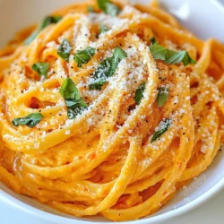 - 340 g (12 oz) Pasta (Penne oder Fusilli) - 2 große rote Paprika - 240 ml Schlagsahne - 50 g geriebener Parmesan Käse Die Hauptzutaten sind einfach und lecker. Du kannst Penne oder Fusilli verwenden. Beide Formen halten die Sauce gut fest. Rote Paprika bringt Süße und Farbe. Schlagsahne macht die Sauce cremig und reichhaltig. Parmesan gibt der Pasta einen herzhaften Geschmack. - 1 Esslöffel Olivenöl - 3 Knoblauchzehen, fein gehackt - 1 Teelöffel italienische Gewürzmischung - Salz und Pfeffer nach Geschmack Die Gewürze machen den Unterschied. Olivenöl fügt gesunde Fette hinzu. Knoblauch bringt ein tolles Aroma. Die italienische Gewürzmischung verbindet die Aromen. Salz und Pfeffer heben den Geschmack hervor. - Frisches Basilikum, gehackt - Zusätzlicher Parmesan Garnierungen machen das Gericht besonders. Frisches Basilikum fügt Frische hinzu. Es sieht auch schön aus. Zusätzlicher Parmesan sorgt für mehr Geschmack und Cremigkeit. So wird deine Pasta richtig einladend. {{ingredient_image_2}} 1. Heize den Ofen auf 220 °C vor. 2. Halbiere die roten Paprika und entferne die Kerne. 3. Lege die Paprika mit der Schnittseite nach unten auf ein Backblech. 4. Beträufle sie mit Olivenöl. 5. Röste die Paprika 25-30 Minuten, bis die Haut verkohlt ist. 6. Lass die Paprika kurz abkühlen. 7. Ziehe die verkohlte Haut ab und schneide die Paprika in Streifen. 1. Bringe in einem großen Topf gesalzenes Wasser zum Kochen. 2. Koche die Pasta nach den Anweisungen auf der Verpackung. 3. Achte darauf, dass die Pasta al dente ist. 4. Bewahre 120 ml des Nudelwassers auf und gieße die Pasta ab. 1. Erhitze in einer großen Pfanne einen Esslöffel Olivenöl bei mittlerer Hitze. 2. Füge die gehackten Knoblauchzehen hinzu und dünste sie für etwa 1 Minute. 3. Gib die gerösteten Paprika in die Pfanne und brate alles für weitere 2 Minuten. 4. Übertrage die Mischung in einen Mixer. 5. Füge die Schlagsahne, den Parmesan, die italienische Gewürzmischung sowie Salz und Pfeffer hinzu. 6. Püriere alles, bis die Sauce glatt und cremig ist. 1. Gieße die pürierte Sauce zurück in die Pfanne. 2. Erwärme sie bei niedriger Hitze. 3. Falls die Sauce zu dick ist, füge etwas vom Nudelwasser hinzu. 4. Gib die gekochte Pasta dazu und mische alles gut. 5. Serviere die Pasta auf Tellern und garniere sie mit frischem Basilikum und extra Parmesan. - Al-dente-Kochen: Achte darauf, die Pasta nur al dente zu kochen. So bleibt sie bissfest. Folge den Anweisungen auf der Packung für die genaue Kochzeit. Ein paar Minuten weniger als angegeben sorgt für das beste Ergebnis. - Nudelwasser aufbewahren: Bevor du die Pasta abgießt, bewahre etwas Nudelwasser auf. Dieses Wasser enthält Stärke, die hilft, die Sauce besser zu binden. Ein paar Esslöffel genügen oft. - Konsistenz variieren: Wenn die Sauce zu dick ist, füge das Nudelwasser hinzu. So erhältst du die gewünschte cremige Konsistenz. Du kannst auch mehr Schlagsahne verwenden, um die Sauce reichhaltiger zu machen. - Gewürze nach Geschmack hinzufügen: Experimentiere mit den Gewürzen! Du kannst mehr italienische Gewürzmischung verwenden oder frische Kräuter wie Oregano und Thymian hinzufügen. Salz und Pfeffer sind ein Muss, aber auch Chili für etwas Schärfe ist möglich. - Dekorieren mit Basilikum: Ein paar frische Basilikumblätter machen das Gericht lebendig. Lege sie direkt vor dem Servieren auf die Pasta. Sie bringen Frische und Farbe. - Serviervorschläge: Serviere die Pasta in tiefen Tellern. Ein zusätzlicher Hauch von geriebenem Parmesan oben drauf macht das Gericht noch köstlicher. Ein wenig extra Olivenöl kann das Aroma abrunden. Pro Tipps Rösten für mehr Geschmack: Das Rösten der Paprika intensiviert ihren Geschmack und verleiht der Sauce eine wunderbare Tiefe. Achten Sie darauf, die Paprika bis zur perfekten Verkohlung zu rösten. Pasta al dente kochen: Kochen Sie die Pasta nur bis sie al dente ist, damit sie beim Mischen mit der Sauce nicht matschig wird. Dies sorgt für die perfekte Textur. Schlagsahne ersetzen: Wenn Sie eine leichtere Variante wünschen, können Sie die Schlagsahne durch griechischen Joghurt oder eine pflanzliche Sahnealternative ersetzen. Mit frischen Kräutern anrichten: Frisches Basilikum bringt nicht nur Farbe ins Gericht, sondern fügt auch eine frische Note hinzu. Fügen Sie es kurz vor dem Servieren hinzu. {{image_4}} Um deine cremige Pasta noch bunter zu machen, füge einfach mehr Gemüse hinzu. Du kannst Zucchini, Spinat oder Pilze verwenden. Diese Gemüsesorten passen gut zur Sauce. Für eine vegane Variante ersetze die Schlagsahne durch vegane Sahne. Diese hat einen ähnlichen Geschmack und macht die Sauce cremig. Wenn du mehr Protein in deine Pasta bringen möchtest, kannst du Hähnchen oder Garnelen hinzufügen. Koche das Fleisch oder die Meeresfrüchte separat und mische sie dann mit der Sauce. Eine andere Option ist, verschiedene Käsesorten zu verwenden. Feta oder Mozzarella geben der Pasta einen neuen Geschmack. Möchtest du es schärfer? Füge scharfe Paprika oder Chili zu deiner Sauce hinzu. Das gibt der Pasta einen aufregenden Kick. Du kannst auch verschiedene Kräuter verwenden. Thymian, Oregano oder Petersilie bringen frische Aromen in dein Gericht. Experimentiere mit diesen Variationen, um deine perfekte Pasta zu finden! Nach dem Genuss der cremigen Pasta mit gerösteten Paprika sind Reste oft übrig. Du kannst die Reste einfach im Kühlschrank aufbewahren. Lege die Pasta in einen luftdichten Behälter. So bleibt sie frisch. Du solltest sie innerhalb von drei Tagen verbrauchen. Für eine längere Lagerung kannst du die Pasta auch einfrieren. Fülle die abgekühlte Pasta in einen gefrierfesten Behälter. Vergiss nicht, die Luft herauszudrücken. So bleibt die Pasta bis zu drei Monate haltbar. Wenn du die Pasta aufwärmen möchtest, gibt es einige gute Methoden. Du kannst die Pasta in der Mikrowelle aufwärmen. Stelle die Mikrowelle auf mittlere Hitze ein. Decke die Pasta mit einem feuchten Papiertuch ab. So bleibt sie feucht und lecker. Eine andere Methode ist, die Pasta in einer Pfanne zu erwärmen. Füge etwas Wasser oder Brühe hinzu. Das hilft, die Pasta cremig zu halten. Rühre die Pasta gut um, bis sie heiß ist. Die Haltbarkeit der Pasta ist wichtig zu wissen. Im Kühlschrank bleibt die Pasta etwa drei Tage frisch. Im Gefrierfach kannst du sie bis zu drei Monate aufbewahren. Achte darauf, sie gut zu verpacken. So bleibt die Qualität erhalten. Um die Sauce dicker zu machen, gibt es ein paar Methoden. Eine einfache Möglichkeit ist, mehr Parmesan hinzuzufügen. Der Käse bringt nicht nur Geschmack, sondern hilft auch, die Sauce zu binden. Wenn Sie die Sauce noch dicker wollen, können Sie auch etwas weniger Sahne verwenden. Eine andere Methode ist, die Sauce länger zu köcheln. Dadurch verdampft etwas Flüssigkeit und sie wird dicker. Ja, Sie können die Paprika auch grillen! Das Grillen bringt einen tollen Geschmack hervor. Schneiden Sie die Paprika in Hälften und entfernen Sie die Kerne. Legen Sie sie mit der Schnittseite nach unten auf den Grill. Grillen Sie sie, bis die Haut blasen wirft und leicht verkohlt ist. Dies dauert etwa 10 bis 15 Minuten. Danach die Haut abziehen und wie gewohnt weiterverarbeiten. Für dieses Gericht sind Penne und Fusilli die besten Optionen. Penne hat eine schöne Form und hält die Sauce gut fest. Fusilli hat viele Windungen, die die Sauce ebenfalls gut festhalten. Sie können auch andere Sorten wie Farfalle oder Rigatoni wählen, wenn Sie möchten. Achten Sie darauf, die Pasta al dente zu kochen, damit sie nicht matschig wird. Ja, Sie können auch glutenfreie Pasta verwenden! Heute gibt es viele glutenfreie Optionen aus Reis, Mais oder Hülsenfrüchten. Diese Sorten kochen ähnlich wie normale Pasta. Überprüfen Sie die Verpackung für die besten Ergebnisse. Achten Sie darauf, die glutenfreie Pasta nicht zu lange zu kochen, da sie schneller weich wird. Diese cremige Pasta ist einfach zuzubereiten und voller Geschmack. Wir haben die Hauptzutaten, wie Pasta, Paprika und Sahne, durch eine Schritt-für-Schritt-Anleitung ergänzt. Die Tipps helfen Ihnen, bessere Ergebnisse zu erzielen. Variationen zeigen, wie flexibel das Rezept ist. Auch die besten Lagerungstipps sind dabei. Kochen kann Spaß machen und gleichzeitig die Sinne erfreuen. Experimentieren Sie mit verschiedenen Zutaten. Jeder Biss bringt Freude und Zufriedenheit. Ihr nächstes Dinner wird ein Hit!