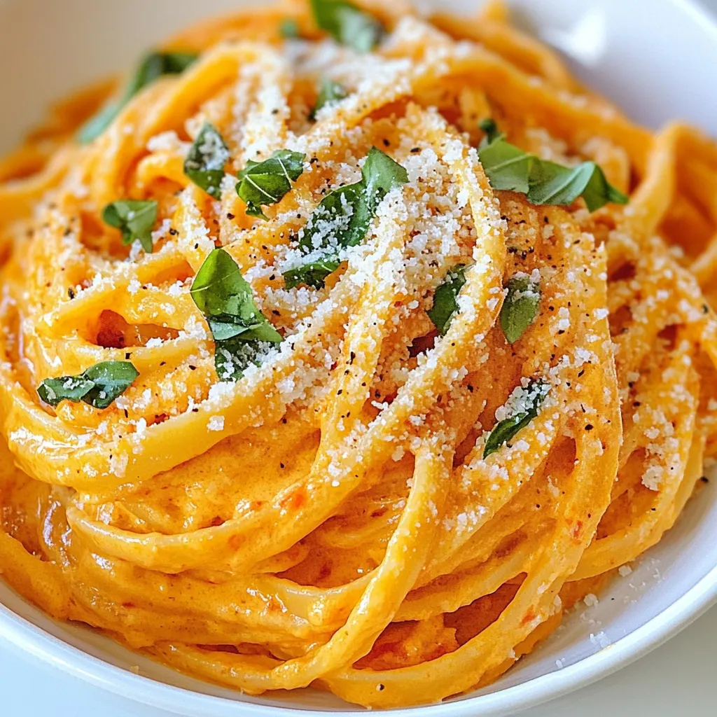 - 340 g (12 oz) Pasta (Penne oder Fusilli) - 2 große rote Paprika - 240 ml Schlagsahne - 50 g geriebener Parmesan Käse Die Hauptzutaten sind einfach und lecker. Du kannst Penne oder Fusilli verwenden. Beide Formen halten die Sauce gut fest. Rote Paprika bringt Süße und Farbe. Schlagsahne macht die Sauce cremig und reichhaltig. Parmesan gibt der Pasta einen herzhaften Geschmack. - 1 Esslöffel Olivenöl - 3 Knoblauchzehen, fein gehackt - 1 Teelöffel italienische Gewürzmischung - Salz und Pfeffer nach Geschmack Die Gewürze machen den Unterschied. Olivenöl fügt gesunde Fette hinzu. Knoblauch bringt ein tolles Aroma. Die italienische Gewürzmischung verbindet die Aromen. Salz und Pfeffer heben den Geschmack hervor. - Frisches Basilikum, gehackt - Zusätzlicher Parmesan Garnierungen machen das Gericht besonders. Frisches Basilikum fügt Frische hinzu. Es sieht auch schön aus. Zusätzlicher Parmesan sorgt für mehr Geschmack und Cremigkeit. So wird deine Pasta richtig einladend. {{ingredient_image_2}} 1. Heize den Ofen auf 220 °C vor. 2. Halbiere die roten Paprika und entferne die Kerne. 3. Lege die Paprika mit der Schnittseite nach unten auf ein Backblech. 4. Beträufle sie mit Olivenöl. 5. Röste die Paprika 25-30 Minuten, bis die Haut verkohlt ist. 6. Lass die Paprika kurz abkühlen. 7. Ziehe die verkohlte Haut ab und schneide die Paprika in Streifen. 1. Bringe in einem großen Topf gesalzenes Wasser zum Kochen. 2. Koche die Pasta nach den Anweisungen auf der Verpackung. 3. Achte darauf, dass die Pasta al dente ist. 4. Bewahre 120 ml des Nudelwassers auf und gieße die Pasta ab. 1. Erhitze in einer großen Pfanne einen Esslöffel Olivenöl bei mittlerer Hitze. 2. Füge die gehackten Knoblauchzehen hinzu und dünste sie für etwa 1 Minute. 3. Gib die gerösteten Paprika in die Pfanne und brate alles für weitere 2 Minuten. 4. Übertrage die Mischung in einen Mixer. 5. Füge die Schlagsahne, den Parmesan, die italienische Gewürzmischung sowie Salz und Pfeffer hinzu. 6. Püriere alles, bis die Sauce glatt und cremig ist. 1. Gieße die pürierte Sauce zurück in die Pfanne. 2. Erwärme sie bei niedriger Hitze. 3. Falls die Sauce zu dick ist, füge etwas vom Nudelwasser hinzu. 4. Gib die gekochte Pasta dazu und mische alles gut. 5. Serviere die Pasta auf Tellern und garniere sie mit frischem Basilikum und extra Parmesan. - Al-dente-Kochen: Achte darauf, die Pasta nur al dente zu kochen. So bleibt sie bissfest. Folge den Anweisungen auf der Packung für die genaue Kochzeit. Ein paar Minuten weniger als angegeben sorgt für das beste Ergebnis. - Nudelwasser aufbewahren: Bevor du die Pasta abgießt, bewahre etwas Nudelwasser auf. Dieses Wasser enthält Stärke, die hilft, die Sauce besser zu binden. Ein paar Esslöffel genügen oft. - Konsistenz variieren: Wenn die Sauce zu dick ist, füge das Nudelwasser hinzu. So erhältst du die gewünschte cremige Konsistenz. Du kannst auch mehr Schlagsahne verwenden, um die Sauce reichhaltiger zu machen. - Gewürze nach Geschmack hinzufügen: Experimentiere mit den Gewürzen! Du kannst mehr italienische Gewürzmischung verwenden oder frische Kräuter wie Oregano und Thymian hinzufügen. Salz und Pfeffer sind ein Muss, aber auch Chili für etwas Schärfe ist möglich. - Dekorieren mit Basilikum: Ein paar frische Basilikumblätter machen das Gericht lebendig. Lege sie direkt vor dem Servieren auf die Pasta. Sie bringen Frische und Farbe. - Serviervorschläge: Serviere die Pasta in tiefen Tellern. Ein zusätzlicher Hauch von geriebenem Parmesan oben drauf macht das Gericht noch köstlicher. Ein wenig extra Olivenöl kann das Aroma abrunden. Pro Tipps Rösten für mehr Geschmack: Das Rösten der Paprika intensiviert ihren Geschmack und verleiht der Sauce eine wunderbare Tiefe. Achten Sie darauf, die Paprika bis zur perfekten Verkohlung zu rösten. Pasta al dente kochen: Kochen Sie die Pasta nur bis sie al dente ist, damit sie beim Mischen mit der Sauce nicht matschig wird. Dies sorgt für die perfekte Textur. Schlagsahne ersetzen: Wenn Sie eine leichtere Variante wünschen, können Sie die Schlagsahne durch griechischen Joghurt oder eine pflanzliche Sahnealternative ersetzen. Mit frischen Kräutern anrichten: Frisches Basilikum bringt nicht nur Farbe ins Gericht, sondern fügt auch eine frische Note hinzu. Fügen Sie es kurz vor dem Servieren hinzu. {{image_4}} Um deine cremige Pasta noch bunter zu machen, füge einfach mehr Gemüse hinzu. Du kannst Zucchini, Spinat oder Pilze verwenden. Diese Gemüsesorten passen gut zur Sauce. Für eine vegane Variante ersetze die Schlagsahne durch vegane Sahne. Diese hat einen ähnlichen Geschmack und macht die Sauce cremig. Wenn du mehr Protein in deine Pasta bringen möchtest, kannst du Hähnchen oder Garnelen hinzufügen. Koche das Fleisch oder die Meeresfrüchte separat und mische sie dann mit der Sauce. Eine andere Option ist, verschiedene Käsesorten zu verwenden. Feta oder Mozzarella geben der Pasta einen neuen Geschmack. Möchtest du es schärfer? Füge scharfe Paprika oder Chili zu deiner Sauce hinzu. Das gibt der Pasta einen aufregenden Kick. Du kannst auch verschiedene Kräuter verwenden. Thymian, Oregano oder Petersilie bringen frische Aromen in dein Gericht. Experimentiere mit diesen Variationen, um deine perfekte Pasta zu finden! Nach dem Genuss der cremigen Pasta mit gerösteten Paprika sind Reste oft übrig. Du kannst die Reste einfach im Kühlschrank aufbewahren. Lege die Pasta in einen luftdichten Behälter. So bleibt sie frisch. Du solltest sie innerhalb von drei Tagen verbrauchen. Für eine längere Lagerung kannst du die Pasta auch einfrieren. Fülle die abgekühlte Pasta in einen gefrierfesten Behälter. Vergiss nicht, die Luft herauszudrücken. So bleibt die Pasta bis zu drei Monate haltbar. Wenn du die Pasta aufwärmen möchtest, gibt es einige gute Methoden. Du kannst die Pasta in der Mikrowelle aufwärmen. Stelle die Mikrowelle auf mittlere Hitze ein. Decke die Pasta mit einem feuchten Papiertuch ab. So bleibt sie feucht und lecker. Eine andere Methode ist, die Pasta in einer Pfanne zu erwärmen. Füge etwas Wasser oder Brühe hinzu. Das hilft, die Pasta cremig zu halten. Rühre die Pasta gut um, bis sie heiß ist. Die Haltbarkeit der Pasta ist wichtig zu wissen. Im Kühlschrank bleibt die Pasta etwa drei Tage frisch. Im Gefrierfach kannst du sie bis zu drei Monate aufbewahren. Achte darauf, sie gut zu verpacken. So bleibt die Qualität erhalten. Um die Sauce dicker zu machen, gibt es ein paar Methoden. Eine einfache Möglichkeit ist, mehr Parmesan hinzuzufügen. Der Käse bringt nicht nur Geschmack, sondern hilft auch, die Sauce zu binden. Wenn Sie die Sauce noch dicker wollen, können Sie auch etwas weniger Sahne verwenden. Eine andere Methode ist, die Sauce länger zu köcheln. Dadurch verdampft etwas Flüssigkeit und sie wird dicker. Ja, Sie können die Paprika auch grillen! Das Grillen bringt einen tollen Geschmack hervor. Schneiden Sie die Paprika in Hälften und entfernen Sie die Kerne. Legen Sie sie mit der Schnittseite nach unten auf den Grill. Grillen Sie sie, bis die Haut blasen wirft und leicht verkohlt ist. Dies dauert etwa 10 bis 15 Minuten. Danach die Haut abziehen und wie gewohnt weiterverarbeiten. Für dieses Gericht sind Penne und Fusilli die besten Optionen. Penne hat eine schöne Form und hält die Sauce gut fest. Fusilli hat viele Windungen, die die Sauce ebenfalls gut festhalten. Sie können auch andere Sorten wie Farfalle oder Rigatoni wählen, wenn Sie möchten. Achten Sie darauf, die Pasta al dente zu kochen, damit sie nicht matschig wird. Ja, Sie können auch glutenfreie Pasta verwenden! Heute gibt es viele glutenfreie Optionen aus Reis, Mais oder Hülsenfrüchten. Diese Sorten kochen ähnlich wie normale Pasta. Überprüfen Sie die Verpackung für die besten Ergebnisse. Achten Sie darauf, die glutenfreie Pasta nicht zu lange zu kochen, da sie schneller weich wird. Diese cremige Pasta ist einfach zuzubereiten und voller Geschmack. Wir haben die Hauptzutaten, wie Pasta, Paprika und Sahne, durch eine Schritt-für-Schritt-Anleitung ergänzt. Die Tipps helfen Ihnen, bessere Ergebnisse zu erzielen. Variationen zeigen, wie flexibel das Rezept ist. Auch die besten Lagerungstipps sind dabei. Kochen kann Spaß machen und gleichzeitig die Sinne erfreuen. Experimentieren Sie mit verschiedenen Zutaten. Jeder Biss bringt Freude und Zufriedenheit. Ihr nächstes Dinner wird ein Hit!