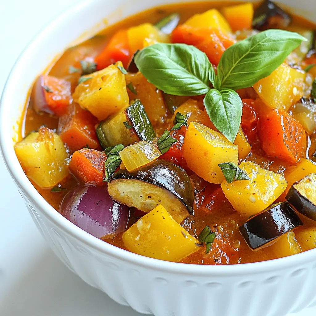 Die Röstgemüse-Suppe ist voll mit frischem Gemüse. Hier sind die Hauptzutaten, die du brauchst: - 1 rote Paprika, gewürfelt - 1 gelbe Paprika, gewürfelt - 1 Zucchini, gewürfelt - 1 kleine Aubergine, gewürfelt - 2 Karotten, in Scheiben geschnitten - 1 rote Zwiebel, geviertelt - 4 Knoblauchzehen, ganz Diese Zutaten geben der Suppe eine schöne Farbe und viel Geschmack. Das Gemüse wird im Ofen geröstet. So entwickelt es süße und rauchige Aromen, die die Suppe lecker machen. Die Gewürze und Öle sind wichtig für den Geschmack. Hier sind die, die du brauchst: - 2 Esslöffel Olivenöl - 1 Teelöffel getrockneter Thymian - 1 Teelöffel geräuchertes Paprikapulver - Salz und Pfeffer nach Geschmack Olivenöl hilft, das Gemüse zu röstet und gibt einen feinen Geschmack. Thymian und geräuchertes Paprikapulver bringen die Aromen zusammen. Salz und Pfeffer runden alles ab. Für die Suppe brauchst du auch Brühe und eine schöne Garnitur: - 6 Tassen Gemüsebrühe - Frisches Basilikum zur Garnitur Die Gemüsebrühe macht die Suppe schön cremig und gibt ihr einen tiefen Geschmack. Frisches Basilikum ist die perfekte Garnitur. Es sorgt für einen frischen Kick und sieht zudem toll aus. {{ingredient_image_2}} Heize deinen Ofen auf 200°C vor. Lege ein Backblech mit Backpapier aus. Jetzt kommt das Gemüse. Nimm die rote und gelbe Paprika. Würfle sie in kleine Stücke. Schneide die Zucchini und die Aubergine ebenfalls in Würfel. Die Karotten schneidest du in Scheiben. Viertel die rote Zwiebel. Lass die Knoblauchzehen ganz. Verteile alles gleichmäßig auf dem Backblech. Träufle 2 Esslöffel Olivenöl über das Gemüse. Bestreue es mit 1 Teelöffel getrocknetem Thymian und 1 Teelöffel geräuchertem Paprikapulver. Füge Salz und Pfeffer nach Geschmack hinzu. Vermenge alles gut, bis das Gemüse gleichmäßig bedeckt ist. Röste das Gemüse im Ofen für 25 bis 30 Minuten. Rühre die Mischung nach 15 Minuten um. So gart alles gleichmäßig. Nimm das Backblech aus dem Ofen. Gib das geröstete Gemüse in einen großen Topf. Füge 6 Tassen Gemüsebrühe hinzu. Bringe die Mischung bei mittlerer Hitze zum Kochen. Reduziere die Hitze und lasse die Suppe 10 Minuten köcheln. So vermischen sich die Aromen gut. Jetzt kommt der spaßige Teil. Nimm einen Stabmixer oder einen Standmixer. Püriere die Suppe, bis sie glatt ist. Bei Verwendung eines Standmixers püriere eventuell in mehreren Portionen. Schmecke die Suppe ab und füge nach Bedarf mehr Salz und Pfeffer hinzu. Garnieren kannst du die Suppe mit frischem Basilikum. Um die besten Röstergebnisse zu erzielen, ist die Temperatur wichtig. Heizen Sie den Ofen auf 200°C vor. Dies hilft, das Gemüse gleichmäßig zu garen. Rösten Sie das Gemüse 25 bis 30 Minuten lang. Vergessen Sie nicht, es nach der Hälfte der Zeit umzurühren. So wird alles schön knusprig. Die Verwendung von verschiedenen Kräutern und Gewürzen kann den Geschmack stark verändern. Fügen Sie frischen Rosmarin oder Oregano hinzu, um mehr Tiefe zu bekommen. Ein Spritzer Zitronensaft kann auch frische Noten bringen. Experimentieren Sie mit Ihren Lieblingsgewürzen, um neue Aromen zu entdecken. Für vegetarische oder vegane Varianten verwenden Sie einfach Gemüsebrühe ohne tierische Produkte. Alle Zutaten sind bereits pflanzlich. Sie können auch Hülsenfrüchte hinzufügen, um die Suppe proteinreicher zu machen. Ein Schuss pflanzliche Sahne kann die Suppe cremiger machen, wenn gewünscht. Pro Tipps Gemüse gleichmäßig schneiden: Achten Sie darauf, dass alle Gemüsestücke gleich groß sind, damit sie gleichmäßig garen und die Aromen harmonisch zusammenkommen. Variationen der Brühe: Experimentieren Sie mit verschiedenen Gemüsebrühen oder fügen Sie etwas Kokosmilch hinzu, um der Suppe eine cremige Textur und einen einzigartigen Geschmack zu verleihen. Frische Kräuter verwenden: Frische Kräuter wie Koriander oder Petersilie können die Suppe aufpeppen und ihr einen frischen, aromatischen Kick geben. Vorrat für die Zukunft: Bereiten Sie eine größere Menge vor und frieren Sie die Suppe in Portionen ein. So haben Sie immer eine gesunde Mahlzeit zur Hand. {{image_4}} Du kannst die Röstgemüse-Suppe anpassen. Füge neue Gemüse hinzu, um den Geschmack zu variieren. Probiere Brokkoli, Blumenkohl oder Kürbis. Diese Gemüsesorten bringen neue Texturen und Aromen. Schneide sie in gleichmäßige Stücke, damit sie gleichmäßig garen. Wenn du mehr Farbe möchtest, füge auch grüne Bohnen oder rote Rüben hinzu. Möchtest du die Suppe nahrhafter machen? Dann füge Hülsenfrüchte hinzu. Kichererbsen oder Linsen sind eine tolle Wahl. Sie bringen viel Protein und Ballaststoffe. Du kannst auch Tofu verwenden. Schneide ihn in kleine Würfel und brate ihn vorher an. Das gibt der Suppe eine zusätzliche Dimension und macht sie sättigender. Eine cremige Suppe ist immer ein Hit. Du kannst Sahne oder pflanzliche Alternativen wie Kokosmilch verwenden. Füge die Sahne kurz vor dem Pürieren hinzu. So wird die Suppe schön cremig und reichhaltig. Wenn du eine leichtere Variante möchtest, benutze ungesüßte Mandelmilch oder Hafercreme. Das macht die Suppe auch vegan. Um die Röstgemüse-Suppe frisch zu halten, kühlen Sie sie nach dem Kochen schnell ab. Füllen Sie die Suppe in luftdichte Behälter. Stellen Sie sicher, dass die Behälter gut verschlossen sind. Im Kühlschrank bleibt die Suppe bis zu fünf Tage genießbar. Achten Sie darauf, die Suppe vor dem Servieren gut zu erhitzen. Möchten Sie die Suppe für später aufbewahren? Frieren Sie sie in Portionen ein. Verwenden Sie geeignete, gefrierfeste Behälter. Lassen Sie etwas Platz, da sich die Suppe beim Einfrieren ausdehnt. Zum Auftauen stellen Sie die gefrorene Suppe einfach über Nacht in den Kühlschrank. Erhitzen Sie sie dann auf dem Herd oder in der Mikrowelle. Die Haltbarkeit der Röstgemüse-Suppe ist beeindruckend. Im Kühlschrank bleibt sie bis zu fünf Tage frisch. Im Gefrierfach kann sie bis zu drei Monate aufbewahrt werden. Nach dem Auftauen sollten Sie die Suppe innerhalb von drei Tagen verbrauchen. Achten Sie auf Geruch und Aussehen, um die Frische zu überprüfen. Die Zubereitung der Röstgemüse-Suppe dauert insgesamt 45 Minuten. Die Vorbereitungszeit beträgt etwa 15 Minuten. Das Rösten des Gemüses im Ofen dauert 25-30 Minuten. Danach köchelt die Suppe weitere 10 Minuten. Diese kurze Zeit gibt dir eine köstliche und nahrhafte Mahlzeit. Ja, du kannst das Rezept leicht anpassen! Hier sind einige Tipps: - Gemüse: Verwende dein Lieblingsgemüse. Zucchini und Aubergine sind flexibel. - Kräuter: Probiere frische Kräuter wie Petersilie oder Koriander. - Diäten: Für vegane Optionen lasse die Brühe pflanzlich sein. - Gewürze: Füge mehr Gewürze hinzu, um den Geschmack zu verändern. Es gibt viele tolle Beilagen zur Röstgemüse-Suppe: - Brot: Serviere frisches Baguette oder knuspriges Ciabatta. - Salat: Ein einfacher grüner Salat passt gut dazu. - Käse: Streue etwas Parmesan oder Feta über die Suppe für mehr Geschmack. - Croutons: Knusprige Croutons verleihen der Suppe eine tolle Textur. Zusammenfassend bietet dieses Rezept eine einfache Anleitung zur Zubereitung einer köstlichen Gemüsesuppe. Wir haben die Hauptzutaten, Gewürze und die richtige Brühe detailliert besprochen. Außerdem lernst du, wie man das Gemüse perfekt röstet und die Suppe richtig püriert. Denke daran, deine Suppe je nach Bedarf anzupassen, sei es für eine bestimmte Diät oder um neue Geschmäcker auszuprobieren. Mit diesen Tipps kannst du leckere Variationen kreieren. Viel Spaß beim Kochen und Genießen!