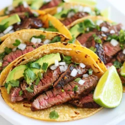 - 900 g Flankensteak - 60 ml Olivenöl - 4 Knoblauchzehen, fein gehackt - 60 ml frischer Limettensaft (ca. 2 Limetten) - 30 ml frischer Orangensaft (ca. 1 Orange) - 2 Teelöffel gemahlener Kreuzkümmel - 2 Teelöffel Chilipulver - 1 Teelöffel geräuchertes Paprikapulver - 1 Teelöffel getrockneter Oregano - Salz und Pfeffer nach Geschmack Ich liebe die einfache Marinade für Carne Asada. Sie bringt viel Geschmack. Die Kombination aus Limettensaft und Orangensaft macht das Steak frisch. Kreuzkümmel und Chilipulver geben einen tollen Kick. Vergessen Sie das Salz und den Pfeffer nicht. Sie bringen die Aromen gut zur Geltung. - Frischer Koriander, gehackt (zur Dekoration) - Maistortillas (zum Servieren) - Beläge: gewürfelte Zwiebeln, gehackter Koriander, Avocadoscheiben und Limettenviertel Diese Garnituren machen das Gericht lebendig. Frischer Koriander sorgt für eine schöne Farbe. Maistortillas sind perfekt, um das Steak einzuwickeln. Die Beläge aus Zwiebeln und Avocado sind ein Muss. Limettenviertel verleihen dem Gericht den letzten Schliff. So wird jeder Biss besonders lecker. {{ingredient_image_2}} Um das Steak richtig zu marinieren, mische ich Olivenöl, Knoblauch, Limettensaft, Orangensaft, Kreuzkümmel, Chilipulver, geräuchertes Paprikapulver, Oregano, Salz und Pfeffer in einer Schüssel. Diese Mischung bringt einen tollen Geschmack. Ich lege das Flankensteak in einen Plastikbeutel und gieße die Marinade darüber. Achte darauf, dass das Steak gut bedeckt ist. Verschließe den Beutel und lege ihn für mindestens 1 Stunde in den Kühlschrank. Für den besten Geschmack lasse ich es bis zu 8 Stunden marinieren. Ich heize den Grill auf hohe Hitze vor. Wenn ich einen Kohlegrill benutze, lasse ich ihn auf etwa 230-260 °C vorheizen. Das ist wichtig für das Grillen. Eine hohe Temperatur sorgt für ein schönes Grillmuster und ein leckeres Aroma. Wenn das Steak mariniert ist, nehme ich es aus dem Beutel und lasse die überschüssige Marinade abtropfen. Dann lege ich das Steak auf den Grill. Je nach Wunsch grille ich es 4-5 Minuten pro Seite für medium-rare. Für gut durchgebraten lasse ich es länger. Ich nutze ein Fleischthermometer, um die Innentemperatur zu prüfen. 130 °F zeigt medium-rare an, während 140 °F medium ist. Nach dem Grillen lasse ich das Steak etwa 10 Minuten ruhen. Das hilft, die Säfte im Steak zu halten. Dann schneide ich es dünn gegen die Faser auf. Die Marinierzeit ist wichtig. Ich empfehle, das Flankensteak mindestens eine Stunde zu marinieren. So zieht der Geschmack gut ein. Für noch besseren Geschmack, marinieren Sie bis zu acht Stunden. Je länger, desto intensiver wird das Aroma. Ein Fleischthermometer ist ein nützliches Werkzeug. Es hilft Ihnen, die perfekte Garstufe zu erreichen. Für medium-rare sollte die Innentemperatur 130 °F (54 °C) betragen. Für medium sind es 140 °F (60 °C). So vermeiden Sie Überkochen und das Steak bleibt saftig. Das Steak ruhen lassen ist ein wichtiger Schritt. Nach dem Grillen sollten Sie es zehn Minuten ruhen lassen. Dies verteilt die Säfte gleichmäßig im Fleisch. Dadurch bleibt das Steak zart und saftig. Vermeiden Sie es, sofort zu schneiden. Warten lohnt sich! Pro Tipps Die richtige Marinierzeit: Marinieren Sie das Steak mindestens 1 Stunde, optimal jedoch bis zu 8 Stunden, um die Aromen vollständig in das Fleisch einzuziehen. Die Grilltemperatur: Stellen Sie sicher, dass Ihr Grill gut vorgeheizt ist, um ein perfektes Grillmuster und eine gleichmäßige Garung zu gewährleisten. Ruhen lassen: Lassen Sie das Steak nach dem Grillen 10 Minuten ruhen, damit sich die Säfte setzen und das Fleisch zart bleibt. Gegen die Faser schneiden: Schneiden Sie das Steak dünn gegen die Faser auf, um die Zartheit zu maximieren und ein besseres Esserlebnis zu bieten. {{image_4}} Wenn du Carne Asada magst, probiere verschiedene Fleischsorten aus. Du kannst Rinderfilet oder Ribeye verwenden. Diese Stücke sind zart und voller Geschmack. Du kannst auch Schweinefleisch oder Hähnchen nehmen. Beide Optionen bringen neue Aromen. Achte darauf, die Marinade entsprechend anzupassen. Die Gewürze sind der Schlüssel zu einem großartigen Geschmack. Du kannst die Mischung nach deinem Geschmack ändern. Zum Beispiel, füge mehr Chilipulver für mehr Schärfe hinzu. Oder verwende frische Kräuter wie Thymian oder Rosmarin. Diese bringen neue Aromen in dein Gericht. Experimentiere mit verschiedenen Gewürzen, um deine perfekte Mischung zu finden. Für glutenfreie Optionen verwende Mais-Tortillas anstelle von Weizen-Tortillas. Wenn du vegan bist, ersetze das Fleisch durch Portobello-Pilze oder Tofu. Marinade funktioniert auch gut mit diesen Zutaten. Grill sie wie das Steak, um die besten Ergebnisse zu erzielen. So kannst du das leckere Aroma von Carne Asada genießen, auch ohne Fleisch. Um die Reste von Carne Asada frisch zu halten, lege sie in einen luftdichten Behälter. Stelle sicher, dass die Reste gut abgekühlt sind, bevor du sie einpackst. So bleiben Geschmack und Textur erhalten. Lagere die Reste im Kühlschrank. Sie sind dort bis zu drei Tage haltbar. Wenn du die Reste einfrieren möchtest, teile sie in Portionen auf und verwende Gefrierbeutel. So kannst du sie bis zu drei Monate aufbewahren. Um Carne Asada wieder aufzuwärmen, kannst du die Mikrowelle oder den Grill verwenden. Wenn du die Mikrowelle nutzt, lege das Steak auf einen Teller und decke es mit einem feuchten Papiertuch ab. Erwärme es in kurzen Abständen von 30 Sekunden, bis es warm ist. Achte darauf, das Steak nicht zu überhitzen. Wenn du den Grill verwendest, erhitze ihn auf mittlere Hitze. Lege das Steak auf den Grill und wende es nach ein paar Minuten. So bleibt es saftig und zart. Mariniertes Steak bleibt im Kühlschrank bis zu fünf Tage frisch. Achte darauf, dass es gut in der Marinade bedeckt ist, um Austrocknung zu verhindern. Wenn du es länger aufbewahren möchtest, friere es ein. Gehe dabei so vor: Lege das Steak in einen Gefrierbeutel mit Marinade und drücke die Luft heraus. So bleibt der Geschmack intensiver und das Steak zart. Carne Asada bedeutet "gegrilltes Fleisch". Es verwendet meist Flankensteak. Fajitas sind eine Art von Gericht, das das Fleisch zusammen mit Gemüse serviert. Das Fleisch für Fajitas wird oft in Streifen geschnitten. Carne Asada wird in dickeren Scheiben serviert. Beide sind lecker, aber die Zubereitung ist unterschiedlich. Um das Steak zart zu machen, marinierst du es. Die Marinade hilft, die Fasern im Fleisch zu brechen. Verwende Olivenöl, Limettensaft und Gewürze. Lass das Steak mindestens eine Stunde marinieren. Du kannst es bis zu acht Stunden marinieren, um mehr Geschmack zu bekommen. Auch das richtige Grillen hilft. Grill das Steak nicht zu lange, um Zähigkeit zu vermeiden. Ja, du kannst Carne Asada im Ofen zubereiten. Heize den Ofen auf 200 °C vor. Lege das Steak auf ein Blech und brate es etwa 15 bis 20 Minuten. Drehe das Steak nach der Hälfte der Zeit um. Benutze ein Fleischthermometer, um die gewünschte Temperatur zu prüfen. So kannst du auch ohne Grill ein leckeres Steak bekommen. Zusammengefasst bietet dieser Artikel eine einfache Anleitung zur Zubereitung von Carne Asada. Wir haben die besten Zutaten, Marinaden und Beilagen besprochen. Außerdem habe ich dir Schritt-für-Schritt-Anweisungen für das Grillen gegeben. Du lernst Tipps zur optimalen Marinierzeit und Lagerung. Mit Variationen kannst du deine Carne Asada individuell gestalten. Insgesamt ist dies ein leckeres Gericht, das einfach zuzubereiten ist. Probier es aus und genieße!