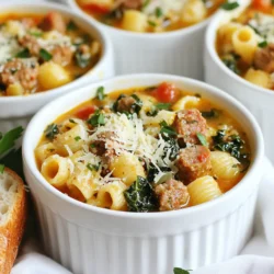 Die Hauptzutaten machen diese Suppe zu einem Genuss. Hier sind sie: - 1 Esslöffel Olivenöl - 1 mittelgroße Zwiebel, gewürfelt - 2 Knoblauchzehen, fein gehackt - 1 Karotte, gewürfelt - 1 Selleriestange, gewürfelt - 450 g italienische Wurst (mild oder scharf, je nach Vorliebe) - 1,5 Liter Hühnerbrühe (niedriger Salzgehalt) - 1 Dose (400 g) gewürfelte Tomaten - 250 g Ditalini-Nudeln - 2 Tassen Grünkohl, grob gehackt - 50 g geriebener Parmesan Jede Zutat bringt ihren eigenen Geschmack in die Suppe. Die Zwiebel und der Knoblauch geben eine tolle Basis. Die Wurst fügt Würze hinzu, während die Ditalini-Nudeln für die Füllung sorgen. Gewürze machen die Suppe besonders. Hier sind die wichtigsten: - 1 Teelöffel getrockneter Oregano - 1 Teelöffel Thymian - Salz und Pfeffer nach Geschmack Diese Kräuter bringen den Geschmack zum Leben. Oregano hat einen würzigen Geschmack, während Thymian eine erdige Note hinzufügt. Salz und Pfeffer sind wichtig, um die Aromen auszubalancieren. Ein paar frische Beigaben machen die Suppe noch besser. Ich empfehle: - Frische Petersilie zum Garnieren - Knuspriges Brot an der Seite Die Petersilie sorgt für Farbe und Frische. Sie bringt auch einen tollen Geschmack. Knuspriges Brot passt perfekt, um die Suppe aufzutunken. So wird jede Portion zu einem vollständigen Mahl. {{ingredient_image_2}} Zuerst müssen wir unsere Zutaten bereit machen. Das ist wichtig für einen reibungslosen Ablauf. Hier sind die Schritte: - Schneide die Zwiebel in kleine Würfel. - Hacke den Knoblauch fein. - Würfle die Karotte und den Sellerie. - Zerbrich die italienische Wurst in kleine Stücke. Diese Vorbereitung macht das Kochen einfacher und schneller. Wenn alles bereit ist, können wir mit dem Kochen beginnen. Jetzt geht es ans Kochen! Das ist der aufregendste Teil. Folge diesen Schritten: 1. Erhitze das Olivenöl in einem großen Topf bei mittlerer Hitze. 2. Füge die gewürfelte Zwiebel hinzu und brate sie fünf Minuten lang. Sie sollte weich und leicht golden sein. 3. Gib den Knoblauch, die Karotte und den Sellerie dazu. Koche alles weitere drei bis vier Minuten. 4. Jetzt kommt die Wurst! Brate sie mit einem Löffel, bis sie schön gebräunt ist, etwa fünf bis sieben Minuten. 5. Gieße die Hühnerbrühe und die gewürfelten Tomaten in den Topf. Lass die Mischung aufkochen. 6. Sobald die Suppe kocht, füge die Ditalini-Nudeln hinzu und koche sie. Das dauert normalerweise acht bis zehn Minuten. 7. Rühre den Grünkohl, Oregano, Thymian, Salz und Pfeffer ein. Lass die Suppe zwei bis drei Minuten köcheln. 8. Nimm den Topf vom Herd und rühre den Parmesan ein. Er sollte schmelzen und die Suppe verfeinern. Jetzt ist es Zeit, die Suppe zu probieren. Schmecke sie ab und passe die Gewürze nach deinem Geschmack an. Vielleicht magst du mehr Salz oder Pfeffer. Diese Anpassung macht die Suppe noch besser. Vergiss nicht, sie schön zu garnieren! Fülle die Suppe in Schalen, streue mehr Parmesan und frische Petersilie darüber. Genieß deine köstliche Mahlzeit! Um die beste Konsistenz für die Parmesan Ditalini Suppe zu erhalten, achte auf die Kochzeit der Ditalini-Nudeln. Diese kleinen Nudeln sind schnell gar, also probiere sie nach 8 Minuten. Die Suppe sollte dick und herzhaft sein, aber nicht zu matschig. Wenn du mehr Flüssigkeit willst, füge einfach etwas Brühe hinzu, bevor du den Parmesan einrührst. So bleibt die Suppe schön cremig und schmackhaft. Die Wahl der Wurst kann den Geschmack deiner Suppe stark beeinflussen. Du kannst milde italienische Wurst für einen sanften Geschmack wählen oder scharfe Wurst, wenn du es würziger magst. Auch Bratwürste oder Hühnerwurst sind eine gute Wahl. Wenn du eine stärkere Würze magst, füge etwas Paprika oder Chili hinzu. Achte darauf, die Wurst gut anzubraten, damit sie schön goldbraun ist. So entfaltet sie ihr volles Aroma. Für eine vegetarische Version der Suppe kannst du die Wurst einfach weglassen. Stattdessen empfehle ich, gehackte Pilze oder Linsen hinzuzufügen. Diese Zutaten geben der Suppe eine tolle Textur und Geschmack. Du kannst auch etwas geräucherten Tofu verwenden, um einen herzhaften Geschmack zu erzielen. Achte darauf, die Brühe gut zu würzen, damit die Suppe auch ohne Wurst lecker bleibt. Pro Tipps Wurstwahl: Verwenden Sie eine milde oder scharfe italienische Wurst, je nach Geschmack. Für mehr Geschmack können Sie auch eine Mischung aus beiden verwenden. Nudel-Al-Dente: Achten Sie darauf, die Ditalini-Nudeln nur bis al dente zu kochen, damit sie in der Suppe nicht zu weich werden. Grünkohl hinzufügen: Fügen Sie den Grünkohl erst am Ende der Kochzeit hinzu, damit er seine Farbe und Nährstoffe behält. Parmesan für den Geschmack: Verwenden Sie frisch geriebenen Parmesan für einen intensiveren Geschmack und eine bessere Schmelzfähigkeit in der Suppe. {{image_4}} Um die Suppe mediterran zu machen, füge einige leckere Zutaten hinzu. Zucchini, Auberginen oder Paprika passen perfekt. Diese Gemüse bringen Frische und Farbe in die Suppe. Oliven oder Feta-Käse können auch einen tollen Geschmack geben. Diese Zutaten machen die Suppe noch nahrhafter und interessanter. Wenn du es scharf magst, füge Chilis hinzu. Du kannst frische Chilis oder getrocknete Chilis verwenden. Füge sie zusammen mit der Zwiebel hinzu, damit der Geschmack sich entfaltet. Chili-Flocken sind eine gute Wahl. Sie geben der Suppe einen zusätzlichen Kick. Achte darauf, die Menge nach deinem Geschmack anzupassen. Für eine glutenfreie Option verwende glutenfreie Ditalini-Nudeln. Diese sind in den meisten Geschäften erhältlich. Sie kochen ähnlich wie normale Nudeln. Achte darauf, die Kochzeit auf der Verpackung zu beachten. So bleibt die Suppe für alle genießbar. Um die Reste der Parmesan Ditalini Suppe frisch zu halten, bewahre sie in einem luftdichten Behälter auf. Lass die Suppe auf Raumtemperatur abkühlen, bevor du sie in den Kühlschrank stellst. So bleibt der Geschmack erhalten und du vermeidest Bakterienwachstum. Die Suppe hält sich gut für 3 bis 4 Tage im Kühlschrank. Wenn du mehr Suppe hast, als du essen kannst, friere sie ein! Verwende einen gefrierfesten Behälter oder Gefrierbeutel. Achte darauf, etwas Platz zu lassen, da sich Flüssigkeiten beim Gefrieren ausdehnen. Die Suppe kann bis zu 3 Monate im Gefrierfach bleiben. Beschrifte den Behälter mit Datum und Inhalt, damit du genau weißt, was du hast. Um die Suppe aufzuwärmen, gibt es zwei einfache Methoden. Du kannst sie auf dem Herd oder in der Mikrowelle erhitzen. Wenn du den Herd verwendest, gib die Suppe in einen Topf und erhitze sie bei mittlerer Hitze. Rühre oft um, damit sie gleichmäßig warm wird. Wenn du die Mikrowelle nutzt, erwärme die Suppe in einem mikrowellengeeigneten Behälter. Erhitze sie in kurzen Intervallen und rühre zwischendurch um. So bleibt die Suppe lecker und frisch! Die Parmesan Ditalini Suppe hält sich im Kühlschrank etwa 3 bis 4 Tage. Bewahre sie in einem luftdichten Behälter auf. Achte darauf, die Suppe abzukühlen, bevor du sie in den Kühlschrank stellst. Das hilft, die Frische zu bewahren. Ja, du kannst die Suppe im Voraus machen. Koche die Suppe und lasse sie abkühlen. Dann füllst du sie in einen Behälter und stellst sie in den Kühlschrank. Du kannst die Suppe bis zu 2 Tage im Voraus zubereiten. Erwärme sie vor dem Servieren gut. Zu dieser Suppe passen knuspriges Brot und ein frischer Salat gut. Knoblauchbrot ist auch eine tolle Wahl. Es ergänzt die Aromen der Suppe und macht das Essen noch besser. Probiere auch geröstetes Gemüse als Beilage. Zusammenfassend haben wir die Hauptzutaten und Gewürze für Parmesan Ditalini Suppe besprochen. Ich gab Tipps zur Zubereitung und Anpassung der Geschmäcker. Wir schauten uns Variationen und Lagerungshinweise an. Letztlich kann diese Suppe jede Stimmung heben. Probieren Sie neue Ideen aus, um Ihrem Rezept frischen Wind zu verleihen. Egal ob vegetarisch oder würzig, diese Suppe ist vielseitig und lecker!