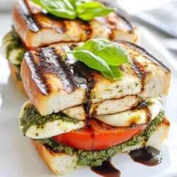 - 2 gegrillte Hähnchenbrustfilets, in Scheiben geschnitten - 1 Tasse frischer Basilikumpesto - 1 große, reife Tomate, in Scheiben geschnitten - 1 Tasse frischer Mozzarella, in Scheiben geschnitten Die Hauptzutaten für dieses Sandwich sind einfach und frisch. Die gegrillte Hähnchenbrust gibt dem Sandwich seinen herzhaften Geschmack. Ich empfehle, das Hähnchen gut zu würzen, bevor du es grillst. Der Basilikumpesto bringt einen tollen Kräutergeschmack. Wenn du frische Tomaten und Mozzarella verwendest, schmeckt das Sandwich besonders gut. - 4 Ciabatta-Brötchen - 2 Esslöffel Balsamico-Glasur - Olivenöl, Salz und Pfeffer nach Geschmack Die Ciabatta-Brötchen sind perfekt für dieses Sandwich. Sie sind knusprig und weich zugleich. Du kannst die Brötchen leicht rösten, um zusätzliche Textur zu erhalten. Die Balsamico-Glasur gibt dem Sandwich eine süß-saure Note, die gut mit dem Pesto harmoniert. Vergiss nicht, Olivenöl, Salz und Pfeffer für den letzten Schliff. {{ingredient_image_2}} Zuerst heize deinen Grill oder eine Grillpfanne auf mittelhohe Hitze vor. Wenn das Hähnchen noch nicht gegart ist, würze die Hähnchenbrust mit Salz und Pfeffer. So schmeckt es besser. Grille die Brustfilets für 6 bis 8 Minuten pro Seite. Achte darauf, dass die Säfte klar herauskommen. Das zeigt, dass das Hähnchen vollständig gegart ist. Nach dem Grillen lass das Hähnchen einige Minuten ruhen. Danach schneide es in dünne Scheiben. Nimm die Ciabatta-Brötchen und schneide sie horizontal in der Mitte durch. Bestreiche die Schnittflächen großzügig mit Olivenöl. Das gibt Geschmack und hilft beim Rösten. Lege die Brötchen mit der Schnittfläche nach unten auf den Grill. Röste sie für 2 bis 3 Minuten. Sie sollten goldbraun und knusprig sein. Jetzt wird es spannend! Verteile eine dicke Schicht Basilikumpesto auf die untere Hälfte jedes Brötchens. Dies sorgt für den perfekten Geschmack. Schichte die gegrillten Hähnchenstücke gleichmäßig über das Pesto. Füge dann die Tomatenscheiben und den Mozzarella hinzu. Das sieht toll aus und schmeckt frisch. Träufle die Balsamico-Glasur über den Mozzarella. So verleihst du dem Sandwich einen tollen Akzent. Garniere alles mit frischen Basilikumblättern. Setze die obere Hälfte des Brötchens darauf. Das Sandwich ist fast fertig! Optional kannst du das Sandwich zurück auf den Grill legen. Grill es für weitere 2 bis 3 Minuten auf jeder Seite. Der Käse sollte leicht schmelzen. Schneide die Sandwiches in der Mitte durch und serviere sie sofort. So bleibt alles frisch und lecker. - Temperaturkontrolle: Stelle sicher, dass dein Grill heiß genug ist. Eine mittelhohe Hitze hilft, das Hähnchen gleichmäßig zu garen. Zu hohe Hitze kann das Hähnchen verbrennen. Überprüfe die Hitze mit deiner Hand. Halte deine Hand etwa 10 cm über den Grill. Wenn du nach 2 Sekunden nicht mehr kannst, ist es zu heiß. - Saftigkeit des Hähnchens bewahren: Lasse das Hähnchen nach dem Grillen ruhen. Diese kurze Pause hilft, die Säfte im Fleisch zu halten. Schneide das Hähnchen erst nach 5 Minuten. So bleibt es saftig und zart. - Hausgemachtes versus gekauftes Pesto: Selbstgemachtes Pesto hat mehr Geschmack. Du kannst frische Basilikumblätter, Pinienkerne, Parmesan und Olivenöl verwenden. Wenn du keine Zeit hast, ist gekauftes Pesto eine gute Wahl. Achte darauf, eine Marke mit frischen Zutaten zu wählen. - Alternativen zu Basilikumpesto: Du kannst auch andere Kräuter verwenden. Rucola oder Petersilie sind tolle Alternativen. Diese geben dem Sandwich eine neue Note und frischen Geschmack. - Präsentationstipps: Serviere die Sandwiches auf einem Holzbrett. Das sieht rustikal und einladend aus. Garniere sie mit frischen Basilikumblättern. Eine kleine Schale mit Balsamico-Glasur macht das Ganze noch besser. - Beilagen, die gut passen: Ein einfacher grüner Salat ist eine gute Wahl. Du kannst auch Chips oder Pommes dazu servieren. Diese Beilagen ergänzen das Sandwich und machen die Mahlzeit vollständiger. Pro Tipps Hähnchen marinieren: Marinieren Sie die Hähnchenbrustfilets einige Stunden im Voraus in einer Mischung aus Olivenöl, Zitronensaft und Knoblauch, um zusätzlichen Geschmack und Zartheit zu erzielen. Frische Zutaten: Verwenden Sie frische und reife Tomaten für das beste Aroma und eine saftige Textur, die das Sandwich aufwertet. Ciabatta richtig rösten: Achten Sie darauf, die Ciabatta-Brötchen nicht zu lange zu rösten, da sie sonst zu hart werden können. Sie sollten goldbraun und knusprig sein. Variationen ausprobieren: Experimentieren Sie mit verschiedenen Käsesorten, wie Feta oder Provolone, um neue Geschmackskombinationen zu entdecken. {{image_4}} Du kannst das Pesto Caprese Sandwich auch ohne Hähnchen zubereiten. Ersetze die Hähnchenbrust einfach durch gegrilltes Gemüse. Zucchini, Paprika oder Aubergine passen gut. Diese Gemüsesorten geben dem Sandwich einen tollen Geschmack. Sie sind auch gesund und nahrhaft. Wenn du den Mozzarella nicht magst, probiere andere Käsesorten. Feta oder Ziegenkäse geben dem Sandwich eine neue Note. Du kannst auch andere Käsesorten verwenden, wie Gouda oder Cheddar. Für mehr Geschmack füge zusätzliche Zutaten hinzu. Rucola, Avocado oder sogar Oliven passen gut dazu. Diese Zutaten machen das Sandwich noch leckerer. Experimentiere mit deinen Lieblingsgeschmäckern. So machst du dein ganz eigenes Sandwich! Um deine Sandwiches frisch zu halten, lege sie in einen luftdichten Behälter. Kühle die Sandwiches sofort nach dem Essen. Wenn du sie länger aufbewahren möchtest, kannst du sie auch in Frischhaltefolie einwickeln. So bleibt der Geschmack erhalten. Im Kühlschrank sind sie bis zu drei Tage haltbar. Wenn du deine Sandwiches aufwärmen möchtest, gibt es einige gute Methoden. Die beste Methode ist, sie in einer Pfanne mit etwas Olivenöl zu erhitzen. Erhitze die Pfanne auf mittlerer Hitze und lege das Sandwich hinein. Brate es für 3-4 Minuten auf jeder Seite. So wird das Brot knusprig und der Käse schön schmelzig. Eine andere Methode ist, das Sandwich im Ofen zu erwärmen. Heize den Ofen auf 180 Grad vor. Wickel das Sandwich in Alufolie und lege es auf ein Backblech. Erwärme es für etwa 10 bis 15 Minuten. Diese Methode hält es saftig und warm. Die Sandwiches sind im Kühlschrank etwa 2 bis 3 Tage haltbar. Achte darauf, sie gut zu verpacken. So bleiben sie frisch und lecker. Verwende Frischhaltefolie oder eine luftdichte Box. Wenn du die Sandwiches länger aufbewahren willst, friere sie ein. Aber bedenke: der Geschmack kann sich ändern. Ja, du kannst das Sandwich im Voraus machen! Bereite das Hähnchen und das Pesto vorher zu. Lagere die Zutaten getrennt, um die Frische zu erhalten. Baue das Sandwich am besten kurz vor dem Servieren zusammen. So bleibt das Brot knusprig, und die Zutaten sind frisch. Du kannst auch die Ciabatta-Brötchen im Voraus rösten. Das spart Zeit! Für das Chicken Pesto Caprese Sandwich passen viele Beilagen. Hier sind einige leckere Ideen: - Salate: Ein einfacher grüner Salat oder ein Caprese-Salat. - Chips: Knusprige Kartoffelchips oder Tortilla-Chips. - Getränke: Ein kaltes Glas Limonade oder ein leichter Weißwein. - Suppe: Eine Tomatensuppe als Beilage gibt einen tollen Geschmack. Diese Optionen ergänzen das Sandwich perfekt! Das Sandwich mit gegrillter Hähnchenbrust und Pesto ist einfach zuzubereiten. Wichtige Zutaten sind Hähnchen, Ciabatta, frische Tomaten und Mozzarella. Mit den richtigen Grilltechniken bleibt das Hähnchen saftig. Variationen wie vegetarische Alternativen sind ebenfalls möglich. Lagern Sie restliche Sandwiches kühl und verwenden Sie einfache Methoden zum Aufwärmen. Genießen Sie kreative Variationen und passen Sie die Zutaten nach Ihrem Geschmack an. Probieren Sie es aus, um Ihre Familie und Freunde zu beeindrucken!