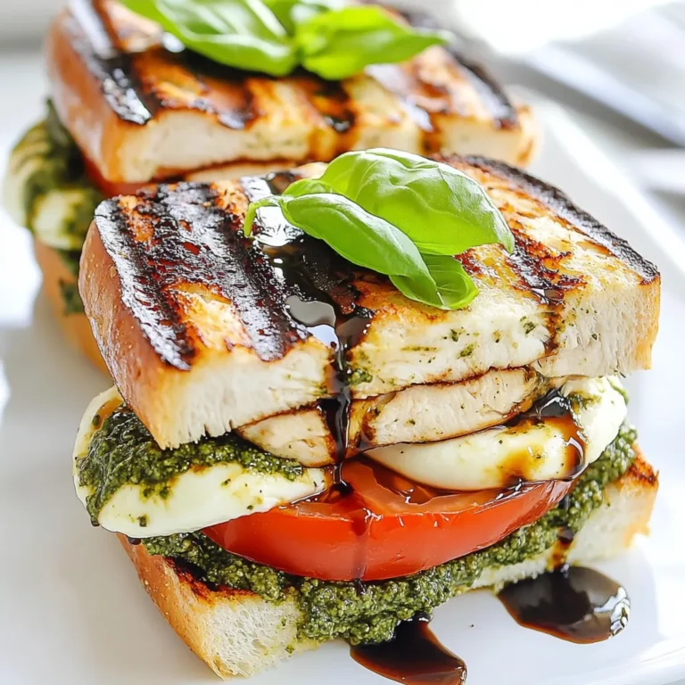 - 2 gegrillte Hähnchenbrustfilets, in Scheiben geschnitten - 1 Tasse frischer Basilikumpesto - 1 große, reife Tomate, in Scheiben geschnitten - 1 Tasse frischer Mozzarella, in Scheiben geschnitten Die Hauptzutaten für dieses Sandwich sind einfach und frisch. Die gegrillte Hähnchenbrust gibt dem Sandwich seinen herzhaften Geschmack. Ich empfehle, das Hähnchen gut zu würzen, bevor du es grillst. Der Basilikumpesto bringt einen tollen Kräutergeschmack. Wenn du frische Tomaten und Mozzarella verwendest, schmeckt das Sandwich besonders gut. - 4 Ciabatta-Brötchen - 2 Esslöffel Balsamico-Glasur - Olivenöl, Salz und Pfeffer nach Geschmack Die Ciabatta-Brötchen sind perfekt für dieses Sandwich. Sie sind knusprig und weich zugleich. Du kannst die Brötchen leicht rösten, um zusätzliche Textur zu erhalten. Die Balsamico-Glasur gibt dem Sandwich eine süß-saure Note, die gut mit dem Pesto harmoniert. Vergiss nicht, Olivenöl, Salz und Pfeffer für den letzten Schliff. {{ingredient_image_2}} Zuerst heize deinen Grill oder eine Grillpfanne auf mittelhohe Hitze vor. Wenn das Hähnchen noch nicht gegart ist, würze die Hähnchenbrust mit Salz und Pfeffer. So schmeckt es besser. Grille die Brustfilets für 6 bis 8 Minuten pro Seite. Achte darauf, dass die Säfte klar herauskommen. Das zeigt, dass das Hähnchen vollständig gegart ist. Nach dem Grillen lass das Hähnchen einige Minuten ruhen. Danach schneide es in dünne Scheiben. Nimm die Ciabatta-Brötchen und schneide sie horizontal in der Mitte durch. Bestreiche die Schnittflächen großzügig mit Olivenöl. Das gibt Geschmack und hilft beim Rösten. Lege die Brötchen mit der Schnittfläche nach unten auf den Grill. Röste sie für 2 bis 3 Minuten. Sie sollten goldbraun und knusprig sein. Jetzt wird es spannend! Verteile eine dicke Schicht Basilikumpesto auf die untere Hälfte jedes Brötchens. Dies sorgt für den perfekten Geschmack. Schichte die gegrillten Hähnchenstücke gleichmäßig über das Pesto. Füge dann die Tomatenscheiben und den Mozzarella hinzu. Das sieht toll aus und schmeckt frisch. Träufle die Balsamico-Glasur über den Mozzarella. So verleihst du dem Sandwich einen tollen Akzent. Garniere alles mit frischen Basilikumblättern. Setze die obere Hälfte des Brötchens darauf. Das Sandwich ist fast fertig! Optional kannst du das Sandwich zurück auf den Grill legen. Grill es für weitere 2 bis 3 Minuten auf jeder Seite. Der Käse sollte leicht schmelzen. Schneide die Sandwiches in der Mitte durch und serviere sie sofort. So bleibt alles frisch und lecker. - Temperaturkontrolle: Stelle sicher, dass dein Grill heiß genug ist. Eine mittelhohe Hitze hilft, das Hähnchen gleichmäßig zu garen. Zu hohe Hitze kann das Hähnchen verbrennen. Überprüfe die Hitze mit deiner Hand. Halte deine Hand etwa 10 cm über den Grill. Wenn du nach 2 Sekunden nicht mehr kannst, ist es zu heiß. - Saftigkeit des Hähnchens bewahren: Lasse das Hähnchen nach dem Grillen ruhen. Diese kurze Pause hilft, die Säfte im Fleisch zu halten. Schneide das Hähnchen erst nach 5 Minuten. So bleibt es saftig und zart. - Hausgemachtes versus gekauftes Pesto: Selbstgemachtes Pesto hat mehr Geschmack. Du kannst frische Basilikumblätter, Pinienkerne, Parmesan und Olivenöl verwenden. Wenn du keine Zeit hast, ist gekauftes Pesto eine gute Wahl. Achte darauf, eine Marke mit frischen Zutaten zu wählen. - Alternativen zu Basilikumpesto: Du kannst auch andere Kräuter verwenden. Rucola oder Petersilie sind tolle Alternativen. Diese geben dem Sandwich eine neue Note und frischen Geschmack. - Präsentationstipps: Serviere die Sandwiches auf einem Holzbrett. Das sieht rustikal und einladend aus. Garniere sie mit frischen Basilikumblättern. Eine kleine Schale mit Balsamico-Glasur macht das Ganze noch besser. - Beilagen, die gut passen: Ein einfacher grüner Salat ist eine gute Wahl. Du kannst auch Chips oder Pommes dazu servieren. Diese Beilagen ergänzen das Sandwich und machen die Mahlzeit vollständiger. Pro Tipps Hähnchen marinieren: Marinieren Sie die Hähnchenbrustfilets einige Stunden im Voraus in einer Mischung aus Olivenöl, Zitronensaft und Knoblauch, um zusätzlichen Geschmack und Zartheit zu erzielen. Frische Zutaten: Verwenden Sie frische und reife Tomaten für das beste Aroma und eine saftige Textur, die das Sandwich aufwertet. Ciabatta richtig rösten: Achten Sie darauf, die Ciabatta-Brötchen nicht zu lange zu rösten, da sie sonst zu hart werden können. Sie sollten goldbraun und knusprig sein. Variationen ausprobieren: Experimentieren Sie mit verschiedenen Käsesorten, wie Feta oder Provolone, um neue Geschmackskombinationen zu entdecken. {{image_4}} Du kannst das Pesto Caprese Sandwich auch ohne Hähnchen zubereiten. Ersetze die Hähnchenbrust einfach durch gegrilltes Gemüse. Zucchini, Paprika oder Aubergine passen gut. Diese Gemüsesorten geben dem Sandwich einen tollen Geschmack. Sie sind auch gesund und nahrhaft. Wenn du den Mozzarella nicht magst, probiere andere Käsesorten. Feta oder Ziegenkäse geben dem Sandwich eine neue Note. Du kannst auch andere Käsesorten verwenden, wie Gouda oder Cheddar. Für mehr Geschmack füge zusätzliche Zutaten hinzu. Rucola, Avocado oder sogar Oliven passen gut dazu. Diese Zutaten machen das Sandwich noch leckerer. Experimentiere mit deinen Lieblingsgeschmäckern. So machst du dein ganz eigenes Sandwich! Um deine Sandwiches frisch zu halten, lege sie in einen luftdichten Behälter. Kühle die Sandwiches sofort nach dem Essen. Wenn du sie länger aufbewahren möchtest, kannst du sie auch in Frischhaltefolie einwickeln. So bleibt der Geschmack erhalten. Im Kühlschrank sind sie bis zu drei Tage haltbar. Wenn du deine Sandwiches aufwärmen möchtest, gibt es einige gute Methoden. Die beste Methode ist, sie in einer Pfanne mit etwas Olivenöl zu erhitzen. Erhitze die Pfanne auf mittlerer Hitze und lege das Sandwich hinein. Brate es für 3-4 Minuten auf jeder Seite. So wird das Brot knusprig und der Käse schön schmelzig. Eine andere Methode ist, das Sandwich im Ofen zu erwärmen. Heize den Ofen auf 180 Grad vor. Wickel das Sandwich in Alufolie und lege es auf ein Backblech. Erwärme es für etwa 10 bis 15 Minuten. Diese Methode hält es saftig und warm. Die Sandwiches sind im Kühlschrank etwa 2 bis 3 Tage haltbar. Achte darauf, sie gut zu verpacken. So bleiben sie frisch und lecker. Verwende Frischhaltefolie oder eine luftdichte Box. Wenn du die Sandwiches länger aufbewahren willst, friere sie ein. Aber bedenke: der Geschmack kann sich ändern. Ja, du kannst das Sandwich im Voraus machen! Bereite das Hähnchen und das Pesto vorher zu. Lagere die Zutaten getrennt, um die Frische zu erhalten. Baue das Sandwich am besten kurz vor dem Servieren zusammen. So bleibt das Brot knusprig, und die Zutaten sind frisch. Du kannst auch die Ciabatta-Brötchen im Voraus rösten. Das spart Zeit! Für das Chicken Pesto Caprese Sandwich passen viele Beilagen. Hier sind einige leckere Ideen: - Salate: Ein einfacher grüner Salat oder ein Caprese-Salat. - Chips: Knusprige Kartoffelchips oder Tortilla-Chips. - Getränke: Ein kaltes Glas Limonade oder ein leichter Weißwein. - Suppe: Eine Tomatensuppe als Beilage gibt einen tollen Geschmack. Diese Optionen ergänzen das Sandwich perfekt! Das Sandwich mit gegrillter Hähnchenbrust und Pesto ist einfach zuzubereiten. Wichtige Zutaten sind Hähnchen, Ciabatta, frische Tomaten und Mozzarella. Mit den richtigen Grilltechniken bleibt das Hähnchen saftig. Variationen wie vegetarische Alternativen sind ebenfalls möglich. Lagern Sie restliche Sandwiches kühl und verwenden Sie einfache Methoden zum Aufwärmen. Genießen Sie kreative Variationen und passen Sie die Zutaten nach Ihrem Geschmack an. Probieren Sie es aus, um Ihre Familie und Freunde zu beeindrucken!