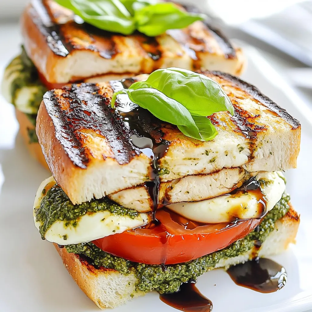 - 2 gegrillte Hähnchenbrustfilets, in Scheiben geschnitten - 1 Tasse frischer Basilikumpesto - 1 große, reife Tomate, in Scheiben geschnitten - 1 Tasse frischer Mozzarella, in Scheiben geschnitten Die Hauptzutaten für dieses Sandwich sind einfach und frisch. Die gegrillte Hähnchenbrust gibt dem Sandwich seinen herzhaften Geschmack. Ich empfehle, das Hähnchen gut zu würzen, bevor du es grillst. Der Basilikumpesto bringt einen tollen Kräutergeschmack. Wenn du frische Tomaten und Mozzarella verwendest, schmeckt das Sandwich besonders gut. - 4 Ciabatta-Brötchen - 2 Esslöffel Balsamico-Glasur - Olivenöl, Salz und Pfeffer nach Geschmack Die Ciabatta-Brötchen sind perfekt für dieses Sandwich. Sie sind knusprig und weich zugleich. Du kannst die Brötchen leicht rösten, um zusätzliche Textur zu erhalten. Die Balsamico-Glasur gibt dem Sandwich eine süß-saure Note, die gut mit dem Pesto harmoniert. Vergiss nicht, Olivenöl, Salz und Pfeffer für den letzten Schliff. {{ingredient_image_2}} Zuerst heize deinen Grill oder eine Grillpfanne auf mittelhohe Hitze vor. Wenn das Hähnchen noch nicht gegart ist, würze die Hähnchenbrust mit Salz und Pfeffer. So schmeckt es besser. Grille die Brustfilets für 6 bis 8 Minuten pro Seite. Achte darauf, dass die Säfte klar herauskommen. Das zeigt, dass das Hähnchen vollständig gegart ist. Nach dem Grillen lass das Hähnchen einige Minuten ruhen. Danach schneide es in dünne Scheiben. Nimm die Ciabatta-Brötchen und schneide sie horizontal in der Mitte durch. Bestreiche die Schnittflächen großzügig mit Olivenöl. Das gibt Geschmack und hilft beim Rösten. Lege die Brötchen mit der Schnittfläche nach unten auf den Grill. Röste sie für 2 bis 3 Minuten. Sie sollten goldbraun und knusprig sein. Jetzt wird es spannend! Verteile eine dicke Schicht Basilikumpesto auf die untere Hälfte jedes Brötchens. Dies sorgt für den perfekten Geschmack. Schichte die gegrillten Hähnchenstücke gleichmäßig über das Pesto. Füge dann die Tomatenscheiben und den Mozzarella hinzu. Das sieht toll aus und schmeckt frisch. Träufle die Balsamico-Glasur über den Mozzarella. So verleihst du dem Sandwich einen tollen Akzent. Garniere alles mit frischen Basilikumblättern. Setze die obere Hälfte des Brötchens darauf. Das Sandwich ist fast fertig! Optional kannst du das Sandwich zurück auf den Grill legen. Grill es für weitere 2 bis 3 Minuten auf jeder Seite. Der Käse sollte leicht schmelzen. Schneide die Sandwiches in der Mitte durch und serviere sie sofort. So bleibt alles frisch und lecker. - Temperaturkontrolle: Stelle sicher, dass dein Grill heiß genug ist. Eine mittelhohe Hitze hilft, das Hähnchen gleichmäßig zu garen. Zu hohe Hitze kann das Hähnchen verbrennen. Überprüfe die Hitze mit deiner Hand. Halte deine Hand etwa 10 cm über den Grill. Wenn du nach 2 Sekunden nicht mehr kannst, ist es zu heiß. - Saftigkeit des Hähnchens bewahren: Lasse das Hähnchen nach dem Grillen ruhen. Diese kurze Pause hilft, die Säfte im Fleisch zu halten. Schneide das Hähnchen erst nach 5 Minuten. So bleibt es saftig und zart. - Hausgemachtes versus gekauftes Pesto: Selbstgemachtes Pesto hat mehr Geschmack. Du kannst frische Basilikumblätter, Pinienkerne, Parmesan und Olivenöl verwenden. Wenn du keine Zeit hast, ist gekauftes Pesto eine gute Wahl. Achte darauf, eine Marke mit frischen Zutaten zu wählen. - Alternativen zu Basilikumpesto: Du kannst auch andere Kräuter verwenden. Rucola oder Petersilie sind tolle Alternativen. Diese geben dem Sandwich eine neue Note und frischen Geschmack. - Präsentationstipps: Serviere die Sandwiches auf einem Holzbrett. Das sieht rustikal und einladend aus. Garniere sie mit frischen Basilikumblättern. Eine kleine Schale mit Balsamico-Glasur macht das Ganze noch besser. - Beilagen, die gut passen: Ein einfacher grüner Salat ist eine gute Wahl. Du kannst auch Chips oder Pommes dazu servieren. Diese Beilagen ergänzen das Sandwich und machen die Mahlzeit vollständiger. Pro Tipps Hähnchen marinieren: Marinieren Sie die Hähnchenbrustfilets einige Stunden im Voraus in einer Mischung aus Olivenöl, Zitronensaft und Knoblauch, um zusätzlichen Geschmack und Zartheit zu erzielen. Frische Zutaten: Verwenden Sie frische und reife Tomaten für das beste Aroma und eine saftige Textur, die das Sandwich aufwertet. Ciabatta richtig rösten: Achten Sie darauf, die Ciabatta-Brötchen nicht zu lange zu rösten, da sie sonst zu hart werden können. Sie sollten goldbraun und knusprig sein. Variationen ausprobieren: Experimentieren Sie mit verschiedenen Käsesorten, wie Feta oder Provolone, um neue Geschmackskombinationen zu entdecken. {{image_4}} Du kannst das Pesto Caprese Sandwich auch ohne Hähnchen zubereiten. Ersetze die Hähnchenbrust einfach durch gegrilltes Gemüse. Zucchini, Paprika oder Aubergine passen gut. Diese Gemüsesorten geben dem Sandwich einen tollen Geschmack. Sie sind auch gesund und nahrhaft. Wenn du den Mozzarella nicht magst, probiere andere Käsesorten. Feta oder Ziegenkäse geben dem Sandwich eine neue Note. Du kannst auch andere Käsesorten verwenden, wie Gouda oder Cheddar. Für mehr Geschmack füge zusätzliche Zutaten hinzu. Rucola, Avocado oder sogar Oliven passen gut dazu. Diese Zutaten machen das Sandwich noch leckerer. Experimentiere mit deinen Lieblingsgeschmäckern. So machst du dein ganz eigenes Sandwich! Um deine Sandwiches frisch zu halten, lege sie in einen luftdichten Behälter. Kühle die Sandwiches sofort nach dem Essen. Wenn du sie länger aufbewahren möchtest, kannst du sie auch in Frischhaltefolie einwickeln. So bleibt der Geschmack erhalten. Im Kühlschrank sind sie bis zu drei Tage haltbar. Wenn du deine Sandwiches aufwärmen möchtest, gibt es einige gute Methoden. Die beste Methode ist, sie in einer Pfanne mit etwas Olivenöl zu erhitzen. Erhitze die Pfanne auf mittlerer Hitze und lege das Sandwich hinein. Brate es für 3-4 Minuten auf jeder Seite. So wird das Brot knusprig und der Käse schön schmelzig. Eine andere Methode ist, das Sandwich im Ofen zu erwärmen. Heize den Ofen auf 180 Grad vor. Wickel das Sandwich in Alufolie und lege es auf ein Backblech. Erwärme es für etwa 10 bis 15 Minuten. Diese Methode hält es saftig und warm. Die Sandwiches sind im Kühlschrank etwa 2 bis 3 Tage haltbar. Achte darauf, sie gut zu verpacken. So bleiben sie frisch und lecker. Verwende Frischhaltefolie oder eine luftdichte Box. Wenn du die Sandwiches länger aufbewahren willst, friere sie ein. Aber bedenke: der Geschmack kann sich ändern. Ja, du kannst das Sandwich im Voraus machen! Bereite das Hähnchen und das Pesto vorher zu. Lagere die Zutaten getrennt, um die Frische zu erhalten. Baue das Sandwich am besten kurz vor dem Servieren zusammen. So bleibt das Brot knusprig, und die Zutaten sind frisch. Du kannst auch die Ciabatta-Brötchen im Voraus rösten. Das spart Zeit! Für das Chicken Pesto Caprese Sandwich passen viele Beilagen. Hier sind einige leckere Ideen: - Salate: Ein einfacher grüner Salat oder ein Caprese-Salat. - Chips: Knusprige Kartoffelchips oder Tortilla-Chips. - Getränke: Ein kaltes Glas Limonade oder ein leichter Weißwein. - Suppe: Eine Tomatensuppe als Beilage gibt einen tollen Geschmack. Diese Optionen ergänzen das Sandwich perfekt! Das Sandwich mit gegrillter Hähnchenbrust und Pesto ist einfach zuzubereiten. Wichtige Zutaten sind Hähnchen, Ciabatta, frische Tomaten und Mozzarella. Mit den richtigen Grilltechniken bleibt das Hähnchen saftig. Variationen wie vegetarische Alternativen sind ebenfalls möglich. Lagern Sie restliche Sandwiches kühl und verwenden Sie einfache Methoden zum Aufwärmen. Genießen Sie kreative Variationen und passen Sie die Zutaten nach Ihrem Geschmack an. Probieren Sie es aus, um Ihre Familie und Freunde zu beeindrucken!