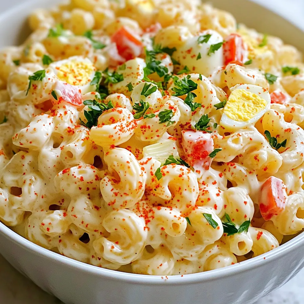 Um einen leckeren Makaronisalat im Restaurant-Stil zu machen, brauchst du frische und einfache Zutaten. Ich teile hier die Hauptzutaten, das Gemüse und die weiteren Zutaten. - 2 Tassen Ellbogen-Makkaroni - 1 Tasse Mayonnaise - 2 Esslöffel Dijon-Senf Diese Hauptzutaten geben dem Salat seine cremige Basis. Die Makkaroni machen ihn sättigend und die Mayonnaise sorgt für eine tolle Textur. Dijon-Senf bringt einen feinen Geschmack ins Spiel. - 1 Tasse Sellerie, gewürfelt - 1 Tasse rote Paprika, gewürfelt - 1/2 Tasse rote Zwiebel, fein gehackt Das Gemüse bringt Farbe und Crunch. Sellerie gibt einen frischen Biss. Rote Paprika fügt Süße hinzu, während rote Zwiebel einen leichten Schärfegrad bietet. - 1/2 Tasse süßer Gurkenrelish - 2 hartgekochte Eier, gehackt - 1 Teelöffel Knoblauchpulver - 1 Teelöffel Zwiebelpulver - Salz und Pfeffer nach Geschmack - Frische Petersilie zur Garnierung Diese Zutaten runden den Geschmack ab. Das süße Gurkenrelish bringt einen interessanten Twist. Die hartgekochten Eier fügen Protein hinzu und machen den Salat noch reichhaltiger. Petersilie sorgt für einen frischen Farbklecks. {{ingredient_image_2}} Um die besten Ellbogen-Makkaroni zu kochen, bringen Sie einen großen Topf mit gesalzenem Wasser zum Kochen. Fügen Sie die Makkaroni hinzu und kochen Sie sie genau nach der Packungsanweisung. Sie sollten al dente sein, also noch einen kleinen Biss haben. Wenn sie fertig sind, gießen Sie sie ab und spülen Sie sie unter kaltem Wasser ab. Dies stoppt den Kochprozess und hilft, die Makkaroni abzukühlen. Für das Dressing nehmen Sie eine große Rührschüssel. Geben Sie die Mayonnaise, den Dijon-Senf, den Apfelessig, das Knoblauchpulver und das Zwiebelpulver hinein. Fügen Sie Salz und Pfeffer nach Geschmack hinzu. Mischen Sie alles mit einem Schneebesen gut, bis die Mischung glatt und gleichmäßig ist. Die Konsistenz sollte cremig sein, nicht zu dick oder zu dünn. Jetzt kommt der spaßige Teil! Nehmen Sie eine große Schüssel und geben Sie die abgekühlten Makkaroni hinein. Fügen Sie den gewürfelten Sellerie, die rote Paprika, die rote Zwiebel und das süße Gurkenrelish hinzu. Mischen Sie alles vorsichtig, damit die Makkaroni und das Gemüse gut verteilt sind. Achten Sie darauf, dass Sie nichts zerdrücken. Gießen Sie das Dressing über die Makkaroni und falten Sie die gehackten hartgekochten Eier vorsichtig unter. Um den Geschmack Ihres Makaronisalat zu verbessern, nutzen Sie frische Kräuter. Petersilie, Dill oder Schnittlauch bringen Frische. Sie fügen auch Farbe hinzu. Experimentieren Sie mit Gewürzen. Ein wenig Paprika oder schwarzer Pfeffer kann viel bewirken. Dijon-Senf bringt eine angenehme Schärfe. Um matschige Makkaroni zu vermeiden, kochen Sie sie al dente. Das bedeutet, sie sollten noch einen leichten Biss haben. Nach dem Kochen spülen Sie sie unter kaltem Wasser ab. So stoppen Sie den Kochprozess. Verwenden Sie hochwertige Mayonnaise-Marken. Diese sorgen für eine cremige, glatte Textur. Anrichten in einer dekorativen Schüssel macht viel aus. Eine schöne Schüssel zieht die Augen an. Garnieren Sie den Salat mit frischer Petersilie. Das gibt einen schönen Farbklecks. Sie können auch Zitronenspalten dazu legen. Diese sorgen für einen frischen Spritzer beim Servieren. Pro Tipps Die richtige Konsistenz: Stellen Sie sicher, dass die Makkaroni al dente gekocht sind, um zu verhindern, dass sie beim Mischen mit dem Dressing matschig werden. Vorkühlen: Lassen Sie den Salat nach dem Mischen mindestens eine Stunde im Kühlschrank, damit sich die Aromen gut entfalten können. Variationen hinzufügen: Fügen Sie zusätzliche Zutaten wie Erbsen, Karotten oder sogar gewürfelte Äpfel hinzu, um den Salat aufzupeppen. Frische Kräuter: Verwenden Sie frische Kräuter wie Dill oder Schnittlauch für zusätzlichen Geschmack und eine ansprechende Optik. {{image_4}} Um einen veganen Makaronisalat zu machen, ersetzen Sie die Mayonnaise. Es gibt viele pflanzliche Alternativen. Sie können auch die klassischen Zutaten anpassen. Fügen Sie mehr Gemüse hinzu, um Geschmack zu bringen. Zum Beispiel sind Kichererbsen, Avocado oder sogar geröstete Nüsse großartige Ergänzungen. Diese Zutaten bieten eine gute Textur und Nährstoffe. Um den Salat aufregender zu machen, können Sie Speck oder Hühnchen hinzufügen. Diese Zutaten geben einen herzhaften Geschmack. Wenn Sie das nicht möchten, probieren Sie verschiedene Gemüsesorten. Erbsen, Karotten oder sogar Brokkoli bringen Farbe und Frische. Achten Sie darauf, die Gemüse klein zu schneiden. So vermischen sie sich gut mit den Makkaroni. Jede Region hat ihre eigenen Geschmäcker. In einigen Küchen fügt man zum Beispiel Oliven oder Feta hinzu. In anderen Regionen sind frische Kräuter wie Dill oder Basilikum beliebt. Passen Sie die Zutaten an Ihren Geschmack an. Experimentieren Sie mit verschiedenen Dressings. So können Sie Ihren eigenen, einzigartigen Makaronisalat kreieren. Um den Makaronisalat frisch zu halten, verwende einen luftdichten Behälter. Das schützt vor Gerüchen im Kühlschrank. Der Salat bleibt so bis zu drei Tage frisch. Achte darauf, ihn vor dem Servieren gut umzurühren. Das verbessert den Geschmack und die Textur. Du kannst den Makaronisalat bis zu zwei Tage im Voraus zubereiten. Koche die Makkaroni und bereite das Dressing vor. Mische alles am Tag des Servierens. So bleibt der Salat knackig. Wenn du übrig gebliebene Portionen hast, friere sie ein. Stelle sicher, dass du einen festen Behälter verwendest. So bleibt der Salat bis zu einem Monat lang gut. Um den Makaronisalat zu genießen, hole ihn aus dem Kühlschrank. Lass ihn einige Minuten bei Raumtemperatur stehen. Dadurch wird der Geschmack besser. Wenn du ihn aufwärmen möchtest, mache das vorsichtig. Erwärme ihn in der Mikrowelle für kurze Zeit. Rühre gut um, um eine gleichmäßige Erwärmung zu erreichen. Füge frische Kräuter hinzu, um den Geschmack aufzufrischen. - Vorbereitungszeit: 15 Minuten - Kochzeit: 10 Minuten - Kühlzeit: 1 Stunde - Gesamtzeit: 1 Stunde 15 Minuten Die Zubereitung dieses leckeren Makaronisalats dauert nicht lange. Nach dem Kochen der Makkaroni und dem Mischen der Zutaten ist der Großteil der Zeit für das Kühlen. Dies gibt dem Salat Zeit, um die Aromen gut zu verbinden. Ja, du kannst den Salat im Voraus machen. Der Makaronisalat schmeckt sogar noch besser, wenn er einige Stunden oder über Nacht kühl steht. Achte darauf, ihn in einem luftdichten Behälter zu lagern. Vor dem Servieren kannst du ihn kurz umrühren und bei Bedarf nachwürzen. - Gegrilltes Hähnchen - Würstchen vom Grill - Frischer grüner Salat - Kartoffelsalat - Gegrilltes Gemüse Diese Beilagen ergänzen den Makaronisalat perfekt. Sie bieten eine Vielzahl von Geschmäckern und Texturen. Du kannst auch frisches Brot oder Brötchen servieren, um das Mahlzeit zu vervollständigen. Der cremige Makaronisalat im Restaurant-Stil ist einfach zuzubereiten. Wir haben die besten Zutaten und Schritte besprochen. Mit frischem Gemüse und Gewürzen entsteht ein toller Geschmack. Variationen machen das Rezept noch spannender, wie vegane Optionen oder regionale Anpassungen. Achte auf die optimale Lagerung, damit dein Salat frisch bleibt. Diese Tipps helfen dir, den perfekten Makaronisalat zu kreieren, der begeistern wird. Probiere es aus und genieße jeden Bissen!