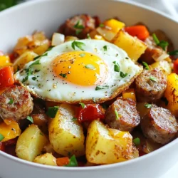 Für die Wurst und Kartoffel Frühstücksschalen benötigst du frische Zutaten. Hier sind die Hauptzutaten: - 4 Frühstückswürste (Schweinefleisch, Truthahn oder pflanzenbasiert) - 2 große Russet-Kartoffeln, gewürfelt - 1 rote Paprika, gewürfelt - 1 kleine Zwiebel, gewürfelt - 2 Knoblauchzehen, fein gehackt - 4 große Eier Diese Zutaten sorgen für einen leckeren und herzhaften Geschmack. Um die Aromen zu verstärken, fügen wir einige Gewürze und Öle hinzu: - 1 Teelöffel geräuchertes Paprikapulver - ½ Teelöffel Knoblauchpulver - ½ Teelöffel schwarzer Pfeffer - Salz nach Geschmack - 2 Esslöffel Olivenöl Diese Gewürze bringen den richtigen Kick und die Öle helfen beim Braten. Um deine Schalen noch bunter und schmackhafter zu machen, kannst du diese Garnierungen hinzufügen: - Frische Petersilie - Schnittlauch Diese frischen Kräuter geben deinen Frühstücksschalen Farbe und einen frischen Geschmack. {{ingredient_image_2}} Um die Kartoffeln vorzubereiten, bringe ich einen großen Topf mit Wasser zum Kochen. Ich schneide zwei große Russet-Kartoffeln in kleine Würfel. Wenn das Wasser kocht, gebe ich die Kartoffeln hinein. Ich koche sie für etwa 8 bis 10 Minuten, bis sie weich sind. Dann gieße ich die Kartoffeln ab und stelle sie beiseite. In einer großen Pfanne erhitze ich zwei Esslöffel Olivenöl bei mittlerer Hitze. Sobald das Öl heiß ist, füge ich vier Frühstückswürste hinzu. Ich brate die Würste für etwa 5 bis 7 Minuten, bis sie schön braun sind. Danach nehme ich sie aus der Pfanne und schneide sie in kleine Stücke. Im gleichen Pfannenrest gebe ich eine gewürfelte kleine Zwiebel, eine gewürfelte rote Paprika und zwei fein gehackte Knoblauchzehen hinzu. Ich brate das Gemüse für etwa 5 Minuten, bis es weich und duftend ist. Diese Mischung bringt viel Geschmack in die Schalen. Jetzt füge ich die abgetropften Kartoffeln in die Pfanne mit dem Gemüse. Ich streue einen Teelöffel geräuchertes Paprikapulver, einen halben Teelöffel Knoblauchpulver, Salz und Pfeffer darüber. Ich rühre alles gut um und brate es weitere 5 Minuten, damit die Kartoffeln knusprig werden. In einer anderen antihaftbeschichteten Pfanne brate ich vier große Eier. Ich mache sie nach Wunsch: sunny-side up oder gut durchgebraten. Ich würze die Eier mit einer Prise Salz und Pfeffer. Diese Eier sind das Sahnehäubchen auf den Schalen. Für das Anrichten nehme ich Schalen und verteile die Wurst- und Kartoffelmischung gleichmäßig. Auf jede Schale lege ich ein gebratenes Ei. Zum Schluss kann ich die Schalen mit frischer Petersilie oder Schnittlauch garnieren. Das sieht toll aus und schmeckt frisch! Um die Kartoffeln perfekt zuzubereiten, wähle die richtigen Sorten. Russet-Kartoffeln sind großartig. Sie sind stärkehaltig und werden schön weich. Koche die gewürfelten Kartoffeln 8-10 Minuten, bis sie zart sind. Das Abgießen und das Abkühlen lassen hilft, die perfekte Konsistenz zu erreichen. Die Wahl der Wurst ist wichtig. Du kannst Schweinefleisch, Truthahn oder pflanzenbasierte Würste nutzen. Achte darauf, dass sie frisch sind. Probiere verschiedene Geschmäcker aus, um den besten für dich zu finden. Würste mit Kräutern oder Gewürzen bringen mehr Aroma in deine Schalen. Es gibt viele Wege, um das Rezept anzupassen. Du kannst Spinat, Pilze oder Zucchini hinzufügen. Diese Gemüse verleihen deinem Frühstück mehr Farbe und Nährstoffe. Auch Käse kann eine leckere Ergänzung sein. Experimentiere mit verschiedenen Kombinationen, um dein Lieblingsgericht zu finden. Diese Schalen sind perfekt zum Vorbereiten. Du kannst die Kartoffeln und das Gemüse am Abend vorher kochen. Am Morgen musst du nur die Würste braten und die Eier zubereiten. So sparst du Zeit und kannst schnell ein gesundes Frühstück genießen. Pro Tipps Wurstwahl: Verwenden Sie frische Frühstückswürste für den besten Geschmack, oder probieren Sie verschiedene Sorten, um neue Aromen zu entdecken. Kartoffelvorbereitung: Um die Garzeit zu verkürzen, können Sie die Kartoffeln vorher schälen und in der Mikrowelle vorkochen. Gemüsevariationen: Fügen Sie zusätzliches Gemüse wie Spinat oder Champignons hinzu, um mehr Nährstoffe und Geschmack zu integrieren. Eier perfekt braten: Für ein gleichmäßiges Braten der Eier verwenden Sie eine antihaftbeschichtete Pfanne und lassen Sie sie bei mittlerer Hitze heiß werden, bevor Sie die Eier hinzufügen. {{image_4}} Wenn du eine vegetarische oder vegane Option suchst, ersetze die Würste. Nutze stattdessen pflanzenbasierte Wurstalternativen. Diese sind leicht erhältlich und bieten tollen Geschmack. Du kannst auch Tofu oder Tempeh verwenden. Würze es mit den gleichen Gewürzen aus dem Rezept. Das gibt dir die gleiche köstliche Basis. Das Rezept ist sehr flexibel. Du kannst verschiedene Gemüse hinzufügen. Spinat, Zucchini oder Pilze passen gut dazu. Diese Gemüsesorten bringen neue Aromen und Farben in deine Schalen. Du kannst auch Frühlingszwiebeln oder Brokkoli verwenden. Koche das Gemüse einfach zusammen mit den Zwiebeln und Paprika. Um die Schalen zu vervollständigen, serviere sie mit frischem Brot oder Toast. Avocado-Scheiben bringen einen cremigen Geschmack und gesunde Fette. Du kannst auch Salsa oder eine scharfe Soße hinzufügen. Dadurch wird das Frühstück noch aufregender. Wenn du es süß magst, ein paar frische Beeren als Beilage. Sie sind ein toller Kontrast zu den herzhaften Aromen. Um die Wurst und Kartoffel Frühstücksschalen frisch zu halten, lagere die Reste in einem luftdichten Behälter. Stelle sicher, dass die Mischung vollständig abgekühlt ist, bevor du sie in den Kühlschrank stellst. So bleiben die Aromen und die Textur erhalten. Beim Aufwärmen empfehle ich, die Mischung in einer Pfanne bei mittlerer Hitze zu erhitzen. Füge ein wenig Olivenöl hinzu, um die Knusprigkeit wiederherzustellen. Du kannst auch die Mikrowelle verwenden, aber die Pfanne sorgt für einen besseren Geschmack. Erhitze die Mischung bis sie heiß ist, und achte darauf, die Eier separat aufzuwärmen, um ihre Textur zu bewahren. Die Wurst und Kartoffel Frühstücksschalen bleiben im Kühlschrank etwa 3 bis 4 Tage frisch. Du kannst auch die einzelnen Zutaten lagern. Gekochte Eier sind etwa 1 Woche haltbar, während die Würste und das Gemüse etwa 3 bis 4 Tage halten. Achte darauf, die Zutaten gut zu verpacken, um die Haltbarkeit zu verlängern. Die Zubereitung dauert etwa 30 Minuten. Zuerst kochen Sie die Kartoffeln, was 8-10 Minuten braucht. Dann braten Sie die Würste und das Gemüse. Zum Schluss braten Sie die Eier und richten die Schalen an. So schnell haben Sie ein leckeres Frühstück! Ja, Sie können die Würste ersetzen. Nutzen Sie Truthahn, Huhn oder eine pflanzenbasierte Wurst. Das gibt Ihrem Gericht neue Aromen. Auch Speck oder Schinken sind leckere Alternativen. Experimentieren Sie, um Ihren Favoriten zu finden! Für mehr Nährstoffe fügen Sie Blattgemüse hinzu. Spinat oder Grünkohl sind tolle Optionen. Auch Tomaten oder Avocado passen gut. Diese Zutaten erhöhen die Vitamine und Mineralien in Ihrem Frühstück. Sie machen die Schalen auch bunter und schmackhafter! Ja, Sie können die Schalen im Voraus zubereiten. Bereiten Sie die Wurst und das Gemüse vor und lagern Sie sie im Kühlschrank. Am Morgen müssen Sie nur noch die Eier braten und alles anrichten. So sparen Sie Zeit und genießen ein schnelles Frühstück! Die Wurst und Kartoffel Frühstücksschalen sind einfach und lecker. Wir haben die Hauptzutaten sowie Gewürze und optionale Garnierungen behandelt. Die Schritt-für-Schritt-Anleitung hilft dir, jede Zutat perfekt zu zubereiten. Tipps zur Perfektionierung und Variationen für verschiedene Geschmäcker machen das Rezept spannend. Denke auch an die Aufbewahrung und wie lange die Reste haltbar sind. Kreativität in der Küche ist der Schlüssel. Probiere neue Ideen aus und genieße jedes Mal ein einzigartiges Frühstück!