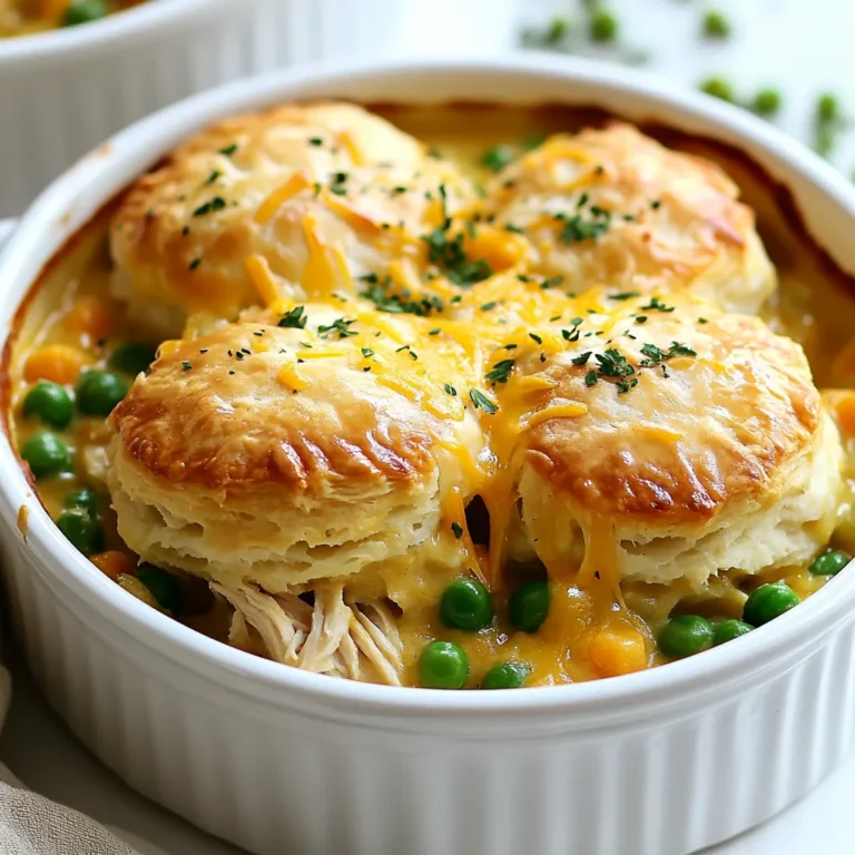 - 2 Tassen gegartes Hühnchen, zerrupft - 1 Tasse gekochtes Hummerfleisch, gehackt - 1 Tasse gefrorene Erbsen und Karotten - 1/2 Tasse grüne Bohnen, gehackt - 1/3 Tasse Zwiebel, gewürfelt - 1/3 Tasse Sellerie, gewürfelt - 2 Knoblauchzehen, fein gehackt - 1 Tasse Hühnerbrühe - 1/2 Tasse Schlagsahne - 1 Teelöffel getrockneter Thymian - 1 Teelöffel getrockneter Basilikum - Salz und Pfeffer nach Geschmack - 1 Tasse geriebener Cheddar-Käse - 1 Paket Red Lobster Bisquit-Mischung (inklusive Knoblauchkräuter-Mischung) - 1/2 Tasse Milch (für die Bisquit-Mischung) - Hühnchen: Es gibt der Füllung Substanz und Protein. - Hummer: Fügt einen feinen, süßen Geschmack hinzu. - Gemüse: Erbsen, Karotten und grüne Bohnen sorgen für Farbe und Nährstoffe. - Zwiebeln und Knoblauch: Sie bringen ein tolles Aroma und Geschmack. - Hühnerbrühe und Schlagsahne: Diese machen die Füllung cremig und reichhaltig. - Käse: Der Cheddar bringt einen herzhaften Geschmack in die Biscuits. - Red Lobster Bisquit-Mischung: Sie ist einfach und sorgt für leckere, flauschige Biscuits. - Wählen Sie frisches Hühnchen, das fest und rosa ist. - Achten Sie darauf, dass Hummerfleisch frisch riecht und eine feste Textur hat. - Kaufen Sie gefrorenes Gemüse, das keine Eisbildung hat. - Wählen Sie Zwiebeln und Sellerie, die fest und ohne Flecken sind. - Überprüfen Sie die Hühnerbrühe auf einen klaren, frischen Geschmack. - Greifen Sie nach hochwertigem Cheddar, der gut schmilzt. Diese Zutaten machen die Red Lobster Biscuit Chicken Pot Pie zu einem echten Genuss! {{ingredient_image_2}} Zuerst heizen wir den Ofen auf 190°C vor. Dies ist wichtig, um die Biscuits perfekt zu backen. In einer großen Pfanne erhitzen wir etwas Öl. Wir geben die gewürfelte Zwiebel, den gehackten Knoblauch und den Sellerie hinein. Diese Zutaten sautieren wir für 3-4 Minuten. So entfalten sie ihr volles Aroma. Nun fügen wir das zerrupfte Hühnchen und das gehackte Hummerfleisch hinzu. Wir braten diese Mischung für weitere 2 Minuten an. Dann kommen die gefrorenen Erbsen, Karotten und grünen Bohnen dazu. Jetzt gießen wir die Hühnerbrühe und die Schlagsahne in die Pfanne. Wir rühren alles gut um, bis es gut vermischt ist. Um den Geschmack zu verbessern, würzen wir mit Thymian, Basilikum, Salz und Pfeffer. Lassen Sie die Mischung 5 Minuten köcheln, bis sie leicht eingedickt ist. Danach übertragen wir die Mischung in eine Auflaufform. In einer Rührschüssel bereiten wir die Red Lobster Biscuit-Mischung mit Milch vor. Wir mischen alles gut und heben den geriebenen Cheddar-Käse vorsichtig unter. Löffeln Sie kleine Portionen der Bisquit-Mischung gleichmäßig über die Füllung. So wird alles gut bedeckt. Backen Sie das Gericht 25-30 Minuten im vorgeheizten Ofen, bis die Biscuits goldbraun sind. Nehmen Sie die Pastete aus dem Ofen und lassen Sie sie kurz abkühlen, bevor Sie sie servieren. Die Backzeit ist wichtig. Stellen Sie sicher, dass die Biscuits goldbraun sind. Wenn sie zu hell sind, sind sie nicht durchgegart. Achten Sie auch darauf, die Füllung vor dem Backen gleichmäßig zu verteilen. So erhält jeder Bissen Geschmack. Ein häufiger Fehler ist, die Füllung zu dickflüssig zu machen. Achten Sie darauf, die Hühnerbrühe und die Schlagsahne gut zu mischen. Wenn die Mischung zu dick ist, wird die Pastete schwer. Verwenden Sie frisches Gemüse, um den Geschmack zu verbessern. Tiefkühlgemüse kann oft wässrig werden, was die Textur beeinträchtigt. Stellen Sie sicher, dass Ihr Ofen gut vorgeheizt ist. Ein kalter Ofen kann die Backzeit verlängern. Die Konsistenz der Füllung ist wichtig. Sie sollte cremig, aber nicht zu flüssig sein. Kochen Sie die Füllung kurz, um sie leicht einzudicken. Lassen Sie die Mischung vor dem Befüllen der Auflaufform etwas abkühlen. Das hilft, eine bessere Textur zu erzielen. Wenn Sie die Bisquit-Mischung zubereiten, mischen Sie die Milch gut ein. Dies sorgt für eine lockere und luftige Konsistenz. Für eine schöne Präsentation servieren Sie die Pastete in einzelnen Schalen. Garnieren Sie das Gericht mit frischer Petersilie. Das gibt Farbe und Frische. Ein frischer Salat als Beilage macht das Gericht noch ansprechender. Stellen Sie sicher, dass die Biscuits goldbraun sind. Das gibt nicht nur eine schöne Farbe, sondern auch einen leckeren Geschmack. Pro Tipps Frische Zutaten verwenden: Verwenden Sie frisches Hummerfleisch, wenn möglich, um den besten Geschmack zu erzielen. Frisch zubereitete Zutaten machen einen großen Unterschied in der Qualität des Gerichts. Variation bei Gemüse: Fühlen Sie sich frei, das Gemüse nach Ihrem Geschmack zu variieren. Zucchini oder Paprika können eine schöne zusätzliche Textur und Farbe bringen. Vorsicht beim Würzen: Beginnen Sie mit weniger Salz und Pfeffer und passen Sie es nach dem Kochen an. So vermeiden Sie, dass das Gericht zu salzig wird. Überbacken für extra Geschmack: Für eine knusprigere Oberfläche können Sie die Pastete in den letzten 5 Minuten unter den Grill stellen. Achten Sie darauf, dass sie nicht verbrennt! {{image_4}} Wenn Sie eine vegetarische Version der Red Lobster Biscuit Chicken Pot Pie möchten, können Sie das Hühnchen und den Hummer ersetzen. Verwenden Sie stattdessen mehr Gemüse und pflanzliche Proteine. Eine gute Wahl sind: - 2 Tassen gekochte Kichererbsen oder Linsen - 1 Tasse gewürfelter Tofu - 1 Tasse gefrorene Erbsen und Karotten - 1/2 Tasse Brokkoli, klein geschnitten Diese Zutaten bieten eine tolle Textur und Fülle. Für verschiedene Geschmäcker können Sie die Gewürze ganz leicht anpassen. Mögen Sie es schärfer? Fügen Sie einen Teelöffel rote Paprika oder einen Hauch Chili hinzu. Oder wenn Sie einen anderen Geschmack wünschen, probieren Sie: - 1 Teelöffel geräucherten Paprika - 1 Teelöffel Curry-Pulver Diese Änderungen bringen neue Aromen in Ihr Gericht. Sie können die Meeresfrüchte im Rezept leicht variieren. Statt Hummer können Sie Garnelen oder Krabben verwenden. Diese Optionen sind lecker und passen gut in die Füllung. Hier sind einige einfache Alternativen: - 1 Tasse gekochte Garnelen, grob gehackt - 1 Tasse gekochte Krabbenstücke Diese Meeresfrüchte verleihen dem Gericht eine andere Note, die Sie sicher lieben werden. Um die Reste deines Red Lobster Biscuit Chicken Pot Pie richtig zu lagern, lasse sie zuerst abkühlen. Fülle die Reste in einen luftdichten Behälter. Stelle sicher, dass der Behälter gut verschlossen ist. So bleiben die Aromen frisch. Du kannst die Reste bis zu drei Tage im Kühlschrank aufbewahren. Wenn du die Reste wieder aufwärmen möchtest, benutze den Ofen. Heize ihn auf 175°C vor. Lege die Portionen in eine Auflaufform. Bedecke sie mit Aluminiumfolie, um das Austrocknen zu vermeiden. Erwärme die Pastete für etwa 20 Minuten. So bleibt der Biscuit knusprig und die Füllung wird gleichmäßig warm. Im Kühlschrank hält sich dein Chicken Pot Pie drei Tage. Im Gefrierschrank kannst du ihn bis zu drei Monate lagern. Stelle sicher, dass du ihn gut einpackst. Verwende Folie oder einen gefrierfesten Behälter. So bleibt die Qualität erhalten. Wenn du ihn auftauen möchtest, lasse ihn über Nacht im Kühlschrank. Dann erwärme ihn wie oben beschrieben. Du kannst viele Dinge an diesem Rezept ändern. Wenn du kein Hummer magst, lass ihn weg. Füge mehr Hühnchen hinzu. Du kannst auch andere Gemüsearten verwenden, wie Paprika oder Brokkoli. Probiere verschiedene Kräuter, um den Geschmack zu ändern. Wenn du eine cremigere Füllung willst, erhöhe die Schlagsahne. Du kannst auch etwas Käse hinzufügen, um mehr Geschmack zu bekommen. Ja, frisches Hummerfleisch ist eine tolle Option. Es schmeckt besser und hat eine schöne Textur. Achte darauf, es gut zu kochen, bevor du es hinzufügst. Du kannst die Menge auch nach deinem Geschmack anpassen. Wenn du mehr Hummer magst, füge einfach mehr hinzu. Die Red Lobster Biscuit-Mischung findest du in vielen Supermärkten. Schau in der Backabteilung oder im internationalen Lebensmittelbereich. Du kannst sie auch online bestellen. Websites wie Amazon oder spezielle Lebensmittelgeschäfte bieten sie oft an. Achte darauf, die Knoblauchkräuter-Mischung zu bekommen, um den vollen Geschmack zu erleben. Zusammenfassend haben wir die wichtigsten Zutaten und deren Funktionen behandelt. Ich habe Schritt für Schritt die Zubereitung erklärt und Tipps gegeben, um Fehler zu vermeiden. Wir haben auch Variationen besprochen, um das Rezept anzupassen. Zum Schluss habe ich Hinweise zur Lagerung und häufige Fragen beantwortet. Nutzen Sie dieses Wissen, um Ihr Gericht zu perfektionieren und zu genießen. Die richtigen Zutaten und Techniken machen einen großen Unterschied. Viel Spaß beim Kochen!