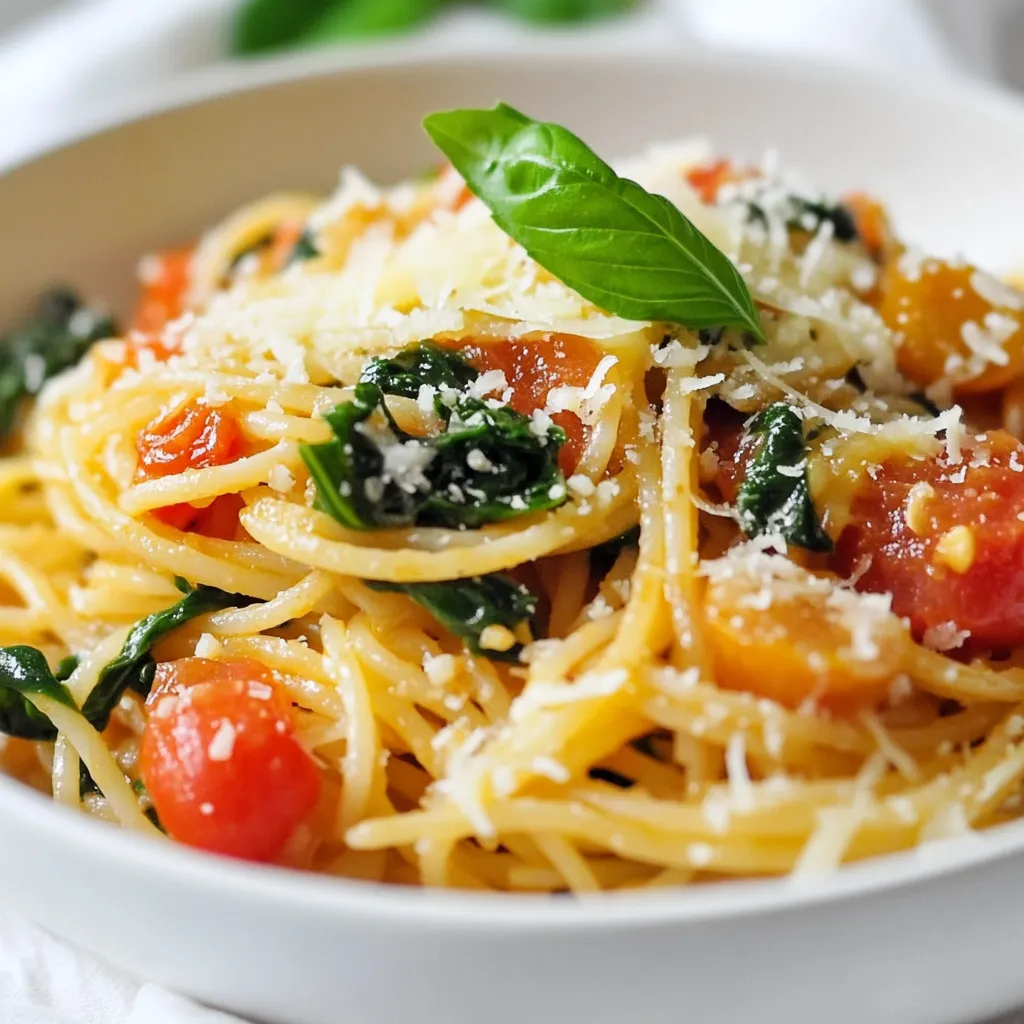 Für dein Spinat Tomaten Pasta Rezept brauchst du die folgenden Zutaten: - 225 g Vollkornspaghetti - 2 Esslöffel Olivenöl - 3 Knoblauchzehen, fein gehackt - 1 kleine Zwiebel, gewürfelt - 4 Tassen frischer Spinat, grob gehackt - 1 Dose (400 g) gewürfelte Tomaten, abgetropft - 1 Teelöffel getrocknetes Basilikum - 1 Teelöffel getrockneter Oregano - Salz und Pfeffer nach Geschmack - 1/4 Teelöffel rote Paprikaflocken (optional für Schärfe) - 125 g geriebener Parmesan (oder eine pflanzliche Alternative) - Frische Basilikumblätter zur Garnitur Wenn du frischen Spinat kaufst, achte auf tiefgrüne Blätter. Sie sollten knackig und nicht welk sein. Vermeide Spinat mit braunen oder gelben Flecken. Für die Tomaten wähle solche, die fest sind und einen süßen Duft haben. Reife, saftige Tomaten machen deine Pasta viel leckerer. Wenn du keinen Parmesan magst, probiere eine pflanzliche Alternative. Auch Feta oder Ricotta passen gut. Du kannst die Vollkornspaghetti durch normale Spaghetti ersetzen, wenn du das willst. Für mehr Geschmack füge frische Kräuter hinzu oder nutze andere Gemüsesorten wie Zucchini oder Paprika. {{ingredient_image_2}} Bringe einen großen Topf mit gesalzenem Wasser zum Kochen. Verwende genug Wasser, damit die Pasta gut schwimmen kann. Füge 225 g Vollkornspaghetti hinzu. Koche sie gemäß den Packungsanweisungen bis sie al dente sind. Vergiss nicht, 1/2 Tasse Nudelkochwasser aufzuheben. Das hilft später, die Sauce zu binden. Lass die Pasta abtropfen und stelle sie beiseite. Erhitze 2 Esslöffel Olivenöl in einer großen Pfanne bei mittlerer Hitze. Schneide eine kleine Zwiebel in kleine Würfel. Gib die Zwiebel in das Öl und brate sie 4-5 Minuten, bis sie weich und durchscheinend ist. Hacke 3 Knoblauchzehen fein und füge sie hinzu. Brate den Knoblauch 1-2 Minuten, bis er gut riecht. Pass auf, dass er nicht verbrennt! Jetzt kommt der Spinat. Gib 4 Tassen grob gehackten Spinat in die Pfanne und koche ihn 2-3 Minuten, bis er zusammengefallen ist. Öffne eine Dose mit 400 g gewürfelten Tomaten und lasse sie abtropfen. Gib die Tomaten in die Pfanne. Füge 1 Teelöffel getrocknetes Basilikum und 1 Teelöffel getrockneten Oregano hinzu. Würze mit Salz und Pfeffer. Wenn du es scharf magst, füge 1/4 Teelöffel rote Paprikaflocken hinzu. Rühre alles gut um und lass die Mischung 5-7 Minuten köcheln. Jetzt kommt die Pasta zurück in die Pfanne. Mische alles gut. Wenn es zu trocken ist, füge nach und nach etwas von dem aufbewahrten Nudelkochwasser hinzu. Zum Schluss 125 g geriebenen Parmesan unterrühren, bis er geschmolzen ist. Schmecke alles ab und passe die Gewürze nach deinem Geschmack an. Serviere die Pasta heiß, garniert mit frischen Basilikumblättern und extra Parmesan, wenn du magst. Um die perfekte al dente-Pasta zu kochen, folge diesen einfachen Schritten: - Bring einen großen Topf mit gesalzenem Wasser zum Kochen. - Füge die Spaghetti hinzu und rühre sie um. - Koche die Pasta gemäß den Anweisungen auf der Verpackung. - Probiere die Pasta ein oder zwei Minuten vor dem Ende der Kochzeit. - Die Pasta ist al dente, wenn sie weich, aber noch bissfest ist. Achte darauf, etwas Nudelkochwasser aufzuheben. Es hilft, die Sauce später zu binden. Die Gewürze machen dein Gericht besonders. Hier sind einige Ideen: - Basilikum: Frisch oder getrocknet für mehr Aroma. - Oregano: Ein klassischer Begleiter für Tomatensauce. - Rote Paprikaflocken: Füge sie hinzu, wenn du etwas Schärfe magst. - Salz und Pfeffer: Schmecke das Gericht ab, um die Aromen zu verstärken. Experimentiere mit diesen Gewürzen, um deinen eigenen Geschmack zu finden. Eine schöne Garnitur macht dein Gericht ansprechend. Probiere diese Tipps: - Frische Basilikumblätter: Sie bringen Farbe und Frische. - Geriebener Parmesan: Streue etwas Käse darüber für einen cremigen Geschmack. - Olivenöl: Ein Spritzer hochwertiges Olivenöl rundet das Gericht ab. Serviere die Pasta in tiefen Tellern. So sieht sie einladend aus und bleibt warm. Pro Tipps Pasta al dente kochen: Achten Sie darauf, die Spaghetti nur bis zur al dente-Konsistenz zu kochen, damit sie beim Mischen mit der Sauce nicht matschig werden. Frische Kräuter verwenden: Für ein intensiveres Aroma können Sie frische Basilikumblätter anstelle von getrocknetem Basilikum hinzufügen. Diese geben der Pasta eine frische Note. Nudelkochwasser aufbewahren: Das Nudelkochwasser enthält Stärke, die hilft, die Sauce zu binden und eine cremigere Konsistenz zu erzielen. Fügen Sie es nach Bedarf hinzu. Parmesan richtig einarbeiten: Rühren Sie den Parmesan gründlich unter die Pasta, wenn sie noch heiß ist, damit der Käse gleichmäßig schmilzt und sich gut verteilt. {{image_4}} Wenn du eine vegane Version von Spinat Tomaten Pasta machen möchtest, ist das ganz einfach! Du kannst den Parmesan durch eine pflanzliche Alternative ersetzen. Es gibt viele tolle Produkte im Handel. Du kannst auch Nährhefe verwenden. Sie gibt einen ähnlichen Geschmack und ist nährstoffreich. Um mehr Protein hinzuzufügen, probiere gebratenes Hähnchen oder Tofu. Wenn du Hähnchen verwendest, koche es zuerst in der Pfanne. Schneide es dann in Stücke und mische es mit der Pasta. Für Tofu, schneide ihn in Würfel und brate ihn goldbraun. Füge ihn nach dem Spinat hinzu. So wird die Mahlzeit noch sättigender. Du kannst auch andere Gemüsesorten in die Pasta einbauen. Zucchini, Paprika oder Pilze passen gut dazu. Schneide sie klein und brate sie zusammen mit der Zwiebel an. Das gibt dem Gericht mehr Farbe und Nährstoffe. Experimentiere mit dem Gemüse, das du magst. So wird deine Pasta jedes Mal einzigartig und lecker! Um Reste von Spinat Tomaten Pasta frisch zu halten, lege sie in einen luftdichten Behälter. Du kannst die Pasta auch in Portionen aufteilen. Dies hilft, die Reste später einfacher zu erwärmen. Stelle sicher, dass die Pasta abgekühlt ist, bevor du sie in den Kühlschrank stellst. So vermeidest du Kondenswasser. Wenn du die Reste aufwärmen möchtest, gibt es einige einfache Möglichkeiten. Du kannst die Pasta in der Mikrowelle erwärmen. Füge etwas Wasser hinzu, um die Feuchtigkeit zu erhalten. Decke die Schüssel mit einem feuchten Papiertuch ab. Alternativ kannst du die Pasta in einer Pfanne auf dem Herd erhitzen. Füge etwas Olivenöl oder Brühe hinzu, um sie geschmeidig zu machen. Rühre die Pasta vorsichtig um, bis sie heiß ist. Im Kühlschrank bleibt die Spinat Tomaten Pasta etwa 3 bis 4 Tage frisch. Achte darauf, sie gut abzudecken. Wenn du die Pasta länger aufbewahren möchtest, kannst du sie einfrieren. Sie hält sich bis zu 2 Monate im Gefrierfach. Am besten portionierst du die Pasta vor dem Einfrieren. So kannst du nur die Menge auftauen, die du brauchst. Die Zubereitung der Spinat Tomaten Pasta dauert insgesamt etwa 25 Minuten. Die Vorbereitungszeit beträgt 10 Minuten, während das Kochen der Pasta und die Zubereitung der Sauce weitere 15 Minuten in Anspruch nehmen. Das ist schnell und einfach! Ja, du kannst gefrorenen Spinat verwenden. Achte darauf, ihn vorher gut abzutropfen. Gefrorener Spinat hat oft mehr Wasser. Das kann die Sauce wässrig machen. Frischer Spinat hat eine bessere Textur und mehr Geschmack. Hier sind einige Beilagen, die gut passen: - Ein einfacher grüner Salat mit Vinaigrette. - Knuspriges Brot oder Focaccia. - Gegrilltes Gemüse, wie Zucchini oder Paprika. - Parmesan oder eine pflanzliche Alternative zum Bestreuen. Diese Beilagen ergänzen die Aromen der Pasta perfekt. In diesem Artikel haben wir die wichtigsten Zutaten für die Spinat-Tomaten-Pasta besprochen. Du hast gelernt, frische Zutaten auszuwählen und Alternativen zu verwenden. Die Schritt-für-Schritt-Anleitung hilft dir beim Kochen. Tipp, Tricks und Variationen bieten dir weitere Ideen. Denke daran, die Reste gut zu lagern und richtig aufzuwärmen. Mit diesen Informationen kannst du deine Pasta perfekt zubereiten und anpassen. Probiere neue Variationen aus und genieße dein Gericht!