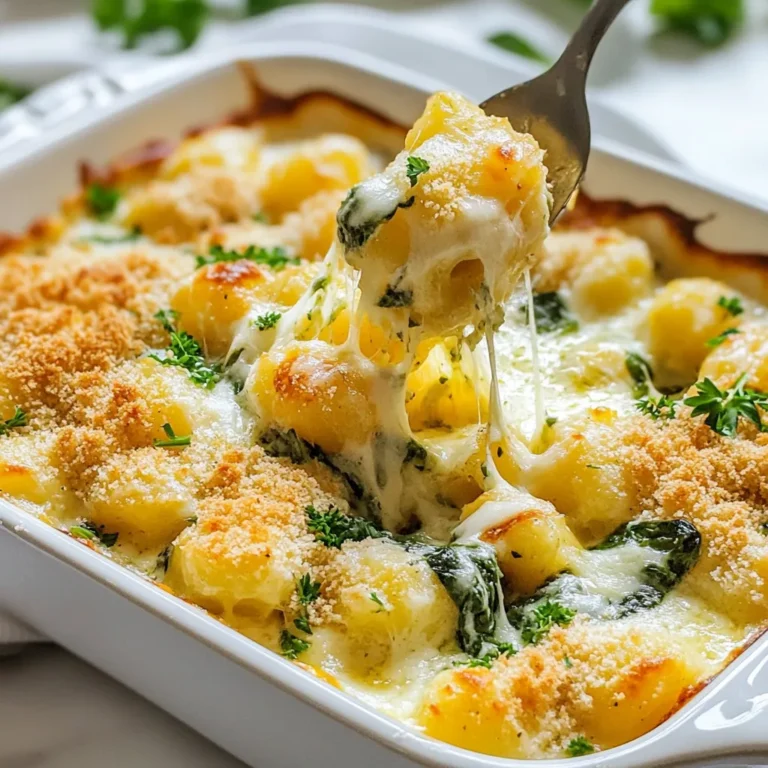 Für den Spinat-Artischocken-Gnocchi-Auflauf benötigst du einige wichtige Zutaten. Sie geben dem Gericht seinen tollen Geschmack. Hier sind die Hauptzutaten: - 450 g Kartoffelgnocchi - 240 g frischer Spinat, gehackt - 240 g gefrorene Artischockenherzen, aufgetaut und grob gehackt - 240 g Frischkäse, weich - 240 g Schmand - 240 g geriebener Mozzarella - 50 g geriebener Parmesan - 2 Knoblauchzehen, fein gehackt - 1 Teelöffel Zwiebelpulver - ½ Teelöffel Chiliflocken (optional) - Salz und Pfeffer nach Geschmack - 1 Esslöffel Olivenöl - 50 g Paniermehl (zum Bestreuen) - Frische Petersilie, gehackt (zur Garnitur) Diese Zutaten machen den Auflauf cremig und herzhaft. Die Kombination aus Spinat und Artischocken bringt eine schöne Frische. Neben den Hauptzutaten gibt es einige zusätzliche Zutaten. Diese verleihen dem Auflauf noch mehr Geschmack und Textur. Der Knoblauch gibt ein tolles Aroma. Zwiebelpulver verstärkt den Geschmack. Chili gibt eine leichte Schärfe. Olivenöl sorgt dafür, dass alles gut zusammenkommt. Paniermehl oben drauf macht den Auflauf schön knusprig. Petersilie als Garnitur gibt eine frische Note. Es gibt einige Alternativen, falls du etwas nicht hast. Für den Frischkäse kannst du Ricotta oder Hüttenkäse nehmen. Das gibt dem Gericht eine andere Textur, bleibt aber lecker. Wenn du keinen Schmand hast, funktioniert auch saure Sahne. Du kannst frischen Spinat durch gefrorenen ersetzen. Achte darauf, ihn gut abzutropfen. Für eine glutenfreie Option wähle glutenfreie Gnocchi. Diese kleinen Änderungen machen keinen großen Unterschied, aber sie helfen dir, deine Wünsche zu erfüllen. {{ingredient_image_2}} Zuerst heizen Sie den Ofen auf 190°C vor. Nehmen Sie eine große Backform und fetten Sie sie leicht ein. Bereiten Sie alle Zutaten vor. Hacken Sie den Spinat und die Artischocken. Messen Sie den Frischkäse, Schmand und die Käsesorten ab. So haben Sie alles griffbereit. Bringen Sie in einem großen Topf gesalzenes Wasser zum Kochen. Geben Sie die Kartoffelgnocchi hinein. Kochen Sie sie für 2-3 Minuten, bis sie an die Oberfläche schwimmen. Das zeigt, dass sie fertig sind. Gießen Sie die Gnocchi ab und stellen Sie sie beiseite. Erhitzen Sie in einer Pfanne 1 Esslöffel Olivenöl bei mittlerer Hitze. Fügen Sie die fein gehackten Knoblauchzehen hinzu. Sautieren Sie den Knoblauch für etwa 1 Minute. Er wird aromatisch. Geben Sie dann den gehackten Spinat in die Pfanne. Kochen Sie ihn für 2-3 Minuten, bis er zusammengefallen ist. Jetzt fügen Sie die grob gehackten Artischocken hinzu und rühren alles gut um. Nehmen Sie eine große Schüssel. Geben Sie den weichen Frischkäse, den Schmand, Zwiebelpulver, Chiliflocken, die Hälfte des geriebenen Mozzarellas und Parmesans hinein. Würzen Sie die Mischung mit Salz und Pfeffer. Mischen Sie alles gut. Falten Sie nun die gekochten Gnocchi und die Spinat-Artischockenmischung vorsichtig unter die Frischkäsemischung. Achten Sie darauf, dass alles gleichmäßig bedeckt ist. Geben Sie die Gnocchimischung in die vorbereitete Backform. Verteilen Sie sie gleichmäßig. Bestreuen Sie die Oberseite mit dem restlichen Mozzarella, Parmesan und Paniermehl. Backen Sie den Auflauf im vorgeheizten Ofen für 25-30 Minuten. Der Auflauf sollte blubbern und goldbraun sein. Nach dem Backen nehmen Sie ihn aus dem Ofen und lassen ihn 5 Minuten ruhen. Garnieren Sie den Auflauf vor dem Servieren mit frisch gehackter Petersilie. Um die perfekte Gnocchi-Konsistenz zu erreichen, koche die Gnocchi nur kurz. Lass sie nicht zu lange im Wasser. Wenn sie an die Oberfläche schwimmen, sind sie fertig. Achte darauf, dass du die Gnocchi sanft umschlägst, um sie nicht zu zerdrücken. Verwende frische oder gefrorene Gnocchi für den besten Geschmack. Um den Geschmack zu verbessern, kannst du verschiedene Zutaten hinzufügen. Probiere, etwas Feta oder Ricotta hinzuzufügen. Diese Käsesorten bringen mehr Cremigkeit. Eine Prise Muskatnuss passt gut zum Spinat. Auch geröstete Pinienkerne machen das Gericht knusprig und lecker. Du kannst auch verschiedene Kräuter wie Basilikum oder Thymian verwenden, um neue Aromen zu entdecken. Das Anrichten macht den Auflauf noch ansprechender. Verwende eine schöne Auflaufform, um die Farben zu zeigen. Streue frische Petersilie vor dem Servieren darüber. Das macht das Gericht frisch und einladend. Serviere den Auflauf heiß mit einem Salat oder knusprigem Brot. So wird dein Gericht zu einem echten Hit! Pro Tips Tip for Perfect Gnocchi: Always cook your gnocchi in boiling salted water until they float to the surface. This ensures they are perfectly cooked and fluffy. Freshness Matters: Use fresh spinach instead of frozen for a brighter flavor and better texture. If using frozen, make sure to thoroughly drain and squeeze out excess moisture. Customize Your Cheese: Feel free to mix different cheeses for added flavor. A blend of fontina or gouda can add a delicious twist to your dish. Make It Ahead: This dish can be assembled a day in advance. Just cover it tightly and store it in the fridge. Bake it when you're ready to serve for a quick meal. {{image_4}} Wenn Sie eine vegetarische Option suchen, sind Sie hier richtig. Dieses Rezept ist bereits vegetarisch. Sie können weitere Gemüsesorten hinzufügen, wie Paprika oder Zucchini. Diese bringen frische Aromen hinein. Auch Pilze sind eine tolle Ergänzung und geben einen herzhaften Geschmack. Diese Zutaten passen gut zu Spinat und Artischocken. Für eine glutenfreie Version können Sie glutenfreie Gnocchi verwenden. Diese sind in vielen Läden erhältlich. Achten Sie beim Kauf auf die Zutatenliste. Sie können auch Blumenkohl oder Süßkartoffeln als Basis verwenden. Diese Optionen sind gesund und lecker. So bleibt der Auflauf trotzdem köstlich und befriedigend. Fühlen Sie sich frei, kreativ zu sein! Fügen Sie Gemüse wie Brokkoli oder Erbsen hinzu. Diese passen gut zu den bestehenden Zutaten. Wenn Sie mehr Farbe wollen, nutzen Sie Karotten oder rote Paprika. Das macht das Gericht nicht nur lecker, sondern auch schön anzusehen. Experimentieren Sie mit verschiedenen Gemüsesorten, um Ihren perfekten Gnocchi-Auflauf zu finden. Wenn Sie Reste des Gnocchi-Auflaufs haben, lassen Sie ihn zuerst abkühlen. Teilen Sie den Auflauf in Portionen. Verwenden Sie luftdichte Behälter. So bleibt der Geschmack frisch. Reste halten sich im Kühlschrank etwa 3-4 Tage. Achten Sie darauf, die Reste gut abzudecken. Sie können den Gnocchi-Auflauf auch einfrieren. Lassen Sie ihn zuerst ganz abkühlen. Teilen Sie ihn in Portionsgrößen. Wickeln Sie jede Portion in Frischhaltefolie. Legen Sie die Portionen dann in einen Gefrierbeutel. So bleibt der Auflauf bis zu 3 Monate frisch. Beschriften Sie die Beutel mit dem Datum. Das hilft Ihnen, den Überblick zu behalten. Um den Auflauf aufzuwärmen, nehmen Sie eine Portion heraus. Lassen Sie sie zuerst auf Raumtemperatur kommen. Heizen Sie den Ofen auf 180°C vor. Legen Sie die Portion in eine Auflaufform. Decken Sie die Form mit Alufolie ab. Backen Sie den Auflauf für etwa 20 Minuten. Überprüfen Sie, ob er heiß ist. Genießen Sie die leckere Kombination aus Spinat und Artischocken! Die Zubereitung dauert insgesamt etwa 50 Minuten. Du brauchst 15 Minuten für die Vorbereitung und 25-30 Minuten zum Backen. Das Kochen der Gnocchi dauert nur 2-3 Minuten. Es ist also schnell und einfach zu machen. Ja, frische Gnocchi sind perfekt für dieses Rezept. Sie haben eine tolle Textur und Geschmack. Achte darauf, die Kochzeit anzupassen, da frische Gnocchi oft schneller gar sind. Der beste Käse ist eine Mischung aus Mozzarella und Parmesan. Mozzarella schmilzt schön und wird goldbraun. Parmesan gibt einen tollen Geschmack. Du kannst auch andere Käsesorten ausprobieren, wie Gouda oder Fontina. Der Auflauf hat viele gesunde Zutaten wie Spinat und Artischocken. Du kannst die Sahne und den Käse reduzieren, um ihn leichter zu machen. Wenn du glutenfrei bist, verwende glutenfreie Gnocchi. Das Gericht kann also an verschiedene Diäten angepasst werden. Der Spinat-Artischocken-Gnocchi-Auflauf ist einfach zuzubereiten und lecker. Wir haben die wichtigsten Zutaten, die Zubereitungsschritte und wertvolle Tipps behandelt. Vergessen Sie nicht die Variationen für verschiedene Diäten. Auch die Lagerungshinweise helfen, Reste gut zu nutzen. Genießen Sie das Kochen und Experimentieren! Ihr Auflauf wird sicher ein Hit.