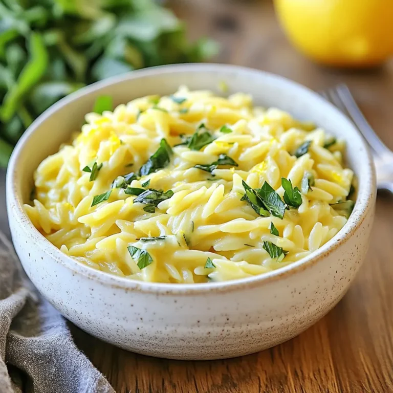 Für dieses leckere Gericht brauchen Sie: - 1 Tasse Orzo-Nudeln - 2 Tassen Gemüsebrühe - 1/2 Tasse Boursin-Käse - 1 Esslöffel Olivenöl - 1 kleine Schalotte, fein gehackt - 2 Knoblauchzehen, gehackt - 1 Zitrone, abgerieben und ausgepresst - 1 Tasse frischer Spinat, grob gehackt - Salz und Pfeffer nach Geschmack - Frische Petersilie, gehackt (zum Garnieren) Diese Zutaten machen den Orzo cremig und zitronig. Orzo hat eine tolle Textur und nimmt den Geschmack gut auf. Um das Gericht nach Ihrem Geschmack zu ändern, können Sie folgende Zutaten hinzufügen: - Gehackte Tomaten für Frische - Pesto für mehr Kräuteraroma - Gegrilltes Hähnchen für mehr Protein - Pinienkerne für einen nussigen Crunch Diese Optionen geben dem Gericht mehr Tiefe und Abwechslung. Sie können kreativ sein und jeden Bissen spannend gestalten. Boursin gibt es in vielen Geschmacksrichtungen. Wählen Sie einen, der zu Ihrem Gericht passt: - Klassisch: Mild und cremig - Knoblauch und Kräuter: Für einen würzigen Kick - Paprika: Für eine süßliche Note Achten Sie darauf, dass der Boursin frisch ist. So bleibt der Geschmack lebendig und lecker. {{ingredient_image_2}} Um die Orzo-Nudeln vorzubereiten, bringe zuerst die Gemüsebrühe in einem mittelgroßen Topf zum Kochen. Wenn das Wasser sprudelt, füge die Orzo-Nudeln hinzu. Koche sie nach den Anweisungen auf der Verpackung, bis sie al dente sind. Dies dauert etwa 8 bis 10 Minuten. Halte ein wenig Brühe zurück, das hilft später. Während die Nudeln kochen, erhitze das Olivenöl in einer großen Pfanne bei mittlerer Hitze. Gib die fein gehackte Schalotte hinein und brate sie etwa 3 bis 4 Minuten an. Sie wird dann weich und durchscheinend. Jetzt füge den gehackten Knoblauch hinzu und brate ihn für 1 Minute mit. Achte darauf, dass er nicht anbrennt, da er sonst bitter schmeckt. Wenn die Orzo-Nudeln fertig sind, gieße die restliche Brühe ab, aber behalte 1/2 Tasse. Füge die gekochten Nudeln in die Pfanne mit der Schalotte und dem Knoblauch. Jetzt kommt der Boursin-Käse dazu, zusammen mit der Zitronenschale, dem Zitronensaft und der aufbewahrten Brühe. Rühre gut um, bis der Käse schmilzt und die Nudeln gleichmäßig cremig sind. Schließlich gebe den gehackten Spinat dazu und lasse ihn eine weitere Minute kochen, bis er zusammengefallen ist. Schmecke alles mit Salz und Pfeffer ab. Genieß dein Gericht warm! Um die perfekte Konsistenz für deinen cremigen Orzo zu erreichen, achte auf die Kochzeit. Koche die Orzo-Nudeln genau 8 bis 10 Minuten. Sie sollten al dente sein. Das bedeutet, sie müssen noch etwas Biss haben. Halte etwa 1/2 Tasse Gemüsebrühe zurück, bevor du das Wasser abgießt. Diese Brühe hilft, die Sauce cremig zu machen, wenn du den Boursin-Käse hinzufügst. Rühre alles gut durch, damit jeder Bissen so lecker ist wie der letzte. Du kannst das Gericht ganz einfach anpassen. Füge frische Kräuter wie Basilikum oder Thymian hinzu. Diese geben mehr Geschmack und Frische. Du kannst auch gebratene Pilze oder getrocknete Tomaten verwenden. Diese Zutaten bringen mehr Tiefe in das Gericht. Wenn du etwas Schärfe magst, probiere rote Pfefferflocken. Sie geben dem Gericht einen schönen Kick. Die Gewürze sind wichtig für den Geschmack. Salz und Pfeffer sind ein Muss. Du kannst auch ein wenig Zitrone hinzufügen, um die Frische zu verstärken. Versuche, etwas Zitronenschale über das fertige Gericht zu reiben. Das gibt einen tollen Duft. Wenn du mehr Komplexität willst, verwende Knoblauchpulver oder Zwiebelpulver. Diese Gewürze sind einfach in der Handhabung und verleihen dem Gericht das gewisse Etwas. Pro Tips Wählen Sie den richtigen Boursin-Käse: Experimentieren Sie mit verschiedenen Geschmacksrichtungen des Boursin-Käses, um Ihrem Orzo-Gericht eine besondere Note zu verleihen. Knoblauch und Kräuter sind großartige Optionen, die sich gut mit den Zitrusnoten kombinieren. Brühe aufbewahren: Achten Sie darauf, etwas Brühe aufzuheben, bevor Sie die Orzo-Nudeln abgießen. Diese kann helfen, das Gericht cremiger zu machen und die Aromen zu intensivieren. Frischer Spinat: Verwenden Sie frischen Spinat anstelle von gefrorenem, da er mehr Geschmack und eine bessere Textur bietet. Er sollte zum Schluss hinzugefügt werden, damit er nur kurz zusammenfällt und seine leuchtende Farbe behält. Servieren mit Garnitur: Frische Petersilie oder andere Kräuter verleihen dem Gericht nicht nur einen Farbtupfer, sondern auch einen zusätzlichen Geschmack. Sie können auch geröstete Pinienkerne für einen knusprigen Kontrast hinzufügen. {{image_4}} Um eine vegane Version des Boursin-Orzo zuzubereiten, ersetzen Sie den Boursin-Käse durch einen pflanzlichen Käse. Achten Sie darauf, einen cremigen Käse zu wählen, der gut schmilzt. Sie können auch Cashew-Creme verwenden, um die gleiche Konsistenz zu erreichen. Ein Spritzer Zitronensaft verstärkt den Geschmack und ergänzt die frischen Aromen. Für einen mediterranen Touch fügen Sie Zutaten wie getrocknete Tomaten, schwarze Oliven oder Artischockenherzen hinzu. Diese Zutaten bringen mehr Textur und Geschmack in Ihr Gericht. Sie können auch frische Kräuter wie Basilikum oder Oregano verwenden, um die Aromen zu vertiefen. Nutzen Sie das saisonale Gemüse, um Ihr Gericht zu variieren. Im Frühling können Sie Spargel oder Erbsen verwenden. Im Sommer sind Zucchini und Paprika ideal. Im Herbst passen Kürbis und Rosenkohl perfekt. Fügen Sie das Gemüse einfach in der letzten Kochminute hinzu, damit es frisch und knackig bleibt. Wenn du Reste von deinem cremigen Zitronen-Boursin-Orzo hast, lagere sie in einem luftdichten Behälter. Lass das Gericht zuerst auf Raumtemperatur abkühlen. So verhinderst du, dass sich Kondenswasser bildet. Das hilft, die Creme frisch zu halten. Du kannst die Reste bis zu drei Tage im Kühlschrank aufbewahren. Um das Gericht wieder warm zu machen, nimm eine Pfanne. Füge etwas Wasser oder Brühe hinzu, um die Cremigkeit wiederherzustellen. Erhitze es bei mittlerer Hitze und rühre oft um. So bleibt der Orzo nicht klebrig. Du kannst auch die Mikrowelle nutzen. Gib das Gericht in eine mikrowellengeeignete Schüssel und decke sie ab. Erwärme es für ein bis zwei Minuten, rühre dann um und erwärme es weiter, bis es heiß ist. Im Kühlschrank bleibt dein Orzo bis zu drei Tage frisch. Wenn du länger aufbewahren möchtest, friere das Gericht ein. Nutze dazu einen gefrierfesten Behälter. Der Orzo kann bis zu drei Monate im Gefrierschrank bleiben. Wenn du es wieder auftauen möchtest, lass es über Nacht im Kühlschrank auftauen. Danach erwärmst du es wie oben beschrieben. So schmeckt es fast wie frisch zubereitet! Orzo ist eine kleine, reisförmige Pasta. Man verwendet es oft in Salaten oder Suppen. Es hat eine zarte Textur und nimmt Aromen gut auf. In diesem Rezept ist Orzo die Basis für das cremige Gericht. Es kocht schnell und macht das Essen leicht und lecker. Sie können es auch als Beilage zu Fleisch oder Gemüse servieren. Ja, Sie können einen anderen Käse verwenden. Frischkäse oder Ricotta sind gute Alternativen. Sie geben dem Gericht eine ähnliche Cremigkeit, aber mit einem anderen Geschmack. Für mehr Würze können Sie auch Feta oder Ziegenkäse verwenden. Experimentieren Sie, um Ihren Lieblingsgeschmack zu finden. Um das Gericht schärfer zu machen, fügen Sie rote Paprikaflocken hinzu. Diese können Sie beim Anbraten der Schalotten hinzufügen. Eine andere Möglichkeit ist, frischen schwarzen Pfeffer zu verwenden. Wenn Sie mehr Zing möchten, probieren Sie einen Spritzer scharfer Sauce oder etwas Senf. Um zusammenzufassen: Der Blogbeitrag gibt einen klaren Überblick über die Zutaten für cremigen Zitronen-Boursin-Orzo. Du hast Tipps zur Zubereitung und Variationen für mehr Geschmack. Außerdem erfährst du, wie du Reste richtig lagerst. Denke daran, beim Kochen kreativ zu sein. Du kannst verschiedene Käse verwenden und saisonale Gemüsesorten hinzufügen. Mit diesen Tipps wirst du sicher ein leckeres Gericht zaubern. Viel Spaß beim Ausprobieren!