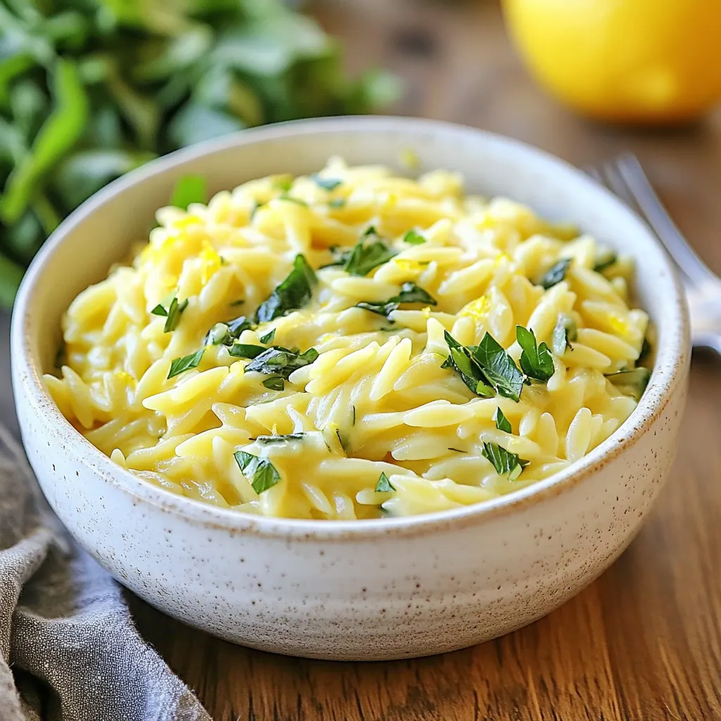 Für dieses leckere Gericht brauchen Sie: - 1 Tasse Orzo-Nudeln - 2 Tassen Gemüsebrühe - 1/2 Tasse Boursin-Käse - 1 Esslöffel Olivenöl - 1 kleine Schalotte, fein gehackt - 2 Knoblauchzehen, gehackt - 1 Zitrone, abgerieben und ausgepresst - 1 Tasse frischer Spinat, grob gehackt - Salz und Pfeffer nach Geschmack - Frische Petersilie, gehackt (zum Garnieren) Diese Zutaten machen den Orzo cremig und zitronig. Orzo hat eine tolle Textur und nimmt den Geschmack gut auf. Um das Gericht nach Ihrem Geschmack zu ändern, können Sie folgende Zutaten hinzufügen: - Gehackte Tomaten für Frische - Pesto für mehr Kräuteraroma - Gegrilltes Hähnchen für mehr Protein - Pinienkerne für einen nussigen Crunch Diese Optionen geben dem Gericht mehr Tiefe und Abwechslung. Sie können kreativ sein und jeden Bissen spannend gestalten. Boursin gibt es in vielen Geschmacksrichtungen. Wählen Sie einen, der zu Ihrem Gericht passt: - Klassisch: Mild und cremig - Knoblauch und Kräuter: Für einen würzigen Kick - Paprika: Für eine süßliche Note Achten Sie darauf, dass der Boursin frisch ist. So bleibt der Geschmack lebendig und lecker. {{ingredient_image_2}} Um die Orzo-Nudeln vorzubereiten, bringe zuerst die Gemüsebrühe in einem mittelgroßen Topf zum Kochen. Wenn das Wasser sprudelt, füge die Orzo-Nudeln hinzu. Koche sie nach den Anweisungen auf der Verpackung, bis sie al dente sind. Dies dauert etwa 8 bis 10 Minuten. Halte ein wenig Brühe zurück, das hilft später. Während die Nudeln kochen, erhitze das Olivenöl in einer großen Pfanne bei mittlerer Hitze. Gib die fein gehackte Schalotte hinein und brate sie etwa 3 bis 4 Minuten an. Sie wird dann weich und durchscheinend. Jetzt füge den gehackten Knoblauch hinzu und brate ihn für 1 Minute mit. Achte darauf, dass er nicht anbrennt, da er sonst bitter schmeckt. Wenn die Orzo-Nudeln fertig sind, gieße die restliche Brühe ab, aber behalte 1/2 Tasse. Füge die gekochten Nudeln in die Pfanne mit der Schalotte und dem Knoblauch. Jetzt kommt der Boursin-Käse dazu, zusammen mit der Zitronenschale, dem Zitronensaft und der aufbewahrten Brühe. Rühre gut um, bis der Käse schmilzt und die Nudeln gleichmäßig cremig sind. Schließlich gebe den gehackten Spinat dazu und lasse ihn eine weitere Minute kochen, bis er zusammengefallen ist. Schmecke alles mit Salz und Pfeffer ab. Genieß dein Gericht warm! Um die perfekte Konsistenz für deinen cremigen Orzo zu erreichen, achte auf die Kochzeit. Koche die Orzo-Nudeln genau 8 bis 10 Minuten. Sie sollten al dente sein. Das bedeutet, sie müssen noch etwas Biss haben. Halte etwa 1/2 Tasse Gemüsebrühe zurück, bevor du das Wasser abgießt. Diese Brühe hilft, die Sauce cremig zu machen, wenn du den Boursin-Käse hinzufügst. Rühre alles gut durch, damit jeder Bissen so lecker ist wie der letzte. Du kannst das Gericht ganz einfach anpassen. Füge frische Kräuter wie Basilikum oder Thymian hinzu. Diese geben mehr Geschmack und Frische. Du kannst auch gebratene Pilze oder getrocknete Tomaten verwenden. Diese Zutaten bringen mehr Tiefe in das Gericht. Wenn du etwas Schärfe magst, probiere rote Pfefferflocken. Sie geben dem Gericht einen schönen Kick. Die Gewürze sind wichtig für den Geschmack. Salz und Pfeffer sind ein Muss. Du kannst auch ein wenig Zitrone hinzufügen, um die Frische zu verstärken. Versuche, etwas Zitronenschale über das fertige Gericht zu reiben. Das gibt einen tollen Duft. Wenn du mehr Komplexität willst, verwende Knoblauchpulver oder Zwiebelpulver. Diese Gewürze sind einfach in der Handhabung und verleihen dem Gericht das gewisse Etwas. Pro Tips Wählen Sie den richtigen Boursin-Käse: Experimentieren Sie mit verschiedenen Geschmacksrichtungen des Boursin-Käses, um Ihrem Orzo-Gericht eine besondere Note zu verleihen. Knoblauch und Kräuter sind großartige Optionen, die sich gut mit den Zitrusnoten kombinieren. Brühe aufbewahren: Achten Sie darauf, etwas Brühe aufzuheben, bevor Sie die Orzo-Nudeln abgießen. Diese kann helfen, das Gericht cremiger zu machen und die Aromen zu intensivieren. Frischer Spinat: Verwenden Sie frischen Spinat anstelle von gefrorenem, da er mehr Geschmack und eine bessere Textur bietet. Er sollte zum Schluss hinzugefügt werden, damit er nur kurz zusammenfällt und seine leuchtende Farbe behält. Servieren mit Garnitur: Frische Petersilie oder andere Kräuter verleihen dem Gericht nicht nur einen Farbtupfer, sondern auch einen zusätzlichen Geschmack. Sie können auch geröstete Pinienkerne für einen knusprigen Kontrast hinzufügen. {{image_4}} Um eine vegane Version des Boursin-Orzo zuzubereiten, ersetzen Sie den Boursin-Käse durch einen pflanzlichen Käse. Achten Sie darauf, einen cremigen Käse zu wählen, der gut schmilzt. Sie können auch Cashew-Creme verwenden, um die gleiche Konsistenz zu erreichen. Ein Spritzer Zitronensaft verstärkt den Geschmack und ergänzt die frischen Aromen. Für einen mediterranen Touch fügen Sie Zutaten wie getrocknete Tomaten, schwarze Oliven oder Artischockenherzen hinzu. Diese Zutaten bringen mehr Textur und Geschmack in Ihr Gericht. Sie können auch frische Kräuter wie Basilikum oder Oregano verwenden, um die Aromen zu vertiefen. Nutzen Sie das saisonale Gemüse, um Ihr Gericht zu variieren. Im Frühling können Sie Spargel oder Erbsen verwenden. Im Sommer sind Zucchini und Paprika ideal. Im Herbst passen Kürbis und Rosenkohl perfekt. Fügen Sie das Gemüse einfach in der letzten Kochminute hinzu, damit es frisch und knackig bleibt. Wenn du Reste von deinem cremigen Zitronen-Boursin-Orzo hast, lagere sie in einem luftdichten Behälter. Lass das Gericht zuerst auf Raumtemperatur abkühlen. So verhinderst du, dass sich Kondenswasser bildet. Das hilft, die Creme frisch zu halten. Du kannst die Reste bis zu drei Tage im Kühlschrank aufbewahren. Um das Gericht wieder warm zu machen, nimm eine Pfanne. Füge etwas Wasser oder Brühe hinzu, um die Cremigkeit wiederherzustellen. Erhitze es bei mittlerer Hitze und rühre oft um. So bleibt der Orzo nicht klebrig. Du kannst auch die Mikrowelle nutzen. Gib das Gericht in eine mikrowellengeeignete Schüssel und decke sie ab. Erwärme es für ein bis zwei Minuten, rühre dann um und erwärme es weiter, bis es heiß ist. Im Kühlschrank bleibt dein Orzo bis zu drei Tage frisch. Wenn du länger aufbewahren möchtest, friere das Gericht ein. Nutze dazu einen gefrierfesten Behälter. Der Orzo kann bis zu drei Monate im Gefrierschrank bleiben. Wenn du es wieder auftauen möchtest, lass es über Nacht im Kühlschrank auftauen. Danach erwärmst du es wie oben beschrieben. So schmeckt es fast wie frisch zubereitet! Orzo ist eine kleine, reisförmige Pasta. Man verwendet es oft in Salaten oder Suppen. Es hat eine zarte Textur und nimmt Aromen gut auf. In diesem Rezept ist Orzo die Basis für das cremige Gericht. Es kocht schnell und macht das Essen leicht und lecker. Sie können es auch als Beilage zu Fleisch oder Gemüse servieren. Ja, Sie können einen anderen Käse verwenden. Frischkäse oder Ricotta sind gute Alternativen. Sie geben dem Gericht eine ähnliche Cremigkeit, aber mit einem anderen Geschmack. Für mehr Würze können Sie auch Feta oder Ziegenkäse verwenden. Experimentieren Sie, um Ihren Lieblingsgeschmack zu finden. Um das Gericht schärfer zu machen, fügen Sie rote Paprikaflocken hinzu. Diese können Sie beim Anbraten der Schalotten hinzufügen. Eine andere Möglichkeit ist, frischen schwarzen Pfeffer zu verwenden. Wenn Sie mehr Zing möchten, probieren Sie einen Spritzer scharfer Sauce oder etwas Senf. Um zusammenzufassen: Der Blogbeitrag gibt einen klaren Überblick über die Zutaten für cremigen Zitronen-Boursin-Orzo. Du hast Tipps zur Zubereitung und Variationen für mehr Geschmack. Außerdem erfährst du, wie du Reste richtig lagerst. Denke daran, beim Kochen kreativ zu sein. Du kannst verschiedene Käse verwenden und saisonale Gemüsesorten hinzufügen. Mit diesen Tipps wirst du sicher ein leckeres Gericht zaubern. Viel Spaß beim Ausprobieren!