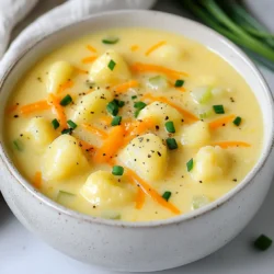 Um die perfekte Cheddar Gnocchi Suppe zu kreieren, benötigst du einige wichtige Zutaten. Diese Bestandteile sorgen für einen reichen Geschmack und eine angenehme Textur. Hier sind die Hauptzutaten: - 450 g Kartoffelgnocchi - 1 Liter Gemüsebrühe - 100 g geriebener scharfer Cheddarkäse - 240 ml Schlagsahne - 30 g ungesalzene Butter - 1 mittlere Zwiebel, gehackt - 2 Knoblauchzehen, fein gehackt - 2 Karotten, gewürfelt - 2 Selleriestangen, gewürfelt Jede Zutat bringt ihren eigenen Charakter in die Suppe. Die Kartoffelgnocchi sind weich und sättigend. Die Gemüsebrühe ist die Basis, die den gesamten Geschmack trägt. Die richtigen Gewürze machen den Unterschied. In diesem Rezept verwende ich: - 1 Teelöffel getrockneter Thymian - 1 Teelöffel Paprika - Salz und Pfeffer nach Geschmack Diese Gewürze fügen Tiefe und einen leichten Kick hinzu. Thymian sorgt für ein erdiges Aroma, während Paprika eine milde Schärfe bringt. Du kannst die Gewürze anpassen, um die Suppe nach deinem Geschmack zu gestalten. Die Garnierung rundet die Suppe ab. Ich empfehle: - Frische Schnittlauch oder Petersilie Diese Kräuter bringen Farbe und Frische. Sie machen die Suppe nicht nur schöner, sondern auch geschmacklich interessanter. Ein einfacher Trick: Hacke die Kräuter fein und streue sie direkt vor dem Servieren über die Suppe. {{ingredient_image_2}} Um die Gnocchi-Suppe zu starten, musst du zuerst das Gemüse vorbereiten. Nimm eine mittlere Zwiebel und hacke sie fein. Dann würfle zwei Karotten und zwei Selleriestangen. Das Gemüse muss gleichmäßig geschnitten sein, damit es gut gart. Erhitze in einem großen Topf 30 g ungesalzene Butter bei mittlerer Hitze. Füge die Zwiebel, die Karotten und den Sellerie hinzu. Brate alles für etwa 5-7 Minuten. Das Gemüse wird dabei weich und duftet gut. Jetzt ist es Zeit, die Brühe zuzubereiten. Gib zwei fein gehackte Knoblauchzehen in den Topf. Brate sie für 1-2 Minuten, bis sie duften. Dann gieße 1 Liter Gemüsebrühe in den Topf. Lass die Mischung aufkochen. Füge einen Teelöffel getrockneten Thymian und einen Teelöffel Paprika hinzu. Diese Gewürze geben der Brühe einen tollen Geschmack. Sobald die Brühe kocht, kannst du die Kartoffelgnocchi hinzufügen. Verwende 450 g und koche sie für 2-3 Minuten. Achte darauf, dass sie an die Oberfläche steigen. Reduziere dann die Hitze auf ein sanftes Köcheln. Jetzt kommt das Beste: Rühre 240 ml Schlagsahne und 100 g geriebenen scharfen Cheddar ein. Rühre weiter, bis der Käse schmilzt. Schmecke die Suppe mit Salz und Pfeffer ab. Serviere die Suppe heiß und garniere sie mit frischem Schnittlauch oder Petersilie. Um die perfekte Konsistenz Ihrer Cheddar Gnocchi Suppe zu erreichen, achten Sie auf die Schlagsahne. Sie bringt die Cremigkeit. Fügen Sie sie langsam hinzu, während die Suppe köchelt. Rühren Sie gut um, um Klumpen zu vermeiden. Wenn die Suppe zu dick ist, können Sie mehr Gemüsebrühe hinzufügen. Für eine dickere Suppe lassen Sie sie länger köcheln. Die Gewürze sind der Schlüssel zum Geschmack. Beginnen Sie mit einer Teelöffel-Thymian und Paprika. Probieren Sie die Suppe, bevor Sie mehr hinzufügen. Vielleicht mögen Sie mehr Paprika für Schärfe oder einen Hauch von Pfeffer. Frischer Schnittlauch oder Petersilie bringt nicht nur Farbe, sondern auch Geschmack. Das Kochen der Gnocchi ist einfach. Folgen Sie den Anweisungen auf der Packung. Normalerweise dauert es nur 2-3 Minuten. Sie wissen, dass sie fertig sind, wenn sie an die Oberfläche steigen. Um Zeit zu sparen, können Sie die Gnocchi in die Brühe geben, während das Gemüse kocht. So sind Sie schnell fertig und haben mehr Zeit, die Suppe zu genießen. Pro Tipps Die richtige Gnocchi-Wahl: Verwenden Sie frische oder gefrorene Kartoffelgnocchi für die beste Textur. Trocken-Gnocchi können die Suppe wässrig machen. Creme für die perfekte Konsistenz: Fügen Sie die Schlagsahne langsam hinzu und rühren Sie gut um, um Klumpen zu vermeiden und die Suppe schön cremig zu halten. Gemüse nach Geschmack anpassen: Sie können zusätzliches Gemüse wie Spinat oder Zucchini hinzufügen, um die Suppe noch nährstoffreicher zu machen. Garnitur für das Auge: Frischer Schnittlauch oder Petersilie verleihen der Suppe nicht nur Farbe, sondern auch einen frischen Geschmack, der die Käsesuppe aufwertet. {{image_4}} Für eine vegetarische Version der Cheddar Gnocchi Soup, können Sie die Schlagsahne mit einer pflanzlichen Sahne ersetzen. Auch die Butter kann durch ein veganes Öl, wie Olivenöl, ersetzt werden. Statt Cheddar-Käse verwenden Sie vegane Käsealternativen. Diese Anpassungen machen die Suppe ebenso cremig und lecker. Um mehr Geschmack hinzuzufügen, probieren Sie, frische Kräuter wie Basilikum oder Oregano zu verwenden. Auch eine Prise Muskatnuss kann der Suppe eine besondere Note geben. Sie können auch Blumenkohl oder Brokkoli hinzufügen. Diese Gemüsesorten bringen nicht nur Geschmack, sondern auch Farbe in das Gericht. Wenn Sie nach Alternativen zu Cheddar-Käse suchen, sind Gouda oder Gruyère gute Optionen. Diese Käsesorten schmelzen gut und bieten einen schönen Geschmack. Auch ein milder Mozzarella kann verwendet werden, wenn Sie es weniger scharf mögen. Experimentieren Sie mit verschiedenen Käsesorten, um Ihre perfekte Kombination zu finden. Um die Cheddar Gnocchi Suppe frisch zu halten, bewahre sie in einem luftdichten Behälter auf. Lass die Suppe zuerst abkühlen, bevor du sie in den Kühlschrank stellst. So vermeidest du Kondensation. Lagere die Suppe nicht länger als drei Tage im Kühlschrank. Um die Suppe wieder warm zu machen, gieße sie in einen Topf. Erhitze sie bei mittlerer Hitze, rühre oft um. Achte darauf, die Suppe nicht zu stark zu kochen. Du kannst auch etwas Brühe oder Sahne hinzufügen, um die Konsistenz zu verbessern. Im Kühlschrank hält die Gnocchi-Suppe etwa drei Tage. Wenn du sie länger aufbewahren willst, friere sie ein. Verwende einen gefrierfesten Behälter und lasse etwas Platz für die Ausdehnung. Im Tiefkühler bleibt die Suppe bis zu drei Monate frisch. Auftauen kannst du die Suppe über Nacht im Kühlschrank. Die besten Beilagen zu Cheddar Gnocchi Soup sind einfach und lecker. Ich empfehle frisches Brot oder Knoblauchbrot. Diese Beilagen passen gut zur cremigen Suppe. Auch ein einfacher gemischter Salat bringt Frische. Wenn Sie etwas Besonderes wollen, probieren Sie einen krossen Wurstsalat. Diese Optionen ergänzen die Suppe und machen das Essen noch besser. Ja, Sie können andere Käsesorten verwenden. Gouda oder Mozzarella sind tolle Alternativen. Diese Käsesorten schmelzen gut und geben einen anderen Geschmack. Wenn Sie es würziger mögen, probieren Sie Parmesan oder Gruyère. Denken Sie daran, die Menge anzupassen, um die richtige Konsistenz zu behalten. Experimentieren Sie mit verschiedenen Käsesorten, um Ihre eigene Note zu finden. Die Suppe kann glutenfrei sein, wenn Sie glutenfreie Gnocchi verwenden. Viele Marken bieten jetzt glutenfreie Optionen an. Achten Sie darauf, auch die Gemüsebrühe zu überprüfen. Einige Brühen enthalten Gluten. Wenn Sie diese Tipps befolgen, können Sie eine leckere, glutenfreie Cheddar Gnocchi Soup genießen. So steht dem Genuss nichts im Wege! In diesem Artikel haben wir die Zutaten, die Zubereitung und die besten Tipps für Gnocchi-Suppe besprochen. Wir haben auch Variationen und Lagerinformationen geteilt. Die Suppe ist einfach, lecker und kann angepasst werden. Denke daran, das Gemüse gut vorzubereiten und die Brühe nach deinem Geschmack zu würzen. Mit diesen Tipps machst du die perfekte Gnocchi-Suppe für jeden Anlass. Genieß die Aromen und kreiere deine eigene Variante!