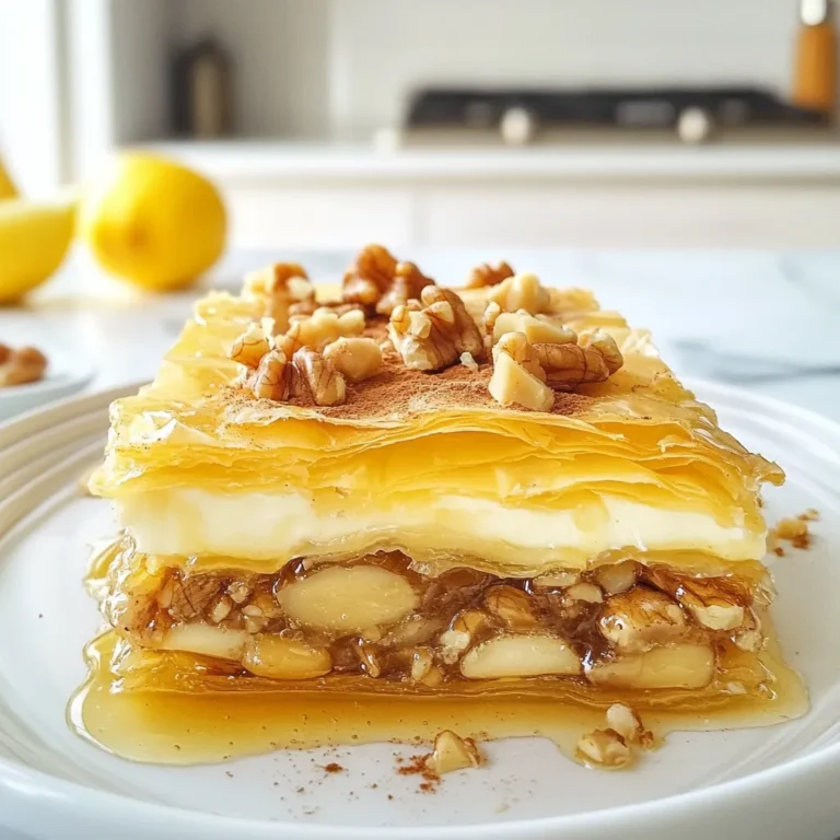 Für diesen köstlichen Kuchen brauchen Sie einige wichtige Zutaten. Diese sind: - 1 Tasse Honig - 1 Tasse Walnüsse, fein gehackt - 1 Tasse Mandeln, fein gehackt - 1 Teelöffel gemahlener Zimt - 1 Teelöffel Vanilleextrakt - 1 Packung Filoteig (ca. 450 g), aufgetaut - 1 Tasse ungesalzene Butter, geschmolzen - 1/2 Tasse Zucker - 1/4 Tasse Wasser - 1 Teelöffel Zitronensaft - Zusätzliche gehackte Nüsse zur Dekoration (optional) Diese Zutaten schaffen die perfekte Basis für Ihren Honigkuchen. Honig sorgt für Süße und Feuchtigkeit. Walnüsse und Mandeln bringen Knusprigkeit und einen nussigen Geschmack. Zimt und Vanille fügen ein warmes Aroma hinzu. Jede Zutat hat ihren eigenen Charme. Der Honig ist nicht nur süß, er bringt auch eine natürliche Tiefe. Die Nüsse liefern gesunde Fette und Proteine. Zimt ist ein klassisches Gewürz, das die Aromen verstärkt. Vanilleextrakt rundet das Ganze ab und macht es noch leckerer. Filoteig ist ein wichtiger Teil des Rezepts. Er verleiht dem Kuchen eine knusprige Textur. Die geschmolzene Butter sorgt dafür, dass der Teig schmilzt und goldbraun wird. Zitronensaft gibt dem Sirup eine frische Note und balanciert die Süße. Wenn Sie Allergien haben, gibt es Alternativen. Für Nüsse können Sie Sonnenblumenkerne oder Kürbiskerne verwenden. Diese bieten einen ähnlichen Crunch. Statt Honig können Sie Agavensirup oder Ahornsirup nehmen. Achten Sie darauf, dass diese Süßstoffe den gleichen Effekt haben. Für Menschen mit Glutenunverträglichkeit gibt es glutenfreien Filoteig. Dies ermöglicht es, die Tradition zu genießen, ohne gesundheitliche Probleme. Sehen Sie sich die Zutatenliste genau an, um sicherzustellen, dass alles passt. Durch diese Anpassungen können alle den Genuss von griechischem Honigkuchen erleben! {{ingredient_image_2}} Zuerst heizen Sie den Ofen auf 175 °C vor. Diese Temperatur sorgt für eine schöne, goldbraune Kruste. Dann nehmen Sie eine Rührschüssel und mischen die gehackten Walnüsse, die gehackten Mandeln, den gemahlenen Zimt und den Vanilleextrakt gut. Diese Mischung ist sehr wichtig für den Geschmack des Kuchens. Stellen Sie die Mischung beiseite, während Sie den Filoteig vorbereiten. Nehmen Sie eine tiefe Backform und fetten Sie sie leicht mit geschmolzener Butter ein. Nun entfalten Sie vorsichtig den Filoteig. Decken Sie ihn mit einem feuchten Tuch ab, damit er nicht austrocknet. Legen Sie ein Blatt Filoteig in die Form und pinseln Sie es mit geschmolzener Butter ein. Wiederholen Sie diesen Vorgang, bis Sie 6 bis 8 Blätter Filoteig geschichtet haben. Vergessen Sie nicht, jedes Blatt gut zu buttern. Sobald die Filobasis fertig ist, verteilen Sie die Hälfte der Nussmischung gleichmäßig darauf. Fügen Sie dann wieder 3 bis 4 Blätter Filoteig hinzu und buttern Sie auch diese. Wiederholen Sie diesen Schritt, bis alle Nüsse und Blätter verwendet sind. Beenden Sie mit einer letzten Schicht Filoteig, etwa 6 Blätter, und buttern Sie diese großzügig. Jetzt schneiden Sie den Kuchen in Rauten oder Quadrate. Legen Sie ihn in den Ofen und backen Sie ihn für 35 bis 40 Minuten. Er ist fertig, wenn die Oberseite goldbraun und knusprig ist. Während der Kuchen backt, können Sie den Sirup zubereiten. Mischen Sie in einem Topf Honig, Zucker, Wasser und Zitronensaft. Bringen Sie die Mischung zum Kochen und lassen Sie sie etwa 10 Minuten köcheln. Der Sirup sollte leicht eindicken. Sobald der Kuchen fertig ist, gießen Sie den abgekühlten Sirup sofort darüber. Lassen Sie den Kuchen mindestens 30 Minuten ruhen, damit der Sirup gut einziehen kann. Der Honigkuchen ist nun bereit, serviert zu werden! Ein häufiger Fehler ist, den Filoteig nicht richtig zu lagern. Der Teig kann schnell austrocknen. Decke ihn immer mit einem feuchten Tuch ab, während du arbeitest. Ein weiterer Fehler ist, zu wenig Butter zu benutzen. Jedes Blatt muss gut bestrichen werden, damit der Kuchen knusprig wird. Achte auch darauf, den Sirup nicht zu lange zu kochen. Sonst wird er zu dick. Die perfekte Konsistenz für Honigkuchen kommt von den Schichten. Verwende 6 bis 8 Blätter Filoteig. Schichte sie immer abwechselnd mit der Nussmischung. Achte darauf, dass die Nüsse fein gehackt sind. So verteilt sich der Geschmack gleichmäßig. Der Sirup sollte dickflüssig, aber nicht zäh sein. Lass ihn kurz abkühlen, bevor du ihn über den warmen Kuchen gießt. Die Präsentation ist wichtig. Verwende einen dekorativen Teller, um den Kuchen zu servieren. Garniere ihn mit ganzen Walnüssen oder Mandeln. Ein wenig zusätzlicher Zimt obenauf sieht toll aus. Lasse den Kuchen vor dem Servieren ruhen. So zieht der Sirup gut ein und der Kuchen bleibt saftig. Pro Tipps Filoteig richtig lagern: Halten Sie den Filoteig immer mit einem feuchten Tuch bedeckt, während Sie arbeiten, um ein Austrocknen zu verhindern. Für zusätzlichen Geschmack: Fügen Sie der Nussmischung etwas frisch geriebene Muskatnuss oder eine Prise Nelkenpulver hinzu, um den Geschmack zu intensivieren. Backzeit im Auge behalten: Überprüfen Sie den Kuchen in den letzten 5 Minuten der Backzeit, um sicherzustellen, dass er nicht zu dunkel wird. Sirup perfekt zubereiten: Kochen Sie den Sirup bei mittlerer Hitze, damit er nicht anbrennt, und rühren Sie gelegentlich um, um eine gleichmäßige Konsistenz zu erreichen. {{image_4}} Man kann den Honigkuchen leicht anpassen. Fügen Sie mehr Nüsse oder Trockenfrüchte hinzu. Ich empfehle Pistazien oder getrocknete Aprikosen. Diese geben einen tollen Geschmack. Mischen Sie die Nüsse und Trockenfrüchte in die Nussmischung. So wird der Kuchen noch reichhaltiger und leckerer. Seien Sie kreativ und probieren Sie verschiedene Kombinationen aus! Für eine glutenfreie Version können Sie glutenfreien Filoteig nutzen. Er ist in vielen Geschäften erhältlich. Achten Sie darauf, dass alle Zutaten glutenfrei sind. So bleibt der Genuss für alle erhalten. Sie müssen nicht auf den tollen Geschmack verzichten. Die Textur wird zwar etwas anders sein, aber der Kuchen bleibt köstlich. Um den Honigkuchen spannend zu machen, können Sie mit Gewürzen spielen. Zimt ist ein klassisches Gewürz, aber Sie können auch Muskatnuss oder Nelken verwenden. Ein Hauch von Kardamom bringt eine besondere Note. Fügen Sie die Gewürze in die Nussmischung hinzu. So verleihen Sie dem Kuchen eine neue Dimension. Probieren Sie verschiedene Kombinationen, bis Sie Ihre Lieblingsmischung finden! Bewahre den griechischen Honigkuchen im Kühlschrank auf. Verwende einen luftdichten Behälter. Das schützt den Kuchen vor Feuchtigkeit und Gerüchen. So bleibt er frisch und lecker. Lege ein Stück Backpapier zwischen den Schichten. Dies verhindert ein Ankleben und hält die Textur. Decke den Kuchen mit Frischhaltefolie ab. So bleibt er saftig und aromatisch. Der Honigkuchen bleibt im Kühlschrank etwa eine Woche haltbar. Du kannst ihn auch einfrieren. So hält er bis zu drei Monate. Achte darauf, ihn gut einzupacken, um Gefrierbrand zu vermeiden. Du kannst die Süße leicht ändern. Reduziere einfach die Menge an Honig oder Zucker. Du kannst auch süßere Nüsse wählen, wie Mandeln. Wenn du mehr Honig hinzufügst, wird der Kuchen süßer. Probiere es aus, um deinen perfekten Geschmack zu finden. Filoteig sorgt für eine knusprige Schicht. Du kannst ihn aber auch durch Blätterteig ersetzen. Blätterteig ist dicker, aber ebenfalls lecker. Wenn du keinen Teig magst, kannst du die Nussfüllung auch einfach in einer Auflaufform backen. Das Ergebnis wird anders, aber immer noch schmackhaft. Ja, das ist eine gute Idee! Du kannst den Kuchen einen Tag vorher machen. Lass ihn nach dem Backen einfach abkühlen. Gieße den Sirup erst kurz vor dem Servieren darauf. So bleibt der Teig schön knusprig. Ein guter Kuchen braucht etwas Zeit zum Durchziehen. Griechischer Honigkuchen ist ein köstliches und vielseitiges Dessert. Wir haben die Hauptzutaten, ihre Bedeutung und Alternativen für Allergiker besprochen. Außerdem gab es eine einfache Anleitung für die Zubereitung. Ich habe Tipps gegeben, um Fehler zu vermeiden und die perfekte Konsistenz zu erreichen. Variationen mit Nüssen, glutenfreien Optionen und Gewürzen bieten viele Möglichkeiten. Schließlich habe ich Lagerungshinweise für die Frische des Kuchens gegeben. Experimentiere mit deinen Ideen und genieße jedes Stück.