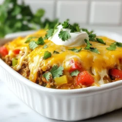 Der Keto Mexikanische Auflauf ist einfach und lecker. Hier sind die Hauptzutaten: - 450 g Rinderhackfleisch oder Putenhackfleisch - 1 kleine Zwiebel, gewürfelt - 2 Knoblauchzehen, fein gehackt - 1 Tasse Paprika, gewürfelt (jede Farbe) - 1 Dose (400 g) gewürfelte Tomaten (ohne Zuckerzusatz) - 1 Dose (110 g) grüne Chilis, gewürfelt - 2 Tassen Blumenkohlreis (frisch oder gefroren) - 1 Tasse geriebene mexikanische Käsemischung Diese Zutaten bringen viel Geschmack und Freude ins Essen. Gewürze geben dem Auflauf sein tolles Aroma. Hier sind die wichtigsten Gewürze: - 1 Teelöffel Chilipulver - 1 Teelöffel Kreuzkümmel - 1 Teelöffel Paprika - Salz und Pfeffer nach Geschmack Diese Gewürze machen den Auflauf würzig und würzig. Fühl dich frei, sie nach deinem Geschmack anzupassen. Um den Auflauf abzurunden, empfehle ich einige Beilagen: - 120 g Sauerrahm (zum Servieren) - Frischer Koriander zur Garnierung Sauerrahm bringt Frische, während der Koriander einen schönen Farbkontrast bietet. Probiere diese Beilagen für ein vollständiges Essen! {{ingredient_image_2}} Zuerst heize deinen Ofen auf 175°C vor. Diese Temperatur hilft dem Auflauf, gleichmäßig zu backen. Während der Ofen warm wird, kannst du die Zutaten bereitstellen. Das macht die Zubereitung schneller und einfacher. Nimm eine große Pfanne und erhitze sie bei mittlerer Hitze. Gib das Rinderhackfleisch oder das Putenhackfleisch hinein. Brate das Fleisch an, bis es braun ist. Zerbrich es mit einem Kochlöffel, während es brät. Füge dann die gewürfelte Zwiebel und den gehackten Knoblauch hinzu. Brate beides, bis die Zwiebel glasig ist. Das dauert etwa 3-4 Minuten. Danach kommen die gewürfelte Paprika, die gewürfelten Tomaten und die grünen Chilis dazu. Mische alles gut durch. Würze die Mischung mit Chilipulver, Kreuzkümmel, Paprika, Salz und Pfeffer. Koche die Mischung noch 5 Minuten, damit sich die Aromen verbinden. In einer separaten Schüssel vermenge den Blumenkohlreis mit der Fleischmischung. Rühre alles gut durch, bis es gleichmäßig verteilt ist. Nimm eine gefettete Auflaufform und gib die Mischung hinein. Achte darauf, dass die Mischung gleichmäßig verteilt ist. Bestreue die Mischung dann mit der geriebenen mexikanischen Käsemischung. Jetzt kommt der Auflauf in den vorgeheizten Ofen. Backe ihn für 20-25 Minuten. Der Käse sollte geschmolzen und sprudelnd sein. Nimm den Auflauf aus dem Ofen und lass ihn kurz abkühlen. Serviere ihn warm, mit einem Klecks Sauerrahm und frischem Koriander obendrauf. So wird der Auflauf noch bunter und leckerer! Um deinem Keto Mexikanischen Auflauf mehr Geschmack zu geben, probiere folgende Ideen: - Füge schwarze Oliven hinzu. - Verwende Jalapeños für mehr Schärfe. - Mische verschiedene Käsesorten, wie Cheddar oder Gouda. - Ergänze mit frischen Limettenscheiben. Diese Variationen machen das Gericht noch köstlicher und interessanter. Um die Nährstoffe zu erhöhen, kannst du diese Zutaten hinzufügen: - Zucchini für mehr Ballaststoffe. - Spinat für mehr Eisen. - Brokkoli für zusätzliche Vitamine. Diese Zutaten sind nicht nur gesund, sondern bereichern auch den Geschmack. Vermeide diese häufigen Fehler: - Zu wenig Gewürze verwenden. Schmecke die Mischung gut ab. - Den Blumenkohlreis zu lange kochen. Er sollte knackig bleiben. - Den Auflauf nicht genug abkühlen lassen. Lass ihn kurz ruhen, bevor du ihn servierst. Diese Tipps helfen dir, einen perfekten Auflauf zu kreieren. Pro Tipps Frischer Blumenkohlreis: Verwende frischen Blumenkohlreis für einen besseren Geschmack und eine angenehmere Textur im Auflauf. Würze nach Geschmack: Passe die Gewürze an, je nachdem, wie scharf du es magst. Du kannst zusätzlich Jalapeños oder scharfe Salsa hinzufügen. Vorbereitung der Zutaten: Bereite alle Zutaten im Voraus vor, um den Kochprozess zu beschleunigen und die Zubereitung zu erleichtern. Variationen: Experimentiere mit verschiedenen Gemüsesorten wie Zucchini oder Spinat, um dem Auflauf eine neue Note zu verleihen. {{image_4}} Du kannst den Keto mexikanischen Auflauf vegetarisch machen. Ersetze das Fleisch durch Linsen oder schwarze Bohnen. Diese sind reich an Proteinen und passen gut zu den anderen Zutaten. Du kannst auch Tofu verwenden, wenn du eine andere Textur magst. Achte darauf, die Gewürze gleich zu halten, damit der Geschmack stark bleibt. Das Ergebnis wird lecker und sättigend sein, selbst ohne Fleisch. Käse macht jeden Auflauf besser. Du kannst verschiedene Käsesorten ausprobieren. Cheddar, Monterey Jack oder sogar Feta bringen neue Geschmäcker. Wenn du einen würzigeren Käse magst, versuche Pepper Jack. Das gibt dem Gericht einen kleinen Kick. Mische die Käsesorten, um eine cremige, köstliche Schicht oben zu schaffen. Du wirst überrascht sein, wie viel die Käsewahl den Geschmack verändert. Um mehr Nährstoffe hinzuzufügen, kannst du extra Gemüse einfügen. Zucchini, Spinat oder Pilze passen gut in den Auflauf. Schneide das Gemüse klein, damit es gut kocht. Du kannst auch Blumenkohl oder Brokkoli verwenden, um die Textur zu variieren. Mehr Gemüse macht das Gericht bunter und gesünder. Experimentiere mit deinen Lieblingsgemüsesorten, um die perfekte Mischung zu finden. Um den Keto Mexikanischen Auflauf frisch zu halten, lasse ihn zuerst abkühlen. Danach lege ihn in einen luftdichten Behälter. Du kannst auch Folie verwenden, um die Feuchtigkeit zu halten. Stelle sicher, dass der Behälter gut verschlossen ist. So bleibt der Auflauf lecker und saftig. Du kannst den Auflauf auch einfrieren. Teile ihn in Portionen auf, damit du nicht alles auf einmal auftauen musst. Wickel jede Portion gut ein. Wenn du bereit bist, ihn zu essen, tau ihn im Kühlschrank auf. Du kannst ihn auch direkt im Ofen aufwärmen. Backe ihn bei 180°C für etwa 25 Minuten. So bleibt der Käse schön geschmolzen. Im Kühlschrank hält der Auflauf etwa 3 bis 5 Tage. Achte darauf, die Reste gut abzudecken. Wenn du nach ein paar Tagen einen seltsamen Geruch bemerkst, werfe die Reste lieber weg. Sicherheit geht vor. Ja, der Keto Mexikanische Auflauf ist kohlenhydratarm. Die Hauptzutaten sind Fleisch und Blumenkohlreis. Diese Zutaten enthalten wenig Zucker und viele Nährstoffe. Blumenkohl ist eine großartige Alternative zu Reis und hat weniger Kohlenhydrate. So bleibt dein Gericht im Rahmen einer ketogenen Diät. Ja, du kannst den Auflauf im Voraus zubereiten. Bereite die Mischung einfach bis zum Backen vor. Decke die Form ab und stelle sie in den Kühlschrank. Du kannst den Auflauf am nächsten Tag backen, wenn du bereit bist. Dies spart Zeit und macht das Kochen einfach. Zu diesem Rezept passen viele Beilagen gut. Hier sind einige Ideen: - Ein frischer Salat mit Avocado und Limette - Guacamole für zusätzlichen Geschmack - Ein einfacher Joghurt oder Sauerrahm als Dip Diese Beilagen ergänzen den Auflauf und bringen frische Aromen. Du kannst Zutaten leicht ersetzen. Für eine vegetarische Option verwende Bohnen statt Fleisch. Blumenkohlreis bleibt eine gute Wahl. Wenn du Milchprodukte vermeidest, nimm pflanzlichen Käse oder lasse ihn weg. Achte darauf, dass die neuen Zutaten auch kohlenhydratarm sind. So bleibt dein Gericht gesund und lecker. Der Keto Mexikanische Auflauf bietet einfache Schritte und leckere Zutaten. Du hast gelernt, wie du ihn zubereitest und viele Variationen nutzt. Denk daran, die passenden Beilagen auszuwählen, um das Gericht zu ergänzen. Selbst wenn du bestimmte Zutaten ersetzen musst, bleibt der Auflauf köstlich. Halte ihn frisch oder friere ihn ein, um später Genuss zu haben. Erfreue dich an diesem Gericht, das gut für deine Keto-Diät ist und viel Spaß beim Kochen macht.