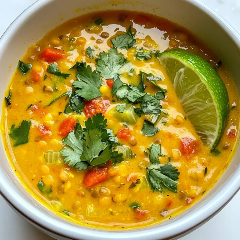 Die Hauptbestandteile dieser Suppe sind einfach und nahrhaft. Hier ist, was Sie brauchen: - 1 Tasse getrocknete grüne oder braune Linsen, gründlich gewaschen - 1 Esslöffel Kokosöl - 1 mittlere Zwiebel, gewürfelt - 3 Knoblauchzehen, fein gehackt - 1 Esslöffel frischer Ingwer, fein gehackt - 1 Dose (400 ml) Kokosmilch - 4 Tassen Gemüsebrühe - 1 mittelgroße Karotte, gewürfelt - 1 rote Paprika, gewürfelt Diese Zutaten bilden die Basis. Die Linsen geben Protein und Ballaststoffe. Kokosmilch macht die Suppe cremig und reichhaltig. Die Aromen machen die Suppe lebendig. Hier sind die Gewürze: - 2 Esslöffel rote Currypaste - 1 Teelöffel Kurkumapulver - Salz und Pfeffer nach Geschmack Die rote Currypaste bringt Wärme und Tiefe. Kurkuma fügt eine goldene Farbe und gesunde Vorteile hinzu. Diese Gewürze sind wichtig für den Geschmack. Toppings machen das Essen noch besser. Hier sind einige Ideen: - Frischer Koriander zur Dekoration - Saft von 1 Limette Frischer Koriander bringt Frische und Farbe. Ein Spritzer Limettensaft verstärkt die Aromen. Servieren Sie die Suppe mit bunten Schalen. Garnieren Sie jede Portion großzügig für eine einladende Anrichtung. {{ingredient_image_2}} Zuerst müssen wir die Zutaten bereitstellen. Hier ist, was du brauchst: - 1 Tasse getrocknete grüne oder braune Linsen, gründlich gewaschen - 1 Esslöffel Kokosöl - 1 mittlere Zwiebel, gewürfelt - 3 Knoblauchzehen, fein gehackt - 1 Esslöffel frischer Ingwer, fein gehackt - 2 Esslöffel rote Currypaste - 1 Dose (400 ml) Kokosmilch - 4 Tassen Gemüsebrühe - 1 mittelgroße Karotte, gewürfelt - 1 rote Paprika, gewürfelt - 1 Teelöffel Kurkumapulver - Salz und Pfeffer nach Geschmack - Frischer Koriander zur Dekoration - Saft von 1 Limette Stelle sicher, dass du alles bereit hast. So geht es schneller beim Kochen. Erhitze das Kokosöl in einem großen Topf bei mittlerer Hitze. Füge die gewürfelte Zwiebel hinzu. Brate sie etwa 5 Minuten lang an, bis sie weich und durchscheinend ist. Rühre den gehackten Knoblauch und den Ingwer ein. Koche alles eine weitere Minute, damit die Aromen freigesetzt werden. Jetzt kommt die rote Currypaste und das Kurkumapulver. Mische alles gut und lass es zwei Minuten köcheln. Das aktiviert die Gewürze und bringt Geschmack. Gieße die Kokosmilch und die Gemüsebrühe in den Topf. Rühre gut um, bis alles vermischt ist. Füge die Linsen, die gewürfelte Karotte und die rote Paprika hinzu. Bringe die Mischung zum Kochen. Sobald die Suppe kocht, reduziere die Hitze auf niedrig. Decke den Topf ab und koche die Suppe 25 bis 30 Minuten. Die Linsen sollten zart sein. Schmecke die Suppe mit Salz und Pfeffer ab. Rühre den Limettensaft ein, für zusätzliche Frische. Garnieren die Suppe mit frischem Koriander. Serviere sie in bunten Schalen. Jede Portion kann mit einem Limettenschnitz an der Seite dekoriert werden. So sieht es einladend aus und schmeckt noch besser! Um die perfekte Konsistenz für deine Kokos-Curry-Linsen-Suppe zu erreichen, sind Linsen der Schlüssel. Verwende grüne oder braune Linsen, da sie beim Kochen gut ihre Form behalten. Achte darauf, die Linsen gründlich zu waschen, um unerwünschte Rückstände zu entfernen. Während des Kochens kannst du die Suppe nach Belieben mit mehr Brühe oder Kokosmilch strecken. So bleibt sie cremig und leicht. Ein häufiger Fehler ist, die Suppe zu lange zu kochen. Linsen sollten weich, aber nicht matschig sein. Halte die Kochzeit im Auge und probiere die Linsen nach 25 Minuten. Ein weiterer Fehler ist, die Gewürze zu spät hinzuzufügen. Mische die Currypaste und Kurkuma frühzeitig ein. So entfalten sich die Aromen besser. Achte auch darauf, beim Abschmecken nicht zu viel Salz auf einmal hinzuzufügen. Du kannst die Geschmäcker deiner Suppe leicht anpassen. Füge einen Spritzer Limettensaft hinzu, um mehr Frische zu erhalten. Für mehr Schärfe kannst du frische Chili oder Cayennepfeffer hinzufügen. Variiere die Gemüse, indem du Spinat oder Kürbis hinzufügst. Diese Zutaten verleihen der Suppe eine neue Note. Wenn du möchtest, kannst du auch Kokosflocken oder Erdnüsse als Topping verwenden. Pro Tipps Frische Zutaten: Verwenden Sie frisches Gemüse und Kräuter, um den Geschmack der Suppe zu intensivieren. Variation der Linsen: Experimentieren Sie mit verschiedenen Linsensorten, um unterschiedliche Texturen und Geschmäcker zu erzielen. Würze anpassen: Passen Sie die Menge der roten Currypaste nach Ihrem persönlichen Schärfewunsch an. Vorausplanung: Bereiten Sie die Suppe im Voraus zu und lassen Sie sie im Kühlschrank aufbewahren, um den Geschmack zu verbessern. {{image_4}} Die Kokos-Curry-Linsen-Suppe ist bereits vegan und glutenfrei. Die Hauptzutaten sind Linsen, Gemüse und Kokosmilch. Alle diese Zutaten sind pflanzlich und glutenfrei. Wenn du also auf tierische Produkte oder Gluten verzichten möchtest, kannst du diese Suppe ohne Bedenken genießen. Du kannst auch sicherstellen, dass die Currypaste vegan ist, um die Suppe komplett rein pflanzlich zu halten. Möchtest du die Suppe proteinreicher machen? Füge einfach etwas Tofu oder Kichererbsen hinzu. Tofu kann leicht in Würfel geschnitten und in der Suppe gekocht werden. Kichererbsen sind ebenfalls eine tolle Option. Sie bringen nicht nur mehr Protein, sondern auch eine schöne Textur in die Suppe. Eine Tasse gekochte Kichererbsen oder eine halbe Tasse gewürfelten Tofu geben der Suppe einen tollen Kick. Eine weitere tolle Möglichkeit, die Suppe zu variieren, besteht darin, saisonale Zutaten zu verwenden. Im Frühling kannst du frische Erbsen oder Spargel hinzufügen. Im Sommer sind Zucchini und Tomaten perfekt. Im Herbst passen Kürbis oder Süßkartoffeln wunderbar. Im Winter sind Wurzelgemüse wie Pastinaken oder Rüben ideal. Diese Anpassungen machen die Suppe nicht nur leckerer, sondern auch bunter und nährstoffreicher. Um die frisch zubereitete Kokos-Curry-Linsen-Suppe richtig zu lagern, lassen Sie sie zuerst abkühlen. Füllen Sie die Suppe dann in einen luftdichten Behälter. Stellen Sie sicher, dass der Behälter gut verschlossen ist. So bleibt die Suppe frisch und lecker. Lagern Sie die Suppe im Kühlschrank. Dort hält sie sich bis zu fünf Tage. Wenn Sie die Suppe länger aufbewahren möchten, können Sie sie einfrieren. Gießen Sie die abgekühlte Suppe in gefriergeeignete Behälter oder Beutel. Achten Sie darauf, etwas Platz für die Ausdehnung zu lassen. Die Suppe kann bis zu drei Monate im Gefrierfach bleiben. Zum Wiederaufwärmen, tauen Sie die Suppe über Nacht im Kühlschrank auf. Erhitzen Sie sie in einem Topf bei mittlerer Hitze. Rühren Sie gut um, damit sie gleichmäßig warm wird. Die Haltbarkeit der Kokos-Curry-Linsen-Suppe beträgt im Kühlschrank etwa fünf Tage. Wenn Sie Reste haben, können Sie diese auch in andere Gerichte einfügen. Zum Beispiel können Sie die Suppe als Sauce für Reis oder Quinoa nutzen. Sie können auch frisches Gemüse hinzufügen, um die Suppe aufzufrischen. So haben Sie ein schnelles und einfaches Essen für die nächsten Tage. Die gesamte Zubereitungszeit beträgt etwa 40 Minuten. Davon sind 10 Minuten für das Vorbereiten und 30 Minuten für das Kochen nötig. Diese Zeit reicht, um eine leckere und gesunde Suppe zuzubereiten. Ja, du kannst die Linsen im Voraus vorbereiten. Weiche sie einfach über Nacht in Wasser ein. Das verkürzt die Kochzeit. Du kannst auch gekochte Linsen aufbewahren und dann zur Suppe hinzufügen. Ein paar gute Beilagen sind Reis oder Naan-Brot. Diese Beilagen ergänzen die Suppe perfekt und machen die Mahlzeit sättigender. Du kannst auch einen frischen Salat dazu servieren, um etwas Knackiges hinzuzufügen. In diesem Blogbeitrag haben wir die leckere Kokos-Curry-Linsen-Suppe untersucht. Wir haben die Zutaten, die Zubereitung und Tipps für die beste Konsistenz besprochen. Zudem haben wir Varianten vorgestellt, um die Suppe anzupassen, und Lagerhinweise gegeben. Denke daran, mit Gewürzen zu experimentieren und gerne nach deinem Geschmack zu variieren. So wird die Suppe immer besonders. Folge den Tipps aus diesem Beitrag, um ein köstliches Ergebnis zu erzielen. Viel Spaß beim Kochen und Genießen!