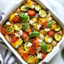 - 2 große Hähnchenbrustfilets, gewürfelt - 3 mittlere Zucchini, in Ringe geschnitten - 1 rote Paprika, gewürfelt - 1 rote Zwiebel, in Scheiben geschnitten - 2 Knoblauchzehen, fein gehackt - 1 Tasse Kirschtomaten, halbiert - 1 Tasse Fetakäse, zerbröselt Die Hauptzutaten sind frisch und gesund. Hähnchenbrustfilets geben viel Protein. Zucchini und Paprika bringen Farbe und Vitamine. Zwiebeln und Knoblauch bieten einen tollen Geschmack. Kirschtomaten sorgen für eine süße Note. Der zerbröselte Feta rundet das Gericht ab. - 1 Esslöffel Olivenöl - 1 Esslöffel getrockneter Oregano - 1 Teelöffel Paprika - 1 Teelöffel Salz - 1/2 Teelöffel schwarzer Pfeffer Die Marinade ist der Schlüssel zu einem schmackhaften Auflauf. Das Olivenöl hilft, die Gewürze gut zu verteilen. Oregano und Paprika geben ein mediterranes Aroma. Salz und Pfeffer bringen die Aromen zur Geltung. - Basilikum und andere Kräuter Frische Kräuter machen den Auflauf lebendig. Basilikum passt besonders gut zum Gericht. Sie können auch Petersilie oder Thymian verwenden. Diese Kräuter bringen Frische und Geschmack. Fügen Sie die Kräuter kurz vor dem Servieren hinzu, um die Aromen zu erhalten. {{ingredient_image_2}} Zuerst schneiden Sie die Hähnchenbrustfilets in kleine Würfel. Dann nehmen Sie die Zucchini und schneiden sie in dünne Ringe. Die rote Paprika wird auch gewürfelt. Für den Geschmack schneiden Sie die rote Zwiebel in feine Scheiben. Schließlich hacken Sie die Knoblauchzehen klein und halbieren die Kirschtomaten. Stellen Sie alle geschnittenen Zutaten bereit. Das macht die weitere Zubereitung leichter. Jetzt bereiten Sie die Gewürze vor. Messen Sie einen Esslöffel Olivenöl ab. Nehmen Sie einen Esslöffel getrockneten Oregano, einen Teelöffel Paprika, einen Teelöffel Salz und einen halben Teelöffel schwarzen Pfeffer. Legen Sie alles bereit, um die Mischung gut zu würzen. In einer großen Schüssel kombinieren Sie jetzt das Hähnchen, die Zucchini, die Paprika, die Zwiebel, den Knoblauch und die Kirschtomaten. Geben Sie das Olivenöl darüber. Streuen Sie die vorbereiteten Gewürze gleichmäßig auf die Mischung. Jetzt vermengen Sie alles gut. Achten Sie darauf, dass das Hähnchen und das Gemüse gut mit dem Öl und den Gewürzen bedeckt sind. Lassen Sie die Mischung für etwa 15 Minuten marinieren. So können die Aromen gut einziehen und das Gericht wird leckerer. Heizen Sie Ihren Ofen auf 200°C vor. Während der Ofen aufheizt, verteilen Sie die Hähnchen- und Gemüsemischung gleichmäßig in einer großen Auflaufform. Achten Sie darauf, dass alles gut verteilt ist. Backen Sie den Auflauf nun für 25 Minuten. Nach 25 Minuten nehmen Sie die Form aus dem Ofen. Streuen Sie den zerbröselten Fetakäse gleichmäßig über die Oberfläche. Stellen Sie die Form wieder in den Ofen und backen Sie weitere 10 bis 15 Minuten. Das Hähnchen sollte durchgegart sein und die Zucchini zart. Lassen Sie den Auflauf nach dem Backen für 5 Minuten ruhen, bevor Sie ihn servieren. Garnieren Sie das Gericht mit frischen Basilikumblättern für zusätzlichen Geschmack. Um einen perfekten Auflauf zu backen, passen Sie die Temperatur und die Backzeiten an. Der Ofen sollte auf 200°C vorgeheizt sein. Backen Sie den Auflauf zuerst 25 Minuten lang. Nach dieser Zeit kommt der Feta dazu. Backen Sie dann für weitere 10 bis 15 Minuten. So wird das Hähnchen zart und die Zucchini schön weich. Achten Sie darauf, die Mischung gleichmäßig in der Auflaufform zu verteilen. Das sorgt dafür, dass alles gleichmäßig gart. Sie können den Auflauf auch im Voraus zubereiten. Schneiden Sie das Gemüse und das Hähnchen am Abend zuvor. Lagern Sie alles in einer Schüssel im Kühlschrank. So sparen Sie am nächsten Tag Zeit. Wenn Sie Reste haben, können Sie diese einfach einfrieren. Der Auflauf hält sich bis zu drei Monate im Gefrierfach. Zum Aufwärmen nutzen Sie den Ofen. So bleibt das Gericht knusprig und lecker. Zu diesem Auflauf passen viele Beilagen. Ein einfacher grüner Salat ist ideal. Auch frisches Brot oder Reis sind gute Optionen. Wenn Sie anrichten, verwenden Sie frische Basilikumblätter. Diese geben dem Gericht einen tollen Frischekick. Sie können den Auflauf auch mit einem Spritzer Zitronensaft garnieren. Das bringt noch mehr Geschmack. Pro Tipps Hähnchen marinieren: Lassen Sie das Hähnchen vor dem Kochen mindestens 30 Minuten in einer Marinade aus Olivenöl, Zitronensaft und Gewürzen ziehen, um den Geschmack zu intensivieren. Gemüse gleichmäßig schneiden: Achten Sie darauf, das Gemüse in gleichmäßige Stücke zu schneiden, damit es gleichmäßig gart und die Textur harmonisch bleibt. Aromen anpassen: Experimentieren Sie mit verschiedenen Kräutern und Gewürzen, wie Thymian oder Rosmarin, um dem Auflauf eine persönliche Note zu verleihen. Resteverwertung: Verwenden Sie übrig gebliebenes Gemüse oder Hähnchen in diesem Rezept, um Abfall zu vermeiden und eine schnelle Mahlzeit zuzubereiten. {{image_4}} Wenn Sie auf Fleisch verzichten möchten, gibt es tolle Alternativen zu Hähnchen. Probieren Sie Tofu oder Kichererbsen. Diese Optionen sind nahrhaft und lecker. Weitere Gemüsesorten können Sie auch verwenden. Auberginen, Paprika oder Spinat passen perfekt. Sie bringen neue Aromen und Farben in das Gericht. Käse macht diesen Auflauf besonders. Sie können verschiedene Käsesorten ausprobieren. Mozzarella oder Parmesan geben einen anderen Geschmack. Wenn Sie vegan leben, gibt es auch tolle Käsealternativen. Veganer Feta oder Cashewkäse sind gute Optionen. So bleibt Ihr Gericht cremig und schmackhaft. Die Gewürze sind wichtig für den Geschmack. Passen Sie die Gewürze nach Ihrem Geschmack an. Fügen Sie mehr Oregano oder frischen Dill hinzu, wenn Sie mögen. Regionale Kräuter bringen einen besonderen Touch. Rosmarin oder Thymian sind großartige Ergänzungen. Sie verleihen Ihrem Auflauf ein mediterranes Flair. Um den mediterranen Hähnchen-Zucchini-Auflauf frisch zu halten, lagern Sie ihn richtig. Wenn Sie Reste haben, stellen Sie sicher, dass diese abgekühlt sind. Nutzen Sie einen luftdichten Behälter. Der Auflauf bleibt im Kühlschrank bis zu drei Tage gut. Wenn Sie ihn länger aufbewahren möchten, können Sie ihn einfrieren. Wickeln Sie die Auflaufform gut in Frischhaltefolie ein und verwenden Sie einen gefrierfesten Behälter. So bleibt der Geschmack bis zu drei Monate erhalten. Die Haltbarkeit des Auflaufs hängt von der Lagerung ab. Im Kühlschrank hält er sich drei Tage. Achten Sie darauf, die Reste immer gut zu verschließen. Wenn Sie den Auflauf gefroren haben, achten Sie darauf, ihn in Portionen zu teilen. Das macht das Auftauen einfacher. Vor dem Verzehr sollten Sie immer auf Geruch und Aussehen achten. Wenn etwas nicht frisch wirkt, werfen Sie es lieber weg. Beim Aufwärmen haben Sie zwei Optionen: Mikrowelle oder Ofen. Die Mikrowelle ist schnell und einfach. Stellen Sie den Auflauf in eine mikrowellengeeignete Schüssel und decken Sie ihn ab. Erwärmen Sie ihn in kurzen Intervallen von einer Minute. Prüfen Sie zwischendurch die Temperatur. Wenn Sie den Ofen nutzen, heizen Sie ihn auf 180°C vor. Legen Sie den Auflauf in eine Auflaufform und decken Sie ihn mit Aluminiumfolie ab. So bleibt die Feuchtigkeit erhalten. Backen Sie ihn 15-20 Minuten lang, bis er durchgehend heiß ist. Der Ofen sorgt für eine schönere Textur, während die Mikrowelle schneller geht. Wählen Sie die Methode, die Ihnen am besten gefällt! Die Vorbereitungszeit für diesen Auflauf beträgt nur 15 Minuten. In dieser Zeit schneidest du das Hähnchen und das Gemüse. Du kannst alles schnell nehmen und in einer großen Schüssel kombinieren. Dann geht es direkt in den Ofen. Die Gesamtzeit für den Auflauf ist 50 Minuten, inklusive der Backzeit. Das macht diesen Auflauf zu einem schnellen und einfachen Gericht. Ja, du kannst andere Gemüsesorten verwenden. Zum Beispiel sind Auberginen, Brokkoli oder Paprika großartige Alternativen. Diese Gemüse haben ähnliche Kochzeiten. Du kannst auch frisches Gemüse der Saison nutzen, um das Rezept anzupassen. Sei kreativ und probiere aus, was dir am besten schmeckt! So bleibt der Auflauf frisch und abwechslungsreich. Ja, dieser Auflauf ist glutenfrei. Die Hauptzutaten sind Hähnchen, Gemüse und Feta. Diese enthalten kein Gluten. Wenn du sicherstellen möchtest, dass alles glutenfrei bleibt, achte darauf, dass die Gewürze ebenfalls glutenfrei sind. Du kannst auch glutenfreie Brötchen oder Reis als Beilage verwenden, wenn du möchtest. Das macht es einfach, glutenfrei zu genießen! Dieser Auflauf ist einfach zuzubereiten und voller Geschmack. Wir haben frische Zutaten wie Hähnchen, Gemüse und Feta genutzt. Mit einer leckeren Marinade heben Sie den Geschmack hervor. Denken Sie an die Tipps für perfektes Backen und Lagerung. Variationen helfen, jeden Geschmack zu treffen. Seien Sie kreativ mit Kräutern und Gewürzen! Egal ob als schnelles Mittagessen oder sättigende Mahlzeit, dieser Auflauf wird jedem gefallen. Probieren Sie es aus und genießen Sie die Vielfalt!