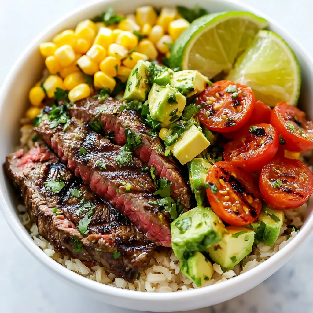 Für die Koriander-Limetten-Steak-Bowls brauchen wir: - 450 g Flanksteak - 480 g gekochter brauner Reis - 150 g Kirschtomaten, halbiert - 1 Avocado, gewürfelt - 150 g Mais (frisch oder gefroren) - 1/2 rote Zwiebel, dünn geschnitten - Limettenstücke zum Servieren Diese Zutaten bilden die Basis für ein frisches und schmackhaftes Gericht. Das Flanksteak gibt der Bowl einen herzhaften Geschmack. Der braune Reis sorgt für Füllung. Kirschtomaten und Avocado bringen Farbe und Frische. Die Marinade ist der Schlüssel zu gutem Geschmack. Du benötigst: - 60 ml frischer Limettensaft - 60 ml Olivenöl - 125 g frischer Koriander, gehackt - 2 Knoblauchzehen, fein gehackt - 1 Teelöffel Kreuzkümmel - 1 Teelöffel Chiliflocken - Salz und Pfeffer nach Geschmack Der Limettensaft gibt Frische und Säure. Das Olivenöl macht das Steak zart. Koriander bringt ein tolles Aroma. Knoblauch fügt Tiefe hinzu. Kreuzkümmel und Chiliflocken geben die richtige Würze. Salz und Pfeffer runden alles ab. Wähle frische Zutaten für das beste Ergebnis. Achte darauf, dass das Flanksteak eine schöne rote Farbe hat. Der Reis sollte gut gekocht und locker sein. Die Kirschtomaten sollten fest und süß sein. Greife nach einer reifen Avocado, die leicht nachgibt. Frischer Koriander sollte grün und duftend sein. Wenn du Mais verwendest, wähle frische oder gut gefrorene Körner. Bei Zwiebeln achte darauf, dass sie knackig sind. Diese Tipps helfen dir, die besten Zutaten für deine Koriander-Limetten-Steak-Bowls zu finden. {{ingredient_image_2}} Um die Marinade zu machen, nimm eine große Schüssel. Gib 60 ml frischen Limettensaft und 60 ml Olivenöl hinein. Füge 125 g gehackten Koriander, 2 fein gehackte Knoblauchzehen, 1 Teelöffel Kreuzkümmel und 1 Teelöffel Chiliflocken hinzu. Würze die Mischung mit Salz und Pfeffer nach Geschmack. Rühre alles gut um, bis die Zutaten gut vermischt sind. Diese Marinade gibt dem Steak viel Geschmack. Nimm 450 g Flanksteak und lege es in einen wiederverschließbaren Plastikbeutel. Gieße die Marinade gleichmäßig über das Steak. Schließe den Beutel und schüttle ihn leicht, damit das Steak die Marinade aufnimmt. Lasse das Steak mindestens 30 Minuten im Kühlschrank marinieren. Je länger du es marinieren lässt, desto mehr Geschmack bekommt es. Du kannst das Steak sogar bis zu 2 Stunden marinieren. Heize deinen Grill oder eine Grillpfanne auf mittelhohe Hitze vor. Nimm das Steak aus der Marinade und lasse die überschüssige Marinade abtropfen. Lege das Steak auf den Grill. Grill das Steak etwa 5-6 Minuten auf jeder Seite, bis es medium-rare ist. Ein Fleischthermometer hilft dir, die richtige Temperatur zu erreichen (medium-rare: 57°C). Nach dem Grillen lass das Steak 5 Minuten ruhen. Schneide es dann gegen die Faser in dünne Streifen. Jetzt kommt der spannende Teil! Nimm eine Servierschale und füge 480 g gekochten braunen Reis als Basis hinzu. Lege die Steakstreifen darauf. Füge 150 g halbierte Kirschtomaten, 1 gewürfelte Avocado, 150 g Mais und 1/2 dünn geschnittene rote Zwiebel hinzu. Gieße etwas von der übrig gebliebenen Marinade über die Bowls oder füge zusätzlichen Limettensaft hinzu. Serviere die Bowls sofort mit Limettenstücken an der Seite. Guten Appetit! Um das perfekte Steak zu grillen, achte auf die richtige Hitze. Heize den Grill oder die Grillpfanne gut vor. Ein heißer Grill sorgt für eine schöne Kruste. Verwende ein Fleischthermometer, um die genaue Garstufe zu prüfen. Für medium-rare sollte das Steak 57°C erreichen. Lass das Steak nach dem Grillen ruhen, damit die Säfte sich setzen können. So bleibt es saftig und zart. Die Marinade ist der Schlüssel zu einem tollen Geschmack. Du kannst die Gewürze nach deinem Wunsch anpassen. Magst du es schärfer? Füge mehr Chiliflocken hinzu. Bist du ein Fan von Zitrusfrüchten? Experimentiere mit mehr Limettensaft oder sogar Orangensaft. Koriander ist wichtig, aber du kannst auch andere Kräuter verwenden, wie Petersilie oder Basilikum. So machst du das Gericht ganz persönlich. Eine schöne Bowl macht das Essen noch besser. Beginne mit einer Schicht braunem Reis als Basis. Ordne die Steakstreifen darauf an. Füge dann die Kirschtomaten, Avocado, Mais und Zwiebel dekorativ hinzu. Nutze verschiedene Farben für mehr Vielfalt. Ein Spritzer Limettensaft über alles gibt den letzten Schliff. Serviere die Bowls mit frischen Limettenstücken an der Seite. So sieht jedes Gericht toll aus und schmeckt noch besser. Pro Tipps Marinieren für mehr Geschmack: Lassen Sie das Flanksteak mindestens 2 Stunden in der Marinade, um die Aromen intensiver in das Fleisch einzuziehen. Grilltemperatur überprüfen: Nutzen Sie ein Fleischthermometer, um die perfekte Garstufe zu erreichen; medium-rare sollte 57°C betragen. Ruhen lassen: Lassen Sie das Steak nach dem Grillen 5 Minuten ruhen, damit sich die Säfte gleichmäßig verteilen und das Fleisch zarter wird. Frische Zutaten verwenden: Verwenden Sie frische Kirschtomaten und Avocado für zusätzlichen Geschmack und eine ansprechende Präsentation. {{image_4}} Wenn du eine vegetarische oder vegane Variante der Koriander-Limetten-Steak-Bowls suchst, gibt es viele leckere Optionen. Du kannst das Flanksteak durch Grillgemüse wie Zucchini, Paprika und Auberginen ersetzen. Diese Gemüse sind einfach zu marinieren und bringen viele Aromen mit. Eine andere tolle Option ist Tofu oder Tempeh. Mariniere sie genauso wie das Steak. So bekommst du den gleichen tollen Geschmack. Die Beilagen für deine Bowls können variieren. Du kannst statt braunem Reis Quinoa oder sogar Blumenkohlreis verwenden. Das gibt der Bowl eine andere Textur. Auch schwarze Bohnen oder Kichererbsen passen gut dazu. Sie bringen zusätzliche Proteine und Ballaststoffe. Für eine frische Note kannst du auch Gurken oder Radieschen hinzufügen. Sie sorgen für einen knackigen Biss. Nutze frisches Gemüse aus der Saison, um deine Bowls aufzupeppen. Im Frühling sind Spargel und Erbsen lecker. Im Sommer kannst du frische Tomaten und Mais verwenden. Im Herbst sind Kürbis und Rote Bete eine gute Wahl. Im Winter passen Wirsing oder Grünkohl gut in die Bowl. Saisonales Gemüse gibt deinem Gericht mehr Geschmack und Nährstoffe. Um die Koriander-Limetten-Steak-Bowls gut zu lagern, benutze einen luftdichten Behälter. Fülle den Behälter mit den restlichen Zutaten, aber halte die Avocado und die Kirschtomaten getrennt. Diese Zutaten werden schnell braun. Lagere die Bowls im Kühlschrank. So bleiben sie frisch für bis zu drei Tage. Wenn du die Bowls wieder aufwärmst, achte darauf, die Zutaten schonend zu behandeln. Erhitze den Reis und das Steak in der Mikrowelle bei mittlerer Hitze. Decke die Schüssel mit einem feuchten Tuch ab. Dies hilft, den Dampf zu halten und das Essen nicht auszutrocknen. Überprüfe die Temperatur, bevor du isst. Du kannst auch eine Pfanne auf mittlerer Hitze nutzen, um die Bowls gleichmäßig zu erwärmen. Die Bowls halten sich bis zu drei Tage im Kühlschrank. Wenn du sie länger aufbewahren möchtest, friere die Steakstreifen und den Reis ein. Achte darauf, sie gut zu verpacken. So vermeidest du Gefrierbrand. Nutze Reste kreativ, indem du sie in Wraps oder Salate einfügst. So sparst du Lebensmittel und schaffst gleichzeitig neue Gerichte. Das Steak sollte mindestens 30 Minuten mariniert werden. Dies gibt der Marinade Zeit, in das Fleisch einzudringen. Du kannst das Steak auch bis zu 2 Stunden marinieren. Eine längere Marinierzeit macht das Steak zarter und geschmackvoller. Ich empfehle, das Steak nicht länger als 2 Stunden zu marinieren, da der Limettensaft das Fleisch sonst zu weich machen könnte. Wenn du kein Flanksteak hast, kannst du auch Rinderfilet oder Skirtsteak verwenden. Diese Stücke sind zart und haben viel Geschmack. Du kannst auch Hähnchenbrust oder Tofu für eine vegetarische Option nehmen. Achte darauf, die Marinade in beiden Fällen gleich zuzubereiten, um den vollen Geschmack zu erhalten. Ja, du kannst die Bowls im Voraus zubereiten. Bereite die Zutaten vor und lagere sie getrennt im Kühlschrank. Du kannst das Steak bis zu 2 Tage im Voraus marinieren. Wenn du die Bowls dann servierst, erhitze das Steak kurz auf dem Grill oder in der Pfanne. So bleibt alles frisch und lecker. Die Koriander-Limetten-Steak-Bowls sind simpel und lecker. Wir haben die besten Zutaten und Marinadenschritte besprochen. Außerdem habe ich Tipps gegeben, um das Steak perfekt zuzubereiten und anzurichten. Variationen für Vegetarier und die besten Lagerpraktiken helfen dir, das Beste aus deinen Bowls herauszuholen. Denke daran, dass frische Zutaten und eine gute Marinade den Unterschied machen. Nutze diese Tipps, um deine eigene Bowl zu kreieren und genieße jede leckere Bite!