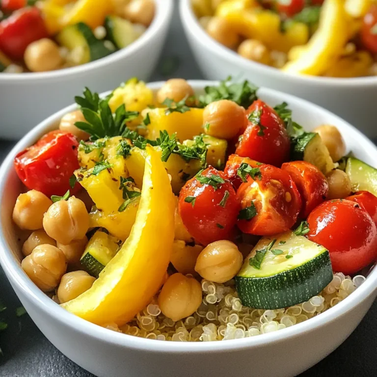 Für die Schalen brauchst du: - 1 Dose (425 g) Kichererbsen, abgetropft und abgespült - 2 Tassen gemischte Paprika (rot, gelb, grün), gewürfelt - 1 mittelgroße Zucchini, gewürfelt - 1 Tasse Cherrytomaten, halbiert - 1 rote Zwiebel, in Spalten geschnitten - 2 Tassen gekochter Quinoa oder Naturreis Diese Zutaten geben der Schale einen bunten und gesunden Look. Für den Geschmack benötigst du: - 2 Esslöffel Olivenöl - 1 Teelöffel Knoblauchpulver - 1 Teelöffel geräuchertes Paprikapulver - 1/2 Teelöffel Kreuzkümmel - Salz und Pfeffer nach Geschmack Diese Gewürze bringen die Aromen zum Leben. Das Olivenöl hilft beim Rösten und sorgt für einen tollen Geschmack. Zum Servieren brauchst du: - Frische Petersilie zum Garnieren - Zitronenscheiben zum Servieren Die Petersilie bringt Frische, und die Zitronenscheiben fügen einen spritzigen Kick hinzu. Du kannst die Schalen schön anrichten, um sie einladend zu gestalten. {{ingredient_image_2}} Heize deinen Ofen auf 220°C vor. Das ist wichtig, um das Gemüse perfekt zu rösten. Nimm eine große Schüssel und füge die Kichererbsen hinzu. Diese sind gut für Proteine. Dann schneide die Paprika, die Zucchini und die Cherrytomaten in kleine Stücke. Schneide auch die rote Zwiebel in Spalten. Gebe alles in die Schüssel und vermische es gut. Träufle zwei Esslöffel Olivenöl über das Gemüse. Dann füge einen Teelöffel Knoblauchpulver und einen Teelöffel geräuchertes Paprikapulver hinzu. Ein halber Teelöffel Kreuzkümmel gibt dem Gericht einen tollen Geschmack. Salze und pfeffere nach deinem Geschmack. Mische alles gut, bis das Gemüse und die Kichererbsen gleichmäßig bedeckt sind. Verteile die Mischung auf einem großen Backblech. Lege Backpapier darunter, damit nichts anklebt. Röste das Gemüse für etwa 25-30 Minuten. Rühre die Mischung nach der Hälfte der Zeit um. Während das Gemüse röstet, koche deinen Quinoa oder Naturreis gemäß den Anweisungen auf der Verpackung. Wenn das Gemüse und die Kichererbsen fertig sind, nimm sie aus dem Ofen. Lass sie kurz abkühlen. Nimm eine Schüssel und fülle sie zuerst mit Quinoa oder Reis. Dann gib die gerösteten Kichererbsen und das Gemüse darauf. Garniere die Schalen mit frischer Petersilie. Serviere sie mit Zitronenscheiben für extra Frische. Der perfekte Röstgrad macht den Unterschied. Rösten Sie das Gemüse bei 220°C. Ziel ist es, zart und leicht karamellisiert zu sein. Nach 25-30 Minuten sollten Sie das Gemüse wenden. So garen alle Seiten gleichmäßig. Achten Sie auf eine goldbraune Farbe. Das gibt den besten Geschmack. Seien Sie kreativ mit Gewürzen! Neben dem Knoblauchpulver können Sie auch Zwiebelpulver verwenden. Fügen Sie mehr Kreuzkümmel für einen würzigen Kick hinzu. Probieren Sie auch frische Kräuter wie Thymian oder Rosmarin. Für das Gemüse können Sie Brokkoli oder Karotten hinzufügen. Diese Variationen machen jede Zubereitung einzigartig. Eine schöne Präsentation macht das Essen noch besser. Verwenden Sie bunte Keramikteller oder Gläser. Das hebt die Farben der Zutaten hervor. Träufeln Sie frisches Olivenöl vor dem Servieren obenauf. Für einen frischen Geschmack können Sie Zitronensaft hinzufügen. Garnieren Sie mit frischer Petersilie für das Auge und den Geschmack. Profi Tipps Die Wahl der Gemüse: Verwenden Sie saisonales Gemüse für den besten Geschmack und die höchste Frische. Experimentieren Sie mit verschiedenen Gemüsesorten, um neue Geschmacksrichtungen zu entdecken. Quinoa zubereiten: Spülen Sie Quinoa vor dem Kochen gründlich ab, um Bitterstoffe zu entfernen. Verwenden Sie die doppelte Menge Wasser für ein perfektes, lockeres Ergebnis. Würzen: Seien Sie großzügig mit den Gewürzen! Sie können das Rezept leicht anpassen, indem Sie Ihre Lieblingsgewürze hinzufügen oder die Menge variieren, um den Geschmack zu intensivieren. Servierideen: Fügen Sie für zusätzliche Textur und Geschmack Nüsse oder Samen als Topping hinzu. Diese verleihen den Schalen einen zusätzlichen Crunch und Nährstoffe. {{image_4}} Die gerösteten Gemüse und Kichererbsen Bliss-Schalen sind sehr anpassbar. Du kannst verschiedene Gemüsesorten nutzen. Zum Beispiel, füge Brokkoli oder Karotten hinzu. Auch Süßkartoffeln passen gut. Sie geben einen süßen Geschmack und eine tolle Farbe. Verwende saisonales Gemüse, um den Geschmack zu verbessern. Wenn du mehr Protein möchtest, gibt es viele Möglichkeiten. Füge gekochte Linsen oder Tofu hinzu. Diese Optionen sind lecker und sättigend. Du kannst auch Feta-Käse oder ein paar Nüsse streuen. Mandeln oder Walnüsse geben einen tollen Crunch. Dies macht die Schalen noch gesünder und nahrhafter. Saisonales Gemüse kann den Geschmack stark verändern. Im Frühling sind Spargel und Erbsen frisch. Im Sommer sind Zucchini und Auberginen ideal. Im Herbst kannst du Kürbis und Rosenkohl nutzen. Im Winter sind Wurzelgemüse wie Rüben perfekt. Jedes Gemüse bringt seinen eigenen Geschmack mit. So bleibt das Gericht immer spannend und frisch. Bewahre die gerösteten Gemüse und Kichererbsen in einem luftdichten Behälter auf. Lass das Essen zuerst abkühlen, bevor du es verpackst. So bleibt der Geschmack frisch. Du kannst die Schalen bis zu fünf Tage im Kühlschrank aufbewahren. Um die Schalen wieder warm zu machen, nutze den Ofen oder die Mikrowelle. Wenn du den Ofen wählst, heize ihn auf 180°C vor. Lege die Schalen auf ein Backblech und röste sie etwa 10 Minuten. In der Mikrowelle reicht eine Minute bei hoher Leistung. Rühre zwischendurch um, damit alles gleichmäßig warm wird. Die frischen Zutaten haben unterschiedliche Haltbarkeiten. Kichererbsen aus der Dose halten sich lange, wenn sie ungeöffnet sind. Frisches Gemüse wie Paprika und Zucchini bleibt im Kühlschrank etwa eine Woche frisch. Cherrytomaten sind am besten in den ersten fünf Tagen nach dem Kauf. Achte darauf, die Zutaten regelmäßig zu kontrollieren, um die beste Qualität zu gewährleisten. Die Schalen sind im Kühlschrank etwa 4 bis 5 Tage haltbar. Lagern Sie sie in einem luftdichten Behälter. So bleibt das Gemüse frisch und lecker. Wenn Sie die Schalen länger aufbewahren möchten, können Sie die Zutaten auch getrennt einfrieren. So genießen Sie die Schalen später ganz neu. Ja, dieses Rezept ist bereits vegan! Die Kichererbsen und das Gemüse liefern viel Geschmack und Nährstoffe. Sie müssen also nichts ändern. Verwenden Sie einfach die angegebenen Zutaten und genießen Sie die Aromen. Sie können viele Gemüsesorten verwenden. Brokkoli, Karotten und Süßkartoffeln passen gut dazu. Auch Spinat oder Grünkohl sind tolle Ergänzungen. Seien Sie kreativ und nutzen Sie das, was Sie mögen oder was gerade Saison hat. Ja, dieses Gericht ist glutenfrei! Die Hauptzutaten sind Kichererbsen und Gemüse. Sie können Quinoa oder Naturreis als Basis verwenden, die beide glutenfrei sind. Achten Sie darauf, dass alle Zusatzstoffe ebenfalls glutenfrei sind, falls Sie empfindlich sind. In diesem Blogbeitrag haben wir die wichtigsten Zutaten und die Zubereitung von Schalen behandelt. Sie lernen, wie man Gemüse und Kichererbsen lecker würzt und röstet. Wir gaben Tipps zur besten Präsentation und Aufbewahrung. Variationen helfen Ihnen, das Rezept nach Ihrem Geschmack anzupassen. Schalen sind nicht nur gesund, sondern auch vielfältig und einfach zuzubereiten. Probieren Sie neue Zutaten und genießen Sie die besten Aromen!