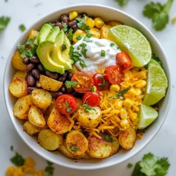 Für den Loaded Potato Taco Bowl brauchst du: - 4 mittelgroße Kartoffeln - 1 Tasse schwarze Bohnen - 1 Tasse Maiskörner Die Kartoffeln sind die Basis. Sie geben dir eine tolle Textur und Geschmack. Die schwarzen Bohnen liefern Protein und Ballaststoffe. Der Mais bringt Süße und Farbe in die Schüssel. Für die Würze verwendest du: - 1 Esslöffel Olivenöl - 1 Teelöffel Knoblauchpulver - 1 Teelöffel geräuchertes Paprikapulver Das Olivenöl hilft, die Kartoffeln knusprig zu machen. Knoblauchpulver gibt einen feinen Geschmack. Geräuchertes Paprikapulver sorgt für eine rauchige Note, die alles aufwertet. Du kannst die Schüssel nach deinem Geschmack toppen mit: - 1 Avocado - 1 Tasse geriebener Cheddar-Käse - 1/2 Tasse Sauerrahm oder griechischer Joghurt Die Avocado macht alles cremig. Der Cheddar gibt einen herzhaften Geschmack. Sauerrahm oder griechischer Joghurt bringen Frische und eine leichte Säure. So hast du eine ausgewogene und köstliche Mahlzeit. {{ingredient_image_2}} Heize deinen Ofen auf 220°C vor. Während der Ofen aufheizt, würfle die Kartoffeln in gleichmäßige Stücke. Gib die gewürfelten Kartoffeln in eine große Schüssel. Füge 1 Esslöffel Olivenöl, 1 Teelöffel Knoblauchpulver und 1 Teelöffel geräuchertes Paprikapulver hinzu. Würze die Mischung mit Salz und Pfeffer. Mische alles gut, bis die Kartoffeln gleichmäßig bedeckt sind. Verteile die gewürzten Kartoffeln in einer einzigen Schicht auf einem Backblech. Achte darauf, dass sie nicht übereinander liegen. Röste sie im vorgeheizten Ofen für 25 bis 30 Minuten. Wende die Kartoffeln nach der Hälfte der Zeit, damit sie gleichmäßig garen. Sie sind fertig, wenn sie goldbraun und knusprig sind. Während die Kartoffeln rösten, bereite die Taco-Toppings vor. Nimm eine separate Schüssel und füge 1 Tasse schwarze Bohnen, 1 Tasse Maiskörner und 1 Tasse halbierte Kirschtomaten hinzu. Würze die Mischung mit etwas Salz und Pfeffer. Vermenge alles gut, damit die Aromen sich verbinden. Sobald die Kartoffeln fertig sind, nimm sie aus dem Ofen. Beginne mit einer Schicht der gerösteten Kartoffeln in jeder Schüssel. Füge die Mischung aus schwarzen Bohnen und Mais hinzu. Dann kommen die gewürfelte Avocado und der geriebene Cheddar-Käse. Toppe das Ganze mit einem Klecks Sauerrahm oder griechischem Joghurt. Veredle die Schüssel mit frisch gehacktem Koriander und serviere sie mit Limettenstücken. Um knusprige Kartoffeln zu erhalten, wähle feste, mittelgroße Kartoffeln. Diese Sorten behalten ihre Form beim Rösten. Würfle die Kartoffeln gleichmäßig. So garen sie gleichmäßig und werden schön knusprig. - Olivenöl verwenden: Das Öl hilft, die Kartoffeln zu bräunen. - Gewürze nicht vergessen: Knoblauchpulver und geräuchertes Paprikapulver bringen tollen Geschmack. Röste die Kartoffeln bei 220°C für 25-30 Minuten. Wende sie nach der Hälfte der Zeit. So werden sie von allen Seiten schön knusprig. Achte darauf, dass die Kartoffeln nicht übereinander liegen. Du kannst die Toppings ganz nach deinem Geschmack anpassen. Für eine vegane Variante ersetze den Käse durch pflanzliche Alternativen. Auch der Sauerrahm kann durch veganen Joghurt ersetzt werden. - Weitere Zutaten: Probiere schwarze Oliven oder Jalapeños für mehr Geschmack. - Frische Kräuter: Frischer Koriander oder Schnittlauch bringen Farbe und Aroma. Kombiniere die Loaded Potato Taco Bowl mit frischen Beilagen. Ein einfacher grüner Salat passt gut dazu. Für besondere Anlässe richte die Taco Bowl schön an. Nutze bunte Schalen und garniere mit Koriander und Limettenstücken. So sieht das Gericht gleich einladender aus. Pro Tipps Kartoffeln richtig wählen: Verwenden Sie festkochende Kartoffeln für die beste Textur und ein gleichmäßiges Rösten. Würzen nach Geschmack: Experimentieren Sie mit verschiedenen Gewürzen wie Kreuzkümmel oder Chili-Pulver, um den Geschmack zu variieren. Frische Zutaten: Verwenden Sie frische Zutaten, insbesondere bei den Toppings, um die Aromen zu intensivieren. Meal Prep: Bereiten Sie die Kartoffeln und die Bohnen-Mais-Mischung im Voraus vor, um die Zubereitungszeit an Wochentagen zu verkürzen. {{image_4}} Eine mediterrane Variante bringt mehr Geschmack in die Schüssel. Ersetze den geriebenen Cheddar durch Feta-Käse. Der Feta gibt eine salzige, cremige Note. Du kannst auch Oliven und Paprika hinzufügen. Diese Zutaten bringen frische Aromen. Für einen Tex-Mex Twist füge einige gehackte Jalapeños hinzu. Sie bringen einen scharfen Kick. Statt Sauerrahm kannst du Guacamole verwenden. Guacamole gibt einen cremigen, reichhaltigen Geschmack. Diese Kombination macht das Gericht noch aufregender. Wenn du mehr Protein möchtest, füge Hähnchen oder Rindfleisch hinzu. Koche das Fleisch mit den Gewürzen für mehr Geschmack. Du kannst auch Quinoa oder andere Hülsenfrüchte ergänzen. Diese Zutaten machen die Schüssel nahrhafter. Sie sorgen dafür, dass du länger satt bleibst. Um die Reste der Loaded Potato Taco Bowl richtig zu lagern, lege sie in einen luftdichten Behälter. Stelle sicher, dass die Schüssel gut verschlossen ist. So bleibt der Geschmack frisch. Du kannst die Reste im Kühlschrank aufbewahren. Dort sind sie bis zu drei Tage haltbar. Überprüfe immer, ob die Zutaten noch gut aussehen, bevor du sie isst. Wenn es Zeit ist, die Reste aufzuwärmen, nutze die Mikrowelle oder den Ofen. Verwende die Mikrowelle für eine schnelle Methode. Stelle die Leistung auf mittlere Stufe ein und erwärme die Schüssel in kurzen Intervallen. So vermeidest du trockene oder matschige Kartoffeln. Wenn du den Ofen wählst, heize ihn auf 180 Grad Celsius vor. Lege die Taco Bowl auf ein Backblech und erwärme sie für etwa 10-15 Minuten. So bleiben die Kartoffeln knusprig. Falls du die Taco-Schüssel länger aufbewahren möchtest, kannst du sie einfrieren. Teile die Schüssel in Portionen auf. Lege jede Portion in einen gefriergeeigneten Behälter. Achte darauf, dass keine Luft eindringt. So bleibt der Geschmack erhalten. Um die Taco Bowl später zu verwenden, lasse sie über Nacht im Kühlschrank auftauen. Danach kannst du sie wie gewohnt aufwärmen. Um die Kartoffeln knusprig zu machen, heize deinen Ofen auf 220°C vor. Diese hohe Temperatur sorgt für eine goldbraune Kruste. Würfle die Kartoffeln gleichmäßig, damit sie gleichmäßig garen. Mische sie gut mit Olivenöl und Gewürzen. Achte darauf, die Kartoffeln auf einem Backblech in einer einzigen Schicht zu verteilen. Wende sie nach der Hälfte der Garzeit. So werden sie von allen Seiten knusprig. Ja, du kannst die Kartoffeln und die Toppings vorbereiten. Koche die Kartoffeln im Voraus und bewahre sie im Kühlschrank auf. Du kannst sie bis zu drei Tage lagern. Bereite auch die Mischung aus Bohnen, Mais und Tomaten vor. Halte alles in separaten Behältern. Wenn du bereit bist, alles zusammenzustellen, kannst du die Kartoffeln schnell aufwärmen und die Schüssel füllen. Zu deiner Loaded Potato Taco Bowl passen viele Beilagen. Ein frischer Salat mit Limettendressing ist eine gute Wahl. Auch Tortilla-Chips mit Salsa oder Guacamole sind lecker. Du kannst dazu einen erfrischenden Eistee oder ein leichtes Bier servieren. Diese Getränke ergänzen die Aromen der Schüssel perfekt. Zusammenfassend haben wir die besten Zutaten für eine schmackhafte Taco-Schüssel behandelt. Wir haben die Hauptzutaten wie Kartoffeln, schwarze Bohnen und Mais erwähnt. Zudem gab es Tipps zur Zubereitung und Anpassung der Toppings. Diese einfache Anleitung ermöglicht dir, kreative Variationen zu probieren und übrig gebliebene Reste zu genießen. Mit diesen Informationen bist du bereit, deine eigene Taco-Schüssel zu kreieren. Viel Spaß beim Kochen und Ausprobieren!