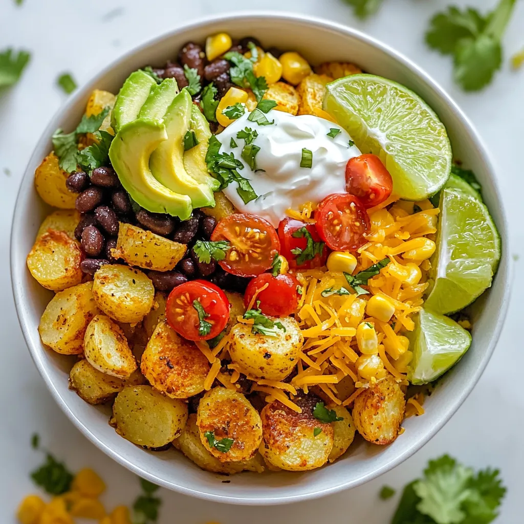 Für den Loaded Potato Taco Bowl brauchst du: - 4 mittelgroße Kartoffeln - 1 Tasse schwarze Bohnen - 1 Tasse Maiskörner Die Kartoffeln sind die Basis. Sie geben dir eine tolle Textur und Geschmack. Die schwarzen Bohnen liefern Protein und Ballaststoffe. Der Mais bringt Süße und Farbe in die Schüssel. Für die Würze verwendest du: - 1 Esslöffel Olivenöl - 1 Teelöffel Knoblauchpulver - 1 Teelöffel geräuchertes Paprikapulver Das Olivenöl hilft, die Kartoffeln knusprig zu machen. Knoblauchpulver gibt einen feinen Geschmack. Geräuchertes Paprikapulver sorgt für eine rauchige Note, die alles aufwertet. Du kannst die Schüssel nach deinem Geschmack toppen mit: - 1 Avocado - 1 Tasse geriebener Cheddar-Käse - 1/2 Tasse Sauerrahm oder griechischer Joghurt Die Avocado macht alles cremig. Der Cheddar gibt einen herzhaften Geschmack. Sauerrahm oder griechischer Joghurt bringen Frische und eine leichte Säure. So hast du eine ausgewogene und köstliche Mahlzeit. {{ingredient_image_2}} Heize deinen Ofen auf 220°C vor. Während der Ofen aufheizt, würfle die Kartoffeln in gleichmäßige Stücke. Gib die gewürfelten Kartoffeln in eine große Schüssel. Füge 1 Esslöffel Olivenöl, 1 Teelöffel Knoblauchpulver und 1 Teelöffel geräuchertes Paprikapulver hinzu. Würze die Mischung mit Salz und Pfeffer. Mische alles gut, bis die Kartoffeln gleichmäßig bedeckt sind. Verteile die gewürzten Kartoffeln in einer einzigen Schicht auf einem Backblech. Achte darauf, dass sie nicht übereinander liegen. Röste sie im vorgeheizten Ofen für 25 bis 30 Minuten. Wende die Kartoffeln nach der Hälfte der Zeit, damit sie gleichmäßig garen. Sie sind fertig, wenn sie goldbraun und knusprig sind. Während die Kartoffeln rösten, bereite die Taco-Toppings vor. Nimm eine separate Schüssel und füge 1 Tasse schwarze Bohnen, 1 Tasse Maiskörner und 1 Tasse halbierte Kirschtomaten hinzu. Würze die Mischung mit etwas Salz und Pfeffer. Vermenge alles gut, damit die Aromen sich verbinden. Sobald die Kartoffeln fertig sind, nimm sie aus dem Ofen. Beginne mit einer Schicht der gerösteten Kartoffeln in jeder Schüssel. Füge die Mischung aus schwarzen Bohnen und Mais hinzu. Dann kommen die gewürfelte Avocado und der geriebene Cheddar-Käse. Toppe das Ganze mit einem Klecks Sauerrahm oder griechischem Joghurt. Veredle die Schüssel mit frisch gehacktem Koriander und serviere sie mit Limettenstücken. Um knusprige Kartoffeln zu erhalten, wähle feste, mittelgroße Kartoffeln. Diese Sorten behalten ihre Form beim Rösten. Würfle die Kartoffeln gleichmäßig. So garen sie gleichmäßig und werden schön knusprig. - Olivenöl verwenden: Das Öl hilft, die Kartoffeln zu bräunen. - Gewürze nicht vergessen: Knoblauchpulver und geräuchertes Paprikapulver bringen tollen Geschmack. Röste die Kartoffeln bei 220°C für 25-30 Minuten. Wende sie nach der Hälfte der Zeit. So werden sie von allen Seiten schön knusprig. Achte darauf, dass die Kartoffeln nicht übereinander liegen. Du kannst die Toppings ganz nach deinem Geschmack anpassen. Für eine vegane Variante ersetze den Käse durch pflanzliche Alternativen. Auch der Sauerrahm kann durch veganen Joghurt ersetzt werden. - Weitere Zutaten: Probiere schwarze Oliven oder Jalapeños für mehr Geschmack. - Frische Kräuter: Frischer Koriander oder Schnittlauch bringen Farbe und Aroma. Kombiniere die Loaded Potato Taco Bowl mit frischen Beilagen. Ein einfacher grüner Salat passt gut dazu. Für besondere Anlässe richte die Taco Bowl schön an. Nutze bunte Schalen und garniere mit Koriander und Limettenstücken. So sieht das Gericht gleich einladender aus. Pro Tipps Kartoffeln richtig wählen: Verwenden Sie festkochende Kartoffeln für die beste Textur und ein gleichmäßiges Rösten. Würzen nach Geschmack: Experimentieren Sie mit verschiedenen Gewürzen wie Kreuzkümmel oder Chili-Pulver, um den Geschmack zu variieren. Frische Zutaten: Verwenden Sie frische Zutaten, insbesondere bei den Toppings, um die Aromen zu intensivieren. Meal Prep: Bereiten Sie die Kartoffeln und die Bohnen-Mais-Mischung im Voraus vor, um die Zubereitungszeit an Wochentagen zu verkürzen. {{image_4}} Eine mediterrane Variante bringt mehr Geschmack in die Schüssel. Ersetze den geriebenen Cheddar durch Feta-Käse. Der Feta gibt eine salzige, cremige Note. Du kannst auch Oliven und Paprika hinzufügen. Diese Zutaten bringen frische Aromen. Für einen Tex-Mex Twist füge einige gehackte Jalapeños hinzu. Sie bringen einen scharfen Kick. Statt Sauerrahm kannst du Guacamole verwenden. Guacamole gibt einen cremigen, reichhaltigen Geschmack. Diese Kombination macht das Gericht noch aufregender. Wenn du mehr Protein möchtest, füge Hähnchen oder Rindfleisch hinzu. Koche das Fleisch mit den Gewürzen für mehr Geschmack. Du kannst auch Quinoa oder andere Hülsenfrüchte ergänzen. Diese Zutaten machen die Schüssel nahrhafter. Sie sorgen dafür, dass du länger satt bleibst. Um die Reste der Loaded Potato Taco Bowl richtig zu lagern, lege sie in einen luftdichten Behälter. Stelle sicher, dass die Schüssel gut verschlossen ist. So bleibt der Geschmack frisch. Du kannst die Reste im Kühlschrank aufbewahren. Dort sind sie bis zu drei Tage haltbar. Überprüfe immer, ob die Zutaten noch gut aussehen, bevor du sie isst. Wenn es Zeit ist, die Reste aufzuwärmen, nutze die Mikrowelle oder den Ofen. Verwende die Mikrowelle für eine schnelle Methode. Stelle die Leistung auf mittlere Stufe ein und erwärme die Schüssel in kurzen Intervallen. So vermeidest du trockene oder matschige Kartoffeln. Wenn du den Ofen wählst, heize ihn auf 180 Grad Celsius vor. Lege die Taco Bowl auf ein Backblech und erwärme sie für etwa 10-15 Minuten. So bleiben die Kartoffeln knusprig. Falls du die Taco-Schüssel länger aufbewahren möchtest, kannst du sie einfrieren. Teile die Schüssel in Portionen auf. Lege jede Portion in einen gefriergeeigneten Behälter. Achte darauf, dass keine Luft eindringt. So bleibt der Geschmack erhalten. Um die Taco Bowl später zu verwenden, lasse sie über Nacht im Kühlschrank auftauen. Danach kannst du sie wie gewohnt aufwärmen. Um die Kartoffeln knusprig zu machen, heize deinen Ofen auf 220°C vor. Diese hohe Temperatur sorgt für eine goldbraune Kruste. Würfle die Kartoffeln gleichmäßig, damit sie gleichmäßig garen. Mische sie gut mit Olivenöl und Gewürzen. Achte darauf, die Kartoffeln auf einem Backblech in einer einzigen Schicht zu verteilen. Wende sie nach der Hälfte der Garzeit. So werden sie von allen Seiten knusprig. Ja, du kannst die Kartoffeln und die Toppings vorbereiten. Koche die Kartoffeln im Voraus und bewahre sie im Kühlschrank auf. Du kannst sie bis zu drei Tage lagern. Bereite auch die Mischung aus Bohnen, Mais und Tomaten vor. Halte alles in separaten Behältern. Wenn du bereit bist, alles zusammenzustellen, kannst du die Kartoffeln schnell aufwärmen und die Schüssel füllen. Zu deiner Loaded Potato Taco Bowl passen viele Beilagen. Ein frischer Salat mit Limettendressing ist eine gute Wahl. Auch Tortilla-Chips mit Salsa oder Guacamole sind lecker. Du kannst dazu einen erfrischenden Eistee oder ein leichtes Bier servieren. Diese Getränke ergänzen die Aromen der Schüssel perfekt. Zusammenfassend haben wir die besten Zutaten für eine schmackhafte Taco-Schüssel behandelt. Wir haben die Hauptzutaten wie Kartoffeln, schwarze Bohnen und Mais erwähnt. Zudem gab es Tipps zur Zubereitung und Anpassung der Toppings. Diese einfache Anleitung ermöglicht dir, kreative Variationen zu probieren und übrig gebliebene Reste zu genießen. Mit diesen Informationen bist du bereit, deine eigene Taco-Schüssel zu kreieren. Viel Spaß beim Kochen und Ausprobieren!