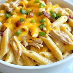- 225 g Penne-Nudeln - 2 Tassen gekochtes Hähnchen, zerkleinert - 1 Paket (225 g) Frischkäse, weichgemacht - 240 ml Ranch-Dressing Die Hauptzutaten sind einfach zu finden. Penne-Nudeln geben dem Gericht eine tolle Form. Gekochtes Hähnchen sorgt für den herzhaften Geschmack. Frischkäse macht die Sauce cremig und lecker. Ranch-Dressing bringt eine angenehme Würze mit. Diese Zutaten bilden die Basis für die köstliche Kombination. - 240 ml Hühnerbrühe - ½ Teelöffel Knoblauchpulver - ½ Teelöffel Zwiebelpulver - ½ Teelöffel schwarzer Pfeffer Für den Geschmack brauchen wir Gewürze. Hühnerbrühe macht das Gericht saftig. Knoblauchpulver und Zwiebelpulver geben Tiefe. Schwarzer Pfeffer sorgt für einen kleinen Kick. Diese Gewürze sind wichtig, um die Aromen zu verstärken. - ¼ Tasse geschnittene Frühlingszwiebeln - ¼ Tasse knusprige Speckstücke Die Garnierungen sind das i-Tüpfelchen. Frühlingszwiebeln bringen Frische und Farbe. Knusprige Speckstücke geben einen tollen Crunch. Du kannst den Speck weglassen, wenn du es leichter magst. Diese Extras machen das Gericht noch besser. {{ingredient_image_2}} - Bring einen großen Topf mit Wasser und etwas Salz zum Kochen. - Füge die 225 g Penne-Nudeln hinzu und koche sie nach den Anweisungen auf der Verpackung. - Achte darauf, die Nudeln al dente zu kochen, damit sie nicht zu weich sind. - Wenn sie fertig sind, gieße sie ab und stelle sie beiseite. - Erhitze eine große Pfanne bei mittlerer Hitze. - Gib die 2 Tassen zerkleinertes Hähnchen und 225 g Frischkäse in die Pfanne. - Füge 240 ml Ranch-Dressing, 240 ml Hühnerbrühe, ½ Teelöffel Knoblauchpulver, ½ Teelöffel Zwiebelpulver und ½ Teelöffel schwarzen Pfeffer hinzu. - Rühre alles gut um, bis der Frischkäse schmilzt und eine cremige Sauce entsteht. - Lass das Gemisch etwa 5-7 Minuten köcheln, dabei hin und wieder umrühren. - Gib die gekochten Penne-Nudeln in die Pfanne mit der Sauce. - Wende die Nudeln gut, bis sie gleichmäßig mit der Sauce überzogen sind. - Rühre 100 g geriebenen Cheddar-Käse ein und warte, bis der Käse schmilzt. - Nimm die Pfanne vom Herd und lass das Gericht eine Minute abkühlen. - Serviere die Crack Chicken Penne auf Tellern und garniere sie mit ¼ Tasse geschnittenen Frühlingszwiebeln und optional mit knusprigen Speckstücken. Um die Sauce cremiger zu machen, verwende weichen Frischkäse. Schmelze ihn gut, bevor du die anderen Zutaten hinzufügst. So entsteht eine glatte und feine Sauce. Wenn du klumpigen Frischkäse vermeiden willst, stelle sicher, dass er Raumtemperatur hat. Kalter Frischkäse schmilzt nicht gleichmäßig. Mische ihn gründlich mit dem Hähnchen und Ranch-Dressing. Koche die Nudeln im Voraus, wenn du wenig Zeit hast. Du kannst sie auch am Vortag kochen und im Kühlschrank aufbewahren. So sind sie schnell bereit. Zudem kannst du gekochtes Hähnchen verwenden. Du kannst Reste vom Vortag nutzen oder Hähnchenbrust einfach im Voraus garen. Das spart dir Zeit und macht das Kochen leichter. Lass das Gericht kurz abkühlen, bevor du es servierst. Das hilft, die Aromen zu setzen. Außerdem bleibt die Sauce besser an den Nudeln haften. Serviere die Crack Chicken Penne direkt aus der Pfanne oder Schüssel. Das macht das Essen gesellig und einfach. Pro Tipps Wahl des Hähnchens: Verwende am besten Hähnchenbrust, die bereits gekocht und zerkleinert ist, um die Zubereitungszeit zu verkürzen. Reste von einem vorherigen Hähnchengericht funktionieren ebenfalls hervorragend. Frischkäse gut einarbeiten: Stelle sicher, dass der Frischkäse weich genug ist, bevor du ihn hinzufügst, damit er sich leichter mit den anderen Zutaten vermischt und eine cremige Konsistenz ergibt. Variationen beim Käse: Experimentiere mit verschiedenen Käsesorten wie Gouda oder Mozzarella, um einen neuen Geschmack zu kreieren. Du kannst auch etwas Parmesan für extra Würze hinzufügen. Für extra Geschmack: Füge beim Kochen der Sauce etwas Worcestershire-Sauce oder einen Spritzer Zitronensaft hinzu, um die Aromen zu intensivieren und eine interessante Geschmackstiefe zu erzielen. {{image_4}} Für eine vegetarische Version von Crack Chicken Penne, ersetzen Sie das Hähnchen durch Gemüse. Brokkoli, Paprika und Zucchini passen gut. Sie bringen Farbe und Geschmack. Statt Frischkäse können Sie auch Cashew-Creme verwenden. Diese gibt eine tolle Cremigkeit. Für das Ranch-Dressing können Sie ein pflanzliches Dressing nutzen. So bleibt das Gericht frisch und lecker. Möchten Sie es schärfer? Fügen Sie Jalapeños oder scharfe Gewürze hinzu. Diese sorgen für einen tollen Kick. Scharfer Cheddar verleiht dem Gericht eine würzige Note. Sie können den Käse nach Belieben anpassen. So wird die Schärfe zur perfekten Ergänzung der cremigen Sauce. Für die Slow-Cooker-Version, geben Sie alle Zutaten in den Topf. Stellen Sie ihn auf niedrig für etwa 6 Stunden oder hoch für 3 Stunden. Rühren Sie gelegentlich um, damit alles gut vermischt bleibt. Die Kochzeiten können je nach Gerät variieren. Überprüfen Sie das Gericht, bevor Sie es servieren, um sicherzustellen, dass alles gut durchgegart ist. - Kühlschrank: Wie lange ist es haltbar? Crack Chicken Penne hält sich gut im Kühlschrank. Du kannst es bis zu 3 Tage aufbewahren. Stelle sicher, dass du es in einem luftdichten Behälter lagerst. So bleibt der Geschmack frisch und die Konsistenz gut. - Tipps zur Lagerung im Gefrierfach Wenn du mehr machen möchtest, kannst du es auch einfrieren. Fülle die Reste in einen gefrierfesten Behälter. So bleibt dein Gericht bis zu 3 Monate haltbar. Achte darauf, die Portionen nicht zu groß zu machen. So kannst du es besser auftauen. - Bester Weg, um die Creme-Konsistenz wiederherzustellen Um die cremige Konsistenz wiederherzustellen, benutze einen Topf. Füge einen Schuss Hühnerbrühe hinzu. Erhitze das Gericht bei niedriger Temperatur. Rühre ständig, bis es warm ist. So bleibt es schön cremig und lecker. - Mikrowelle vs. Herd Du kannst Crack Chicken Penne auch in der Mikrowelle aufwärmen. Stelle die Temperatur auf mittlere Stufe ein. Decke das Gericht ab, damit es nicht austrocknet. Rühre nach jeder Minute um, bis es heiß ist. Der Herd bietet jedoch eine bessere Konsistenz. Ja, du kannst andere Pastaformen verwenden. Spaghetti, Fusilli oder Farfalle sind gute Alternativen. Jede Form hat ihren eigenen Charme. Wähle die, die du magst. Achte darauf, die Garzeit anzupassen. So bleibt die Pasta perfekt al dente. Um das Gericht glutenfrei zu machen, wähle glutenfreie Nudeln. Viele Marken bieten diese an. Achte auch beim Ranch-Dressing auf glutenfreie Optionen. So vermeidest du Gluten ohne den Geschmack zu verlieren. Crack Chicken Penne kann nahrhaft sein, aber achte auf die Portionen. Es enthält viel Protein durch das Hähnchen. Die Kombination aus Frischkäse und Käse sorgt für Cremigkeit, kann aber kalorienreich sein. Du kannst die Kalorien senken, indem du weniger Käse verwendest oder mageres Hähnchen wählst. In diesem Artikel habe ich die Hauptzutaten für Crack Chicken Penne und deren Zubereitung erklärt. Ich habe Tipps gegeben, wie du das Gericht einfacher und leckerer machen kannst. Variationen zeigen dir, wie du es nach deinem Geschmack anpassen kannst. Achte darauf, Reste richtig aufzubewahren und aufzuwärmen. Du kannst mit diesem Rezept kreativ sein und neue Geschmäcker entdecken. Probiere es aus und koche mit Freude!