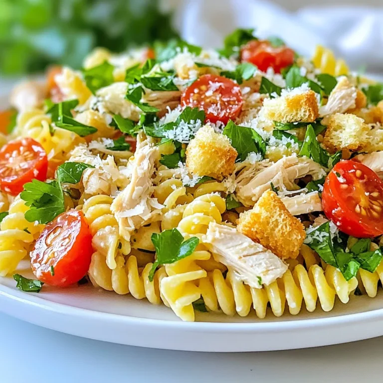 Für den Chicken Caesar Pasta Salad benötigst du einige einfache, aber schmackhafte Zutaten: - 2 Tassen Rotini-Pasta - 2 Tassen gekochte Hähnchenbrust, in Streifen zerrupft - 1 Tasse Romaine-Salat, grob gehackt - 1/2 Tasse Kirschtomaten, halbiert - 1/2 Tasse Caesar-Dressing - 1/4 Tasse geriebener Parmesan-Käse - 1/4 Tasse Croûtons - 1 Esslöffel Zitronensaft - Salz und Pfeffer nach Geschmack - Frische Petersilie, gehackt (zur Garnitur) Jede dieser Zutaten trägt zu dem tollen Geschmack des Salats bei. Die Rotini-Pasta gibt dem Gericht eine schöne Form und Textur. Das zerrupfte Hähnchen bringt Protein und macht den Salat sättigend. Der Romaine-Salat sorgt für Frische, während die Kirschtomaten einen süßen Biss hinzufügen. Für den perfekten Geschmack sind einige Gewürze und zusätzliche Zutaten wichtig. Das Caesar-Dressing ist der Star des Salads. Es verbindet alle Zutaten und bringt sie zusammen. Der Zitronensaft fügt einen frischen, saftigen Akzent hinzu. Du solltest auch Salz und Pfeffer nach deinem Geschmack hinzufügen. Achte darauf, nicht zu viel Salz zu verwenden. Das Dressing und der Parmesan sind oft bereits salzig. Um den Chicken Caesar Pasta Salad zu ergänzen, denke an einige tolle Beilagen: - Knoblauchbrot: Ein Klassiker, der gut zu Salaten passt. - Gegrilltes Gemüse: Zucchini oder Paprika machen eine bunte Beilage. - Ein einfacher grüner Salat: Dies kann die Frische noch verstärken. - Ein Glas Weißwein: Ein spritziger Wein passt gut zu diesem Gericht. Probiere diese Beilagen aus, um das Essen zu einem echten Genuss zu machen. {{ingredient_image_2}} Kochen Sie zuerst die Rotini-Pasta in einem großen Topf. Verwenden Sie gesalzenes Wasser und folgen Sie den Anweisungen auf der Verpackung. Kochen Sie die Pasta bis sie al dente ist. Nach dem Kochen gießen Sie die Pasta ab. Spülen Sie sie dann mit kaltem Wasser ab. Dadurch stoppt das Kochen und die Pasta kühlt ab. Dieser Schritt gibt Ihnen die perfekte Basis für den Salat. Falls Sie noch keine gekochte Hähnchenbrust haben, kochen Sie sie zuerst. Zerrupfen Sie die Hähnchenbrust in mundgerechte Stücke. Das zerrupfte Hähnchen gibt dem Salat eine schöne Textur. Stellen Sie das Hähnchen beiseite, während Sie die anderen Zutaten vorbereiten. In einer großen Schüssel vermengen Sie das Caesar-Dressing mit dem Zitronensaft. Rühren Sie gut mit einem Schneebesen, bis alles gleichmäßig vermischt ist. Fügen Sie dann die abgekühlte Pasta in die Schüssel hinzu. Geben Sie das zerrupfte Hähnchen, den gehackten Romaine-Salat und die halbierten Kirschtomaten dazu. Mischen Sie alles sanft, damit die Pasta und das Hähnchen gut mit dem Dressing bedeckt sind. Probieren Sie den Salat und würzen Sie ihn nach Geschmack mit Salz und Pfeffer. Denken Sie daran, dass das Dressing und der Parmesan bereits salzig sein können. Fügen Sie die Croûtons kurz vor dem Servieren hinzu. So bleiben sie schön knusprig und verleihen dem Salat einen tollen Crunch. Richten Sie den Salat auf einer großen Servierplatte an oder in individuellen Schalen. Garnieren Sie ihn mit frischer, gehackter Petersilie. Diese sorgt für einen farbenfrohen Akzent und macht den Salat noch appetitlicher. Jetzt ist Ihr Chicken Caesar Pasta Salad bereit zum Genießen! Um die beste Pasta zu wählen, nehme ich Rotini. Dieses Format hat viele kleine Windungen. So haftet das Dressing besser. Kochen Sie die Pasta in gesalzenem Wasser. Achten Sie darauf, sie al dente zu garen. Das bedeutet, sie bleibt beim Kauen leicht fest. Nach dem Kochen spülen Sie die Pasta unter kaltem Wasser ab. Dadurch stoppt der Garprozess und die Pasta bleibt frisch. Ein gutes Caesar-Dressing macht den Unterschied. Wählen Sie ein cremiges Dressing. Es sollte einen ausgewogenen Geschmack von Knoblauch und Parmesan haben. Ich empfehle, ein Markendressing zu probieren, das Sie mögen. Oder, wenn Sie es versuchen möchten, machen Sie Ihr eigenes. Mischen Sie Mayonnaise mit etwas Zitronensaft und Parmesan. Fügen Sie Knoblauchpulver und Worcestershire-Sauce hinzu, um mehr Geschmack zu bekommen. Um die Frische des Salates zu bewahren, mischen Sie das Dressing erst kurz vor dem Servieren. Wenn der Salat zu lange steht, wird die Pasta weich und der Salat welk. Lagern Sie die Zutaten separat, wenn Sie den Salat im Voraus zubereiten. So bleibt alles knackig und frisch. Fügen Sie die Croûtons erst kurz vor dem Servieren hinzu, damit sie knusprig bleiben. Für die Garnitur empfehle ich frische Petersilie. Sie gibt dem Salat einen schönen Farbkontrast. Geriebener Parmesan ist auch eine tolle Ergänzung. Streuen Sie ihn gleich vor dem Servieren über den Salat. Croûtons bringen zusätzlichen Crunch. Sie machen den Salat aufregender und leckerer. Pro Tips Pasta al Dente: Achte darauf, die Pasta nur bis zum al dente zu kochen, damit sie beim Mischen mit dem Dressing nicht zu weich wird und ihre Form behält. Hähnchen Variationen: Du kannst auch gegrilltes oder geräuchertes Hähnchen verwenden, um dem Salat einen zusätzlichen Geschmackskick zu verleihen. Frische Zutaten: Verwende frischen Romaine-Salat und reife Kirschtomaten, um die besten Aromen und Texturen in deinem Salat zu erzielen. Knusprige Croûtons: Füge die Croûtons erst kurz vor dem Servieren hinzu, um sicherzustellen, dass sie knusprig bleiben und nicht durchweichen. {{image_4}} Wenn du auf Fleisch verzichten möchtest, kannst du die Hähnchenbrust leicht ersetzen. Probiere stattdessen Kichererbsen oder geröstete Paprika. Diese geben deinem Salat einen tollen Geschmack. Du kannst auch Tofu verwenden, der gut mariniert ist. So bleibt der Salat gesund und lecker. Es gibt viele Möglichkeiten, Protein hinzuzufügen. Wenn du eine proteinreiche Variante suchst, füge gebratene Garnelen oder Lachs hinzu. Diese Fische passen gut zu dem Dressing. Für eine vegane Option sind schwarze Bohnen oder Quinoa perfekte Alternativen. Sie sind nahrhaft und fügen eine schöne Textur hinzu. Um deinem Chicken Caesar Pasta Salad mehr Geschmack zu geben, probiere zusätzliche Zutaten. Avocado bringt Cremigkeit und gesunde Fette. Auch Oliven oder Artischockenherzen können den Salat aufpeppen. Für einen knackigen Biss sind geröstete Nüsse oder Samen ideal. Du kannst sogar frische Kräuter wie Basilikum oder Minze hinzufügen, um den Geschmack zu verfeinern. Um deinen Chicken Caesar Pasta Salad frisch zu halten, bewahre ihn in einem luftdichten Behälter auf. Achte darauf, die Croûtons separat zu lagern. So bleiben sie knusprig. Stelle den Behälter in den Kühlschrank. So bleibt der Salat bis zu drei Tage genießbar. Reste sind eine tolle Chance für Neues. Du kannst den Salat in Wraps füllen oder auf Sandwiches legen. Eine weitere Idee ist, die Reste mit frischem Gemüse zu kombinieren. So wird ein bunter, gesunder Snack daraus. Wenn du Lust auf etwas Warmes hast, koche die Reste mit etwas Brühe. So entsteht eine leckere Pasta-Suppe. Chicken Caesar Pasta Salad hält sich etwa drei Tage im Kühlschrank. Achte darauf, ihn gut abzudecken, um Gerüche zu vermeiden. Wenn du ihn länger aufbewahren willst, friere die Pasta und das Hähnchen ein. Das Dressing und die frischen Zutaten solltest du jedoch im Kühlschrank lassen. So bleibt alles frisch und lecker. Chicken Caesar Pasta Salad hält sich gut. Im Kühlschrank bleibt er frisch für etwa drei Tage. Achte darauf, den Salat in einem luftdichten Behälter zu lagern. So bleibt der Geschmack erhalten. Ja, du kannst das Dressing im Voraus machen. Bereite es bis zu zwei Tage vor der Verwendung zu. Lagere es in einem geschlossenen Behälter im Kühlschrank. Rühre es vor dem Servieren gut um. Rotini-Pasta ist perfekt für diesen Salat. Die Spiralform hält das Dressing gut fest. Du kannst auch Fusilli oder Penne verwenden. Beide Varianten passen gut zu den anderen Zutaten. Dieser Salat ist nicht glutenfrei, da die Rotini-Pasta Gluten enthält. Du kannst glutenfreie Pasta verwenden, um ihn glutenfrei zu machen. Es gibt viele gute Alternativen im Handel. Ja, du kannst das Rezept anpassen. Füge Gemüse wie Paprika oder Gurken hinzu. Auch gebratene Pilze oder Oliven sind lecker. Experimentiere mit verschiedenen Zutaten, um deinen eigenen Twist zu finden. In diesem Blogbeitrag haben wir den Chicken Caesar Pasta Salad ausführlich betrachtet. Wir haben die Hauptzutaten, Gewürze und leckere Beilagen besprochen. Dann haben wir die Schritte zum Kochen und Kombinieren der Zutaten aufgeschlüsselt. Tipps für perfekte Pasta und frische Zutaten folgten. Außerdem haben wir Variationen und Lagerinformationen geteilt. Es gibt viele Wege, dieses Gericht anzupassen. Nutzen Sie die Tipps und genießen Sie Ihren Salat!