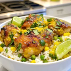 Für dieses Gericht brauchst du folgende Zutaten: - 2 Tassen Jasminreis - 1 Dose (13,5 oz) Kokosmilch - 1 Tasse Hühnerbrühe - 4 Hähnchenschenkel ohne Knochen und Haut - 1 Esslöffel Olivenöl - 1 mittlere Zwiebel, fein gehackt - 3 Knoblauchzehen, gehackt - 1 Esslöffel frischer Ingwer, gerieben - 1 Esslöffel Currypulver - 1 Teelöffel Kurkuma - Salz und Pfeffer nach Geschmack - 1 Tasse Erbsen (frisch oder gefroren) - 1/4 Tasse frischer Koriander, gehackt (zum Garnieren) - Limettenviertel (zum Servieren) Jasminreis ist ideal, da er gut duftet und locker bleibt. Kokosmilch gibt dem Gericht eine cremige Basis. Die Gewürze bringen Geschmack. Currypulver und Kurkuma geben eine warme Farbe. Ingwer und Knoblauch sorgen für Frische und Tiefe. - Currypulver: Es ist eine Mischung aus verschiedenen Gewürzen. Es verleiht dem Gericht Wärme. - Kurkuma: Es hat einen milden Geschmack und eine schöne goldene Farbe. - Salz und Pfeffer: Diese sind wichtig für den Geschmack. Sie heben die Aromen hervor. Du kannst einige Zutaten leicht ersetzen: - Reis: Verwende auch Basmati- oder Vollkornreis. - Hühnerbrühe: Gemüsebrühe ist eine gute Wahl für eine vegetarische Option. - Hähnchenschenkel: Du kannst auch Hühnerbrust verwenden. - Erbsen: Andere Gemüse wie Karotten oder Paprika passen gut dazu. Diese Alternativen machen das Rezept flexibler und anpassbar. Du kannst es nach deinem Geschmack gestalten! {{ingredient_image_2}} Zuerst spülst du den Jasminreis ab. Das machst du unter kaltem Wasser. So entfernst du die Stärke. Wenn das Wasser klar ist, ist der Reis bereit. Nimm einen Kochtopf und gib den Reis hinein. Füge die Kokosmilch und die Hühnerbrühe dazu. Würze mit einer Prise Salz. Stelle den Herd auf mittlere bis hohe Hitze. Lass die Mischung zum Kochen bringen. Wenn es kocht, reduziere die Hitze auf ein leichtes Simmern. Setze den Deckel auf den Topf. Lass den Reis 15 bis 18 Minuten kochen. Der Reis sollte dann zart und die Flüssigkeit aufgesogen sein. Nimm den Topf vom Herd und lass ihn 5 Minuten ruhen. Während der Reis kocht, erhitze das Olivenöl in einer großen Pfanne. Stelle die Hitze auf mittel. Gib die gehackte Zwiebel, den Knoblauch und den Ingwer in die Pfanne. Brate alles an, bis die Zwiebel glasig wird, etwa 4 bis 5 Minuten. Jetzt füge das Currypulver und den Kurkuma hinzu. Rühre alles gut um und brate eine weitere Minute. Würze die Hähnchenschenkel mit Salz und Pfeffer. Lege sie in die Pfanne. Brate die Hähnchenstücke 6 bis 7 Minuten pro Seite. Sie sollten goldbraun und durchgegart sein. Wenn das Hühnchen gar ist, füge die Erbsen hinzu. Mische alles gut und koche weitere 2 bis 3 Minuten. So werden die Erbsen warm. Jetzt lockere den Kokosreis mit einer Gabel auf. Richte den Reis auf Tellern oder in Schalen an. Lege die Hähnchen-Erbsen-Mischung darauf. Garniere das Gericht mit frischem Koriander. Lege Limettenviertel an die Seite, um sie darüber zu pressen. Um den perfekten Reis zu erreichen, spülen Sie den Jasminreis gründlich. Dies entfernt die Stärke und macht den Reis locker. Kochen Sie den Reis in einer Mischung aus Kokosmilch und Hühnerbrühe. Diese Flüssigkeiten geben dem Reis Geschmack. Lassen Sie den Reis nach dem Kochen noch fünf Minuten zugedeckt ruhen. So wird der Reis schön zart. Die Aromatisierung kann durch frische Zutaten und Gewürze verstärkt werden. Verwenden Sie frischen Ingwer und Knoblauch für einen intensiven Geschmack. Das Currypulver und der Kurkuma bringen Farbe und Aroma ins Gericht. Braten Sie die Gewürze kurz an, damit sich die Aromen entfalten. Frischer Koriander als Garnitur gibt dem Gericht einen frischen Kick. Eine gute Planung spart Zeit. Beginnen Sie mit dem Reis, da er am längsten braucht. Während der Reis kocht, bereiten Sie das Hühnchen vor. So sind beide Komponenten fertig zur gleichen Zeit. Nutzen Sie die Wartezeit, um die Zutaten für die Hähnchenpfanne zu schneiden und bereit zu stellen. Das sorgt für einen reibungslosen Kochprozess. Pro Tipps Reis richtig abspülen: Spülen Sie den Jasminreis gründlich ab, um überschüssige Stärke zu entfernen. Dies sorgt für einen lockeren und fluffigen Reis. Gewürze rösten: Rösten Sie die Gewürze wie Currypulver und Kurkuma für eine Minute, um ihre Aromen zu intensivieren und das Gericht geschmacklich zu verbessern. Hühnchen gleichmäßig garen: Stellen Sie sicher, dass die Hähnchenschenkel gleichmäßig gewürzt sind und die Pfanne ausreichend heiß ist, um eine schöne goldbraune Kruste zu erzielen. Frische Kräuter verwenden: Verwenden Sie frischen Koriander für das Garnieren, um dem Gericht eine frische, aromatische Note zu verleihen. {{image_4}} Ich liebe es, den Kokosgeschmack zu nutzen und ihn vegan zu machen. Statt Hühnchen kannst du Tofu verwenden. Nimm festen Tofu für die beste Textur. Schneide ihn in Würfel und mariniere ihn in Sojasauce und einer Prise Kurkuma. Brate den Tofu in der Pfanne an, bis er goldbraun ist. So erhältst du eine leckere vegane Variante, die genauso gut schmeckt wie das Original. Du kannst auch Gemüse oder Hülsenfrüchte hinzufügen. Erbsen sind schon im Rezept, aber du kannst auch Karotten, Paprika oder Brokkoli verwenden. Diese geben mehr Farbe und Nährstoffe. Hülsenfrüchte wie Kichererbsen oder Linsen sind ebenfalls eine gute Wahl. Sie machen das Gericht sättigender und fügen Proteine hinzu. Für mehr Abwechslung kannst du verschiedene Reisarten ausprobieren. Basmati-Reis bringt einen anderen Duft und Geschmack. Vollkornreis ist gesünder und hat mehr Ballaststoffe. Quinoa ist eine tolle glutenfreie Option. Denke daran, die Kochzeit anzupassen, um den perfekten Reis zu bekommen. Jede Reisart bringt ihren eigenen Charakter ins Gericht. Sie haben köstliches Kokosnuss-Hühnchen und Reis übrig? Perfekt! Um die Frische zu bewahren, lassen Sie das Gericht zuerst abkühlen. Packen Sie es dann in einen luftdichten Behälter. Dadurch vermeiden Sie Gerüche und Trockenheit im Kühlschrank. Im Kühlschrank bleibt Ihr Kokosnuss-Hühnchen und Reis 3 bis 4 Tage frisch. Achten Sie darauf, dass die Temperatur unter 4 Grad Celsius liegt. So bleibt das Essen sicher und lecker. Vor dem Verzehr sollten Sie es gut durchwärmen. Möchten Sie das Gericht für später aufbewahren? Dann frieren Sie es ein! Teilen Sie das Hühnchen und den Reis in Portionen auf. Nutzen Sie gefriergeeignete Behälter oder Beutel. So bleibt alles bis zu 3 Monate haltbar. Achten Sie darauf, die Luft herauszudrücken, um Gefrierbrand zu vermeiden. Um das Gericht aufzutauen, legen Sie es einfach über Nacht in den Kühlschrank. Erwärmen Sie es dann im Topf oder in der Mikrowelle. So schmeckt es fast wie frisch zubereitet! Die Zubereitungszeit für Kokosnuss-Hühnchen und Reis beträgt etwa 15 Minuten. Die Kochzeit dauert 30 Minuten. Insgesamt sind es also etwa 45 Minuten, bis das Gericht fertig ist. Diese Zeit reicht aus, um den Jasminreis perfekt zu kochen und das Hühnchen schön zart und saftig zu braten. Ja, gefrorenes Gemüse ist eine tolle Option! Es ist oft frisch eingefroren und hat gute Nährstoffe. Für dieses Rezept können Sie gefrorene Erbsen direkt in die Pfanne geben. Sie müssen die Erbsen nicht auftauen. Sie erwärmen sich schnell und sparen Ihnen Zeit beim Kochen. Ja, Kokosnuss-Hühnchen und Reis ist glutenfrei. Die Hauptzutaten wie Reis, Kokosmilch und Hühnerbrühe enthalten kein Gluten. Dies macht das Gericht ideal für Menschen mit Glutenunverträglichkeit. Achten Sie jedoch darauf, dass die Hühnerbrühe auch als glutenfrei gekennzeichnet ist, um sicherzugehen. In diesem Blogbeitrag haben wir die besten Zutaten für Kokosnuss-Hühnchen mit Reis entdeckt. Wir haben die Zubereitung in einfachen Schritten erklärt und hilfreiche Tipps gegeben, um perfekte Ergebnisse zu erzielen. Sie können auch besondere Variationen ausprobieren, wie eine vegane Version oder verschiedene Reisarten. Denken Sie daran, wie Sie Reste lagern, damit sie frisch bleiben. Experimentieren Sie mit den Zutaten und Anleitungen. Kochen macht Spaß, und mit diesen Tipps gelingt das Gericht sicher!