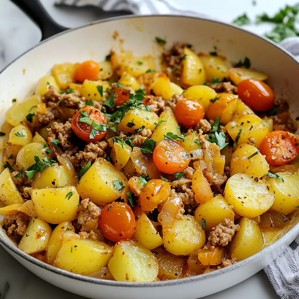 - 450 g gemahlenes Putenfleisch - 3 mittelgroße Kartoffeln, gewürfelt (ca. 500 g) - 1 mittelgroße Zwiebel, gehackt - 1 Paprika (jede Farbe), gewürfelt Ich liebe die Hauptzutaten in diesem Gericht. Gemahlenes Putenfleisch ist mager und voll von Proteinen. Es sorgt für einen tollen Geschmack und eine gute Konsistenz. Die Kartoffeln machen das Gericht herzhaft und sättigend. Wenn ich die Zwiebel und die Paprika hinzufüge, entsteht eine schöne Süße und Frische. - 1 Teelöffel geräuchertes Paprikapulver - 1 Teelöffel getrocknete italienische Kräuter - ½ Teelöffel Cayennepfeffer (optional für Schärfe) - 1 Esslöffel Olivenöl - Salz und Pfeffer nach Geschmack Die Gewürze machen den Unterschied. Geräuchertes Paprikapulver gibt dem Gericht einen rauchigen Geschmack. Die italienischen Kräuter bringen frische Aromen. Wenn du etwas Schärfe magst, füge Cayennepfeffer hinzu. Olivenöl ist perfekt zum Braten und gibt Geschmack. Salz und Pfeffer runden alles ab. - Frische Petersilie, gehackt Ich mag es, das Gericht mit frischer Petersilie zu garnieren. Sie bringt Farbe und einen frischen Geschmack. Petersilie macht das Gericht ansprechend und lecker. Du kannst sie einfach kurz vor dem Servieren darüber streuen. So sieht dein Essen gleich viel schöner aus! {{ingredient_image_2}} Schneide zuerst die Zwiebel und die Paprika in kleine Stücke. Ich mag es, die Zwiebel fein zu hacken. Das gibt dem Gericht mehr Geschmack. Würfle dann die Kartoffeln in gleichmäßige Stücke. So garen sie gleichmäßig. Erhitze das Olivenöl in einer großen Pfanne bei mittlerer Hitze. Füge die Zwiebel und die Paprika hinzu. Brate sie für etwa 3-4 Minuten. Sie sollten weich und duftend sein. Gib den gehackten Knoblauch in die Pfanne. Danach kommt das gemahlene Putenfleisch. Brate alles 5-7 Minuten an. Zerkleinere das Fleisch mit einem Spatel. Füge das geräucherte Paprikapulver und die italienischen Kräuter hinzu. Wenn du es scharf magst, streue etwas Cayennepfeffer darüber. Würze mit Salz und Pfeffer. Jetzt kommen die gewürfelten Kartoffeln in die Pfanne. Rühre alles gut um. Reduziere die Hitze auf mittel bis niedrig. Decke die Pfanne ab und lasse alles etwa 15-20 Minuten garen. Rühre gelegentlich um, bis die Kartoffeln zart sind. Wenn die Kartoffeln fast gar sind, hebe die Kirschtomaten vorsichtig unter. Lass sie für weitere 5 Minuten mitkochen. Sie sollten weich werden und leicht aufplatzen. Probiere das Gericht und passe die Würze an. Garniere es mit frischer Petersilie. Um das beste Ergebnis zu erzielen, achte auf die Anbratzeit. Brate die Zwiebel und die Paprika für 3-4 Minuten. So werden sie weich und aromatisch. Das Putenfleisch sollte 5-7 Minuten braten. Zerkleinere es mit einem Spatel. Dadurch wird es gleichmäßig gebräunt. Würzen ist wichtig. Verwende geräuchertes Paprikapulver und italienische Kräuter. Der Cayennepfeffer bringt eine angenehme Schärfe, wenn du das magst. Schmecke das Gericht vor dem Servieren ab. So findest du den perfekten Geschmack. Serviere das Gericht direkt aus der Pfanne. Das sieht rustikal und einladend aus. Du kannst das Essen auch schön anrichten. Ein Klecks Sauerrahm oder Joghurt macht das Gericht noch besser. Zusätzliche Beilagen wie frisches Brot oder einen kleinen Salat passen gut dazu. Diese Optionen bieten mehr Vielfalt und Freude beim Essen. Es gibt verschiedene Methoden, wie du das Gericht zubereiten kannst. Du kannst auch zusätzliches Gemüse verwenden. Zucchini oder Karotten sind tolle Optionen. Für das Anbraten kannst du die Hitze variieren. Höhere Hitze bringt mehr Röstaromen. Bei niedrigerer Hitze wird das Fleisch zarter. Probiere aus, was dir am besten schmeckt. Experimentiere mit den Zubereitungsmethoden, um deinen eigenen Stil zu finden. Pro Tipps Kartoffeln vorkochen: Um die Garzeit zu verkürzen, kannst du die gewürfelten Kartoffeln 5 Minuten in Wasser vorkochen, bevor du sie zur Pfanne gibst. Variiere die Gewürze: Fühle dich frei, die Gewürze anzupassen. Füge zum Beispiel Kreuzkümmel oder Chili hinzu, um das Gericht noch aromatischer zu machen. Frische Kräuter verwenden: Frische Petersilie ist nicht nur eine schöne Garnitur, sondern bringt auch zusätzliches Aroma. Probiere auch frischen Dill oder Koriander! Resteverwertung: Das Gericht eignet sich hervorragend, um Reste von Gemüse oder anderen Fleischsorten zu verarbeiten. Sei kreativ und mische, was du hast! {{image_4}} Du kannst das Gericht leicht anpassen, indem du saisonales Gemüse nutzt. Zum Beispiel: - Karotten: Sie geben Süße und Farbe. - Zucchini: Sie sind zart und nehmen die Aromen gut auf. - Brokkoli: Er sorgt für einen frischen Crunch. - Erbsen: Sie bringen eine süße Note hinzu. Diese Optionen machen das Gericht gesünder und bunter. Nutze das Gemüse, das du magst oder gerade zur Hand hast. Das sorgt für Abwechslung und Freude beim Kochen. Wenn du Abwechslung bei dem Protein möchtest, gibt es viele gute Optionen. Probiere: - Hähnchenbrust: Milder Geschmack, gut zuzubereiten. - Rinderhack: Es hat mehr Fett und ist herzhaft. - Tofu: Eine tolle pflanzliche Option, die gut die Gewürze aufnimmt. - Kichererbsen: Sie sind nahrhaft und geben dem Gericht eine neue Struktur. Jede dieser Optionen bringt einen eigenen Geschmack mit. Experimentiere und finde deine Lieblingskombination. Die Gewürze sind der Schlüssel zu einem leckeren Gericht. Hier sind ein paar Tipps, um sie anzupassen: - Füge mehr Cayennepfeffer hinzu, wenn du es scharf magst. - Verwende frische Kräuter wie Basilikum oder Thymian für mehr Aroma. - Probiere Zitrone oder Limette, um Frische zu bringen. - Mische verschiedene Paprikas für einen tiefen Geschmack. So kannst du das Gericht an deinen Geschmack anpassen. Sei kreativ und genieße das Kochen! Richtig lagern ist wichtig. Lass das Gericht zuerst abkühlen. Fülle es dann in einen luftdichten Behälter. Im Kühlschrank bleibt es frisch für etwa 3 Tage. Wenn du es länger aufbewahren willst, friere es ein. In einem geeigneten Behälter hält es sich bis zu 3 Monate. Achte darauf, das Gericht gut abzudecken, um Gefrierbrand zu vermeiden. Das Aufwärmen geht schnell und einfach. Nutze die Mikrowelle für eine schnelle Methode. Stelle die Mikrowelle auf mittlere Stufe und erhitze das Gericht 2–3 Minuten. Rühre zwischendurch um, damit alles gleichmäßig warm wird. Eine andere Möglichkeit ist die Pfanne. Erhitze sie bei mittlerer Hitze und gib das Gericht hinein. Rühre, bis es gut durchgewärmt ist. Die Frische zu bestimmen ist leicht. Schau dir die Farbe und den Geruch an. Wenn es seltsam riecht oder verfärbt ist, wirf es weg. Ein frisches Gericht hat immer einen guten Geruch. Achte auch auf die Konsistenz. Wenn es matschig ist, ist es besser, es nicht mehr zu essen. Die Zubereitung dauert insgesamt etwa 40 Minuten. Du benötigst 15 Minuten für die Vorbereitung und 25 Minuten für das Kochen. In dieser Zeit bereitest du die Zutaten und garst das Gericht in einer Pfanne. Es ist wichtig, die Kartoffeln gut zu kochen, damit sie zart werden. Ja, du kannst das Gericht im Voraus zubereiten. Koche es einfach und lass es abkühlen. Fülle es in einen luftdichten Behälter und stelle es in den Kühlschrank. Du kannst es bis zu drei Tage aufbewahren. Wenn du es später essen möchtest, erhitze es einfach in der Mikrowelle oder in der Pfanne. Zu diesem Gericht passen viele Beilagen. Du kannst einen frischen Salat dazu servieren. Auch knuspriges Brot ist eine gute Wahl. Für Getränke empfehle ich ein leichtes Wasser oder einen fruchtigen Saft. Diese Beilagen ergänzen das Gericht perfekt. Ja, dieses Gericht ist glutenfrei. Alle Zutaten, wie das gemahlene Putenfleisch und die Kartoffeln, enthalten kein Gluten. Achte jedoch darauf, dass auch die Gewürze glutenfrei sind. So kannst du sicher sein, dass das Gericht für alle geeignet ist. In diesem Blogbeitrag habe ich dir die wichtigsten Zutaten für dein Gericht vorgestellt. Wir haben die Hauptzutaten durch Gewürze und Öle ergänzt, um den Geschmack zu verbessern. Ich habe die Schritte zur Zubereitung genau erklärt, inklusive Tipps für die perfekte Zubereitung. Variationen und Lagerungshinweise helfen dir, das Gericht anzupassen und frisch zu halten. Nutze diese Informationen, um das Gericht jetzt zu kochen und zu genießen. Sauer macht lustig, doch gutes Essen macht glücklich!