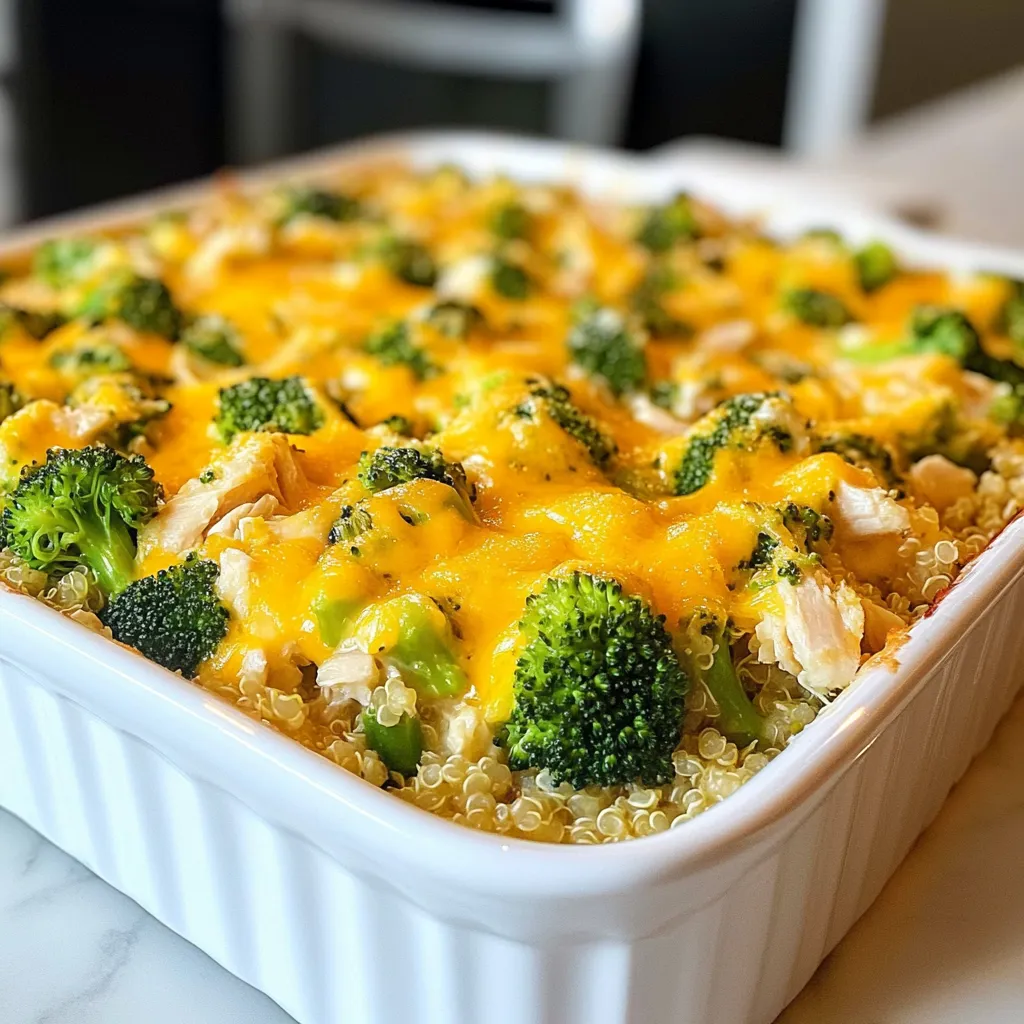 Für unsere leckere Chicken Broccoli Casserole benötigst du folgende Zutaten: - 2 Tassen gekochtes Hühnchen, zerkleinert - 2 Tassen Brokkoliröschen (frisch oder gefroren) - 1 Tasse gekochte Quinoa (oder Reis) - 1 Tasse geriebener Cheddar-Käse - 1 Tasse Pilzsuppe (oder hausgemachte Variante) - ½ Tasse griechischer Joghurt - 1 Teelöffel Knoblauchpulver - 1 Teelöffel Zwiebelpulver - ½ Teelöffel schwarzer Pfeffer - ½ Teelöffel Salz - ½ Teelöffel Paprika - ½ Tasse Semmelbrösel (optional für das Topping) - 2 Esslöffel Olivenöl Wenn du einige Zutaten nicht hast, keine Sorge! Hier sind einige Alternativen: - Statt Hühnchen kannst du Truthahn oder Tofu verwenden. - Verwende Blumenkohlröschen, wenn du keinen Brokkoli magst. - Brauner Reis oder Hirse sind gute Alternativen zur Quinoa. - Für eine cremigere Sauce probiere Sauerrahm anstelle von griechischem Joghurt. - Nutze deinen Lieblingskäse, wie Mozzarella oder Gouda, für eine andere Geschmacksnote. Um diesen Auflauf zuzubereiten, brauchst du einige einfache Küchentools: - Eine große Schüssel zum Mischen der Zutaten. - Eine 9x13 Zoll große Auflaufform. - Ein Dampfkorb oder einen Topf zum Dämpfen des Brokkolis. - Ein Holzlöffel oder ein Rührgerät, um alles gut zu vermischen. - Ein Ofen, um den Auflauf zu backen. Mit diesen Zutaten und Utensilien bist du bereit, ein köstliches Gericht zu zaubern! {{ingredient_image_2}} Heize zuerst deinen Ofen auf 175°C (350°F) vor. Das sorgt dafür, dass der Auflauf gleichmäßig gart. Wenn du frischen Brokkoli benutzt, dämpfe die Röschen für 2-3 Minuten. So werden sie zart, aber nicht matschig. Lasse den Brokkoli danach gut abtropfen. Falls du gefrorenen Brokkoli hast, tau ihn einfach in der Mikrowelle auf. Das ist schnell und einfach. Nimm eine große Schüssel und gib die folgenden Zutaten hinein: - 2 Tassen gekochtes Hühnchen, zerkleinert - 2 Tassen Brokkoliröschen - 1 Tasse gekochte Quinoa (oder Reis) - 1 Tasse geriebener Cheddar-Käse - 1 Tasse Pilzsuppe - ½ Tasse griechischer Joghurt - 1 Teelöffel Knoblauchpulver - 1 Teelöffel Zwiebelpulver - ½ Teelöffel schwarzer Pfeffer - ½ Teelöffel Salz - ½ Teelöffel Paprika Rühre alles gut um, bis die Zutaten gleichmäßig verteilt sind. Nimm eine 9x13 Zoll große Auflaufform und fette sie leicht mit Olivenöl ein. Gib die Mischung gleichmäßig in die Form. Wenn du einen knusprigen Belag magst, mische ½ Tasse Semmelbrösel mit 2 Esslöffeln Olivenöl. Streue diese Mischung über den Auflauf. Jetzt ist der Auflauf bereit für den Ofen! Backe ihn für 25-30 Minuten. Der Käse sollte dann sprudelnd und goldbraun sein. Lass den Auflauf nach dem Backen 5 Minuten abkühlen. Serviere ihn warm und genieße! Ein häufiger Fehler ist, das Hühnchen nicht richtig zu kochen. Achte darauf, dass es gut durchgegart ist. Wenn du gefrorenen Brokkoli verwendest, tau ihn vollständig auf. Andernfalls wird der Auflauf wässrig. Mische die Zutaten gut, damit jeder Bissen gleich schmeckt. Die Konsistenz ist wichtig. Verwende gekochte Quinoa oder Reis, da sie die Flüssigkeit gut aufnehmen. Der griechische Joghurt gibt eine cremige Note. Achte darauf, die Pilzsuppe nicht zu dick zu machen. Wenn die Mischung zu trocken aussieht, füge etwas mehr Joghurt hinzu. Du kannst den Geschmack leicht anpassen. Füge mehr Gewürze hinzu, wie Chili oder Kräuter. Für zusätzlichen Käse genieße verschiedene Käsesorten. Mozzarella oder Gouda passen gut. Du kannst auch geröstete Nüsse für einen Crunch verwenden. Experimentiere mit Gemüse wie Paprika oder Spinat. Pro Tipps Frische Zutaten verwenden: Verwende frischen Brokkoli und hochwertiges Hühnchen für den besten Geschmack und Nährwert. Gewürze anpassen: Experimentiere mit den Gewürzen, um das Gericht nach deinem Geschmack zu verfeinern. Füge zum Beispiel etwas Cayennepfeffer für eine scharfe Note hinzu. Quinoa richtig kochen: Achte darauf, die Quinoa vor dem Kochen gut abzuspülen, um den bitteren Geschmack zu entfernen und das Gericht zu verbessern. Resteverwertung: Dieses Gericht eignet sich hervorragend für Reste. Füge zusätzliches Gemüse oder andere Proteine hinzu, die du noch im Kühlschrank hast. {{image_4}} Wenn du eine vegetarische Variante magst, kannst du das Hühnchen einfach weglassen. Stattdessen nutze Kichererbsen oder Tofu. Diese geben Protein und machen das Gericht sättigend. Brokkoli bleibt der Hauptdarsteller und sorgt für eine schöne grüne Farbe. Du kannst auch andere Gemüsesorten hinzufügen, wie Spinat oder Paprika. Sie bringen mehr Geschmack und Nährstoffe in dein Gericht. Käse macht den Auflauf cremig und lecker. Cheddar ist eine tolle Wahl, da er gut schmilzt und einen starken Geschmack hat. Du kannst auch Mozzarella für einen milden, zähen Effekt verwenden. Feta bringt einen salzigen Kick, der gut mit dem Gemüse harmoniert. Experimentiere mit verschiedenen Käsesorten, um herauszufinden, was dir am besten gefällt! Wenn du glutenfrei essen musst, gibt es viele Optionen. Ersetze die Semmelbrösel mit glutenfreien Bröseln oder Haferflocken. Du kannst auch Quinoa oder Reis als Basis verwenden, die beide glutenfrei sind. Achte darauf, dass die Pilzsuppe ebenfalls glutenfrei ist. So bleibt der Auflauf lecker und sicher für alle, die auf Gluten verzichten möchten. Die Reste von deinem Chicken Broccoli Casserole sind einfach zu lagern. Lass den Auflauf zuerst abkühlen. Dann fülle ihn in einen luftdichten Behälter. Du kannst auch Portionen in kleinere Behälter aufteilen. So hast du immer eine schnelle Mahlzeit bereit. Vergiss nicht, das Datum aufzuschreiben. So weißt du, wie lange die Reste haltbar sind. Im Kühlschrank bleibt dein Auflauf bis zu fünf Tage frisch. Stelle sicher, dass der Behälter gut verschlossen ist. Für längere Lagerung kannst du den Auflauf einfrieren. Er hält sich bis zu drei Monate im Gefrierfach. Achte darauf, ihn gut einzupacken, damit er nicht austrocknet. Verwende Frischhaltefolie oder einen gefrierfesten Behälter. Das Aufwärmen ist einfach und wichtig für den Geschmack. Du kannst den Auflauf im Ofen oder in der Mikrowelle aufwärmen. Im Ofen, stelle die Temperatur auf 175°C (350°F). Backe ihn für etwa 20 Minuten. So bleibt er schön knusprig. In der Mikrowelle, erwärme ihn in 1-Minuten-Intervallen. Rühre zwischendurch um, damit er gleichmäßig warm wird. Füge etwas Wasser oder Brühe hinzu, wenn der Auflauf trocken wirkt. So bleibt er saftig und lecker. Ja, du kannst frisches Gemüse verwenden. Frischer Brokkoli bringt einen tollen Geschmack. Er bleibt knackig und nährstoffreich. Dämpfe ihn kurz, bevor du ihn in den Auflauf gibst. Du kannst auch andere Gemüsesorten wie Karotten oder Blumenkohl hinzufügen. Das gibt mehr Farbe und Geschmack. Der Auflauf hält sich gut im Kühlschrank. Du kannst ihn bis zu fünf Tage aufbewahren. Stelle sicher, dass du ihn in einem luftdichten Behälter lagerst. Wenn du ihn länger aufbewahren willst, friere ihn ein. So bleibt er bis zu drei Monate frisch. Achte darauf, ihn gut einzupacken, damit er nicht austrocknet. Ja, dieses Rezept ist gesund. Hühnchen und Brokkoli sind nährstoffreich. Sie bieten viele Vitamine und Mineralien. Die Quinoa sorgt für Ballaststoffe und Proteine. Wenn du griechischen Joghurt verwendest, erhältst du zusätzlich gute Fette. Achte darauf, die Käsemenge nach deinem Bedarf anzupassen. So kannst du die Kalorien im Blick behalten. In diesem Artikel habe ich eine einfache Anleitung für einen leckeren Brokkoli-Auflauf gegeben. Wir haben die wichtigen Zutaten, Küchentools und eine Schritt-für-Schritt-Anleitung behandelt. Ich habe auch Tipps gegeben, um häufige Fehler zu vermeiden und deine eigene Variante zu kreieren. Denke daran, Reste richtig zu lagern, damit du nächsten Tag noch genießen kannst. Mit diesen Informationen kannst du nun selbst einen tollen Brokkoli-Auflauf zaubern. Viel Spaß beim Kochen und Ausprobieren!