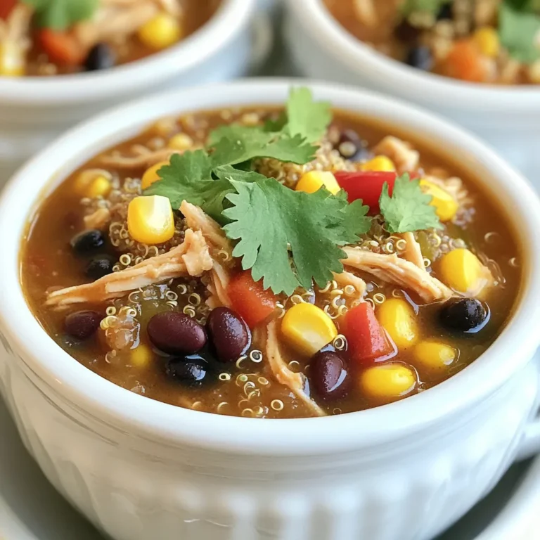 - 900 g Hähnchenbrustfilets, ohne Knochen und Haut - 240 g schwarze Bohnen, abgetropft und gut gespült - 170 g Quinoa, gründlich gespült - 2 Teelöffel Kreuzkümmel - 1 Teelöffel geräuchertes Paprikapulver - 1 Teelöffel Chilipulver - 1 rote Paprika, in kleine Würfel geschnitten - 1 Zwiebel, fein gehackt - 3 Knoblauchzehen, zerdrückt - 240 g Mais (frisch, gefroren oder aus der Dose) - 240 ml kaltes, natriumreduziertes Hühnerbrühe Ich wähle die Zutaten mit Sorgfalt aus. Hähnchenbrustfilets bieten viel Protein. Diese sind die Hauptzutaten, die das Gericht nahrhaft machen. Schwarze Bohnen und Quinoa liefern Ballaststoffe und weitere Proteine. Sie bringen auch eine schöne Textur. Die Gewürze sind wichtig für den Geschmack. Kreuzkümmel gibt einen warmen, erdigen Geschmack. Geräuchertes Paprikapulver fügt Tiefe hinzu. Chilipulver bringt eine milde Schärfe. Diese Aromen harmonieren gut mit dem Hähnchen. Zusätzliches Gemüse macht das Gericht bunt und gesund. Rote Paprika bringt Süße und Farbe. Zwiebeln und Knoblauch geben Aroma. Mais sorgt für Süße und eine knackige Textur. Diese Zutaten zusammen bieten nicht nur Geschmack, sondern auch viele Nährstoffe. Zuerst bereiten Sie die Hähnchenbrustfilets vor. Nehmen Sie 900 g Hähnchenbrustfilets, ohne Knochen und Haut. Legen Sie sie gleichmäßig in den Boden des Crockpots. Dann schnappen Sie sich das Gemüse. Schneiden Sie eine rote Paprika in kleine Würfel. Hacken Sie eine Zwiebel fein und zerdrücken Sie drei Knoblauchzehen. Abtropfen lassen sollten Sie auch 240 g schwarze Bohnen und 170 g Quinoa. Spülen Sie die Quinoa gründlich ab, damit sie nicht bitter schmeckt. Jetzt richten Sie das Hähnchen an. Gießen Sie 240 ml kaltes, natriumreduziertes Hühnerbrühe über das Hähnchen. Diese Brühe hält das Hähnchen saftig. In einer großen Schüssel mischen Sie die schwarzen Bohnen, die Quinoa, die gewürfelte Paprika, den Mais und die Zwiebel. Vergessen Sie nicht den zerdrückten Knoblauch, zwei Teelöffel Kreuzkümmel, einen Teelöffel geräuchertes Paprikapulver und einen Teelöffel Chilipulver. Fügen Sie Salz und Pfeffer nach Geschmack hinzu. Rühren Sie alles gut um, bis sich die Zutaten verbinden. Löffeln Sie diese Mischung vorsichtig über das Hähnchen im Crockpot. Achten Sie darauf, dass sie gleichmäßig verteilt ist. Jetzt kommt der spannendste Teil: das Kochen. Decken Sie den Crockpot ab. Kochen Sie das Gericht auf niedriger Stufe für 6-7 Stunden oder auf hoher Stufe für 3-4 Stunden. Das Hähnchen sollte gut durchgegart sein und leicht zerteilt werden können. Nach dem Garen verwenden Sie zwei Gabeln, um das Hähnchen zu zerreißen. Rühren Sie alles gut um, bis die Zutaten gut vermischt sind. Probieren Sie das Gericht und passen Sie die Gewürze nach Belieben an. Servieren Sie die Mischung heiß, garniert mit frischem Koriander. Anpassung der Schärfe Wenn du mehr Schärfe magst, füge einfach mehr Chilipulver hinzu. Ein Hauch von frischen Jalapeños kann ebenfalls einen Kick geben. Wenn du es milder magst, reduziere die Menge an Chilipulver. Du kannst auch die Paprika variieren, um die Schärfe zu steuern. Verwendung anderer Kräuter Frische Kräuter wie Petersilie oder Basilikum sind tolle Alternativen. Sie bringen frische Aromen in dein Gericht. Du kannst auch Thymian oder Oregano verwenden, um eine andere Geschmacksrichtung zu erreichen. Experimentiere mit verschiedenen Kräutern, um deinen perfekten Geschmack zu finden. Vorbereitungen im Voraus Du kannst die Zutaten am Vorabend vorbereiten. Schneide das Gemüse und messe die Gewürze ab. Das spart Zeit am Kochtag. Bewahre alles in luftdichten Behältern im Kühlschrank auf. So hast du alles bereit, wenn es Zeit zum Kochen ist. Nutzen von Resten Wenn du Reste hast, verwende sie kreativ! Du kannst das Hähnchen in Salaten oder Wraps verwenden. Es ist auch lecker auf Pizza oder in Suppen. Reste bieten dir viele Möglichkeiten für neue Gerichte. Lass deiner Kreativität freien Lauf! Anrichten des Gerichts Serviere das Gericht in tiefen Schalen. Garniere es mit frischem Koriander für Farbe und Geschmack. Ein Spritzer Limettensaft oben drauf macht es noch frischer. Das Auge isst mit, also achte auf die Präsentation! Beilagenempfehlungen Dazu passen Reis oder Tortillas hervorragend. Ein einfacher grüner Salat ergänzt die Aromen gut. Wenn du etwas Knuspriges möchtest, serviere Tortilla-Chips. So hast du ein tolles, vollständiges Essen, das jeder genießen kann! {{image_4}} Um mehr Protein hinzuzufügen, kann man schwarze Bohnen oder Linsen verwenden. Diese Hülsenfrüchte sind nahrhaft und geben dem Gericht einen tollen Geschmack. Ein weiterer Vorschlag ist, Pulled Pork oder Tofu zu nutzen. Diese Optionen sorgen für viel Protein und sind einfach einzubauen. Saisonales Gemüse ist eine großartige Wahl. Es bringt frische Aromen in das Gericht. Sie können zum Beispiel Zucchini, Karotten oder Spinat verwenden. Wenn Sie keine Quinoa haben, können Sie auch braunen Reis oder Couscous probieren. Diese Alternativen sind leicht zu finden und bieten eine ähnliche Textur. Um internationale Aromen zu integrieren, probieren Sie den Tex-Mex Stil. Fügen Sie Jalapeños oder Avocado hinzu. Für eine mediterrane Variation können Sie Oliven, Feta-Käse und Oregano verwenden. Diese Zutaten bringen Vielfalt und neue Geschmäcker in Ihr Gericht. Das Gericht bleibt im Kühlschrank etwa 3 bis 4 Tage frisch. Um die Frische zu erhalten, bewahre es in einem luftdichten Behälter auf. Das schützt vor Gerüchen und hält die Feuchtigkeit. Um das Gericht einzufrieren, lasse es zuerst abkühlen. Dann fülle es in einen gefriersicheren Behälter oder in Gefrierbeutel. Drücke die Luft heraus, bevor du es verschließt. So bleibt der Geschmack optimal erhalten. Zum Auftauen lege das Gericht über Nacht in den Kühlschrank. Du kannst es dann in der Mikrowelle oder auf dem Herd wiedererwärmen. Achte darauf, ob das Gericht schlecht geworden ist. Wenn es komisch riecht oder die Farbe sich verändert hat, wirf es weg. Lebensmittel müssen immer sicher gelagert werden. Halte die Küche sauber und wasche deine Hände regelmäßig. So vermeidest du Bakterien und andere Keime. Das Hähnchen braucht bei niedriger Stufe 6-7 Stunden. Bei hoher Stufe sind es 3-4 Stunden. Die Zeiten können variieren. Prüfen Sie immer, ob das Hähnchen durchgegart ist. Es sollte leicht zerteilt werden können. Ja, Sie können viele andere Proteine verwenden. Probieren Sie Rindfleisch oder Schweinefleisch. Auch Tofu ist eine gute Wahl. Bohnen und Linsen sind tolle pflanzliche Optionen. Sie bieten viel Eiweiß und Ballaststoffe. Ja, dieses Gericht eignet sich gut für Meal Prep. Kochen Sie eine große Menge und teilen Sie sie in Portionen auf. Lassen Sie die Mischung abkühlen, bevor Sie sie in Behälter füllen. Lagern Sie die Portionen im Kühlschrank oder im Gefrierschrank. So haben Sie gesunde Mahlzeiten für die Woche. Zusammenfassend haben wir die wichtigsten Zutaten für unser Crockpot-Gericht besprochen. Hähnchenbrust, schwarze Bohnen und Quinoa sind die Basis. Die Gewürze wie Kreuzkümmel und geräuchertes Paprikapulver bringen einen tollen Geschmack. Ich empfehle, das Gericht mit frischem Gemüse und passenden Beilagen zu servieren. Variationen sind leicht möglich, um das Gericht einzigartig zu machen. Die Lagerung ist einfach, ob im Kühlschrank oder eingefroren. Mit diesen Tipps kannst du dein Gericht gut zubereiten und genießen. Viel Spaß beim Kochen!