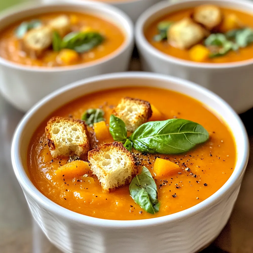 Für diese leckere Suppe brauchst du einfache, frische Zutaten: - 4 große, reife Tomaten, gewürfelt - 2 große Karotten, grob gehackt - 1 mittlere Zwiebel, fein gehackt - 2 Knoblauchzehen, gehackt - 4 Tassen Gemüsebrühe Diese Hauptzutaten sorgen für einen köstlichen und herzhaften Geschmack. Die Tomaten geben die Basis, während die Karotten für Süße sorgen. Zwiebeln und Knoblauch verleihen der Suppe Tiefe und Aroma. Die richtigen Gewürze machen den Unterschied. Hier sind die wichtigsten: - 1 Teelöffel gemahlener Kreuzkümmel - 1 Teelöffel geräucherter Paprika - 1 Esslöffel Olivenöl - Salz und Pfeffer nach Geschmack Kreuzkümmel bringt einen warmen, erdigen Geschmack, während geräucherter Paprika eine rauchige Note hinzufügt. Das Olivenöl sorgt für einen reichhaltigen Geschmack und eine glatte Textur. Um die Suppe schön zu präsentieren, kannst du Folgendes verwenden: - Frische Basilikumblätter, zur Garnitur - Croutons, zum Servieren (optional) Frische Basilikumblätter bringen Farbe und Frische. Croutons fügen einen tollen Crunch hinzu. Serviere die Suppe warm in schönen Schalen. So wird jede Mahlzeit zu einem Genuss! {{ingredient_image_2}} Beginne mit einem großen Topf. Erhitze 1 Esslöffel Olivenöl bei mittlerer Hitze. Füge 1 fein gehackte Zwiebel hinzu. Brate sie 5 Minuten, bis sie glasig wird. Dann füge 2 gehackte Knoblauchzehen und 2 grob gehackte Karotten hinzu. Brate alles 3-4 Minuten. Die Karotten sollten beginnen, weich zu werden. Streue 1 Teelöffel gemahlenen Kreuzkümmel und 1 Teelöffel geräucherten Paprika über das Gemüse. Rühre gut um, damit die Gewürze sich vermischen. Brate alles für eine weitere Minute. Dies hilft, die Aromen zu entfalten und macht die Suppe besonders schmackhaft. Füge die 4 gewürfelten Tomaten und 4 Tassen Gemüsebrühe in den Topf. Bringe alles zum Kochen. Reduziere dann die Hitze, damit die Suppe simmert. Lasse sie 20-25 Minuten köcheln, bis die Karotten zart sind. Jetzt ist es Zeit, die Suppe zu pürieren. Nutze einen Stabmixer, um sie glatt und cremig zu machen. Alternativ kannst du die Suppe in einem Standmixer pürieren. Rühre zum Schluss 1 Esslöffel Zitronensaft ein. Schmecke mit Salz und Pfeffer ab. Lasse die Suppe weitere 5 Minuten köcheln. Um die ideale Konsistenz zu erreichen, püriere die Suppe gut. Ein Stabmixer funktioniert am besten. Achte darauf, dass keine Stückchen übrig bleiben. Wenn die Suppe zu dick ist, füge etwas mehr Gemüsebrühe hinzu. Für eine cremigere Textur kannst du auch etwas Sahne oder Kokosmilch einrühren. Um die Aromen zu verbessern, experimentiere mit frischen Kräutern. Basilikum passt hervorragend, aber auch Petersilie oder Thymian bringen frische Noten. Füge einen Spritzer Balsamico-Essig hinzu, um die Süße der Karotten auszugleichen. Du kannst auch Chili für etwas Schärfe hinzufügen. Variiere die Gewürze nach deinem Geschmack; vielleicht magst du mehr Kreuzkümmel oder Paprika. Um Zeit zu sparen, schneide das Gemüse im Voraus. Lagere es in einem luftdichten Behälter im Kühlschrank. Du kannst auch eine große Menge Brühe auf einmal machen und sie einfrieren. Eine schnelle Methode ist, alles in einen Slow Cooker zu geben und die Suppe über mehrere Stunden kochen zu lassen. So kannst du genießen, ohne ständig rühren zu müssen. Pro Tipps Frische Zutaten verwenden: Je reifer und frischer die Tomaten sind, desto intensiver wird der Geschmack der Suppe. Versuchen Sie, saisonale Produkte zu verwenden. Veganer Käse hinzufügen: Für eine cremigere Textur können Sie veganen Käse oder Sahne zu der pürierten Suppe geben. Dies verstärkt den Geschmack und die Konsistenz. Gewürze anpassen: Experimentieren Sie mit anderen Gewürzen wie Koriander oder Chili für eine schärfere Note. Passen Sie die Gewürze nach Ihrem persönlichen Geschmack an. Reste einfrieren: Die Suppe kann leicht in Portionen eingefroren werden. So haben Sie immer eine schnelle, gesunde Mahlzeit zur Hand. {{image_4}} Für eine vegane Version der Mediterranen Tomaten-Möhren-Suppe kann ich die Gemüsebrühe verwenden. Ich achte darauf, dass sie ohne tierische Zutaten ist. Anstelle von Croutons kann ich geröstete Kichererbsen nutzen, um etwas Crunch zu bieten. Diese kleinen Änderungen sorgen für einen leckeren und gesunden Genuss. Um den Geschmack zu intensivieren, füge ich gerne frische Kräuter hinzu. Petersilie, Thymian oder Oregano passen hervorragend. Wenn ich etwas mehr Schärfe will, gebe ich eine Prise Cayennepfeffer dazu. Für eine cremigere Konsistenz kann ich auch einen Löffel Kokosmilch oder einen Schuss Sahne hinzufügen. Diese Zutaten machen die Suppe noch aromatischer und interessanter. Wenn ich die Suppe für Menschen mit speziellen Diäten anpasse, kann ich einige kleine Änderungen vornehmen. Für eine glutenfreie Option lasse ich die Croutons weg oder nutze glutenfreies Brot. Wenn jemand eine Low-Carb-Diät macht, kann ich die Karotten durch Zucchini ersetzen. So bleibt die Suppe leicht und lecker. Nach dem Kochen kann die Mediterrane Tomaten-Möhren-Suppe leicht im Kühlschrank gelagert werden. Lassen Sie die Suppe zuerst abkühlen. Gießen Sie sie dann in einen luftdichten Behälter. Die Suppe bleibt frisch für etwa 3 bis 5 Tage. Vor dem Servieren sollten Sie die Suppe gut umrühren. Achten Sie darauf, dass sie gut abgedeckt ist, um Gerüche aus dem Kühlschrank zu vermeiden. Wenn Sie die Suppe länger aufbewahren möchten, können Sie sie einfrieren. Füllen Sie die abgekühlte Suppe in gefriergeeignete Behälter oder -beutel. Lassen Sie etwas Platz im Behälter, damit die Suppe beim Gefrieren expandieren kann. So bleibt die Suppe bis zu 3 Monate haltbar. Um die beste Textur zu erhalten, frieren Sie die Suppe portioniert ein. Um die Suppe wieder aufzuwärmen, nehmen Sie sie aus dem Kühlschrank oder Gefrierfach. Wenn sie gefroren ist, lassen Sie sie über Nacht im Kühlschrank auftauen. Erwärmen Sie die Suppe in einem Topf bei mittlerer Hitze. Rühren Sie häufig um, damit sie nicht anbrennt. Sie können auch einen Mikrowellenherd verwenden. Achten Sie darauf, die Suppe in Intervallen zu erwärmen, damit sie gleichmäßig heiß wird. Fügen Sie eventuell etwas Wasser oder Brühe hinzu, wenn die Suppe zu dick ist. Du kannst die Suppe bis zu fünf Tage im Kühlschrank aufbewahren. Stelle sicher, dass du sie in einem luftdichten Behälter lagerst. So bleibt sie frisch und lecker. Wenn du die Suppe länger aufbewahren möchtest, friere sie ein. Gefroren hält sie bis zu drei Monate. Ja, du kannst die Suppe im Voraus zubereiten. Das macht sie ideal für geschäftige Tage. Koche die Suppe und lasse sie abkühlen. Fülle sie dann in einen Behälter und stelle sie in den Kühlschrank. Du kannst sie am nächsten Tag aufwärmen und genießen. Zu dieser Suppe passen viele Beilagen. Hier sind einige Vorschläge: - Frisches Baguette oder Ciabatta - Ein einfacher grüner Salat - Gegrilltes Gemüse - Croutons für zusätzlichen Crunch - Ein Stück Feta oder Parmesan zum Bestreuen Diese Beilagen machen die Mahlzeit noch besser und sättigender. Diese mediterrane Tomaten-Möhren-Suppe ist einfach zuzubereiten und lecker. Wir haben die Hauptzutaten, Gewürze und Schritt-für-Schritt-Anleitung besprochen. Tipps für die perfekte Konsistenz und Variationen können das Rezept weiter verbessern. Du kannst die Suppe leicht lagern und bei Bedarf aufwärmen. Experimentiere mit den Zutaten, um deinen persönlichen Geschmack zu treffen. Probiere die verschiedenen Beilagen für noch mehr Genuss aus. So wird jede Portion zu einem besonderen Erlebnis. Genieße die Zeit beim Kochen und Entdecken neuer Aromen!