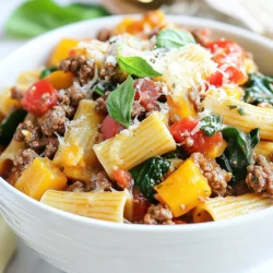 - 240 g Vollkorn-Pasta (vorzugsweise hochwertige Proteinvariante) - 450 g mageres Rinderhackfleisch (90 % mager) - 1 mittlere Zwiebel, gehackt - 2 Knoblauchzehen, fein gehackt - 1 Dose (425 g) gewürfelte Tomaten (mit Kräutern) - 240 ml natriumarme Rinderbrühe - 100 g Spinat, zerkleinert - 1 Teelöffel italienische Gewürzmischung - 1/2 Teelöffel rote Pfefferflocken (optional) - Salz und Pfeffer nach Geschmack - 50 g geriebener Parmesan (zum Servieren) - Frische Basilikumblätter (zur Garnitur) Die Verwendung von Vollkorn-Pasta macht das Gericht nahrhaft. Diese Pasta enthält mehr Ballaststoffe und unterstützt die Verdauung. Mageres Rinderhackfleisch liefert viel Protein. Es hilft, Muskeln aufzubauen und gibt dir Kraft. Die gehackte Zwiebel und der Knoblauch sorgen für einen tollen Geschmack. Sie bringen Aroma und gesunde Nährstoffe ins Gericht. Gewürfelte Tomaten bringen Frische und Farbe. Sie enthalten auch Antioxidantien, die gut für die Gesundheit sind. Spinat fügt Vitamine hinzu und macht das Gericht bunt. Jede Portion enthält viel Protein. Das Rinderhackfleisch und die Pasta sind die Hauptquellen. Vollkorn-Pasta hat etwa 15 g Protein pro 100 g. Mageres Rinderhackfleisch bringt etwa 25 g Protein pro 100 g. Zusammen ergibt das eine starke Basis. Die Zwiebel und der Knoblauch haben wenig Kalorien, aber viele Nährstoffe. Spinat ist reich an Eisen und Vitaminen. Parmesan fügt zusätzliches Protein und Geschmack hinzu, hat aber auch Fett. Diese Kombination ergibt ein ausgewogenes, nährstoffreiches Gericht. {{ingredient_image_2}} Zuerst bringe einen großen Topf mit Wasser zum Kochen. Füge reichlich Salz hinzu. Gib die Vollkorn-Pasta hinein und koche sie nach den Anweisungen auf der Verpackung. Du möchtest sie al dente, also nicht zu weich. Wenn die Pasta fertig ist, gieße sie ab und stelle sie beiseite. Erhitze eine große Pfanne bei mittlerer Hitze. Gib das mageres Rinderhackfleisch in die Pfanne. Brate das Fleisch für etwa 5 bis 7 Minuten. Zerkleinere es mit einem Kochlöffel, bis es schön gebräunt ist. Achte darauf, überschüssiges Fett abzugießen. Jetzt füge die gehackte Zwiebel und den Knoblauch in die Pfanne hinzu. Brate sie für etwa 3 bis 4 Minuten. Die Zwiebel sollte glasig werden und der Knoblauch gut riechen. Das gibt der Sauce viel Geschmack. Gieße die gewürfelten Tomaten mit ihrem Saft in die Pfanne. Füge auch die natriumarme Rinderbrühe hinzu. Rühre die italienische Gewürzmischung und die roten Pfefferflocken unter. Lass die Mischung zum Köcheln bringen und etwa 5 Minuten köcheln. Nun kommt der zerkleinerte Spinat in die Pfanne. Rühre ihn unter und warte 2 bis 3 Minuten. Der Spinat wird in der Sauce welken. Schmecke mit Salz und Pfeffer ab. Gib die gekochte Pasta in die Pfanne. Vermenge alles gut. So wird die Pasta gleichmäßig mit der Sauce und dem Rindfleisch überzogen. Verteile die Pasta auf Teller oder in Schalen. Bestreue jede Portion mit geriebenem Parmesan. Garniere die Pasta mit frischen Basilikumblättern. So sieht dein Gericht toll aus! Wähle mageres Rinderhackfleisch für dieses Rezept. Es sollte mindestens 90 % mager sein. So bleibt das Gericht gesund und proteinreich. Suche nach frischem Fleisch in deinem Supermarkt. Du kannst auch beim Metzger nachfragen. Frisches Hackfleisch hat einen helleren Farbton. Achte darauf, dass es gut durchgerührt ist. So bekommst du die beste Textur in deinem Gericht. Für die beste Pasta koche sie in viel Salzwasser. Das hilft, damit sie nicht kleben bleibt. Salze das Wasser gut, bevor du die Pasta hinzufügst. Koche die Vollkorn-Pasta nach den Anweisungen auf der Verpackung. Achte darauf, sie al dente zu garen. Das bedeutet, sie sollte innen noch leicht bissfest sein. Gieße die Pasta ab, aber spüle sie nicht. So bleibt die Stärke dran, und die Sauce haftet besser. Die italienische Gewürzmischung bringt viel Geschmack. Du kannst auch frische Kräuter wie Oregano oder Thymian hinzufügen. Rote Pfefferflocken geben eine scharfe Note. Willst du es noch würziger? Dann füge eine Prise Chili hinzu. Zum Schluss kannst du mit frischem Basilikum garnieren. Es gibt deinem Gericht eine frische Note. Experimentiere mit Gewürzen, um deinen eigenen Geschmack zu finden. Pro Tipps Qualität der Pasta: Wählen Sie eine hochwertige Vollkorn-Pasta oder eine Proteinvariante, um den Nährstoffgehalt zu erhöhen und eine bessere Textur zu erzielen. Fleisch braten: Stellen Sie sicher, dass das Rinderhackfleisch gut angebraten ist, um einen volleren Geschmack zu erhalten. Lassen Sie es bei mittlerer Hitze langsam bräunen. Frische Kräuter: Fügen Sie frische Kräuter wie Basilikum oder Oregano hinzu, um dem Gericht eine zusätzliche Geschmacksebene zu verleihen. Reste aufbewahren: Die Pasta kann bis zu 3 Tage im Kühlschrank aufbewahrt werden. Erwärmen Sie sie einfach in der Mikrowelle oder in einer Pfanne mit etwas zusätzlicher Brühe. {{image_4}} Du kannst die High-Protein Beef Pasta leicht anpassen. Ersetze das Rinderhackfleisch durch pflanzliches Hack. So wird die Pasta vegetarisch. Achte darauf, gutes pflanzliches Hack zu wählen. Es gibt viele Marken, die Protein und Geschmack bieten. Die Zubereitung bleibt gleich. Du brätst das pflanzliche Hack in der Pfanne an. Dann fügst du die Zwiebel und den Knoblauch hinzu. So bleibt der Geschmack voll und reichhaltig. Für eine glutenfreie Option nimm glutenfreie Pasta. Es gibt viele Sorten. Reisnudeln, Maisnudeln oder Linsenpasta sind gute Alternativen. Koche die Pasta nach den Anweisungen auf der Verpackung. Der Rest des Rezepts bleibt gleich. So kannst du die köstliche Sauce und das Rinderhack genießen, ohne Gluten. Möchtest du noch mehr Protein? Füge einfach einige proteinreiche Zutaten hinzu. Zum Beispiel kannst du Kichererbsen oder Linsen in die Sauce geben. Diese Zutaten sind lecker und machen das Gericht nahrhafter. Auch Quark oder griechischer Joghurt als Topping sind eine gute Wahl. Sie geben eine cremige Note und erhöhen den Proteingehalt. Experimentiere mit verschiedenen Zutaten, um deine perfekte Version zu finden! Um die Reste deiner High-Protein Beef Pasta frisch zu halten, lege sie in einen luftdichten Behälter. Lass die Pasta zuerst auf Raumtemperatur abkühlen. Dann verschließe den Behälter gut. So bleibt der Geschmack erhalten. Lagere die Reste im Kühlschrank. Sie sind bis zu drei Tage haltbar. Wenn du die Pasta länger aufbewahren möchtest, friere sie ein. Teile die Pasta in Portionen. Verwende gefrierfreundliche Behälter oder Beutel. Achte darauf, die Luft herauszudrücken, um Gefrierbrand zu vermeiden. So hält sich die Pasta bis zu drei Monate. Beschrifte die Beutel mit dem Datum. Dies hilft dir, die frischesten Portionen zuerst zu verwenden. Um die Pasta wieder aufzuwärmen, verwende die Mikrowelle oder den Herd. Bei der Mikrowelle stelle die Leistung auf mittlere Stufe. Erwärme die Pasta in kurzen Intervallen. Rühre zwischendurch um, damit sie gleichmäßig warm wird. Auf dem Herd kannst du etwas Wasser oder Brühe hinzufügen. So bleibt die Pasta saftig. Achte darauf, sie nicht zu lange zu erhitzen, um die Textur zu bewahren. Diese Pasta enthält viel Protein. Die Kombination aus Rinderhackfleisch und Vollkorn-Pasta sorgt dafür. In einer Portion findest du etwa 30 Gramm Protein. Dies hilft, Muskeln aufzubauen und zu reparieren. Die genaue Menge kann je nach Marke der Pasta und des Fleisches variieren. Ja, du kannst die Pasta im Voraus zubereiten. Koche die Pasta und die Sauce getrennt. Lass sie abkühlen und lagere sie in einem luftdichten Behälter. So bleibt die Pasta frisch. Du kannst die fertige Mahlzeit bis zu drei Tage im Kühlschrank aufbewahren. Ein frischer Salat passt gut zu dieser Pasta. Du kannst auch gedünstetes Gemüse wie Brokkoli oder grüne Bohnen servieren. Ein knuspriges Baguette könnte ebenfalls gut dazu passen. Diese Beilagen runden das Gericht ab und sorgen für mehr Nährstoffe. Ja, dieses Rezept ist ideal für Meal Prep. Du kannst mehrere Portionen auf einmal zubereiten. Teile die Pasta in Behälter auf und friere sie ein. So hast du gesunde Mahlzeiten für die Woche. Erwärme einfach die Portionen, wenn du Hunger hast. Die High-Protein Beef Pasta ist einfach zuzubereiten und steckt voller gesunder Zutaten. Wir haben die Hauptzutaten, ihre Nährwerte und spezielle Auswahl-Tipps besprochen. Die Schritt-für-Schritt-Anleitung führt von der perfekten Pasta bis zum Servieren. Variationen bieten Alternativen wie vegetarische Optionen und glutenfreie Pasta. Vergessen Sie nicht, die Reste richtig zu lagern. Dieses Rezept passt gut zu vielen Beilagen. Genießen Sie eine köstliche und nahrhafte Mahlzeit, die einfach Spaß macht und gut schmeckt!