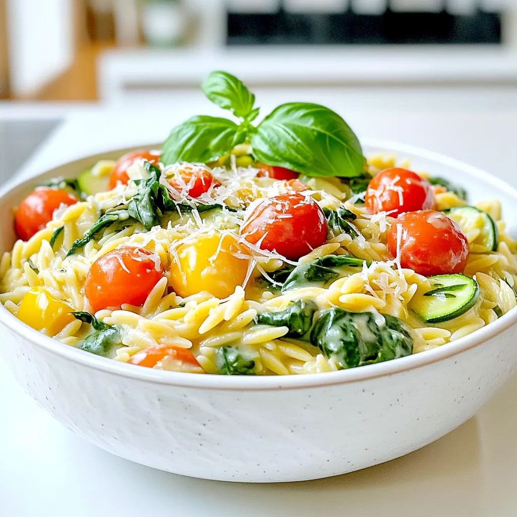 Für dieses einfache Gericht brauchst du diese Zutaten: - 1 Tasse Orzo-Nudeln - 3 Tassen Gemüsebrühe - 1 Tasse Sahne - 1 Tasse Kirschtomaten, halbiert - 1 Zucchini, gewürfelt - 1 Tasse Spinat, grob gehackt - 1 kleine Zwiebel, gewürfelt - 2 Knoblauchzehen, gehackt - 1 Teelöffel getrockneter Oregano - 1 Teelöffel getrockneter Basilikum - Salz und Pfeffer nach Geschmack - 1/2 Tasse geriebener Parmesan - Frische Basilikumblätter als Garnitur Ich finde, diese Zutaten machen das Gericht besonders frisch und lecker. Die Kombination von Zucchini und Spinat bringt Farbe und Nährstoffe. Kirschtomaten fügen eine süße Note hinzu, die einfach himmlisch ist. Die Gewürze verleihen dem Orzo seinen tollen Geschmack. Oregano und Basilikum sind klassische Kräuter, die gut harmonieren. Ich empfehle, frische Kräuter zu verwenden, wenn du kannst. Sie bringen mehr Aromen. Salz und Pfeffer sind wichtig, um alles zu würzen. Du kannst auch etwas Chili hinzufügen, wenn du es schärfer magst. Ein cremiger Orzo passt gut zu vielen Beilagen. Du kannst ihn mit einem frischen Salat servieren. Ein einfacher grüner Salat mit einem leichten Dressing ist perfekt. Auch knuspriges Brot ist eine gute Wahl. Es hilft, die leckere Sauce aufzusaugen. Wenn du etwas mehr Protein willst, füge gegrilltes Hähnchen oder Garnelen hinzu. So wird dein Gericht noch sättigender. Zuerst erhitze einen Schuss Olivenöl in einer großen Pfanne. Die Hitze sollte mittel sein. Füge die gewürfelte Zwiebel hinzu. Dünste die Zwiebel, bis sie glasig ist. Das dauert etwa 3-4 Minuten. Jetzt gib den gehackten Knoblauch dazu. Brate ihn für eine weitere Minute, bis er gut riecht. Anschließend kommen die halbierten Kirschtomaten und die gewürfelte Zucchini hinzu. Koche alles, bis die Tomaten weich werden. Das dauert etwa 5 Minuten. Jetzt ist es Zeit für die Orzo-Nudeln. Mische die Orzo-Nudeln in die Pfanne. Rühre gut um, damit sich alles vermischt. Gieße die Gemüsebrühe in die Pfanne. Bringe die Mischung zum Köcheln. Reduziere die Hitze und decke die Pfanne ab. Lass alles etwa 10 Minuten kochen. Vergiss nicht, gelegentlich umzurühren. Die Orzo-Nudeln sollten al dente sein. Wenn die Orzo-Nudeln fertig sind, rühre die Sahne ein. Jetzt kommen auch der Oregano, der Basilikum sowie Salz und Pfeffer dazu. Lass die Mischung für weitere 3 Minuten köcheln. So wird es schön cremig. Füge dann den grob gehackten Spinat und den geriebenen Parmesan hinzu. Rühre um, bis der Spinat welk ist. Probiere das Gericht und passe die Gewürze an. Lass das Gericht einige Minuten ruhen, bevor du es servierst. Ein häufiger Fehler ist, die Orzo-Nudeln nicht richtig zu kochen. Achte darauf, die Brühe zum Köcheln zu bringen, bevor du die Nudeln hinzufügst. Wenn du die Nudeln in kalte Brühe gibst, werden sie matschig. Rühre die Mischung regelmäßig um, um ein Ankleben zu vermeiden. Ein weiterer Fehler ist, die Orzo-Nudeln zu lange zu kochen. Sie sollten al dente sein, also bissfest. Das gibt dem Gericht die richtige Textur. Die cremige Konsistenz kommt von der Sahne und dem Parmesan. Achte darauf, die Sahne erst nach dem Kochen der Nudeln hinzuzufügen. So bleibt die Sauce glatt und dick. Lasse die Mischung ein paar Minuten köcheln, damit die Aromen sich verbinden. Rühre gut um, damit die Sahne gleichmäßig verteilt ist. Wenn du es extra cremig magst, kannst du auch mehr Sahne oder Parmesan hinzufügen. Du kannst dieses Rezept leicht anpassen. Füge dein Lieblingsgemüse hinzu, wie Paprika oder Brokkoli. Wenn du es schärfer magst, gib etwas rote Pfefferflocken dazu. Für mehr Geschmack kannst du frische Kräuter wie Petersilie oder Thymian verwenden. Experimentiere mit verschiedenen Käsesorten. Feta oder Mozzarella geben einen tollen Geschmack. Achte darauf, die Gewürze nach deinem persönlichen Geschmack anzupassen. Probier das Gericht aus und finde deine perfekte Mischung. {{image_4}} Für eine vegane Version von cremigem Orzo kannst du die Sahne durch Kokosmilch oder Soja-Sahne ersetzen. Diese Alternativen geben viel Geschmack und Cremigkeit. Achte darauf, auch den Parmesan wegzulassen oder mit einem pflanzlichen Käse zu ersetzen. Um glutenfrei zu kochen, nutze glutenfreie Orzo-Nudeln. Diese findest du in vielen Supermärkten oder online. So bleibt das Gericht lecker und für alle genießbar. Du kannst das Rezept leicht anpassen, um mehr Geschmack zu bekommen. Füge gewürfelte Paprika oder Pilze hinzu. Diese Zutaten bringen zusätzliche Texturen und Aromen. Auch geräucherter Paprika kann das Gericht aufpeppen. Wenn du es schärfer magst, gib etwas rote Pfefferflocken hinzu. Diese kleinen Änderungen machen das Gericht noch interessanter. Nutze frisches Gemüse der Saison, um die Aromen zu variieren. Im Frühling sind Spargel und Erbsen großartig. Im Sommer passen Zucchini und frische Tomaten perfekt. Im Herbst kannst du Kürbis oder Süßkartoffeln verwenden. Im Winter sind Wurzelgemüse wie Karotten oder Pastinaken ideal. Diese saisonalen Optionen machen das Gericht nicht nur schmackhafter, sondern auch gesünder. Um Reste des cremigen Orzo aufzubewahren, lass das Gericht zuerst abkühlen. Fülle dann die Reste in einen luftdichten Behälter. Du kannst den Orzo bis zu drei Tage im Kühlschrank lagern. Achte darauf, dass der Behälter gut verschlossen ist, damit keine Feuchtigkeit eindringt. Das hilft, die Frische zu bewahren. Wenn du den Orzo wieder aufwärmst, benutze eine Pfanne oder die Mikrowelle. Füge etwas Gemüsebrühe oder Sahne hinzu, um die Cremigkeit wiederherzustellen. Erhitze den Orzo bei mittlerer Hitze, bis er warm ist. Rühre häufig um, damit nichts anbrennt. In der Mikrowelle kannst du ihn in kurzen Intervallen erwärmen und zwischendurch umrühren. Cremiger Orzo hält sich gut, wenn du ihn richtig lagerst. Er bleibt bis zu drei Tage frisch im Kühlschrank. Du kannst ihn jedoch nicht einfrieren, da die Sahne die Textur verändert. Wenn du viel zubereitest, teile die Portionen auf. So kannst du bei Bedarf schnell auf eine leckere Mahlzeit zugreifen. Es dauert etwa 10 Minuten, um Orzo zu kochen. Zuerst bringst du die Gemüsebrühe zum Kochen. Dann fügst du die Orzo-Nudeln hinzu. Rühre alles gut um. Decke die Pfanne und lasse die Nudeln köcheln. Überprüfe nach 10 Minuten die Konsistenz. Sie sollten al dente sein. Ja, gefrorenes Gemüse funktioniert gut in diesem Rezept. Es ist eine schnelle und praktische Option. Du kannst gefrorene Erbsen oder Paprika hinzufügen. Achte darauf, das Gemüse gleichmäßig zu verteilen. So bleibt die Garzeit gleich. Einfach in die Pfanne geben, wenn du die frischen Zutaten hinzufügst. Es gibt viele Alternativen zur Sahne. Du kannst Kokosmilch verwenden für einen anderen Geschmack. Eine weitere Option ist griechischer Joghurt. Er gibt eine cremige Textur. Für eine leichtere Variante kannst du auch Milch nutzen. Diese Optionen passen gut zu den Aromen des Orzo. In diesem Artikel hast du alles über die Zubereitung von cremigem Orzo erfahren. Du weißt nun, welche Zutaten du brauchst, wie du sie vorbereitest und kochst. Ich habe dir Tipps gegeben, um Fehler zu vermeiden und das Rezept nach deinem Geschmack anzupassen. Denk daran, dass Variationen und die richtige Lagerung wichtig sind. Experimentiere mit den Zutaten und finde deinen Favoriten. So wird dein Orzo immer perfekt und lecker!