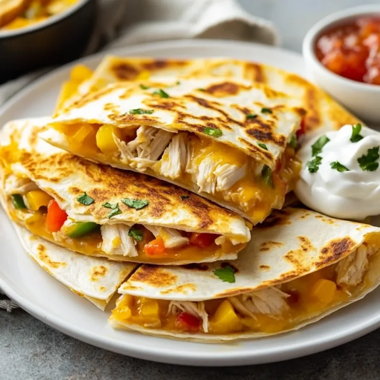 Für leckere Käse-Hähnchen-Quesadillas brauchst du: - 2 Tassen gekochtes, zerkleinertes Hähnchen - 1 Tasse geriebener Mozzarella-Käse - 1 Tasse geriebener Cheddar-Käse - 1/2 Tasse Frischkäse, weich - 1 Esslöffel Taco-Gewürz - 1/2 Tasse Paprika, gewürfelt (in verschiedenen Farben) - 1/2 Tasse Zwiebel, gewürfelt - 4 große Weizentortillas - 2 Esslöffel Olivenöl - Salsa und Sauerrahm zum Servieren Wähle frisches Hähnchen. Gekochtes Hähnchen aus der Brust ist ideal. Es bleibt saftig und zart. Die Käseauswahl ist wichtig. Mozzarella schmilzt gut und gibt eine schöne Textur. Cheddar bringt einen würzigen Geschmack. Achte auf die Frische der Paprika und Zwiebel. Bunte Paprika machen das Gericht lebendig und lecker. Du kannst das Hähnchen durch Bohnen ersetzen. Das macht die Quesadillas vegetarisch. Füge auch Spinat oder Zucchini hinzu für mehr Gemüse. Unterschiedliche Käsesorten wie Gouda oder Feta bringen neuen Geschmack. Für einen extra Kick probiere jalapeños oder Salsa in die Füllung zu mischen. {{ingredient_image_2}} Zuerst müssen wir die Füllung machen. Nehmen Sie eine große Schüssel. Geben Sie das zerkleinerte Hähnchen hinein. Fügen Sie den Mozzarella-Käse und den Cheddar-Käse dazu. Jetzt kommt der Frischkäse. Er macht die Füllung schön cremig. Dann fügen Sie das Taco-Gewürz hinzu. Es gibt der Mischung den besonderen Geschmack. Würfeln Sie die Paprika und die Zwiebel. Geben Sie auch diese in die Schüssel. Rühren Sie alles gut um. Es sollte gleichmäßig vermischt sein. Jetzt ist es Zeit, die Quesadillas zu braten. Erhitzen Sie 1 Esslöffel Olivenöl in einer großen Pfanne. Stellen Sie die Hitze auf mittel. Legen Sie eine Tortilla in die Pfanne. Nehmen Sie die Hähnchen-Käse-Mischung und verteilen Sie die Hälfte darauf. Klappen Sie die Tortilla zu. Braten Sie die Quesadilla etwa 3-4 Minuten. Wenden Sie sie, wenn die Unterseite goldbraun ist. Die andere Seite sollte auch knusprig werden. Der Käse sollte geschmolzen sein. Nehmen Sie die Quesadilla aus der Pfanne. Schneiden Sie sie in Keile. Wiederholen Sie den Vorgang mit den restlichen Tortillas. Servieren Sie die Quesadillas warm. Legen Sie sie auf einen großen Teller. Sie können etwas Salsa und Sauerrahm dazugeben. Diese Saucen passen perfekt dazu. Für eine schöne Präsentation garnieren Sie die Quesadillas mit frischen Kräutern. Koriander oder Petersilie sind tolle Optionen. So sieht das Gericht noch besser aus. Für eine leckere Käsefüllung mischen Sie verschiedene Käsesorten. Ich empfehle Mozzarella und Cheddar. Sie schmelzen gut und geben tollen Geschmack. Frischkäse macht die Füllung extra cremig. Fügen Sie Taco-Gewürz hinzu, um mehr Tiefe zu bekommen. Denken Sie daran, die Füllung gut zu vermengen. So verteilt sich der Geschmack gleichmäßig. Ein häufiger Fehler ist, zu viel Füllung zu verwenden. Das macht das Wenden schwierig. Halten Sie die Menge im Auge. Ein weiterer Fehler ist, die Tortillas nicht knusprig genug zu braten. Achten Sie darauf, die Hitze richtig einzustellen. Wenn die Tortilla zu schnell bräunt, ist die Füllung möglicherweise nicht fertig. Drehen Sie die Quesadilla erst um, wenn der Käse geschmolzen ist. Um knusprige Tortillas zu garantieren, verwenden Sie ausreichend Olivenöl. Ein Esslöffel pro Tortilla reicht aus. Erhitzen Sie die Pfanne gut, bevor Sie die Tortilla hineinlegen. Lassen Sie die Quesadilla 3-4 Minuten braten, bis sie goldbraun ist. Wenden Sie sie vorsichtig, um die Füllung nicht herauszudrücken. So bekommen Sie eine perfekte, knusprige Quesadilla. Pro Tipps Käse Auswahl: Für eine besonders cremige Quesadilla verwenden Sie eine Mischung aus verschiedenen Käsesorten wie Gouda oder Pepper Jack. Schärfe anpassen: Fügen Sie frische Jalapeños oder einen Hauch von Cayennepfeffer hinzu, um den Quesadillas eine zusätzliche Schärfe zu verleihen. Gesunde Variante: Verwenden Sie Vollkorn-Tortillas und fügen Sie zusätzliches Gemüse wie Spinat oder Zucchini hinzu, um die Quesadillas gesünder zu gestalten. Vorbereitung: Bereiten Sie die Füllung im Voraus vor und bewahren Sie sie im Kühlschrank auf, um die Zubereitung zu beschleunigen. {{image_4}} Für eine vegetarische Quesadilla kannst du zerkleinertes Gemüse verwenden. Probier Spinat, Zucchini oder Pilze. Diese Füllungen geben dir bunte Farben und viel Geschmack. Du kannst auch schwarze Bohnen für eine Proteinkick hinzufügen. Sie sind nahrhaft und sehr lecker. Die Wahl der Käsesorten macht einen großen Unterschied. Du kannst Gouda, Monterey Jack oder sogar Feta verwenden. Jeder Käse hat seinen eigenen Geschmack und Schmelz. Misch die Käsesorten für einen einzigartigen Geschmack. Eine Kombination aus Cheddar und Mozzarella sorgt für eine tolle Textur. Füge Gewürze hinzu, um mehr Tiefe zu bekommen. Paprika, Kreuzkümmel oder Oregano passen gut. Auch frische Kräuter wie Koriander bringen Frische. Serviere die Quesadillas mit Salsa oder Guacamole. So wird jedes Stück noch schmackhafter. Um die Quesadillas gut zu lagern, lassen Sie sie zuerst abkühlen. Wickeln Sie sie dann in Frischhaltefolie oder Aluminiumfolie. Diese Methode hält sie frisch und saftig. Lagern Sie die Quesadillas in einem luftdichten Behälter im Kühlschrank. So bleiben sie bis zu drei Tage genießbar. Um die Quesadillas frisch zu halten, achten Sie auf die richtige Temperatur. Lagern Sie sie bei 4 Grad Celsius oder kälter. Vermeiden Sie es, sie mit feuchten Zutaten zu lagern. Feuchtigkeit kann die Tortillas weich machen und den Geschmack beeinträchtigen. Wenn Sie frische Kräuter oder Salsa verwenden, lagern Sie diese separat. Das Aufwärmen der Quesadillas kann einfach sein. Der beste Weg ist, sie in einer Pfanne zu erwärmen. Erhitzen Sie die Pfanne auf mittlerer Hitze. Legen Sie die Quesadilla hinein und wärmen Sie sie 2-3 Minuten auf jeder Seite. So bleibt die Tortilla knusprig. Eine andere Methode ist die Mikrowelle. Legen Sie die Quesadilla auf einen Teller und decken Sie sie mit einem feuchten Papiertuch ab. Erhitzen Sie sie 30 Sekunden lang. Prüfen Sie dann, ob sie warm genug ist. Die Gesamtzeit für Käse-Hähnchen-Quesadillas beträgt etwa 30 Minuten. Sie benötigen 15 Minuten für die Vorbereitung und 15 Minuten für das Kochen. In dieser Zeit können Sie die Füllung zubereiten und die Tortillas braten. So haben Sie schnell ein leckeres Gericht. Ja, Sie können die Quesadillas im Voraus zubereiten. Bereiten Sie die Füllung einfach vor und lagern Sie sie im Kühlschrank. Wenn Sie bereit sind zu essen, fügen Sie die Füllung in die Tortillas und braten Sie sie. So sparen Sie Zeit, wenn Gäste kommen oder wenn Sie wenig Zeit haben. Zu Käse-Hähnchen-Quesadillas passen viele leckere Beilagen. Salsa ist immer eine gute Wahl. Sauerrahm gibt eine schöne Frische. Auch Guacamole oder ein einfacher grüner Salat sind tolle Optionen. Diese Beilagen bringen mehr Geschmack und machen das Essen noch besser. Die Auswahl der richtigen Zutaten ist entscheidend für perfekte Quesadillas. Ich habe die besten Tipps für die Zubereitung und Variationen geteilt. Denke an die verschiedenen Käsesorten und Gewürze, um deinen Geschmack zu treffen. Vermeide häufige Fehler, um knusprige Tortillas zu garantieren. Frische Lagerung verlängert die Haltbarkeit. Mit diesen Tipps steht einem leckeren Gericht nichts mehr im Weg. Experimentiere und finde deine Lieblingsvariationen für köstliche Quesadillas!