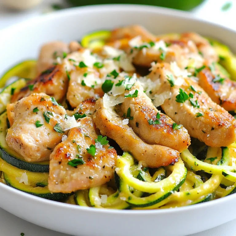 Für dieses einfache Gericht brauchst du folgende Hauptzutaten: - 2 mittelgroße Zucchini, spiralisiert zu Nudeln - 2 Hähnchenbrustfilets, ohne Haut und Knochen, dünn geschnitten - 4 Knoblauchzehen, fein gehackt - 1 Esslöffel Olivenöl - 1 Esslöffel Butter Diese Zutaten bringen mehr Geschmack in dein Gericht: - 1 Teelöffel italienische Kräuter - Salz und Pfeffer nach Geschmack - 1/4 Teelöffel rote Pfefferflocken (für Schärfe, optional) Das Auge isst mit! Hier sind einige Garnierungsoptionen: - Frische Petersilie, gehackt - Geriebener Parmesan zum Servieren Mit diesen Zutaten kannst du schnell ein schmackhaftes und gesundes Gericht zubereiten. Es ist einfach, frisch und lecker! {{ingredient_image_2}} Um die Zucchini-Nudeln zu machen, brauchst du zwei mittelgroße Zucchini. Benutze einen Spiralschneider, um die Zucchini in lange, dünne Nudeln zu schneiden. Achte darauf, die Zucchini gleichmäßig zu spiralieren. Wenn du fertig bist, lege die Nudeln beiseite. Sie warten darauf, in unser Gericht zu kommen. Jetzt ist es Zeit, das Hühnchen vorzubereiten. Nimm zwei Hähnchenbrustfilets und schneide sie dünn. Erhitze eine große Pfanne bei mittlerer Hitze und füge einen Esslöffel Olivenöl und einen Esslöffel Butter hinzu. Wenn das Öl heiß ist und die Butter geschmolzen ist, lege die Hähnchenstücke in die Pfanne. Würze sie mit Salz, Pfeffer und einem Teelöffel italienischen Kräutern. Brate das Hühnchen 5 bis 6 Minuten, bis es goldbraun ist. Rühre gelegentlich um, damit es gleichmäßig brät. Wenn das Hühnchen fast fertig ist, füge vier fein gehackte Knoblauchzehen hinzu. Koche sie 1 bis 2 Minuten, bis sie gut riechen. Wenn du einen Kick magst, streue etwas rote Pfefferflocken hinein. Reduziere die Hitze und gib die Zucchini-Nudeln in die Pfanne. Mische alles gut, sodass die Nudeln mit dem Hühnchen und Knoblauch bedeckt sind. Koche die Nudeln 2 bis 3 Minuten. Sie sollen zart, aber nicht matschig sein. Probiere das Gericht und passe die Gewürze an. Serviere es in flachen Schalen. Garniere mit frischer Petersilie und geriebenem Parmesan. Guten Appetit! Um perfekte Zucchini-Nudeln zu machen, wähle frische Zucchini. Sie sollten fest und glatt sein. Spiralisiere die Zucchini mit einem Spiralschneider. Lass die Nudeln nach dem Schneiden kurz auf Küchenpapier liegen. Das hilft, überschüssige Feuchtigkeit zu entfernen. So bleiben sie knackig und matschen nicht. Für saftige Hähnchenbrustfilets schneide die Filets dünn. So garen sie schneller und gleichmäßiger. Würze sie mit Salz, Pfeffer und italienischen Kräutern. Erhitze das Olivenöl und die Butter gut, bevor du das Hähnchen hinzufügst. Brate es, bis es goldbraun ist. Rühre es regelmäßig um, damit es gleichmäßig bräunt. Neben italienischen Kräutern kannst du auch frische Kräuter verwenden. Basilikum und Thymian passen gut zu diesem Gericht. Für mehr Schärfe füge rote Pfefferflocken hinzu. Eine Prise Zitrone bringt Frische ins Gericht. Experimentiere mit verschiedenen Gewürzen, um deinen eigenen Geschmack zu finden. Pro Tipps Zucchini richtig schneiden: Achte darauf, die Zucchini gleichmäßig zu spiralieren, damit sie gleichmäßig garen und die beste Textur behalten. Hühnchen marinieren: Für noch mehr Geschmack kannst du die Hähnchenbrustfilets vor dem Braten in einer Mischung aus Olivenöl, Knoblauch und Kräutern marinieren. Knoblauch nicht verbrennen: Achte darauf, den Knoblauch nur kurz anzubraten, damit er nicht bitter wird. Er sollte goldbraun und aromatisch sein. Servieren mit frischen Kräutern: Frische Petersilie bringt nicht nur Farbe, sondern auch frischen Geschmack. Füge sie direkt vor dem Servieren hinzu, um die Aromen zu intensivieren. {{image_4}} Wenn du Abwechslung magst, probiere andere Proteine. Garnelen sind eine tolle Wahl. Sie sind schnell und einfach zuzubereiten. Brate sie etwa 2-3 Minuten, bis sie rosa sind. Tofu ist eine gute vegane Option. Würze ihn mit Sojasauce und brate ihn goldbraun. Beide Optionen passen gut zu Knoblauch und Zucchini. Du kannst auch mehr Gemüse in dein Gericht bringen. Paprika bringt Farbe und Süße. Schneide sie in kleine Stücke und brate sie mit dem Hühnchen. Spinat ist eine weitere gute Wahl. Füge ihn zum Kochprozess hinzu, wenn das Hühnchen fast fertig ist. So bleibt er knackig und nährstoffreich. Mit mehr Gemüse wird deine Mahlzeit noch gesünder. Für eine vegane Version nutze Tofu oder Kichererbsen. Ersetze das Hühnchen durch diese Zutaten. Verwende das gleiche Rezept, aber ohne Butter und Parmesan. Nutze stattdessen Olivenöl und Hefeflocken für einen käsigen Geschmack. Zucchini-Nudeln bleiben die Hauptzutat. Sie sind leicht und lecker, selbst ohne Fleisch. Um Reste von Knoblauch-Hühnchen Zucchini-Nudeln richtig zu lagern, verwende einen luftdichten Behälter. Stelle sicher, dass das Gericht vollständig abgekühlt ist, bevor du es verpackst. Dies hilft, die Frische zu bewahren und verhindert, dass sich Feuchtigkeit bildet. Lagere die Reste im Kühlschrank für die beste Qualität. Wenn du die Zucchini-Nudeln wiedererwärmen möchtest, nutze eine Pfanne oder die Mikrowelle. In einer Pfanne erhitzt du die Nudeln bei schwacher Hitze. Füge einen Spritzer Olivenöl hinzu, um das Gericht wieder lebendig zu machen. In der Mikrowelle erwärmst du es in kurzen Intervallen, damit es nicht matschig wird. Das Gericht bleibt im Kühlschrank etwa 2 bis 3 Tage frisch. Achte darauf, es gut abzudecken. Nach dieser Zeit kann der Geschmack und die Textur leiden. Wenn du das Gericht länger aufbewahren möchtest, friere es ein. So bleibt es bis zu 3 Monate haltbar. Um die Zucchini-Nudeln zu machen, benötigst du eine Spiralisierer. Nimm zwei mittelgroße Zucchini und schneide die Enden ab. Führe die Zucchini durch das Gerät, um lange, dünne Nudeln zu formen. Du kannst auch einen Gemüseschäler verwenden, um flache Bänder zu machen. Lege die Zucchini-Nudeln auf einen Teller und stelle sie beiseite, bis du bereit bist, sie zu kochen. Ja, du kannst das Rezept teilweise im Voraus machen. Bereite die Zucchini-Nudeln und das Hähnchen vor. Koche das Hähnchen und lass es abkühlen. Bewahre die Zucchini-Nudeln und das Hähnchen getrennt im Kühlschrank auf. Du kannst sie am nächsten Tag schnell zusammen in einer Pfanne erhitzen. Achte darauf, die Zucchini-Nudeln nicht zu lange zu kochen, damit sie knackig bleiben. Zu Knoblauch-Hühnchen Zucchini-Nudeln passen viele Beilagen gut. Ein einfacher grüner Salat mit frischen Kräutern ist eine tolle Wahl. Auch geröstetes Gemüse wie Paprika oder Brokkoli ergänzen das Gericht perfekt. Wenn du etwas mehr willst, serviere ein Stück knuspriges Brot oder ein paar Knoblauchbrötchen dazu. In diesem Artikel habe ich die besten Zutaten für Knoblauch-Hühnchen sowie die Zubereitung von Zucchini-Nudeln beschrieben. Sie lernen, wie man das Hähnchen perfekt zubereitet und kreative Variationen ausprobiert. Tipps helfen, die Zucchini-Nudeln knackig zu halten. Denken Sie daran, auch Reste richtig zu lagern. So bleiben sie frisch. Folgen Sie meinen Anleitungen und genießen Sie Ihr selbstgekochtes Gericht. Es wird köstlich sein!
