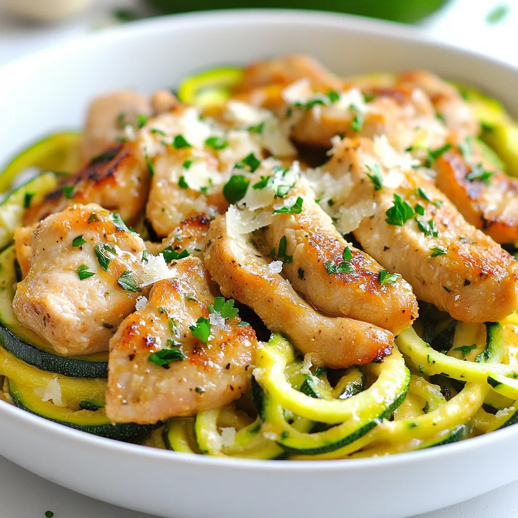 Für dieses einfache Gericht brauchst du folgende Hauptzutaten: - 2 mittelgroße Zucchini, spiralisiert zu Nudeln - 2 Hähnchenbrustfilets, ohne Haut und Knochen, dünn geschnitten - 4 Knoblauchzehen, fein gehackt - 1 Esslöffel Olivenöl - 1 Esslöffel Butter Diese Zutaten bringen mehr Geschmack in dein Gericht: - 1 Teelöffel italienische Kräuter - Salz und Pfeffer nach Geschmack - 1/4 Teelöffel rote Pfefferflocken (für Schärfe, optional) Das Auge isst mit! Hier sind einige Garnierungsoptionen: - Frische Petersilie, gehackt - Geriebener Parmesan zum Servieren Mit diesen Zutaten kannst du schnell ein schmackhaftes und gesundes Gericht zubereiten. Es ist einfach, frisch und lecker! {{ingredient_image_2}} Um die Zucchini-Nudeln zu machen, brauchst du zwei mittelgroße Zucchini. Benutze einen Spiralschneider, um die Zucchini in lange, dünne Nudeln zu schneiden. Achte darauf, die Zucchini gleichmäßig zu spiralieren. Wenn du fertig bist, lege die Nudeln beiseite. Sie warten darauf, in unser Gericht zu kommen. Jetzt ist es Zeit, das Hühnchen vorzubereiten. Nimm zwei Hähnchenbrustfilets und schneide sie dünn. Erhitze eine große Pfanne bei mittlerer Hitze und füge einen Esslöffel Olivenöl und einen Esslöffel Butter hinzu. Wenn das Öl heiß ist und die Butter geschmolzen ist, lege die Hähnchenstücke in die Pfanne. Würze sie mit Salz, Pfeffer und einem Teelöffel italienischen Kräutern. Brate das Hühnchen 5 bis 6 Minuten, bis es goldbraun ist. Rühre gelegentlich um, damit es gleichmäßig brät. Wenn das Hühnchen fast fertig ist, füge vier fein gehackte Knoblauchzehen hinzu. Koche sie 1 bis 2 Minuten, bis sie gut riechen. Wenn du einen Kick magst, streue etwas rote Pfefferflocken hinein. Reduziere die Hitze und gib die Zucchini-Nudeln in die Pfanne. Mische alles gut, sodass die Nudeln mit dem Hühnchen und Knoblauch bedeckt sind. Koche die Nudeln 2 bis 3 Minuten. Sie sollen zart, aber nicht matschig sein. Probiere das Gericht und passe die Gewürze an. Serviere es in flachen Schalen. Garniere mit frischer Petersilie und geriebenem Parmesan. Guten Appetit! Um perfekte Zucchini-Nudeln zu machen, wähle frische Zucchini. Sie sollten fest und glatt sein. Spiralisiere die Zucchini mit einem Spiralschneider. Lass die Nudeln nach dem Schneiden kurz auf Küchenpapier liegen. Das hilft, überschüssige Feuchtigkeit zu entfernen. So bleiben sie knackig und matschen nicht. Für saftige Hähnchenbrustfilets schneide die Filets dünn. So garen sie schneller und gleichmäßiger. Würze sie mit Salz, Pfeffer und italienischen Kräutern. Erhitze das Olivenöl und die Butter gut, bevor du das Hähnchen hinzufügst. Brate es, bis es goldbraun ist. Rühre es regelmäßig um, damit es gleichmäßig bräunt. Neben italienischen Kräutern kannst du auch frische Kräuter verwenden. Basilikum und Thymian passen gut zu diesem Gericht. Für mehr Schärfe füge rote Pfefferflocken hinzu. Eine Prise Zitrone bringt Frische ins Gericht. Experimentiere mit verschiedenen Gewürzen, um deinen eigenen Geschmack zu finden. Pro Tipps Zucchini richtig schneiden: Achte darauf, die Zucchini gleichmäßig zu spiralieren, damit sie gleichmäßig garen und die beste Textur behalten. Hühnchen marinieren: Für noch mehr Geschmack kannst du die Hähnchenbrustfilets vor dem Braten in einer Mischung aus Olivenöl, Knoblauch und Kräutern marinieren. Knoblauch nicht verbrennen: Achte darauf, den Knoblauch nur kurz anzubraten, damit er nicht bitter wird. Er sollte goldbraun und aromatisch sein. Servieren mit frischen Kräutern: Frische Petersilie bringt nicht nur Farbe, sondern auch frischen Geschmack. Füge sie direkt vor dem Servieren hinzu, um die Aromen zu intensivieren. {{image_4}} Wenn du Abwechslung magst, probiere andere Proteine. Garnelen sind eine tolle Wahl. Sie sind schnell und einfach zuzubereiten. Brate sie etwa 2-3 Minuten, bis sie rosa sind. Tofu ist eine gute vegane Option. Würze ihn mit Sojasauce und brate ihn goldbraun. Beide Optionen passen gut zu Knoblauch und Zucchini. Du kannst auch mehr Gemüse in dein Gericht bringen. Paprika bringt Farbe und Süße. Schneide sie in kleine Stücke und brate sie mit dem Hühnchen. Spinat ist eine weitere gute Wahl. Füge ihn zum Kochprozess hinzu, wenn das Hühnchen fast fertig ist. So bleibt er knackig und nährstoffreich. Mit mehr Gemüse wird deine Mahlzeit noch gesünder. Für eine vegane Version nutze Tofu oder Kichererbsen. Ersetze das Hühnchen durch diese Zutaten. Verwende das gleiche Rezept, aber ohne Butter und Parmesan. Nutze stattdessen Olivenöl und Hefeflocken für einen käsigen Geschmack. Zucchini-Nudeln bleiben die Hauptzutat. Sie sind leicht und lecker, selbst ohne Fleisch. Um Reste von Knoblauch-Hühnchen Zucchini-Nudeln richtig zu lagern, verwende einen luftdichten Behälter. Stelle sicher, dass das Gericht vollständig abgekühlt ist, bevor du es verpackst. Dies hilft, die Frische zu bewahren und verhindert, dass sich Feuchtigkeit bildet. Lagere die Reste im Kühlschrank für die beste Qualität. Wenn du die Zucchini-Nudeln wiedererwärmen möchtest, nutze eine Pfanne oder die Mikrowelle. In einer Pfanne erhitzt du die Nudeln bei schwacher Hitze. Füge einen Spritzer Olivenöl hinzu, um das Gericht wieder lebendig zu machen. In der Mikrowelle erwärmst du es in kurzen Intervallen, damit es nicht matschig wird. Das Gericht bleibt im Kühlschrank etwa 2 bis 3 Tage frisch. Achte darauf, es gut abzudecken. Nach dieser Zeit kann der Geschmack und die Textur leiden. Wenn du das Gericht länger aufbewahren möchtest, friere es ein. So bleibt es bis zu 3 Monate haltbar. Um die Zucchini-Nudeln zu machen, benötigst du eine Spiralisierer. Nimm zwei mittelgroße Zucchini und schneide die Enden ab. Führe die Zucchini durch das Gerät, um lange, dünne Nudeln zu formen. Du kannst auch einen Gemüseschäler verwenden, um flache Bänder zu machen. Lege die Zucchini-Nudeln auf einen Teller und stelle sie beiseite, bis du bereit bist, sie zu kochen. Ja, du kannst das Rezept teilweise im Voraus machen. Bereite die Zucchini-Nudeln und das Hähnchen vor. Koche das Hähnchen und lass es abkühlen. Bewahre die Zucchini-Nudeln und das Hähnchen getrennt im Kühlschrank auf. Du kannst sie am nächsten Tag schnell zusammen in einer Pfanne erhitzen. Achte darauf, die Zucchini-Nudeln nicht zu lange zu kochen, damit sie knackig bleiben. Zu Knoblauch-Hühnchen Zucchini-Nudeln passen viele Beilagen gut. Ein einfacher grüner Salat mit frischen Kräutern ist eine tolle Wahl. Auch geröstetes Gemüse wie Paprika oder Brokkoli ergänzen das Gericht perfekt. Wenn du etwas mehr willst, serviere ein Stück knuspriges Brot oder ein paar Knoblauchbrötchen dazu. In diesem Artikel habe ich die besten Zutaten für Knoblauch-Hühnchen sowie die Zubereitung von Zucchini-Nudeln beschrieben. Sie lernen, wie man das Hähnchen perfekt zubereitet und kreative Variationen ausprobiert. Tipps helfen, die Zucchini-Nudeln knackig zu halten. Denken Sie daran, auch Reste richtig zu lagern. So bleiben sie frisch. Folgen Sie meinen Anleitungen und genießen Sie Ihr selbstgekochtes Gericht. Es wird köstlich sein!