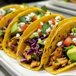 Für diese Hühnchen Street Tacos benötigst du: - 2 Tassen gekochtes Hühnchen, zerrupft - 8 kleine Maistortillas - 1 Tasse rot krausekohl, dünn geschnitten - 1/2 Tasse frischer Koriander, gehackt - 1/2 Tasse gewürfelte Tomaten - 1 Avocado, gewürfelt Diese Zutaten bilden die Basis für deinen Taco. Das zerrupfte Hühnchen sorgt für den Hauptgeschmack. Die Maistortillas sind weich und perfekt zum Füllen. Der Krautsalat gibt Crunch, während Koriander und Tomaten Frische bringen. Um deinen Hühnchen Street Taco besonders zu machen, brauchst du noch: - 1 Esslöffel Olivenöl - 1 Teelöffel Chili-Pulver - 1 Teelöffel Kreuzkümmel - 1/2 Teelöffel geräuchertes Paprika-Pulver - 1/2 Teelöffel Knoblauchpulver - Salz und Pfeffer nach Geschmack - 2 Esslöffel Limettensaft - 1/4 Tasse zerbröckelter Feta-Käse (optional) Diese Gewürze verleihen dem Hühnchen einen tollen Geschmack. Das Olivenöl hilft, alles gut zu vermischen. Limettensaft bringt eine spritzige Note, die die Aromen hebt. Frische Zutaten machen einen großen Unterschied. Hier sind einige Tipps: - Kaufe frisches Hühnchen, das gut aussieht. - Wähle reife Avocados, die leicht drücken. - Achte darauf, dass der Koriander frisch riecht. - Wähle kleine Maistortillas, die weich und geschmeidig sind. Wenn du frische Zutaten verwendest, schmecken die Tacos besser. So wird jede Biss zu einem Genuss! {{ingredient_image_2}} Um das Hühnchen perfekt zu würzen, erhitze 1 Esslöffel Olivenöl in einer Pfanne bei mittlerer Hitze. Dann füge 2 Tassen zerrupftes Hühnchen hinzu. Gib 1 Teelöffel Chili-Pulver, 1 Teelöffel Kreuzkümmel, 1/2 Teelöffel geräuchertes Paprika-Pulver, 1/2 Teelöffel Knoblauchpulver sowie Salz und Pfeffer nach Geschmack hinzu. Rühre alles gut um, damit die Gewürze gleichmäßig verteilt sind. Koche das Hühnchen für etwa 5 bis 7 Minuten. Es sollte gut durchgeheizt und aromatisch sein. Während das Hühnchen kocht, erwärme 8 kleine Maistortillas in einer separaten, trockenen Pfanne. Mach das bei mittlerer Hitze für ca. 30 Sekunden auf jeder Seite. Die Tortillas müssen geschmeidig und warm sein. Dies macht sie perfekt zum Falten und Füllen. Jetzt ist es Zeit, die Tacos zusammenzustellen. Nimm eine warme Tortilla und gebe einen großzügigen Löffel der gewürzten Hühnchen-Mischung darauf. Füge dann 1 Tasse dünn geschnittenen rot krausekohl, 1/2 Tasse gehackten Koriander, 1/2 Tasse gewürfelte Tomaten und 1 Avocado, gewürfelt, hinzu. Zum Schluss träufle 2 Esslöffel frischen Limettensaft über die Tacos. Wenn du magst, bestreue sie mit 1/4 Tasse zerbröckeltem Feta-Käse. Serviere die Tacos sofort, garniert mit zusätzlichem Koriander und Limettenstücken. Um den besten Geschmack aus deinen Hühnchen Street Tacos herauszuholen, kombiniere frische Zutaten. Verwende knackigen roten Krautsalat und frischen Koriander. Diese geben Textur und Frische. Avocado bringt Cremigkeit. Limettensaft sorgt für ein spritziges Aroma. Das bringt alles zusammen! Ein häufiger Fehler ist, das Hühnchen zu lange zu kochen. Dadurch wird es trocken. Achte darauf, es nur zu erhitzen, bis es warm ist. Überfüllte Tacos sind schwer zu essen. Halte die Portionen klein. Erwärme die Tortillas nicht zu lange, sie sollten flexibel bleiben. Und vergiss nicht, die Gewürze gut zu vermischen! Um Hühnchen Street Tacos zuzubereiten, brauchst du einige wichtige Werkzeuge: - Eine große Pfanne für das Hühnchen - Einen Holzlöffel zum Rühren - Eine separate Pfanne für die Tortillas - Ein scharfes Messer zum Schneiden der Zutaten - Ein Schneidebrett für die Vorbereitung Diese Utensilien machen es einfach, die Tacos schnell und lecker zuzubereiten. Pro Tipps Hühnchen marinieren: Lass das zerrupfte Hühnchen für zusätzlichen Geschmack mindestens 30 Minuten in einer Marinade aus Limettensaft, Olivenöl und Gewürzen ziehen. Frische Zutaten verwenden: Verwende frische Kräuter und Gemüse für die Tacos, um den besten Geschmack und die beste Textur zu erzielen. Maistortillas vorbereiten: Erhitze die Maistortillas in einer trockenen Pfanne, um sie weich und geschmeidig zu machen, bevor du sie befüllst. Variationen ausprobieren: Experimentiere mit verschiedenen Toppings wie Salsa, Guacamole oder Jalapeños, um deine Tacos nach deinem Geschmack anzupassen. {{image_4}} Wenn du eine vegane oder vegetarische Variante von Hühnchen Street Tacos suchst, gibt es viele tolle Alternativen. Statt Hühnchen kannst du zum Beispiel gewürztes Tofu oder Jackfruit verwenden. Jackfruit hat eine fleischige Textur und nimmt die Gewürze gut auf. Tofu lässt sich leicht anbraten und würzen. Achte darauf, die gleichen Gewürze wie im Rezept zu verwenden. Das gibt deinem Gericht den gleichen tollen Geschmack. Du kannst die Gewürze in diesem Rezept nach deinem Geschmack anpassen. Wenn du es würziger magst, füge Cayennepfeffer oder Jalapeños hinzu. Für eine mildere Version kannst du Paprika statt Chili-Pulver verwenden. Kräuter wie Oregano oder Thymian geben ebenfalls einen anderen Geschmack. Experimentiere gerne mit deinen Lieblingsgewürzen. Es gibt viele Wege, um den Geschmack zu verändern. Zu Hühnchen Street Tacos passen viele leckere Beilagen. Ein einfacher mexikanischer Reis ist eine gute Wahl. Auch Bohnen oder Guacamole sind sehr beliebt. Du kannst auch einen frischen Salat mit Limettensaft machen. Vergiss nicht, frische Limettenstücke zum Servieren bereitzustellen. Diese kleinen Extras machen das Gericht noch besser und geben einen tollen Frischekick. Um Reste deiner Hühnchen Street Tacos frisch zu halten, lege sie in einen luftdichten Behälter. Achte darauf, das Hühnchen und die Füllungen getrennt von den Tortillas aufzubewahren. So bleiben die Tortillas weich und die Füllungen frisch. Du kannst auch die Zutaten in kleinen Portionen aufteilen. So nimmst du nur das, was du brauchst. Gekochtes Hühnchen hält sich im Kühlschrank etwa drei bis vier Tage. Achte darauf, dass es gut abgedeckt ist. Rotkrautsalat bleibt frisch für zwei bis drei Tage. Frische Koriander und Avocado sollten innerhalb eines Tages verbraucht werden, um ihre Frische zu bewahren. Die Maistortillas kannst du bis zu einer Woche im Kühlschrank lagern, wenn sie gut verpackt sind. Du kannst die Reste deiner Hühnchen Street Tacos für tolle neue Gerichte verwenden. Mache einen Hühnchen-Salat mit dem zerrupften Hühnchen, etwas Joghurt und frischem Gemüse. Du kannst auch Tacos mit einem neuen Twist kreieren, indem du die Füllung in Quesadillas packst. Eine weitere Idee ist, die Mischung für eine Wrap-Füllung zu verwenden oder auf einem Salat zu servieren. Die besten Tortillas sind kleine Maistortillas. Sie sind weich und geschmackvoll. Diese Tortillas halten die Füllung gut zusammen. Achte darauf, frische Tortillas zu wählen. Sie schmecken besser und sind flexibler. Du kannst sie auch leicht erwärmen, um den Geschmack zu verbessern. Um die Tacos schärfer zu machen, füge mehr Chili-Pulver hinzu. Du kannst auch frische Jalapeños verwenden. Schneide sie klein und lege sie auf die Tacos. Eine scharfe Salsa ist auch eine gute Wahl. Probiere verschiedene Saucen aus, um deinen perfekten Schärfegrad zu finden. Zu Hühnchen Street Tacos passen viele Saucen. Eine klassische Option ist Salsa Verde. Diese grüne Sauce bringt Frische und Schärfe. Auch eine cremige Avocado-Sauce ist lecker. Sie gibt den Tacos eine tolle Textur. Wenn du es würzig magst, probiere Chipotle-Sauce. Sie rundet das Gericht perfekt ab. Hühnchen Street Tacos sind einfach und lecker. Wir haben die Hauptzutaten und die Zubereitung ausführlich besprochen. Frische Zutaten und richtige Gewürze sind entscheidend für den Geschmack. Mit meinen Tipps vermeidest du häufige Fehler und wählst die besten Küchenutensilien. Denke an Variationen, wie vegane Optionen, um noch mehr zu genießen. Jetzt bist du bereit, selbst köstliche Tacos zum Leben zu erwecken. Experimentiere, genieße und teile deine Kreationen!