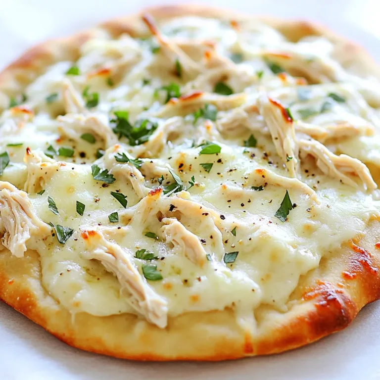 Für das perfekte Chicken Alfredo Fladenbrot brauchen Sie: - 2 große Fladenbrote oder Naan - 1 Tasse gekochte Hähnchenbrust, zerkleinert - 1 Tasse Alfredo-Sauce - 1 Tasse geriebener Mozzarella-Käse - ½ Tasse geriebener Parmesan-Käse Diese Zutaten machen das Gericht einfach und lecker. Das zerkleinerte Hähnchen sorgt für einen herzhaften Geschmack. Die Käse sorgen für die Cremigkeit, die wir lieben. Um das Fladenbrot zu verfeinern, brauchen Sie: - ½ Teelöffel Knoblauchpulver - ½ Teelöffel italienische Gewürzmischung - Salz und Pfeffer nach Geschmack - Frische Petersilie, gehackt (zur Garnitur) Diese Gewürze bringen den Geschmack zur Geltung. Sie machen das Gericht nicht nur schmackhaft, sondern auch aromatisch. Wenn Sie etwas Abwechslung wollen, probieren Sie diese Alternativen: - Fügen Sie Spinat oder Brokkoli hinzu, um die Nährstoffe zu erhöhen. - Verwenden Sie Hähnchenbrust oder Pute. - Tauschen Sie Mozzarella gegen Cheddar oder Gouda. Diese Optionen bieten neue Geschmackserlebnisse. So bleibt das Gericht frisch und spannend. Heizen Sie Ihren Ofen auf 200 °C vor. Dies sorgt für eine gute Hitze, um das Fladenbrot perfekt zu backen. Nehmen Sie ein Backblech und legen Sie es mit Backpapier aus. Damit vermeiden Sie, dass das Fladenbrot kleben bleibt. Legen Sie die Fladenbrote oder das Naan auf das Backblech. Diese Basis wird später die leckere Füllung halten. In einer mittelgroßen Schüssel vermengen Sie die zerkleinerte Hähnchenbrust mit der Alfredo-Sauce. Fügen Sie dazu das Knoblauchpulver und die italienische Gewürzmischung hinzu. Vergessen Sie nicht, mit Salz und Pfeffer zu würzen. Rühren Sie alles gut um, bis das Hähnchen gleichmäßig mit der Sauce überzogen ist. Diese Mischung wird dem Fladenbrot seinen tollen Geschmack geben. Verteilen Sie die Hähnchenmischung gleichmäßig über jedes Fladenbrot. Achten Sie darauf, dass das Brot gut abgedeckt ist. Jetzt kommt der Käse. Streuen Sie den geriebenen Mozzarella und den Parmesan gleichmäßig darüber. Dies sorgt für eine schöne, goldene Kruste. Stellen Sie das Backblech in den Ofen und backen Sie die Fladenbrote für etwa 12-15 Minuten. Der Käse sollte geschmolzen und blubbernd sein. Wenn die Ränder goldbraun sind, nehmen Sie die Fladenbrote heraus. Lassen Sie sie eine Minute abkühlen und schneiden Sie sie dann in Stücke. Garnieren Sie das Ganze mit frisch gehackter Petersilie für einen extra Frischekick. Einer der häufigsten Fehler ist, das Hähnchen zu trocken zu machen. Verwende immer zartes, gekochtes Hähnchen. Ein weiterer Fehler ist, zu viel Sauce zu verwenden. Halte dich an die Menge in der Anleitung. Die Fladenbrote können auch zu lange im Ofen bleiben. Achte darauf, dass sie goldbraun sind, aber nicht verbrannt. Die optimale Backzeit für Chicken Alfredo Flatbread liegt bei 12 bis 15 Minuten. Stelle sicher, dass dein Ofen auf 200 °C vorgeheizt ist. Die Hitze sorgt dafür, dass der Käse schön schmilzt und die Ränder knusprig werden. Überprüfe die Fladenbrote nach 12 Minuten. Wenn der Käse blubbert, sind sie fertig. Du kannst den Geschmack deines Flatbreads steigern, indem du frisches Gemüse hinzufügst. Paprika, Spinat oder Zwiebeln passen gut dazu. Auch frische Kräuter wie Basilikum oder Oregano bringen mehr Frische. Wenn du es schärfer magst, füge gehackte Jalapeños oder rote Pfefferflocken hinzu. Diese einfachen Zutaten machen dein Gericht noch leckerer! {{image_4}} Wenn du das Hähnchen weglassen möchtest, ist das kein Problem! Du kannst das Fladenbrot einfach mit Gemüse belegen. Verwende zum Beispiel Paprika, Zucchini oder Spinat. Diese Gemüsesorten bringen viel Geschmack und Farbe. Du kannst auch Kichererbsen hinzufügen, um etwas Protein zu bekommen. Die Alfredo-Sauce bleibt gleich, und du wirst eine leckere vegetarische Variante haben. Käse ist der Star dieses Gerichts. Du kannst verschiedene Käsesorten verwenden, um neue Geschmäcker zu entdecken. Neben Mozzarella und Parmesan kannst du Gouda oder Cheddar probieren. Diese Käsesorten schmelzen gut und geben deinem Fladenbrot eine interessante Note. Für einen würzigeren Geschmack kannst du auch Blauschimmelkäse hinzufügen. Die Kombination von Käse macht jedes Stück besonders! Die Gewürze und Kräuter machen das Fladenbrot lebendig. Du kannst mit verschiedenen Kräutern experimentieren. Oregano, Basilikum oder Thymian passen gut zu Alfredo. Für einen scharfen Kick füge etwas rote Paprika oder Pfeffer hinzu. Du kannst auch frische Kräuter wie Schnittlauch oder Dill verwenden. Diese geben dem Gericht einen frischen Geschmack. So machst du dein Chicken Alfredo Fladenbrot noch einzigartiger! Wenn du Reste von deinem Chicken Alfredo Fladenbrot hast, bewahre sie in einem luftdichten Behälter auf. Stelle sicher, dass der Behälter gut verschlossen ist. So bleiben die Fladenbrote frisch und schmecken auch am nächsten Tag gut. Du kannst sie bis zu drei Tage im Kühlschrank lagern. Wenn du mehr Fladenbrote zubereitest, kannst du sie einfrieren. Lasse die Fladenbrote zuerst vollständig abkühlen. Wickele sie dann in Frischhaltefolie. Lege sie in einen gefrierfesten Beutel. So bleiben sie bis zu drei Monate frisch. Wenn du bereit bist, sie zu essen, taue sie einfach im Kühlschrank auf. Um die Fladenbrote wieder aufzuwärmen, benutze den Ofen. Heize den Ofen auf 180 °C vor. Lege die Fladenbrote auf ein Backblech und backe sie für etwa 10 Minuten. So wird der Käse wieder schön schmelzig und die Ränder werden knusprig. Du kannst auch die Mikrowelle nutzen, aber die Fladenbrote werden nicht so knusprig. Die Zubereitung des Chicken Alfredo Fladenbrots dauert insgesamt 25 Minuten. Du benötigst 10 Minuten für die Vorbereitung und 12 bis 15 Minuten zum Backen. Das ist schnell und einfach, ideal für ein schnelles Abendessen oder einen Snack. Ja, du kannst die Alfredo-Sauce selbst machen! Eine einfache Sauce besteht aus Butter, Sahne, Parmesan und Knoblauch. Schmelze die Butter, füge die Sahne hinzu und rühre den Parmesan ein, bis die Sauce dick wird. Das gibt deinem Fladenbrot einen frischen Geschmack. Chicken Alfredo Fladenbrot findest du oft in italienischen Restaurants oder Pizzerien. Einige moderne Cafés bieten auch kreative Variationen an. Es ist ein beliebtes Gericht, also schau in der Speisekarte nach oder frage nach. In diesem Artikel haben wir die wichtigsten Zutaten für Chicken Alfredo Fladenbrot besprochen. Wir haben die Schritt-für-Schritt-Anleitung für die Zubereitung durchgenommen. Außerdem gab es Tipps, um häufige Fehler zu vermeiden, und verschiedene Variationen zu entdecken. Zusammenfassend ist Chicken Alfredo Fladenbrot einfach und vielseitig. Du kannst es leicht an deinen Geschmack anpassen. Experimentiere mit den Zutaten und genieße es!